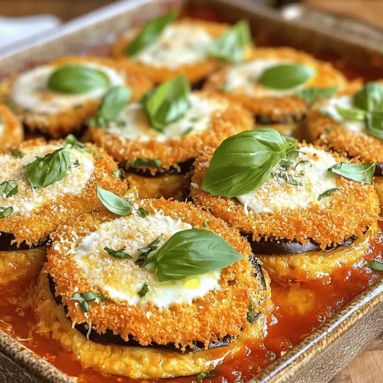 - 2 mittelgroße Auberginen, in 0,5 cm dicke Scheiben geschnitten - 2 Tassen Marinara-Sauce - 2 Tassen geriebener Mozzarella-Käse - 1 Tasse geriebener Parmesan-Käse Auberginen sind die Hauptzutat. Sie geben dem Gericht eine cremige Textur. Ich wähle immer frische, feste Auberginen. Marinara-Sauce bringt Geschmack und Feuchtigkeit. Der Käse sorgt für die leckere, schmelzende Schicht. Du kannst auch andere Käsesorten verwenden, wenn du magst. - 1 Tasse Weizenmehl - 3 große Eier, verquirlt - 2 Tassen Paniermehl (vorzugsweise italienischer Art) Für die Panade benutze ich Mehl, Eier und Paniermehl. Diese drei Zutaten helfen, die Auberginen knusprig zu machen. Du kannst die Eier leicht verquirlen, um eine gleichmäßige Beschichtung zu erreichen. Das Paniermehl sollte trocken und fein sein, damit es gut haftet. - 1 Teelöffel getrockneter Oregano - 1 Teelöffel Knoblauchpulver - Salz und Pfeffer nach Geschmack - Olivenöl zum Frittieren Um den Geschmack zu verbessern, füge ich Oregano und Knoblauchpulver hinzu. Salz und Pfeffer sind wichtig für den Geschmack. Ich empfehle, hochwertiges Olivenöl zum Frittieren zu verwenden. Es bringt einen tollen Geschmack und hilft, die Auberginen perfekt zu bräunen. Um die Auberginen optimal vorzubereiten, müssen wir sie salzen und entwässern. Beginne damit, die Auberginenscheiben auf ein Küchentuch zu legen. Bestreue sie großzügig mit Salz. Lass sie etwa 30 Minuten ruhen. Das Salz zieht die Feuchtigkeit und Bitterkeit heraus. Nach der Wartezeit spüle die Scheiben gründlich ab. Tupfe sie dann vorsichtig trocken. Dies sorgt dafür, dass sie beim Frittieren knusprig werden. Jetzt geht es ans Panieren der Auberginen. Stelle eine Panierstation auf. Du benötigst drei Schalen: eine mit Mehl, eine mit verquirlten Eiern und eine mit Paniermehl. Mische das Paniermehl mit Oregano, Knoblauchpulver, Salz und Pfeffer. Nimm eine Auberginenscheibe und wende sie zuerst im Mehl. Klopfe das überschüssige Mehl ab. Dann tauche sie in die Eier und schließlich in das gewürzte Paniermehl. Achte darauf, dass die Scheibe gut bedeckt ist. Für das Frittieren erhitze Olivenöl in einer großen Pfanne bei mittlerer Hitze. Frittiere die panierten Auberginenscheiben portionsweise. Jede Seite sollte etwa 3-4 Minuten braten, bis sie goldbraun und knusprig ist. Nach dem Frittieren lege die Scheiben auf Küchenpapier, um überschüssiges Öl zu entfernen. Nun kannst du das Gericht zusammensetzen. Nimm eine gefettete Auflaufform und gib eine dünne Schicht Marinara-Sauce auf den Boden. Schichte ein Drittel der frittierten Auberginen darauf. Dann füge die Hälfte der Marinara-Sauce, ein Drittel des Mozzarella-Käses und die Hälfte des Parmesan hinzu. Wiederhole diese Schichten und beende mit Auberginen, Sauce und Käse. Heize den Ofen auf 190 °C vor. Decke die Auflaufform mit Folie ab und backe das Gericht 25 Minuten. Danach entferne die Folie und backe es weitere 15-20 Minuten, bis der Käse sprudelnd und goldbraun ist. Lass den Auberginen-Parmesan etwa 10 Minuten ruhen. Dadurch wird er schnittfester. Serviere das Gericht heiß, garniert mit frischen Basilikumblättern. Das gibt nicht nur Farbe, sondern auch einen frischen Geschmack. Um die perfekte Konsistenz zu erreichen, frittieren Sie die Auberginen goldbraun. Dies gibt ihnen einen tollen Geschmack und eine knusprige Textur. Verwenden Sie genug Öl, damit die Scheiben gleichmäßig garen. Achten Sie auch auf die richtige Menge Sauce. Zu viel Sauce macht das Gericht matschig. Eine dünne Schicht reicht aus, um den Geschmack zu verstärken und die Auberginen nicht zu ertränken. Ein häufiger Fehler ist, zu viel Salz bei der Vorbereitung zu verwenden. Das kann die Auberginen überwürzen. Streuen Sie nur eine kleine Menge Salz, damit die natürliche Süße der Auberginen bleibt. Ein weiterer Fehler ist das Überfüllen der Auflaufform. Schichten Sie die Zutaten in einem gleichmäßigen Muster. Wenn Sie zu viel auf einmal hinzufügen, wird das Gericht nicht gut durchgaren. Für die beste Panierung nutzen Sie frisches Paniermehl. Es haftet besser und sorgt für eine knusprige Kruste. Stellen Sie sicher, dass Sie die Auberginen gleichmäßig beschichten. Achten Sie darauf, dass jedes Stück gut mit Mehl, Ei und Paniermehl bedeckt ist. Dies verhindert, dass die Panade beim Frittieren abfällt. {{image_4}} Für eine vegane Version von Auberginen-Parmesan kann man bestimmte Käsesorten ersetzen. Nutze zum Beispiel Cashew-Käse oder Hefeflocken. Diese Optionen bieten einen schönen, käsigen Geschmack. Eine pflanzliche Panade kann auch leicht hergestellt werden. Verwende Kichererbsenmehl oder glutenfreies Mehl. Diese Mehle liefern eine knusprige Textur und sind gesund. Für glutenfreie Varianten brauchst du glutenfreies Mehl und Paniermehl. Diese Produkte gibt es in jedem Supermarkt. Sie sind eine gute Wahl für Menschen mit Glutenunverträglichkeit. Achte darauf, auch die anderen Zutaten zu prüfen. Einige Saucen können Gluten enthalten, also immer die Etiketten lesen. In verschiedenen Regionen gibt es unterschiedliche Saucen für Auberginen-Parmesan. Einige Menschen verwenden eine einfache Tomatensauce, während andere eine würzige Arrabbiata-Sauce bevorzugen. Zusätzliche Zutaten wie Zucchini oder Pilze können ebenfalls hinzugefügt werden. Diese Zutaten geben dem Gericht einen neuen Geschmack und machen es noch bunter. Für das vollständige Rezept schaue dir das Rezept "Schichtgenuss Auberginen-Parmesan" an. Die maximale Haltbarkeit von Auberginen-Parmesan im Kühlschrank beträgt etwa drei bis vier Tage. Lagern Sie das Gericht in einem luftdichten Behälter. So bleibt der Geschmack frisch. Um den besten Geschmack zu erhalten, wärmen Sie es bei mittlerer Hitze in der Mikrowelle auf. Alternativ können Sie es auch im Ofen bei 180 Grad Celsius erwärmen, bis es heiß ist. Es ist einfach, vorbereitete Portionen von Auberginen-Parmesan einzufrieren. Teilen Sie das Gericht in Portionen und legen Sie diese in gefriergeeignete Behälter. Achten Sie darauf, dass keine Luft im Behälter bleibt. Zum Auftauen nehmen Sie das Gericht einen Tag vorher aus dem Gefrierfach. Erwärmen Sie es dann im Ofen oder in der Mikrowelle, bis es durchgehend heiß ist. Mit übriggebliebenem Auberginen-Parmesan können Sie kreativ werden. Sie können ihn in neue Rezepte einbauen, wie zum Beispiel in ein köstliches Auberginen-Sandwich. Auch in einem Salat macht sich der Auberginen-Parmesan gut. Schneiden Sie ihn klein und mischen Sie ihn mit frischem Gemüse und einem leichten Dressing. So verwerten Sie Reste schmackhaft und nachhaltig. Die Zubereitung von Auberginen-Parmesan dauert etwa 30 Minuten. Die Kochzeit beträgt ungefähr 1 Stunde. Insgesamt sind es also etwa 1,5 Stunden für das gesamte Gericht. Ja, du kannst Auberginen-Parmesan im Voraus zubereiten. Bereite das Gericht bis zur Backphase vor. Decke die Auflaufform ab und stelle sie in den Kühlschrank. So bleibt es frisch. Du kannst es auch bis zu 2 Tage im Voraus machen. Vor dem Backen, nimm es einfach aus dem Kühlschrank und backe es wie gewohnt. Auberginen-Parmesan passt gut zu verschiedenen Beilagen. Hier sind einige beliebte Kombinationen: - Frischer grüner Salat - Knoblauchbrot - Pasta mit Olivenöl und Kräutern Ja, du kannst eine glutenfreie Version machen. Verwende glutenfreies Mehl und glutenfreies Paniermehl. Diese Alternativen halten das Gericht lecker und sicher für alle. Die beste Marinara-Sauce ist eine, die frisch und würzig ist. Du kannst sie selbst machen oder im Laden kaufen. Achte auf eine Sauce ohne Zuckerzusatz. Ich empfehle eine hausgemachte Sauce mit frischen Tomaten, Knoblauch und Basilikum. Für das vollständige Rezept, sieh dir bitte das Rezept für Schichtgenuss Auberginen-Parmesan an. Auberginen-Parmesan ist ein tolles Gericht, das einfach zuzubereiten ist. Die Hauptzutaten wie Auberginen, Tomatensauce und Käse bilden die Basis. Die richtige Panierung macht den Unterschied. Wir haben auch Tipps zur Konsistenz und häufigen Fehlern besprochen. Variationen wie vegane oder glutenfreie Optionen erweitern die Möglichkeiten. Bei der Lagerung bleiben Reste länger frisch. Nutze die FAQs für zusätzliche Fragen und schnelleres Kochen. Probiere das vollständige Rezept aus und genieße dein leckeres Ergebnis!