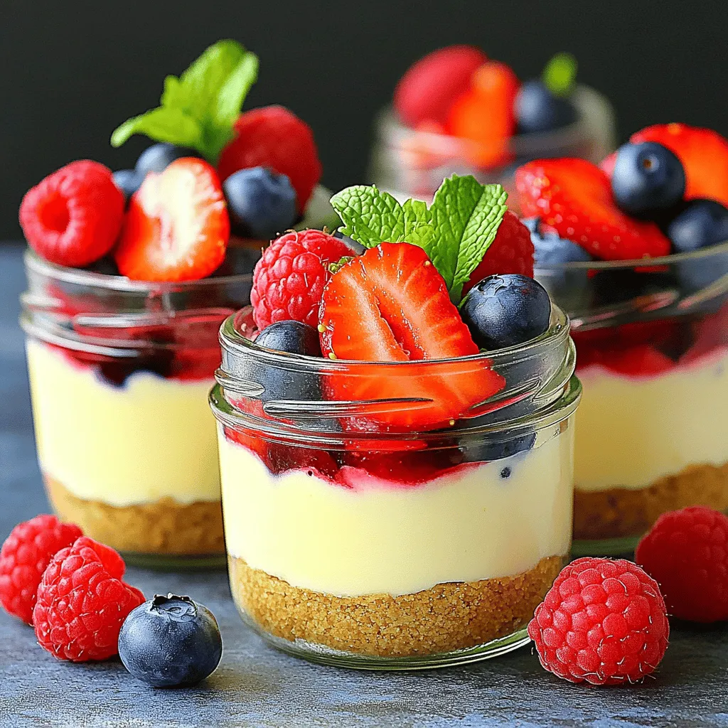 Für die No-Bake Cheesecake Jars brauchst du: - 225 g Frischkäse, weich gemacht - 125 g Puderzucker - 1 Teelöffel Vanilleextrakt - 240 ml Schlagsahne - 100 g Graham-Cracker-Brösel - 60 ml ungesalzene Butter, geschmolzen - 150 g frische Beeren (Erdbeeren, Heidelbeeren oder Himbeeren) zum Garnieren - Minzblätter zur Dekoration (optional) Jede Zutat hat ihre Rolle. Frischkäse gibt die Basis. Der Puderzucker sorgt für Süße. Vanilleextrakt bringt den Geschmack. Schlagsahne macht die Creme leicht und luftig. Die Graham-Cracker-Basis verleiht den Jars Textur. Die Menge an Schlagsahne ist wichtig. Zu viel macht die Creme schwer. Zu wenig macht sie flüssig. Ein gutes Verhältnis ist 240 ml Schlagsahne zu 225 g Frischkäse. So bleibt die Creme stabil und lecker. Hast du spezielle diätetische Anforderungen? Kein Problem! Du kannst die Zutaten anpassen. Verwende veganen Frischkäse für eine pflanzliche Option. Nutze Kokosnusscreme anstelle von Schlagsahne. Für eine zuckerfreie Variante kannst du Erythrit oder Stevia verwenden. Graham-Cracker sind nicht für alle geeignet. Nimm stattdessen Haferkekse oder glutenfreie Kekse. Diese Alternativen machen dein Dessert gesund und lecker! Für die vollständige Rezeptanleitung besuche die [Full Recipe]. Um die Frischkäse-Creme zuzubereiten, beginne mit weichem Frischkäse. Ich empfehle, ihn in eine große Rührschüssel zu geben. Mit einem elektrischen Mixer schlägst du ihn auf mittlerer Stufe. Mische, bis die Masse glatt und cremig ist. Jetzt kommt der Puderzucker dazu. Gib ihn nach und nach hinzu, während du weiter mixt. Füge einen Teelöffel Vanilleextrakt hinzu. Das gibt der Creme einen schönen Geschmack. In einer separaten Schüssel schlägst du die Schlagsahne. Achte darauf, dass sich steife Spitzen bilden. Das dauert ein paar Minuten. Hebe die Schlagsahne vorsichtig unter die Frischkäse-Mischung. So bleibt die Creme luftig und leicht. Für die Graham-Cracker-Basis vermischst du die Brösel mit geschmolzener Butter in einer kleinen Schüssel. Am besten verwendest du 100 Gramm Graham-Cracker-Brösel und 60 Milliliter geschmolzene Butter. Rühre alles gut um, bis die Brösel gleichmäßig benetzt sind. Diese Mischung ist wichtig. Sie gibt dem Dessert einen tollen Crunch. Jetzt wird es spannend! Du beginnst mit einer Schicht Graham-Cracker-Mischung am Boden jedes Glases. Drücke die Mischung leicht an. Füge dann eine großzügige Schicht der Frischkäsefüllung auf die Graham-Brösel hinzu. Wiederhole diesen Schritt, bis die Gläser voll sind. Schließe mit einer letzten Schicht der Frischkäsefüllung ab. Stelle die Gläser für mindestens zwei Stunden in den Kühlschrank. So wird die Masse fest. Vor dem Servieren kannst du die Gläser mit frischen Beeren und einem Minzblatt dekorieren. Das sieht nicht nur schön aus, sondern schmeckt auch frisch und lecker. Für das gesamte Rezept, schau dir die [Full Recipe] an. Um die perfekte Cheesecake-Creme zu machen, achte auf die Temperatur der Zutaten. Der Frischkäse sollte weich sein. So lässt er sich leicht mixen. Mixe ihn zuerst alleine, bis er glatt ist. Füge dann den Puderzucker nach und nach hinzu. Das gibt dir eine gleichmäßige Masse. Schlage die Sahne separat auf, bis sie steife Spitzen bildet. Hebe die Sahne vorsichtig unter die Frischkäse-Mischung. So bleibt die Creme luftig und leicht. Das ist der Schlüssel zu einer tollen Cheesecake-Creme. Frische Beeren sind ideal für die Garnierung. Sie bringen Farbe und Geschmack. Nutze Erdbeeren, Heidelbeeren oder Himbeeren. Wasche die Beeren gut und tupfe sie trocken. Schneide größere Beeren in Stücke, damit sie leicht in die Gläser passen. Lege die Beeren auf die Cheesecake-Creme kurz vor dem Servieren. So bleiben sie frisch und saftig. Dies macht dein Dessert noch ansprechender und leckerer. Die Garnierung macht viel aus. Verwende frische Minzblätter für einen Farbtupfer. Sie geben auch einen frischen Geschmack. Du kannst auch Schokoladensplitter oder Karamellsauce verwenden. Diese Extras fügen einen neuen Geschmack hinzu. Denke daran, die Gläser schön zu schichten. Das macht dein Dessert optisch ansprechend. Ein gut dekoriertes Glas lädt zum Essen ein und zeigt deine Mühe. Sieh dir das [Full Recipe] an, um alles zu meistern! {{image_4}} Die Basis für die Cheesecake-Creme ist einfach. Du kannst sie jedoch anpassen. Probiere unterschiedliche Aromen aus. Ersetze den Vanilleextrakt durch Zitronen- oder Mandelessenz. Für eine schokoladige Note füge Kakaopulver hinzu. Ein bisschen Fruchtpüree macht die Creme fruchtig und frisch. Erdbeeren oder Himbeeren sind hier ideal. Diese Variationen geben jedem Glas einen neuen Twist. Die Toppings machen das Dessert spannend. Du kannst frische Beeren wie Erdbeeren, Himbeeren oder Blaubeeren verwenden. Diese sorgen für Farbe und Geschmack. Schokolade oder Karamellsoße sind auch tolle Optionen. Streue ein paar Nüsse für den Crunch darüber. Wenn du es besonders magst, füge Sahne oder Kekskrümel oben drauf. So wird jedes Glas zu einem Kunstwerk. Die Jahreszeiten bringen neue Geschmäcker. Im Frühling und Sommer sind frische Früchte perfekt. Du kannst in den Herbst Kürbisgewürz oder Äpfel verwenden. Im Winter sind Zimt und Schokolade eine gute Wahl. Jede Saison hat ihre eigenen Leckereien, die du nutzen kannst. So bleibt dein No-Bake Cheesecake immer frisch und attraktiv. Kreiere dein perfektes Gericht mit diesen Ideen und dem [Full Recipe]. Um die Frische deiner No-Bake Cheesecake Jars zu bewahren, stelle sie in den Kühlschrank. Verwende luftdichte Behälter oder decke die Gläser mit Frischhaltefolie ab. So bleibt die Creme cremig und die Kruste knusprig. Stelle sicher, dass sie nicht mit stark riechenden Lebensmitteln in Kontakt kommen. Die Cheesecake-Gläser sind im Kühlschrank ein Genuss für bis zu fünf Tage. Nach dieser Zeit kann die Textur beeinträchtigt werden. Die Aromen bleiben zwar gut, aber die Frische lässt nach. Wenn du sie länger aufbewahren möchtest, ziehe das Einfrieren in Betracht. Wenn du die Cheesecake-Gläser einfrieren möchtest, achte darauf, sie gut zu verpacken. Verwende Gefrierbeutel oder gefrierfeste Behälter. Achte darauf, etwas Platz zu lassen, da die Füllung beim Einfrieren expandiert. Zum Auftauen stelle die Gläser einfach über Nacht in den Kühlschrank. So bleibt die Konsistenz optimal. Du kannst die gefrorenen Gläser auch direkt in den Kühlschrank stellen, um sie langsam auftauen zu lassen. Für die vollständige Zubereitung, schau dir das [Full Recipe] an. Die Zubereitung der No-Bake Cheesecake Jars dauert etwa 25 Minuten. Die Gläser müssen danach für mindestens 2 Stunden in den Kühlschrank. So wird die Füllung fest und lecker. Diese Zeit ist wichtig, um die perfekte Konsistenz zu erreichen. Sie können die Gläser auch über Nacht kühlen, wenn Sie Zeit haben. Ja, Sie können die Zutaten nach Ihrem Geschmack ändern. Zum Beispiel können Sie statt Frischkäse Ricotta verwenden. Auch die Süße können Sie anpassen, indem Sie mehr oder weniger Puderzucker nutzen. Für eine fruchtige Note sind pürierte Früchte eine tolle Option. Sie können auch andere Kekse statt Graham-Crackern verwenden. Seien Sie kreativ! Das Anrichten der Gläser ist einfach und macht Spaß. Beginnen Sie mit einer Schicht Graham-Cracker-Basis. Dann fügen Sie die Frischkäse-Creme hinzu. Nutzen Sie eine Spritztüte für die Füllung, um ein schönes Muster zu erstellen. Dekorieren Sie die Gläser mit frischen Beeren und Minzblättern. Dies bringt Farbe und Frische. Achten Sie darauf, die Gläser sauber zu halten, um einen schönen Look zu erzielen. Die Zubereitung der No-Bake Cheesecake Jars ist einfach und macht Spaß. Wir haben Zutaten, Mengen und Alternativen besprochen. Ich habe eine Schritt-für-Schritt-Anleitung gegeben, um die Creme und die Basis vorzubereiten. Tipps sorgten für eine perfekte Konsistenz. Variationen und Aufbewahrungsinfos bieten dir Flexibilität. Jetzt bist du bereit, deine eigenen Cheesecake-Gläser zu machen. Experimentiere mit verschiedenen Geschmäckern und genieße sie in jeder Jahreszeit!