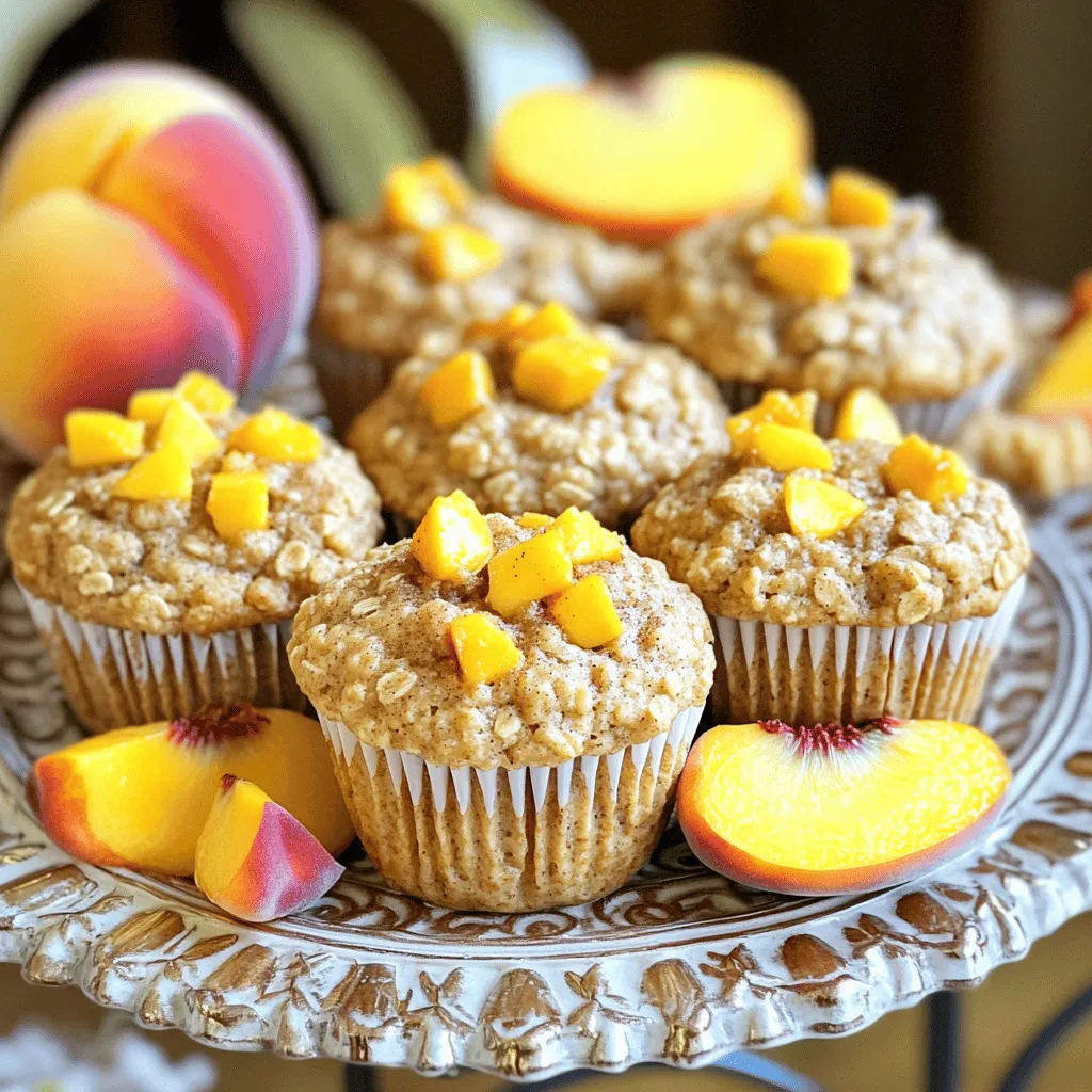 Für die Pfirsich-Haferflocken-Muffins brauchst du: - 1 Tasse Haferflocken - 1 Tasse Weizenmehl - ½ Tasse brauner Zucker, gepackt - 1 Esslöffel Backpulver - ½ Teelöffel Natron - ½ Teelöffel Salz - 1 Teelöffel gemahlener Zimt - 1 Tasse Buttermilch (oder Mandelmilch + 1 Esslöffel Essig) - 1 großes Ei - ½ Tasse Pflanzenöl - 1 Teelöffel Vanilleextrakt - 1 ½ Tassen frische Pfirsiche, gewürfelt (oder abgetropfte Dosenpfirsiche) - ¼ Tasse gehackte Walnüsse oder Pekannüsse (optional) Diese Zutaten machen die Muffins saftig und nahrhaft. Die Kombination von Haferflocken und frischen Pfirsichen gibt ihnen eine tolle Textur. Falls du einige Zutaten nicht hast, gibt es einfache Alternativen. Du kannst zum Beispiel: - Weizenmehl durch Vollkornmehl ersetzen. - Braunen Zucker durch Honig oder Agavendicksaft ersetzen. - Buttermilch durch Joghurt oder Milch mit etwas Zitronensaft ersetzen. Diese Substitutionen verändern den Geschmack, aber sie sind immer noch lecker. Ein Muffin hat etwa: - Kalorien: 180 - Fett: 7 g - Kohlenhydrate: 27 g - Protein: 3 g Diese Muffins sind eine gesunde Wahl für Frühstück oder Snack. Sie enthalten Ballaststoffe und gesunde Fette, die dir Energie geben. Wenn du mehr über die Zubereitung erfahren möchtest, sieh dir das [Full Recipe](#) an. Zuerst heizen Sie den Ofen auf 190°C vor. Legen Sie ein Muffinblech mit Papierförmchen aus oder verwenden Sie Antihaft-Spray. So bleiben die Muffins nicht kleben. Messen Sie alle Zutaten ab. Das sorgt für ein schnelles und einfaches Backen. In einer mittelgroßen Schüssel vermengen Sie die Haferflocken, das Weizenmehl, den braunen Zucker, das Backpulver, das Natron, das Salz und den Zimt. Mischen Sie gut, um Klumpen zu vermeiden. In einer großen Schüssel rühren Sie die Buttermilch, das Ei, das Pflanzenöl und den Vanilleextrakt zusammen. Fügen Sie die trockenen Zutaten nach und nach hinzu. Rühren Sie vorsichtig, bis alles gerade so kombiniert ist. Ein paar Klumpen sind okay. Zuletzt heben Sie die gewürfelten Pfirsiche und Nüsse unter. Achten Sie darauf, dass sie gleichmäßig verteilt sind. Füllen Sie jede Muffinform mit dem Teig. Nutzen Sie dafür einen Löffel oder einen Eisportionierer. Füllen Sie bis zu ¾ voll. Backen Sie die Muffins für 18-20 Minuten. Ein Zahnstocher sollte sauber herauskommen, wenn Sie ihn in die Mitte stechen. Lassen Sie die Muffins nach dem Backen fünf Minuten im Blech abkühlen. Dann nehmen Sie sie heraus und legen sie auf ein Kuchengitter, um vollständig abzukühlen. So bleiben sie fluffig und lecker. Wenn Sie die Muffins schön präsentieren wollen, garnieren Sie sie mit frischen Pfirsichscheiben oder Zimt. Ein häufiger Fehler ist das Übermixen des Teigs. Wenn Sie zu stark rühren, wird der Muffin hart. Rühren Sie einfach, bis alles vermischt ist. Ein paar Klumpen sind in Ordnung. Ein weiterer Fehler ist das falsche Abmessen der Zutaten. Verwenden Sie Messbecher und Löffel. Zu viel Mehl macht die Muffins trocken. Für die besten Muffins sollten Sie frische Pfirsiche verwenden. Sie geben mehr Geschmack und Saftigkeit. Messen Sie die Zutaten genau ab. Vorheizen des Ofens ist wichtig. Muffins brauchen die richtige Hitze, um gut zu backen. Achten Sie darauf, die Muffins nicht zu lange zu backen. Überprüfen Sie sie nach 18 Minuten mit einem Zahnstocher. Sie können die Pfirsiche durch andere Früchte ersetzen, wie Heidelbeeren oder Äpfel. Fügen Sie Gewürze wie Muskatnuss oder Ingwer hinzu, um den Geschmack zu variieren. Nüsse geben einen schönen Crunch. Probieren Sie auch Schokoladenstückchen für eine süße Note. Für eine gesunde Option können Sie Honig anstelle von Zucker verwenden. Finden Sie Ihre Lieblingskombination und genießen Sie die Vielfalt der Aromen! {{image_4}} Um diese Muffins vegan zu machen, ersetzen Sie das Ei durch Apfelmus oder einen Chia-Pudding. Verwenden Sie pflanzliche Milch wie Mandelmilch. So bleibt die Textur toll und der Geschmack bleibt frisch. Diese Muffins sind perfekt für jeden, der eine pflanzliche Ernährung bevorzugt. Für glutenfreie Muffins nutzen Sie glutenfreies Mehl. Achten Sie darauf, eine Mischung zu wählen, die gut bindet. Auch Haferflocken sollten glutenfrei sein. Diese Muffins sind dann auch für Menschen mit Glutenunverträglichkeit geeignet. Fügen Sie Schokoladenstückchen hinzu, um einen süßen Kick zu erhalten. Dunkle Schokolade passt gut und macht die Muffins besonders lecker. Auch Kokosnuss kann eine tolle Ergänzung sein. Raspeln Sie etwas getrocknete Kokosnuss in den Teig. Diese Variationen bringen neuen Schwung in Ihr Muffin-Rezept. Für das vollständige Rezept schauen Sie sich die Full Recipe an. Um die Pfirsich-Haferflocken-Muffins richtig zu lagern, sollten Sie sie zuerst abkühlen lassen. Legen Sie die Muffins dann in einen luftdichten Behälter. So bleiben sie frisch und saftig. Achten Sie darauf, dass der Behälter trocken ist. Feuchtigkeit kann die Muffins schnell weich machen. Wenn Sie die Muffins länger aufbewahren möchten, können Sie sie im Kühlschrank lagern. Dort halten sie sich ein paar Tage. Um die Muffins noch länger frisch zu halten, frieren Sie sie ein. Wickeln Sie jeden Muffin in Frischhaltefolie und legen Sie sie in einen Gefrierbeutel. So bleiben sie bis zu drei Monate gut. Um die frisch gebackenen Muffins noch schmackhafter zu machen, erwärmen Sie sie vor dem Servieren kurz in der Mikrowelle. Ein paar Sekunden reichen aus. Servieren Sie die Muffins warm, damit die Pfirsiche ihren vollen Geschmack entfalten. Genießen Sie die Kombination aus weichem Teig und saftigen Früchten! Die Muffins bleiben frisch für etwa drei bis fünf Tage. Bewahren Sie sie in einem luftdichten Behälter auf. So bleibt die Feuchtigkeit erhalten. Für längere Haltbarkeit können Sie sie einfrieren. Legen Sie die Muffins einfach in einen Gefrierbeutel. So bleiben sie bis zu drei Monate genießbar. Ja, gefrorene Pfirsiche sind eine tolle Option. Lassen Sie die Pfirsiche vor der Verwendung etwas auftauen. Drücken Sie das überschüssige Wasser aus, damit der Teig nicht zu nass wird. Gefrorene Pfirsiche können den Muffins auch eine schöne, saftige Textur geben. Es ist einfach, das Rezept anzupassen. Sie können Äpfel, Birnen oder Beeren verwenden. Schneiden Sie die Früchte in kleine Stücke und fügen Sie sie hinzu. Achten Sie darauf, die Menge so zu halten. Ein gutes Maß sind 1 bis 1,5 Tassen frischer oder gefrorener Früchte. So bleibt die Konsistenz perfekt. Pfirsich-Haferflocken-Muffins sind einfach und lecker. Wir haben die wichtigsten Zutaten, Zubereitungsschritte und hilfreiche Tipps behandelt. Du kannst sogar vegane oder glutenfreie Varianten ausprobieren. Denke daran, die Muffins richtig zu lagern, damit sie frisch bleiben. Mit diesen Ratschlägen gelingen dir die besten Muffins. Überrasche dich selbst mit neuen Geschmäckern und Varianten. Viel Spaß beim Backen und Ausprobieren der Rezepte!