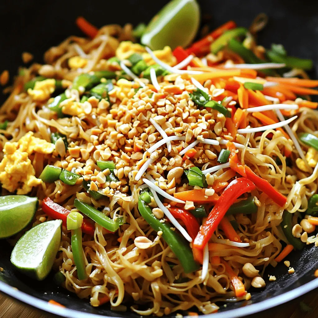 Um ein leckeres Gemüse Pad Thai zuzubereiten, brauchst du folgende Hauptzutaten: - 225 g Reisnudeln - 2 Esslöffel Pflanzenöl - 1 rote Paprika, in Streifen geschnitten - 1 grüne Paprika, in Streifen geschnitten - 1 Karotte, geraspelt - 3 Frühlingszwiebeln, gehackt (weiße und grüne Teile getrennt) - 2 Knoblauchzehen, fein gehackt - 1 Tasse Mungobohnensprossen Diese Zutaten bringen die Basis für deine Mahlzeit. Die Reisnudeln sind weich und saugen die Aromen gut auf. Paprika und Karotte geben Farbe und Crunch. Frühlingszwiebeln und Knoblauch fügen frischen Geschmack hinzu. Mungobohnensprossen sind ein toller Abschluss für die Textur. Wenn du Fleisch isst, kannst du auch Eier hinzufügen. Hier sind die optionalen Zutaten: - 2 große Eier Diese machen das Pad Thai noch reichhaltiger. Du kannst die Eier in die Pfanne schlagen, bevor du die Nudeln hinzufügst. Sie geben dem Gericht eine schöne Cremigkeit. Die richtige Mischung aus Gewürzen und Saucen macht dein Pad Thai besonders lecker. Du brauchst: - 3 Esslöffel Sojasauce - 1 Esslöffel Tamarindenpaste - 1 Esslöffel brauner Zucker - 1 Esslöffel Limettensaft - Salz und Pfeffer nach Geschmack - Gehackte Erdnüsse und Limettenschnitze zur Garnierung Diese Zutaten sorgen für einen süß-sauren Geschmack, der typisch für Pad Thai ist. Tamarindenpaste gibt Tiefe, während Limettensaft Frische bringt. Die Erdnüsse oben drauf verleihen das knusprige Element. Für das vollständige Rezept kannst du auf den Abschnitt "Full Recipe" schauen. Hier findest du alle Schritte, um dein Gemüse Pad Thai zu zaubern. Beginnen Sie mit den Reisnudeln. Kochen Sie sie nach den Anweisungen auf der Verpackung. Achten Sie darauf, sie al dente zu kochen. Das bedeutet, sie sollten noch etwas Biss haben. Nach dem Kochen lassen Sie die Nudeln abtropfen. Legen Sie sie dann beiseite. Diese Nudeln sind die Basis für Ihr Pad Thai. Jetzt kommt der aufregende Teil! Erhitzen Sie das Pflanzenöl in einem großen Wok oder einer Pfanne. Stellen Sie die Hitze auf mittel bis hoch. Geben Sie den fein gehackten Knoblauch hinein und braten Sie ihn etwa 30 Sekunden lang an, bis er duftet. Fügen Sie dann die geschnittenen Paprika und die geraspelte Karotte hinzu. Braten Sie das Gemüse 3-4 Minuten lang an. Es sollte leicht weich werden, aber noch knusprig sein. Wenn Sie Eier verwenden, schieben Sie das Gemüse an die Seite. Schlagen Sie die Eier in die leere Fläche und rühren Sie sie gut durch. Mischen Sie die Eier dann mit dem Gemüse. Jetzt ist es Zeit, alles zusammenzuführen! Geben Sie die gekochten Reisnudeln, die gehackten weißen Teile der Frühlingszwiebeln und die Mungobohnensprossen in die Pfanne. Fügen Sie die Sojasauce, Tamarindenpaste, braunen Zucker und Limettensaft hinzu. Werfen Sie alles gut um, bis es gut vermischt ist. Schmecken Sie das Pad Thai mit Salz und Pfeffer ab. Servieren Sie das Gericht heiß. Garnieren Sie es mit gehackten Erdnüssen und Limettenschnitzen. Genießen Sie Ihre einfache Gemüse Pad Thai! Für die komplette Anleitung schauen Sie sich das [Full Recipe] an. Um den Geschmack von Gemüse Pad Thai zu verbessern, gibt es einfache Tricks. Beginne mit der richtigen Sojasauce. Eine hochwertige Sojasauce gibt mehr Tiefe. Tamarindenpaste bringt eine süß-saure Note. Füge sie in kleinen Mengen hinzu und probiere immer wieder. Du kannst auch einen Spritzer Chiliöl für etwas Schärfe verwenden. Eine Prise Zucker hilft, die Säure auszugleichen und macht das Gericht runder. Experimentiere mit Limettensaft, um die Frische zu betonen. Wenn du Allergien hast, passe die Zutaten an. Vermeide Eier für eine vegane Option. Nutze stattdessen Tofu oder mehr Gemüse. Wenn du Gluten meidest, wähle glutenfreie Sojasauce. Auch Reisnudeln sind oft glutenfrei. Du kannst auch andere Gemüsesorten nutzen, die du magst oder verträgst. Karotten, Zucchini oder Brokkoli sind tolle Alternativen. Frage deine Gäste nach ihren Vorlieben, um das Gericht zu optimieren. Frische Zutaten machen einen großen Unterschied. Sie haben mehr Geschmack und Nährstoffe. Gehe zum Markt und suche nach buntem Gemüse. Rote und grüne Paprika bringen Farbe und Knackigkeit. Frühlingszwiebeln fügen einen milden Zwiebelgeschmack hinzu. Mungobohnensprossen geben Crunch und Frische. Verwende keine gefrorenen Zutaten, wenn du den besten Geschmack erzielen möchtest. Das Gemüse bleibt knackig und schön. Für das vollständige Rezept, schau dir die [Full Recipe] an. {{image_4}} Du kannst Tofu oder Garnelen zu deinem Pad Thai hinzufügen. Tofu ist eine tolle Wahl für Vegetarier. Es nimmt den Geschmack der Sauce gut auf. Schneide den Tofu in Würfel und brate ihn goldbraun an. Garnelen sind eine leckere Option für Meeresfrüchte-Liebhaber. Sie kochen schnell und geben ein tolles Aroma. Füge sie einfach am Anfang des Kochens hinzu. Wenn du Gluten meiden möchtest, gibt es einfache Anpassungen. Verwende glutenfreie Sojasauce statt normaler Sojasauce. Achte darauf, dass deine Reisnudeln glutenfrei sind. Die meisten Reisnudeln sind von Natur aus glutenfrei. Das macht dein Pad Thai für jeden zugänglich und lecker. Du kannst mit verschiedenen Gemüsearten experimentieren. Brokkoli, Zucchini oder Erbsen passen gut zu diesem Gericht. Du kannst auch etwas Spinat oder Bok Choy hinzufügen. Diese Gemüse sind gesund und geben Farbe. So wird dein Pad Thai nicht nur schmackhaft, sondern auch schön anzusehen. Nutze deine Kreativität und finde deine Lieblingskombination. Wenn Sie Pad Thai übrig haben, können Sie es einfach aufbewahren. Lassen Sie das Gericht zuerst auf Raumtemperatur abkühlen. Füllen Sie dann den Rest in einen luftdichten Behälter. So bleibt das Aroma frisch. Sie können das Pad Thai bis zu drei Tage im Kühlschrank aufbewahren. Um das Pad Thai wieder warm zu machen, geben Sie es in eine Pfanne. Fügen Sie einen Spritzer Wasser oder etwas Öl hinzu, um das Ankleben zu verhindern. Erhitzen Sie es bei mittlerer Hitze. Rühren Sie häufig um, bis es gleichmäßig heiß ist. Alternativ können Sie die Mikrowelle nutzen. Stellen Sie die Mikrowelle auf mittlere Leistung und erwärmen Sie es in 30-Sekunden-Intervallen. Rühren Sie zwischendurch um. Pad Thai bleibt im Kühlschrank bis zu drei Tage frisch. Nach dieser Zeit kann der Geschmack nachlassen. Achten Sie darauf, das Pad Thai gut zu verpacken. So vermeiden Sie, dass es Gerüche von anderen Lebensmitteln aufnimmt. Wenn Sie die beste Qualität wollen, essen Sie es innerhalb von zwei Tagen. Für die vollständige Zubereitung des Gerichts schauen Sie sich das Full Recipe an. Um Pad Thai zu machen, koche zuerst die Reisnudeln. Halte sie al dente. Dann erhitze Pflanzenöl in einem Wok. Füge Knoblauch hinzu und brate ihn kurz an. Danach gib das Gemüse wie Paprika und Karotten dazu. Wenn du Eier magst, füge sie jetzt hinzu. Vermische alles gut mit den Nudeln und der Sauce. Garniere mit Erdnüssen und Limette. Du findest das vollständige Rezept im [Full Recipe]. Ja, du kannst die Sauce leicht anpassen. Füge mehr Sojasauce für salzige Noten hinzu. Tamarindenpaste gibt einen süß-sauren Geschmack. Magst du es scharf? Füge etwas Chili oder Sriracha hinzu. Probiere verschiedene Kombinationen aus, um deinen perfekten Geschmack zu finden. Ja, dieses Gemüse Pad Thai ist vegan, wenn du die Eier weglässt. Die anderen Zutaten sind pflanzlich. Du kannst auch Tofu hinzufügen, um mehr Protein zu bekommen. Achte darauf, dass deine Sojasauce und Tamarindenpaste keine tierischen Produkte enthalten. So bleibt dein Gericht vegan und lecker! Beim Zubereiten von Gemüse Pad Thai sind frische Zutaten und Gewürze wichtig. In der Anleitung habe ich die Schritte erklärt, um perfekte Reisnudeln zuzubereiten und das Gemüse anzubraten. Tipps helfen dir, den Geschmack zu perfektionieren und Anpassungen für Allergien vorzunehmen. Außerdem kannst du verschiedene Variationen ausprobieren, um jeder Vorliebe gerecht zu werden. Achte auf die Lagerungshinweise, damit du dein Essen einfach genießen kannst. Mit diesen Erkenntnissen wirst du dein Pad Thai lieben!