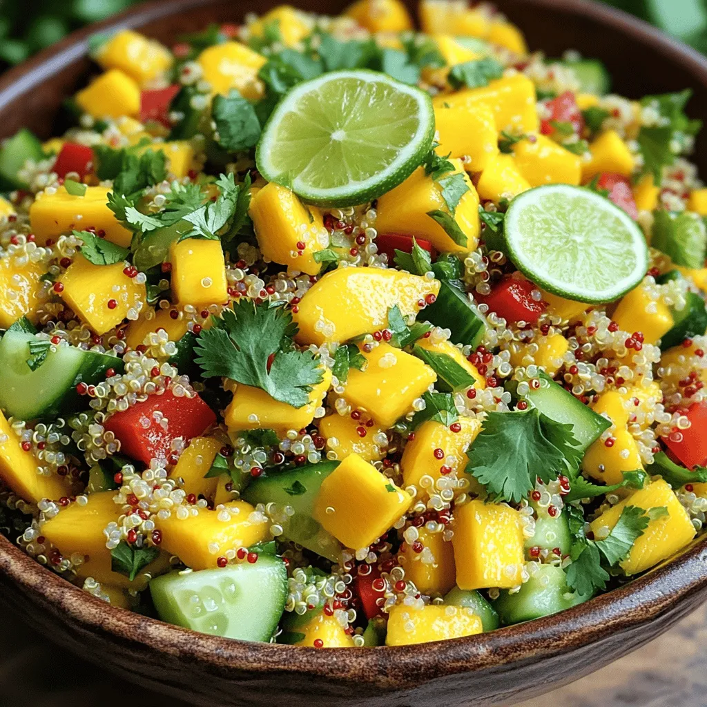 - 1 Tasse Quinoa, gut abgespült - 1 reife Mango, klein gewürfelt - 1 rote Paprika, fein gehackt - 1 kleine Gurke, klein gewürfelt - 1/4 Tasse rote Zwiebel, fein gehackt - 1 Jalapeño, entkernt und fein gehackt - 1/4 Tasse frischer Koriander, grob gehackt Die Basis dieses Salats ist die Quinoa. Sie ist voll von Ballaststoffen und hat einen nussigen Geschmack. Achte darauf, die Quinoa gut abzuspülen. Dadurch entfernst du Bitterstoffe und erhältst einen besseren Geschmack. Die Mango bringt eine süße, fruchtige Note. Die rote Paprika und die Gurke sorgen für frische und Crunch. Die rote Zwiebel fügt einen scharfen Geschmack hinzu. Die Jalapeño gibt der Mischung einen scharfen Kick. Der frische Koriander rundet alles ab. - 3 Esslöffel Limettensaft - 2 Esslöffel Olivenöl - Salz und Pfeffer nach Geschmack - 1/2 Teelöffel Kreuzkümmel Das Dressing ist einfach, aber sehr lecker. Der Limettensaft bringt eine spritzige Frische. Das Olivenöl sorgt für einen sanften Geschmack. Kreuzkümmel fügt eine warme Note hinzu. Salz und Pfeffer kannst du nach deinem Geschmack anpassen. - 4 Portionen Dieser Salat eignet sich perfekt für ein leichtes Mittagessen oder als Beilage. Er ist einfach zuzubereiten und macht satt. Wenn du mehr Gäste hast, kannst du das Rezept einfach verdoppeln. Probiere den Salat aus und genieße die frischen Aromen. Wenn du mehr über die Zubereitung erfahren willst, schau dir das Full Recipe an! - Wasser zum Kochen bringen - Quinoa und Salz hinzufügen - Simmern lassen und abkühlen Um die Quinoa perfekt zuzubereiten, bringe zuerst zwei Tassen Wasser in einem mittleren Topf zum Kochen. Das Wasser sollte sprudelnd sein, bevor du die Quinoa hinzufügst. Diese muss zuvor gut abgespült werden, um Bitterstoffe zu entfernen. Füge eine Prise Salz hinzu, um den Geschmack zu verbessern. Setze den Deckel auf den Topf und reduziere die Hitze. Lass die Quinoa für etwa 15 Minuten köcheln. Sie ist fertig, wenn das Wasser aufgesogen ist und die Körner fluffig aussehen. Nimm den Topf vom Herd und lass die Quinoa abkühlen. - Limettensaft, Olivenöl, Kreuzkümmel, Salz und Pfeffer verrühren Während die Quinoa kocht, ist es Zeit, das Dressing zu machen. In einer kleinen Schüssel vermengst du drei Esslöffel Limettensaft mit zwei Esslöffeln Olivenöl. Füge einen halben Teelöffel Kreuzkümmel hinzu. Dieser gibt dem Dressing einen warmen, erdigen Geschmack. Würze das Ganze mit Salz und Pfeffer nach Geschmack. Rühre die Mischung gut um, bis alles gut vermischt ist. - Quinoa, Obst und Gemüse in einer großen Schüssel vermengen - Dressing hinzugeben und gut unterheben Jetzt kommt der spaßigste Teil! Nimm eine große Schüssel und gib die abgekühlte Quinoa hinein. Füge die gewürfelte Mango, die rote Paprika, die Gurke, die rote Zwiebel und die Jalapeño hinzu. Mische alles gut durch, damit die Farben und Aromen sich vereinen. Gieße das Dressing über die Quinoamischung und hebe alles vorsichtig unter. Achte darauf, dass jede Zutat gut mit dem Dressing bedeckt ist. Lass den Salat dann etwa 10 bis 15 Minuten ruhen, damit die Aromen durchziehen können. Du kannst die Salatmischung frisch und lecker genießen! Für das vollständige Rezept und mehr Details schau dir die [Full Recipe] an. Wie spült man Quinoa richtig? Zuerst geben Sie die Quinoa in ein feines Sieb. Spülen Sie sie unter kaltem Wasser ab. So entfernen Sie Bitterstoffe. Dies macht die Quinoa schmackhafter und gesünder. Wie sorgt man für die perfekte Konsistenz? Wenn Sie lockere Quinoa möchten, verwenden Sie mehr Wasser. Für klebrige Quinoa nutzen Sie weniger Wasser. Experimentieren Sie, um die richtige Textur für Ihren Geschmack zu finden. Wie verbessert man den Geschmack? Gewürze und frische Kräuter bringen mehr Aroma in den Salat. Versuchen Sie, etwas Kreuzkümmel oder Paprika hinzuzufügen. Diese Gewürze passen gut zu Mango und Quinoa. Was sind Alternativen zum Olivenöl? Avocadoöl oder Kokosnussöl sind geschmackvolle Optionen. Diese Öle haben ihre eigenen einzigartigen Aromen und Nährstoffe. Wie serviert man den Salat ansprechend? Nutzen Sie eine große Schüssel, um die Farben zu zeigen. Oder servieren Sie auf individuellen Tellern. Das sieht toll aus und macht jeden glücklich. Welche Garnierungsoptionen gibt es? Frischer Koriander und Limetten sind perfekte Ergänzungen. Sie verleihen dem Salat einen frischen Kick und sehen schön aus. Probieren Sie es aus! {{image_4}} Um deinen Spicy Mango Quinoa Salad noch besser zu machen, füge Avocado oder schwarze Bohnen hinzu. Diese Zutaten bringen mehr Protein ins Spiel und machen den Salat sättigender. Feta-Käse passt auch gut dazu und gibt dem Salat eine cremige Note. Der salzige Feta harmoniert perfekt mit der süßen Mango und den scharfen Jalapeños. Du kannst diesen Salat auch nach der Saison anpassen. Nutze frisches, saisonales Gemüse. Im Sommer sind Tomaten und Zucchini toll, während im Winter Rote Beete und Karotten gut passen. So bleibt der Salat das ganze Jahr über aufregend und lecker. Variationen für Sommer- und Winterversionen bringen neue Geschmäcker in dein Gericht. Für glutenfreie Optionen kannst du sicherstellen, dass alle Zutaten glutenfrei sind. Quinoa ist von Natur aus glutenfrei, also keine Sorge! Wenn du vegetarisch oder vegan lebst, ist dieser Salat eine tolle Wahl. Lass einfach den Feta-Käse weg, und du hast eine köstliche, pflanzliche Mahlzeit. Wenn du die besten Variationen für deinen Spicy Mango Quinoa Salad ausprobieren möchtest, schau dir das [Full Recipe] an. Der Spicy Mango Quinoa Salad bleibt im Kühlschrank bis zu drei Tage frisch. Um die Frische zu bewahren, packe den Salat in einen luftdichten Behälter. So bleibt er knackig und lecker. Achte darauf, den Salat nicht zu lange stehen zu lassen, da die Zutaten an Qualität verlieren können. Vor dem Servieren kannst du ihn mit etwas Limettensaft auffrischen. Kann man Quinoa-Salat einfrieren? Ich empfehle es nicht. Das Einfrieren kann die Textur der frischen Zutaten verändern. Wenn du den Salat dennoch einfrieren möchtest, lass die Mango und das Gemüse weg. Du kannst dann nur die Quinoa und das Dressing einfrieren. Zum Auftauen lege den Behälter in den Kühlschrank. Warte, bis er vollständig aufgetaut ist, bevor du die frischen Zutaten hinzufügst. Was kann man mit übrig gebliebenem Salat anstellen? Hier sind einige kreative Ideen: - Mische den Salat mit Rührei für ein schnelles Frühstück. - Nutze ihn als Füllung für Wraps oder Tacos. - Füge ihn einer Suppe hinzu, um mehr Textur und Geschmack zu geben. Diese Ideen helfen dir, nichts wegzuwerfen und den Salat in neuen Gerichten zu genießen. Um mehr Schärfe hinzuzufügen, verwenden Sie mehr Jalapeños. Sie können auch andere Chilis wie Serrano oder Habanero probieren. Schneiden Sie die Chilis klein und fügen Sie sie direkt in die Quinoa-Mischung. Achten Sie darauf, die Schärfe langsam zu erhöhen. So können Sie den perfekten Grad für Ihren Geschmack finden. Ein Spritzer scharfer Soße kann ebenfalls helfen. Experimentieren Sie mit verschiedenen Chilis, um neue Geschmäcker zu entdecken. Ja, das ist eine gute Idee! Kochen Sie die Quinoa im Voraus und lassen Sie sie abkühlen. Lagern Sie sie in einem luftdichten Behälter. Im Kühlschrank bleibt sie bis zu fünf Tage frisch. So sparen Sie Zeit, wenn Sie den Salat zubereiten. Vor der Verwendung einfach die Quinoa auflockern. So bleibt sie weich und lecker. Dieser Salat ist sehr vielseitig. Er passt gut zu gegrilltem Hähnchen oder Garnelen. Auch Tacos sind eine tolle Beilage. Für eine vegetarische Option können Sie ihn mit schwarzen Bohnen kombinieren. Servieren Sie ihn als Hauptgericht oder Beilage zum Grillen. Der Salat bringt frische Aromen auf den Tisch. Er lässt sich gut mit anderen Gerichten kombinieren. Die Idee für diesen Salat kommt aus der südamerikanischen Küche. Mangos sind dort ein beliebtes Obst. Sie bieten eine süße Note, die gut zu scharfen Zutaten passt. Quinoa ist ein altes Korn aus den Anden. Es bringt viele Nährstoffe mit sich. Das Rezept kombiniert diese Zutaten, um ein gesundes und leckeres Gericht zu schaffen. Es zeigt, wie man einfache Zutaten kreativ nutzen kann. Der Salat ist frisch, bunt und voller Geschmack. Für die vollständige Rezeptanleitung schauen Sie sich das Rezept an. Der Spicy Mango Quinoa Salat vereint frische Zutaten und leckere Aromen. Wir haben Quinoa gekocht, frisches Gemüse und Mangos hinzugefügt. Das Dressing rundet alles ab und bringt den Geschmack zusammen. Denke daran, deine Zutaten gut abzustimmen und kreativ zu sein. Experimentiere mit Variationen und nimm die Tipps zum Aufbewahren in Anspruch. So bleibt dein Salat frisch und lecker. Viel Spaß beim Ausprobieren!
