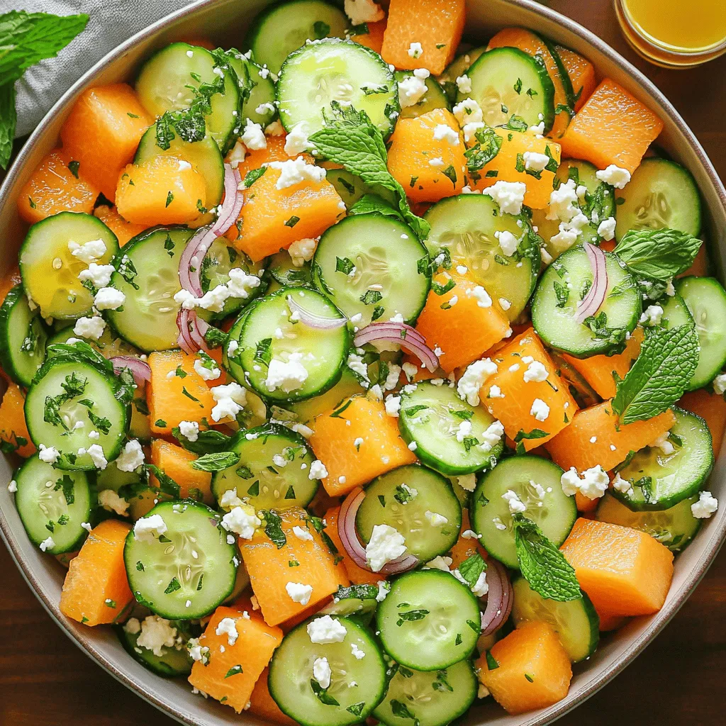 Der Cucumber Melon Salad ist einfach und frisch. Hier sind die Hauptzutaten: - 1 große Gurke, dünn geschnitten - 2 Tassen Cantaloupe, gewürfelt - 2 Tassen Honigmelone, gewürfelt - 1/4 Tasse rote Zwiebel, fein gehackt - 1/4 Tasse frische Minzblätter, gehackt - 2 Esslöffel Zitronensaft - 1 Esslöffel Honig oder Agavendicksaft Diese Zutaten bringen eine tolle Balance zwischen süß und salzig. Die Gurke sorgt für einen knackigen Biss. Cantaloupe und Honigmelone fügen Süße hinzu. Rote Zwiebel gibt einen schönen Kontrast. Minze bringt Frische in den Salat. Zitronensaft und Honig oder Agavendicksaft verbinden die Aromen perfekt. Um den Salat zu verfeinern, können Sie einige optionale Zutaten hinzufügen: - Feta-Käse, zerbröselt (zum Garnieren) - Weitere Kräuter oder Nüsse Feta-Käse bringt einen salzigen Geschmack. Nüsse fügen einen knusprigen Biss hinzu. Sie können auch andere Kräuter wie Basilikum oder Petersilie verwenden. Experimentieren Sie mit den Zutaten, um den Salat nach Ihrem Geschmack zu gestalten. Für die vollständige Zubereitung können Sie das [Full Recipe] nutzen. Zuerst schneiden wir die Gurke. Ich nehme eine große Gurke und schneide sie dünn. Die Melonen kommen als nächstes. Ich würfle zwei Tassen Cantaloupe und zwei Tassen Honigmelone. Dann hacke ich eine Viertel Tasse rote Zwiebel fein. Es ist wichtig, die Zwiebel klein zu schneiden, damit ihr Geschmack nicht zu stark wird. Schließlich bereite ich die frischen Minzblätter vor. Ich hacke etwa ein Viertel Tasse, um den Salat frisch zu machen. Jetzt kommt das Dressing. Ich nehme eine kleine Schüssel und gebe zwei Esslöffel Zitronensaft hinein. Dann füge ich einen Esslöffel Honig oder Agavendicksaft hinzu. Ich vermische die beiden Zutaten gut. Das Dressing sollte süß und sauer schmecken. Es bringt die Aromen der Zutaten zusammen. Jetzt wird es spannend. Ich nehme eine große Rührschüssel. Dort gebe ich die geschnittene Gurke, die gewürfelte Cantaloupe, die gewürfelte Honigmelone und die fein gehackte Zwiebel hinein. Dann gieße ich das Dressing gleichmäßig darüber. Mit einem Löffel wende ich die Zutaten vorsichtig. Ich möchte, dass alles gut vermischt ist. Schließlich füge ich die gehackten Minzblätter hinzu und rühre sie sanft unter. Ich schmecke mit Salz und Pfeffer ab. Wenn ich mag, streue ich Feta-Käse darüber. Der Salat kommt dann für etwa 15 Minuten in den Kühlschrank. So wird er schön kühl und frisch. Für die vollständige Anleitung und weitere Details, schauen Sie sich das [Full Recipe] an. Um die perfekte Konsistenz für deinen Cucumber Melon Salad zu erreichen, ist es wichtig, die Gurken vor der Zubereitung zu entwässern. Schneide die Gurke in dünne Scheiben und lege sie in ein Sieb. Streue etwas Salz darüber und lasse sie etwa 10 Minuten ruhen. Das Salz hilft, überschüssige Feuchtigkeit zu ziehen. So bleibt dein Salat knusprig und frisch. Der richtige Zeitpunkt fürs Kühlen ist ebenfalls entscheidend. Stelle den Salat etwa 15 Minuten vor dem Servieren in den Kühlschrank. So vermischen sich die Aromen besser und der Salat wird erfrischender. Um deinem Salat einen besonderen Kick zu geben, kannst du verschiedene Kräuter verwenden. Frische Minze ist eine tolle Wahl, aber auch Basilikum oder Koriander bringen frische Aromen. Experimentiere mit diesen Kräutern, um deinen eigenen Geschmack zu finden. Du kannst auch andere Dressings ausprobieren. Ein einfaches Balsamico-Dressing oder ein Joghurtdressing können dem Salat eine neue Dimension verleihen. Probiere verschiedene Varianten aus, um deine perfekte Mischung zu finden. Für die vollständige Anleitung und weitere Tipps, siehe [Full Recipe]. {{image_4}} Um den Cucumber Melon Salad noch frischer zu machen, können Sie Beeren hinzufügen. Erdbeeren oder Heidelbeeren bringen Farbe und einen süßen Geschmack. Auch andere Früchte wie Pfirsiche oder Ananas passen gut. Diese Kombination macht den Salat noch lebendiger. Sie können auch mit verschiedenen Salatbasen experimentieren. Statt nur Gurken können Sie Rucola oder Spinat verwenden. Diese grünen Blätter geben eine andere Textur und mehr Nährstoffe. Diese Variationen bringen mehr Abwechslung auf den Tisch. Für eine vegane Version lassen sich einfache Anpassungen vornehmen. Lassen Sie den Feta-Käse weg oder ersetzen Sie ihn durch ein pflanzliches Produkt. So bleibt der Salat leicht und frisch. Wenn Sie mehr Protein wollen, fügen Sie gegrilltes Hähnchen oder Kichererbsen hinzu. Beides macht den Salat sättigender und nährstoffreicher. Diese Extras machen den Salat zu einer vollwertigen Mahlzeit. Für das vollständige Rezept besuchen Sie den Abschnitt [Full Recipe]. Um den Cucumber Melon Salad frisch zu halten, lagere ihn im Kühlschrank. Verwende dafür einen luftdichten Behälter. So bleibt der Salat knackig und lecker. Die Haltbarkeit beträgt etwa zwei Tage, wenn richtig gelagert. Achte darauf, dass die Gurken und Melonen frisch sind, um die beste Qualität zu gewährleisten. Du kannst diesen Salat gut im Voraus zubereiten. Mische die Zutaten und das Dressing, aber füge die Minze erst kurz vor dem Servieren hinzu. So bleibt die Minze frisch und grün. Serviere den Salat in einer großen Schüssel oder auf einzelnen Tellern. Eine schöne Präsentation macht das Essen noch besser. Du kannst den Salat auch mit etwas Feta-Käse garnieren. Das gibt einen tollen Geschmack. Für das beste Ergebnis, genieße den Salat kühl. Beachte die [Full Recipe] für alle Details. Cucumber Melon Salad bleibt frisch für etwa zwei Tage im Kühlschrank. Lagern Sie ihn in einem luftdichten Behälter. So bleibt der Salat knackig und lecker. Es ist am besten, den Salat kurz vor dem Servieren zuzubereiten. So vermeiden Sie, dass die Gurke weich wird. Wenn Sie Reste haben, genießen Sie sie als Snack oder Beilage. Ja, Sie können andere Melonensorten verwenden. Wassermelone oder Galia-Melone eignen sich gut. Jede Melone hat ihren eigenen Geschmack. Experimentieren Sie mit verschiedenen Melonen für neue Aromen. Kombinieren Sie auch verschiedene Sorten in einem Salat. Das bringt Vielfalt und Spaß auf den Teller. Cucumber Melon Salad passt gut zu vielen Gerichten. Servieren Sie ihn als Beilage zu Grillgerichten. Auch gegrilltes Hähnchen oder Fisch harmoniert gut. Für ein leichtes Mittagessen ergänzen Sie ihn mit Quinoa oder Reis. Feta-Käse bringt einen salzigen Akzent, der den Salat aufwertet. Gekühlte Getränke wie Eistee oder Limonade passen perfekt dazu. Für das vollständige Rezept, sehen Sie sich das [Full Recipe] an. Zusammenfassend lässt sich sagen, dass der Cucumber Melon Salad frisch und einfach zuzubereiten ist. Wir haben die Hauptzutaten wie Gurke und Melone besprochen. Außerdem gab es Tipps zur perfekten Konsistenz. Variationen, wie das Hinzufügen von Beeren, bieten neue Geschmackserlebnisse. Achten Sie auf die Lagerung, um die Frische zu erhalten. Dieser Salat ist eine erfrischende Wahl für jede Gelegenheit. Genießen Sie die Vielfalt, die Sie damit erreichen können.