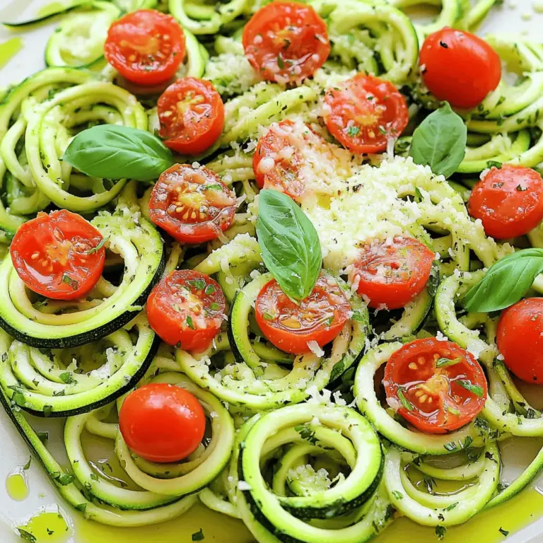 - 4 mittelgroße Zucchini - 4 Knoblauchzehen, fein gehackt - 1/2 Tasse geriebener Parmesan Zucchini ist der Hauptbestandteil in diesem Gericht. Sie sind leicht und gesund. Knoblauch bringt viel Geschmack und macht alles köstlicher. Parmesan ist der Käse, der dem Gericht eine cremige Note verleiht. - 3 Esslöffel Olivenöl - 1 Teelöffel rote Pfefferflocken (optional) - 1/2 Teelöffel Salz - 1/4 Teelöffel schwarzer Pfeffer Olivenöl ist wichtig, um die Zucchini-Nudeln zu braten. Es sorgt für einen reichen Geschmack. Rote Pfefferflocken geben etwas Schärfe. Salz und Pfeffer runden den Geschmack ab. - 1 Tasse Cherrytomaten, halbiert - 1/4 Tasse frische Basilikumblätter, gehackt - Schale von 1 Zitrone - 1 Esslöffel Zitronensaft Cherrytomaten bringen Süße und Frische. Basilikum gibt dem Gericht einen tollen Duft. Zitrone fügt einen spritzigen Geschmack hinzu. Diese frischen Zutaten machen das Gericht lebendig und bunt. Für das vollständige Rezept, schauen Sie sich das [Full Recipe] an. Um die Zucchini in Nudeln zu schneiden, wasche sie zuerst gründlich. Danach benutze einen Spiralschneider oder einen Gemüseschäler. Das gibt dir lange, dünne Zucchini-Nudeln. Lege sie beiseite, während du den Knoblauch vorbereitest. Für den Knoblauch schäle vier Zehen und hacke sie fein. Frischer Knoblauch bringt viel Geschmack in das Gericht. Erhitze drei Esslöffel Olivenöl in einer großen Pfanne bei mittlerer Hitze. Sobald das Öl heiß ist, füge den gehackten Knoblauch hinzu. Brate ihn etwa eine Minute lang an, bis er duftet. Achte darauf, dass er nicht verbrennt, denn das macht ihn bitter. Wenn du magst, füge einen Teelöffel rote Pfefferflocken hinzu. Koche sie 30 Sekunden mit dem Knoblauch. Jetzt kannst du die Zucchini-Nudeln in die Pfanne geben. Schwenke sie vorsichtig im Knoblauchöl für 2-3 Minuten. Sie sollten leicht weich werden. Füge eine Tasse halbierte Cherrytomaten, einen halben Teelöffel Salz und einen viertel Teelöffel schwarzen Pfeffer hinzu. Mische alles gut und lasse es zwei Minuten köcheln. Die Tomaten sollten warm sein. Nehme die Pfanne vom Herd und streue eine halbe Tasse geriebenen Parmesan über die Zucchini-Nudeln. Schwenke alles, bis die Nudeln gut bedeckt sind. Der Käse schmilzt und macht das Gericht cremig. Füge zum Schluss die Zitronenschale, einen Esslöffel Zitronensaft und frische Basilikumblätter hinzu. Schwenke erneut, um die Aromen zu vereinen. Probiere das Gericht und passe die Gewürze nach deinem Geschmack an. Du kannst jetzt die Knoblauch Parmesan Zucchini-Nudeln servieren. Für das vollständige Rezept, sieh dir bitte den [Full Recipe] an. Um die besten Zucchini-Nudeln zu machen, ist es wichtig, Wassertropfen zu vermeiden. Zucchini hat viel Wasser. Wenn Sie sie nach dem Schneiden nicht abtropfen lassen, werden die Nudeln matschig. Legen Sie die Zucchini nach dem Schneiden auf ein Küchentuch und drücken Sie sanft, um überschüssige Feuchtigkeit zu entfernen. Zucchini richtig schneiden ist ebenfalls wichtig. Verwenden Sie einen Spiralschneider oder einen Gemüseschäler. Dies gibt Ihnen lange, dünne Stränge. Achten Sie darauf, gleichmäßige Stücke zu schneiden. So garen sie gleichmäßig und bleiben knackig. Parmesan ist der Hauptkäse in diesem Rezept. Wenn Sie nach Alternativen suchen, probieren Sie Pecorino oder Grana Padano. Diese Käsesorten geben ähnlichen Geschmack. Für eine milde Note verwenden Sie auch Mozzarella. Wenn Sie eine vegane Lösung möchten, gibt es tolle Optionen. Cashewkäse ist eine beliebte Wahl. Sie können auch Hefeflocken verwenden, um einen käsigen Geschmack zu erzeugen. Diese sind nahrhaft und lecker für jeden. Präsentation ist wichtig für dieses Gericht. Servieren Sie die Knoblauch Parmesan Zucchini-Nudeln auf einem großen Teller. Formen Sie sie wie ein Nest. Garnieren Sie das Gericht mit extra Parmesan und frischen Basilikumblättern. Ein leichter Spritzer Olivenöl verleiht das letzte Finish. Beilagenideen sind auch wichtig. Ein frischer grüner Salat passt gut dazu. Auch ein Stück knuspriges Brot ist eine tolle Ergänzung. Diese Beilagen bringen Abwechslung und machen das Essen noch besser. {{image_4}} Um deine Knoblauch Parmesan Zucchini-Nudeln noch nahrhafter zu machen, füge proteinreiche Zutaten hinzu. - Hühnerbrust oder Garnelen: Diese Optionen geben deinem Gericht einen herzhaften Geschmack. Einfach brate sie in der Pfanne, bevor du die Zucchini-Nudeln hinzufügst. Der Geschmack von Knoblauch passt perfekt zu beiden. - Tofu für Vegetarier: Tofu ist eine tolle Wahl für eine vegetarische Option. Schneide den Tofu in Würfel und brate ihn knusprig an. Er nimmt die Aromen gut auf und macht das Gericht sättigender. Gemüse bringt Farbe und zusätzliche Nährstoffe in dein Gericht. - Weitere Gemüsesorten hinzufügen: Denke an Paprika, Spinat oder Brokkoli. Diese können leicht in der Pfanne mit den Zucchini-Nudeln gekocht werden. Sie fügen Geschmack und Textur hinzu. - Zucchini-Nudeln kombinieren: Probiere es mit Karotten- oder Süßkartoffelnudeln. Sie geben deinem Gericht eine süße Note und sind eine schöne Abwechslung. Die richtige Würze macht jedes Gericht besonders. - Italienische Kräuter: Du kannst Oregano, Thymian oder Rosmarin hinzufügen. Diese Kräuter passen gut zu den Aromen von Knoblauch und Parmesan und geben deinem Gericht einen italienischen Touch. - Asiatische Aromen: Für einen anderen Geschmack füge Sojasauce oder Sesamöl hinzu. Diese Zutaten bringen einen neuen, spannenden Twist in die Zucchini-Nudeln. Wenn du mehr Ideen suchst, schau dir das Full Recipe an. Es gibt viele Möglichkeiten, um deine Zucchini-Nudeln zu variieren! - Kühlschranklagerung: Bewahren Sie die Zucchini-Nudeln in einem luftdichten Behälter auf. Sie bleiben frisch für 3 Tage. Achten Sie darauf, dass die Nudeln abgekühlt sind, bevor Sie sie lagern. - Gefrieroptionen: Es ist besser, die Nudeln frisch zu genießen. Wenn Sie dennoch Reste einfrieren möchten, legen Sie sie in einen gefriergeeigneten Behälter. So bleiben sie bis zu 2 Monate haltbar. Die Textur kann sich jedoch nach dem Auftauen ändern. - Tipps zur Verlängerung der Frische: Lagern Sie die Nudeln nicht mit Soßen, um die Feuchtigkeit zu reduzieren. Sie können auch etwas Zitronensaft hinzufügen, um den Geschmack zu bewahren. - Wie lange sind Reste genießbar?: Reste sind nach der Lagerung im Kühlschrank etwa 3 Tage genießbar. Im Gefrierfach können sie bis zu 2 Monate haltbar sein, jedoch empfehle ich, sie innerhalb eines Monats zu verwenden. - Beste Methoden für das Aufwärmen: Erhitzen Sie die Reste in einer Pfanne bei mittlerer Hitze. Fügen Sie einen Spritzer Olivenöl hinzu, um die Nudeln wieder cremig zu machen. Sie können auch einen Deckel verwenden, um die Hitze zu halten. - Tipps zur Vermeidung von zu viel Flüssigkeit: Vermeiden Sie es, die Nudeln zu lange zu erhitzen. So bleibt die Konsistenz angenehm. Rühren Sie regelmäßig um, um gleichmäßige Wärme zu erzielen. Zucchini-Nudeln sind eine gesunde Alternative zu normalen Nudeln. Sie bestehen aus frischen Zucchini, die in lange, dünne Stränge geschnitten werden. Um sie zu machen, benötigst du: - 4 mittelgroße Zucchini - Eine Spiralschneider oder einen Gemüseschäler Ein Spiralschneider macht das Schneiden einfach und schnell. Mit einem Gemüseschäler kannst du auch schöne, flache Nudeln erstellen. Beides funktioniert gut! Ja, du kannst die Zucchini-Nudeln im Voraus machen. Du solltest sie in einem luftdichten Behälter im Kühlschrank aufbewahren. Die Nudeln bleiben frisch für ein bis zwei Tage. Achte darauf, sie nicht zu lange zu lagern, da sie sonst wässrig werden. Ja, dieses Rezept ist glutenfrei. Alle Zutaten sind natürlich und enthalten kein Gluten. Hier sind die wichtigsten Zutaten: - Zucchini - Olivenöl - Knoblauch - Parmesan - Cherrytomaten - Basilikum - Zitronensaft Das Gericht ist perfekt für Menschen mit Glutenunverträglichkeit. Es ist auch eine tolle Wahl für jeden, der gesund essen möchte. Zucchini-Nudeln sind einfach zuzubereiten und lecker. Ich habe die Zutaten, die Schritte und viele Tipps geteilt, um das Gericht perfekt zu machen. Denk daran, frische Zutaten wie Tomaten und Basilikum zu verwenden. Du kannst Variationen mit Proteinen und Gemüse ausprobieren. Lagere übrig gebliebene Nudeln gut, um ihre Frische zu bewahren. Nutze diese Anleitung, um jedes Mal ein tolles Gericht zu zaubern. Probiere es aus und genieße gesunde, schmackhafte Mahlzeiten.