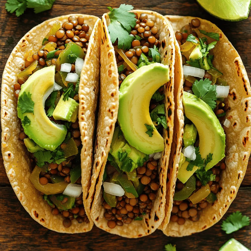 Um köstliche vegane Linsen-Tacos zu machen, brauchst du einige Hauptzutaten. Hier sind die wichtigsten: - 1 Tasse grüne oder braune Linsen, gründlich gewaschen - 2 Tassen Gemüsebrühe - 1 Esslöffel Olivenöl - 1 mittelgroße Zwiebel, gewürfelt - 2 Knoblauchzehen, fein gehackt - 1 Paprika (beliebige Farbe), gewürfelt - 8 kleine Mais- oder Weizentortillas Diese Zutaten bieten eine gute Basis für den Geschmack deiner Tacos. Die Linsen sind nahrhaft und sättigend, während die Zwiebel und Paprika für eine tolle Textur sorgen. Die richtigen Gewürze machen den Unterschied. Für deine veganen Linsen-Tacos benötigst du: - 1 Teelöffel Kreuzkümmel - 1 Teelöffel geräuchertes Paprikapulver - 1/2 Teelöffel Chili-Pulver - Salz und Pfeffer nach Geschmack Kreuzkümmel verleiht den Tacos eine warme Note. Geräuchertes Paprikapulver bringt einen tiefen, rauchigen Geschmack. Chili-Pulver sorgt für eine angenehme Schärfe, die du nach Belieben anpassen kannst. Um deine Tacos noch leckerer zu machen, kannst du sie mit frischen Beilagen und Garnierungen servieren: - Frischer Koriander, gehackt (zum Garnieren) - 1 Avocado, in Scheiben geschnitten (zum Bestreichen) - Limettenviertel (zum Servieren) Die Avocado bringt Cremigkeit, während der Koriander Frische hinzufügt. Ein Spritzer Limette rundet das Gericht perfekt ab. Für die vollständige Anleitung, wie du diese Zutaten verwendest, schaue dir das [Full Recipe] an. Zuerst waschen Sie die Linsen gründlich. Nehmen Sie dann einen mittelgroßen Topf. Geben Sie die Linsen und die Gemüsebrühe hinein. Bringen Sie alles zum Kochen. Senken Sie die Hitze und lassen Sie die Linsen 20 bis 25 Minuten köcheln. Sie sind fertig, wenn sie zart sind und die Flüssigkeit fast aufgesogen ist. Während die Linsen köcheln, können Sie das Gemüse vorbereiten. Schneiden Sie die Zwiebel, den Knoblauch und die Paprika in kleine Stücke. Das macht das Anbraten einfacher. Erhitzen Sie das Olivenöl in einer großen Pfanne bei mittlerer Hitze. Fügen Sie die gewürfelte Zwiebel in die Pfanne. Braten Sie sie für etwa fünf Minuten an, bis sie glasig wird. Dann geben Sie den gehackten Knoblauch und die Paprika dazu. Braten Sie alles für zwei bis drei Minuten weiter, bis das Gemüse weich ist. Diese Schritte bringen viel Geschmack in die Tacos. Sobald die Linsen fertig sind, geben Sie sie in die Pfanne mit dem Gemüse. Fügen Sie Kreuzkümmel, geräuchertes Paprikapulver, Chili-Pulver, Salz und Pfeffer hinzu. Vermengen Sie alles gut und lassen Sie es für fünf Minuten kochen. Dies hilft, die Aromen zu vereinen. In der Zwischenzeit können Sie die Tortillas erwärmen. Nutzen Sie eine Pfanne oder die Mikrowelle, um sie weich zu machen. Jetzt können Sie die Tacos zusammenstellen. Nehmen Sie eine Tortilla und löffeln Sie die Linsenfüllung hinein. Toppen Sie die Tacos mit frischen Avocadoscheiben und gehacktem Koriander. Zum Servieren geben Sie Limettenviertel dazu. Sie können die Limetten über die Tacos pressen. So wird der Geschmack noch besser. Für die vollständigen Anweisungen, schauen Sie sich das [Full Recipe] an. Um Linsen richtig zu kochen, beginne mit der Wahl der richtigen Sorte. Grüne oder braune Linsen sind ideal. Sie kochen gleichmäßig und behalten ihre Form. Wasche die Linsen zuerst gründlich. Das hilft, Schmutz und kleine Steine zu entfernen. Koche die Linsen in Gemüsebrühe. Dies gibt mehr Geschmack. Nutze ein Verhältnis von 1 Tasse Linsen zu 2 Tassen Brühe. Bringe die Mischung zum Kochen. Reduziere dann die Hitze und lasse die Linsen 20 bis 25 Minuten köcheln. Sie sollten zart, aber nicht matschig sein. Die Wahl der Tortillas ist wichtig für den Genuss. Du kannst Mais- oder Weizentortillas verwenden. Erwärme sie vor dem Füllen. Das macht sie weich und geschmeidig. Erhitze die Tortillas in einer Pfanne ohne Öl. Du kannst sie auch in der Mikrowelle leicht erwärmen. Das dauert nur 30 Sekunden bis 1 Minute. So bleiben sie frisch und flexibel. Die Präsentation macht den Unterschied. Serviere die Tacos auf einem großen, bunten Teller. Dekoriere das Gericht mit Limettenvierteln. Das sieht toll aus und bringt Farbe ins Spiel. Füge eine Schale mit gehacktem Koriander hinzu. Die Gäste können sich selbst bedienen. Du kannst auch Scheiben von Avocado bereitstellen. Das gibt einen schönen Kontrast und macht die Tacos noch leckerer. {{image_4}} Du kannst verschiedene Hülsenfrüchte für diese Tacos verwenden. Schwarze Bohnen sind eine großartige Option. Sie sind reich an Proteinen und sehr schmackhaft. Kichererbsen bieten ebenfalls einen tollen Geschmack. Du kannst sie einfach zerdrücken oder ganz verwenden. Auch gemischte Bohnen sind eine gute Wahl. Du musst nur die Kochzeit anpassen. Die Füllung deiner Tacos kann variieren. Du kannst zum Beispiel Mais, Zucchini oder Karotten hinzufügen. Diese Gemüse bringen frische und Farbe. Auch Spinat oder Grünkohl passen gut. Sie sind gesund und geben einen tollen Geschmack. Experimentiere mit deinen Lieblingsgemüsesorten. So machst du die Tacos einzigartig. Tortillas sind nicht die einzige Wahl. Du kannst auch Salatblätter verwenden. Sie sind leicht und knackig. Diese Option ist toll für eine kalorienärmere Variante. Wenn du etwas anderes willst, probiere Reisblätter. Sie sind dünn und flexibel. Du kannst sie leicht füllen und rollen. Für eine glutenfreie Option sind Mais-Tortillas ideal. Sie sind lecker und passen gut zu den Linsenfüllungen. Für das komplette Rezept schau dir die [Full Recipe] an. Wenn du Reste von deinen veganen Linsen-Tacos hast, bewahre sie in einem luftdichten Behälter auf. Halte sie im Kühlschrank. Reste sind bis zu drei Tage frisch. Achte darauf, die Tortillas getrennt von der Füllung zu lagern. So bleiben die Tortillas weich, und die Füllung bleibt lecker. Du kannst die Linsenfüllung auch einfrieren. Lass die Füllung abkühlen, bevor du sie in einem gefrierfesten Behälter aufbewahrst. So bleibt sie bis zu drei Monate haltbar. Wenn du bereit bist, sie zu genießen, taue die Füllung im Kühlschrank auf. Um die Füllung aufzuwärmen, benutze eine Pfanne oder Mikrowelle. In der Pfanne, erhitze die Füllung bei niedriger Hitze. Rühre sie häufig, damit sie gleichmäßig warm wird. In der Mikrowelle, benutze eine abgedeckte Schüssel. Erhitze die Füllung in kurzen Intervallen und rühre dazwischen um. So bleibt die Füllung saftig und schmackhaft. Linsen sind sehr nahrhaft. Sie sind reich an Eiweiß, Ballaststoffen und Vitaminen. Diese kleinen Hülsenfrüchte helfen dir, dich lange satt zu fühlen. Sie senken das Risiko von Herzkrankheiten und fördern die Verdauung. Zudem enthalten sie Eisen, was gut für dein Blut ist. Wenn du Linsen isst, unterstützt du auch dein Immunsystem. Ja, du kannst diese Tacos glutenfrei machen. Verwende einfach glutenfreie Tortillas. Es gibt viele Marken, die leckere glutenfreie Optionen anbieten. Du kannst auch Salatblätter verwenden, um die Füllung zu halten. Auf diese Weise sind die Tacos leicht und frisch. Zu veganen Linsen-Tacos passen viele Saucen gut. Ich empfehle eine scharfe Salsa oder Guacamole. Diese Saucen bringen Geschmack und Frische. Auch eine Joghurtalternative mit Limette ist sehr lecker. Du kannst die Saucen nach deinem Geschmack anpassen. Probiere verschiedene Kombinationen aus, um deinen Favoriten zu finden. Für das vollständige Rezept, schau dir [Full Recipe] an! Zusammenfassend haben wir die Zutaten für vegane Linsen-Tacos besprochen. Ich habe erklärt, wie du die Linsen und das Gemüse zubereitest und die Tacos zusammenstellst. Die Tipps helfen dir, die perfekten Tacos zu kreieren. Denk daran, dass du kreativ mit den Zutaten sein kannst. Egal, ob du sie aufbewahrst oder einfrierst, die Tacos schmecken immer gut. Am Ende hast du viele Möglichkeiten zur Personalisierung. Experimentiere und finde deine Lieblingsversion!