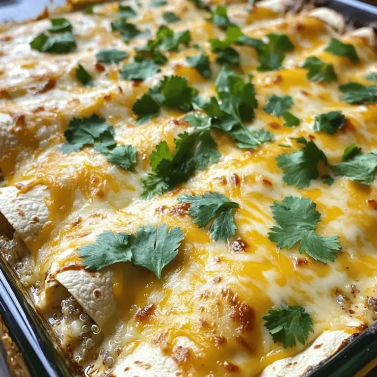 - 2 Tassen gekochtes Hähnchen - 1 Tasse Quinoa - 1 Tasse Mozzarella-Käse - 1 Tasse Cheddar-Käse - 1 Esslöffel Olivenöl - 1 Teelöffel Taco-Gewürz - Salz und Pfeffer nach Geschmack - 1 Dose Champignon-Cremesuppe - 1 Tasse Alfredo-Sauce - 8-10 Maistortillas - Frischer Koriander zur Garnierung Um die besten Hähnchen und Käse Enchiladas Alfredo zu machen, brauchen wir frische Zutaten. Das gekochte Hähnchen gibt dem Gericht seinen herzhaften Geschmack. Ich liebe Quinoa, denn es macht die Enchiladas leicht und nahrhaft. Mozzarella und Cheddar sorgen für die perfekte Käsekruste. Die Gewürze sind wichtig! Das Olivenöl hilft, die Zwiebel und den Knoblauch gut zu braten. Das Taco-Gewürz bringt einen tollen Geschmack. Salz und Pfeffer runden alles ab. Die Champignon-Cremesuppe und die Alfredo-Sauce sind die Geheimzutaten. Sie machen die Füllung cremig und lecker. Die Maistortillas halten alles zusammen und machen das Essen einfach zu genießen. Frischer Koriander sorgt für einen frischen Kick als Garnierung. Für das vollständige Rezept, inklusive der Zubereitung, schauen Sie sich die Full Recipe an. Heize den Ofen auf 175°C vor. Das ist wichtig, damit die Enchiladas gleichmäßig garen. Während der Ofen vorheizt, bereite die Zwiebel und den Knoblauch vor. Würfle die Zwiebel und hacke den Knoblauch fein. Diese Zutaten geben viel Geschmack. In einer großen Schüssel mische das zerrupfte Hähnchen, den gekochten Quinoa und die Käsesorten. Füge die Zwiebel, den Knoblauch und die Gewürze hinzu. Rühre die Champignon-Cremesuppe und die Alfredo-Sauce unter. Mische alles gut, bis es gleichmäßig ist. Schmecke die Füllung mit Salz und Pfeffer ab. Nimm eine Maistortilla und lege etwa 60 ml von der Füllung darauf. Rolle die Tortilla fest auf und lege sie mit der Nahtseite nach unten in eine gefettete Auflaufform. Wiederhole diesen Schritt mit allen Tortillas. Gieße die restliche Alfredo-Sauce über die Enchiladas und bestreue sie mit dem restlichen Käse. Decke die Form mit Aluminiumfolie ab und backe sie 20 Minuten. Entferne die Folie und backe weiter für 10-15 Minuten, bis der Käse goldbraun ist. Lass die Enchiladas dann kurz abkühlen. Mit frischem Koriander garnieren und servieren. Du findest das vollständige Rezept im Abschnitt "Zutaten". Um perfekte Enchiladas zu machen, brauchen Sie die richtigen Tortillas. Weiche Maistortillas sind am besten. Wenn sie zu kalt sind, können sie brechen. Wärmen Sie die Tortillas kurz in der Mikrowelle. Legen Sie ein paar auf einen Teller, decken Sie sie mit einem feuchten Tuch ab und erwärmen Sie sie für 30 Sekunden. Verhindern Sie Risse, indem Sie die Tortillas nicht zu voll füllen. Eine gute Menge sind 60 ml der Hähnchenmischung. Rollen Sie die Tortilla vorsichtig auf. Achten Sie darauf, dass die Füllung nicht herausquillt. Für den besten Geschmack wählen Sie frischen Käse. Mozzarella und Cheddar passen perfekt zusammen. Mozzarella schmilzt schön, während Cheddar für eine tolle Farbe sorgt. Um eine perfekte Käsekruste zu erzielen, verwenden Sie eine Mischung aus beiden Käsesorten. Streuen Sie den Käse großzügig über die Enchiladas. Backen Sie sie dann, bis der Käse goldbraun ist. Wenn Sie Zeit sparen wollen, bereiten Sie die Enchiladas am Vortag vor. Füllen Sie die Tortillas, rollen Sie sie und legen Sie sie in die Auflaufform. Decken Sie die Form ab und stellen Sie sie in den Kühlschrank. Aufwärmen ist einfach. Heizen Sie den Ofen auf 175°C vor. Decken Sie die Enchiladas mit Folie ab und backen Sie sie 20 Minuten lang. Danach entfernen Sie die Folie und backen sie weitere 10 bis 15 Minuten. So bleiben sie saftig und lecker. Für das vollständige Rezept schauen Sie sich das [Full Recipe] an. {{image_4}} Wenn Sie eine vegetarische Variante der Hähnchen und Käse Enchiladas Alfredo zubereiten möchten, können Sie das Hähnchen durch Bohnen oder Gemüse ersetzen. Schwarze Bohnen oder Kidneybohnen sind tolle Optionen. Sie bringen Protein und Ballaststoffe in Ihr Gericht. Für Gemüse eignen sich Paprika, Zucchini oder Spinat gut. Sie können auch eine Mischung aus verschiedenen Gemüsesorten verwenden. Wenn Sie die Sauce anpassen, können Sie die Alfredo-Sauce durch eine cremige Cashew-Sauce ersetzen. Diese ist ebenfalls köstlich und gibt dem Gericht eine reichhaltige Textur. Achten Sie darauf, die Gewürze gut abzustimmen, um den vollen Geschmack zu erhalten. Schärfere Alternativen sind immer spannend! Fügen Sie frische Jalapeños oder einen Hauch von Cayennepfeffer hinzu, um Hitze zu bringen. Diese Gewürze verleihen den Enchiladas eine angenehme Schärfe. Außerdem können Sie verschiedene Kräuter wie Oregano oder Kreuzkümmel verwenden. Diese Kräuter bringen neue Aromen und verleihen dem Gericht eine interessante Note. Experimentieren Sie ruhig mit den Gewürzen! Jeder hat einen anderen Geschmack, und es gibt viele Möglichkeiten, Ihre Enchiladas zu verfeinern. Passende Beilagen machen Ihre Mahlzeit vollständig. Servieren Sie den Auflauf mit einem frischen grünen Salat oder Reis. Das bringt Farbe und Frische auf den Tisch. Eingelegte Jalapeños oder Salsa sind ideale Garnierungen. Sie geben einen zusätzlichen Kick und sind sehr lecker. Denken Sie daran, dass die Präsentation wichtig ist. Ein wenig frischer Koriander auf dem Auflauf sieht nicht nur schön aus, sondern schmeckt auch gut. Für das volle Erlebnis können Sie auch etwas Sauerrahm daneben stellen. Für das vollständige Rezept schauen Sie bitte hier: [Full Recipe]. Um die Reste deiner Hähnchen und Käse Enchiladas im Kühlschrank aufzubewahren, lege sie in einen luftdichten Behälter. So bleiben sie frisch. Die Enchiladas sind bis zu fünf Tage haltbar. Achte darauf, sie gut zu kühlen, um das Wachstum von Bakterien zu vermeiden. Ich empfehle, die Enchiladas vor dem Servieren kurz aufzuwärmen, damit sie wieder schön cremig sind. Wenn du die Enchiladas länger aufbewahren möchtest, kannst du sie einfrieren. Wickele jede Enchilada einzeln in Frischhaltefolie. Lege sie dann in einen gefrierfreundlichen Behälter. So halten sie sich bis zu drei Monate. Um sie aufzutauen, nimm die Enchiladas einfach aus dem Gefrierfach und lege sie über Nacht in den Kühlschrank. Zum Aufwärmen kannst du sie im Ofen bei 175°C für etwa 20 Minuten backen. So bleiben sie lecker und warm. Wenn du frische Zutaten hast, lagere sie richtig, um Abfall zu vermeiden. Halte das Hähnchen in einem luftdichten Behälter im Kühlschrank. Zwiebeln und Knoblauch bewahrst du an einem kühlen, trockenen Ort auf. Quinoa kannst du in einem verschlossenen Behälter lagern. Achte darauf, die Zutaten innerhalb weniger Tage zu verwenden. So bleibt alles frisch und du vermeidest Lebensmittelverschwendung. Um die Enchiladas schärfer zu machen, füge frische Jalapeños hinzu. Du kannst sie klein schneiden und in die Füllung mischen. Eine andere Option ist, scharfe Salsa oder scharfen Käse zu verwenden. Auch etwas Cayennepfeffer kann helfen, die Schärfe zu erhöhen. Beginne mit einer kleinen Menge und taste dich langsam voran. So findest du die perfekte Schärfe für deinen Geschmack. Ja, du kannst eine glutenfreie Version machen! Suche nach glutenfreien Tortillas, die oft aus Mais oder Reis sind. Diese sind leicht zu finden und sehr lecker. Achte darauf, auch glutenfreie Soßen zu verwenden. Viele Alfredo-Saucen sind glutenfrei, aber prüfe die Zutatenliste. So kannst du sicher sein, dass dein Gericht glutenfrei bleibt. Mit den verbliebenen Zutaten kannst du verschiedene Gerichte zaubern. Mach eine Hähnchen-Quesadilla, indem du Tortillas mit der Füllung füllst. Oder bereite einen Hähnchen-Salat mit Quinoa zu. Du kannst auch eine einfache Suppe machen, indem du die restlichen Zutaten zusammen mit Brühe kochst. So nutzt du alles auf und vermeidest Abfall. Die Alfredo-Sauce hält sich im Kühlschrank etwa 3 bis 5 Tage. Bewahre sie in einem luftdichten Behälter auf. Wenn du Reste hast, kannst du sie einfach aufwärmen. Achte darauf, sie sanft zu erhitzen, um eine schöne Konsistenz zu erhalten. Wenn du die Sauce gefrierst hast, halte dich an 2 bis 3 Monate. So bleibt der Geschmack toll! Das Rezept für die Enchiladas ist einfach und lecker. Sie haben die Hauptzutaten, Gewürze und die Schritt-für-Schritt-Anleitung gelernt. Tipps zur perfekten Zubereitung und Variationen machen es flexibel. Vergessen Sie nicht, Frisches richtig zu lagern. Experimentieren Sie mit Schärfe und Beilagen nach Ihrem Geschmack. Diese Enchiladas sind ideal für jede Gelegenheit und lassen sich gut im Voraus zubereiten. Ich hoffe, Sie probieren es aus und genießen es!