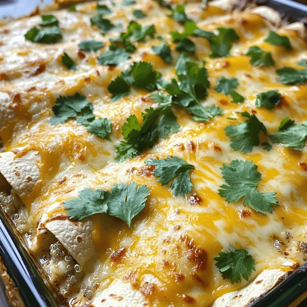- 2 Tassen gekochtes Hähnchen - 1 Tasse Quinoa - 1 Tasse Mozzarella-Käse - 1 Tasse Cheddar-Käse - 1 Esslöffel Olivenöl - 1 Teelöffel Taco-Gewürz - Salz und Pfeffer nach Geschmack - 1 Dose Champignon-Cremesuppe - 1 Tasse Alfredo-Sauce - 8-10 Maistortillas - Frischer Koriander zur Garnierung Um die besten Hähnchen und Käse Enchiladas Alfredo zu machen, brauchen wir frische Zutaten. Das gekochte Hähnchen gibt dem Gericht seinen herzhaften Geschmack. Ich liebe Quinoa, denn es macht die Enchiladas leicht und nahrhaft. Mozzarella und Cheddar sorgen für die perfekte Käsekruste. Die Gewürze sind wichtig! Das Olivenöl hilft, die Zwiebel und den Knoblauch gut zu braten. Das Taco-Gewürz bringt einen tollen Geschmack. Salz und Pfeffer runden alles ab. Die Champignon-Cremesuppe und die Alfredo-Sauce sind die Geheimzutaten. Sie machen die Füllung cremig und lecker. Die Maistortillas halten alles zusammen und machen das Essen einfach zu genießen. Frischer Koriander sorgt für einen frischen Kick als Garnierung. Für das vollständige Rezept, inklusive der Zubereitung, schauen Sie sich die Full Recipe an. Heize den Ofen auf 175°C vor. Das ist wichtig, damit die Enchiladas gleichmäßig garen. Während der Ofen vorheizt, bereite die Zwiebel und den Knoblauch vor. Würfle die Zwiebel und hacke den Knoblauch fein. Diese Zutaten geben viel Geschmack. In einer großen Schüssel mische das zerrupfte Hähnchen, den gekochten Quinoa und die Käsesorten. Füge die Zwiebel, den Knoblauch und die Gewürze hinzu. Rühre die Champignon-Cremesuppe und die Alfredo-Sauce unter. Mische alles gut, bis es gleichmäßig ist. Schmecke die Füllung mit Salz und Pfeffer ab. Nimm eine Maistortilla und lege etwa 60 ml von der Füllung darauf. Rolle die Tortilla fest auf und lege sie mit der Nahtseite nach unten in eine gefettete Auflaufform. Wiederhole diesen Schritt mit allen Tortillas. Gieße die restliche Alfredo-Sauce über die Enchiladas und bestreue sie mit dem restlichen Käse. Decke die Form mit Aluminiumfolie ab und backe sie 20 Minuten. Entferne die Folie und backe weiter für 10-15 Minuten, bis der Käse goldbraun ist. Lass die Enchiladas dann kurz abkühlen. Mit frischem Koriander garnieren und servieren. Du findest das vollständige Rezept im Abschnitt "Zutaten". Um perfekte Enchiladas zu machen, brauchen Sie die richtigen Tortillas. Weiche Maistortillas sind am besten. Wenn sie zu kalt sind, können sie brechen. Wärmen Sie die Tortillas kurz in der Mikrowelle. Legen Sie ein paar auf einen Teller, decken Sie sie mit einem feuchten Tuch ab und erwärmen Sie sie für 30 Sekunden. Verhindern Sie Risse, indem Sie die Tortillas nicht zu voll füllen. Eine gute Menge sind 60 ml der Hähnchenmischung. Rollen Sie die Tortilla vorsichtig auf. Achten Sie darauf, dass die Füllung nicht herausquillt. Für den besten Geschmack wählen Sie frischen Käse. Mozzarella und Cheddar passen perfekt zusammen. Mozzarella schmilzt schön, während Cheddar für eine tolle Farbe sorgt. Um eine perfekte Käsekruste zu erzielen, verwenden Sie eine Mischung aus beiden Käsesorten. Streuen Sie den Käse großzügig über die Enchiladas. Backen Sie sie dann, bis der Käse goldbraun ist. Wenn Sie Zeit sparen wollen, bereiten Sie die Enchiladas am Vortag vor. Füllen Sie die Tortillas, rollen Sie sie und legen Sie sie in die Auflaufform. Decken Sie die Form ab und stellen Sie sie in den Kühlschrank. Aufwärmen ist einfach. Heizen Sie den Ofen auf 175°C vor. Decken Sie die Enchiladas mit Folie ab und backen Sie sie 20 Minuten lang. Danach entfernen Sie die Folie und backen sie weitere 10 bis 15 Minuten. So bleiben sie saftig und lecker. Für das vollständige Rezept schauen Sie sich das [Full Recipe] an. {{image_4}} Wenn Sie eine vegetarische Variante der Hähnchen und Käse Enchiladas Alfredo zubereiten möchten, können Sie das Hähnchen durch Bohnen oder Gemüse ersetzen. Schwarze Bohnen oder Kidneybohnen sind tolle Optionen. Sie bringen Protein und Ballaststoffe in Ihr Gericht. Für Gemüse eignen sich Paprika, Zucchini oder Spinat gut. Sie können auch eine Mischung aus verschiedenen Gemüsesorten verwenden. Wenn Sie die Sauce anpassen, können Sie die Alfredo-Sauce durch eine cremige Cashew-Sauce ersetzen. Diese ist ebenfalls köstlich und gibt dem Gericht eine reichhaltige Textur. Achten Sie darauf, die Gewürze gut abzustimmen, um den vollen Geschmack zu erhalten. Schärfere Alternativen sind immer spannend! Fügen Sie frische Jalapeños oder einen Hauch von Cayennepfeffer hinzu, um Hitze zu bringen. Diese Gewürze verleihen den Enchiladas eine angenehme Schärfe. Außerdem können Sie verschiedene Kräuter wie Oregano oder Kreuzkümmel verwenden. Diese Kräuter bringen neue Aromen und verleihen dem Gericht eine interessante Note. Experimentieren Sie ruhig mit den Gewürzen! Jeder hat einen anderen Geschmack, und es gibt viele Möglichkeiten, Ihre Enchiladas zu verfeinern. Passende Beilagen machen Ihre Mahlzeit vollständig. Servieren Sie den Auflauf mit einem frischen grünen Salat oder Reis. Das bringt Farbe und Frische auf den Tisch. Eingelegte Jalapeños oder Salsa sind ideale Garnierungen. Sie geben einen zusätzlichen Kick und sind sehr lecker. Denken Sie daran, dass die Präsentation wichtig ist. Ein wenig frischer Koriander auf dem Auflauf sieht nicht nur schön aus, sondern schmeckt auch gut. Für das volle Erlebnis können Sie auch etwas Sauerrahm daneben stellen. Für das vollständige Rezept schauen Sie bitte hier: [Full Recipe]. Um die Reste deiner Hähnchen und Käse Enchiladas im Kühlschrank aufzubewahren, lege sie in einen luftdichten Behälter. So bleiben sie frisch. Die Enchiladas sind bis zu fünf Tage haltbar. Achte darauf, sie gut zu kühlen, um das Wachstum von Bakterien zu vermeiden. Ich empfehle, die Enchiladas vor dem Servieren kurz aufzuwärmen, damit sie wieder schön cremig sind. Wenn du die Enchiladas länger aufbewahren möchtest, kannst du sie einfrieren. Wickele jede Enchilada einzeln in Frischhaltefolie. Lege sie dann in einen gefrierfreundlichen Behälter. So halten sie sich bis zu drei Monate. Um sie aufzutauen, nimm die Enchiladas einfach aus dem Gefrierfach und lege sie über Nacht in den Kühlschrank. Zum Aufwärmen kannst du sie im Ofen bei 175°C für etwa 20 Minuten backen. So bleiben sie lecker und warm. Wenn du frische Zutaten hast, lagere sie richtig, um Abfall zu vermeiden. Halte das Hähnchen in einem luftdichten Behälter im Kühlschrank. Zwiebeln und Knoblauch bewahrst du an einem kühlen, trockenen Ort auf. Quinoa kannst du in einem verschlossenen Behälter lagern. Achte darauf, die Zutaten innerhalb weniger Tage zu verwenden. So bleibt alles frisch und du vermeidest Lebensmittelverschwendung. Um die Enchiladas schärfer zu machen, füge frische Jalapeños hinzu. Du kannst sie klein schneiden und in die Füllung mischen. Eine andere Option ist, scharfe Salsa oder scharfen Käse zu verwenden. Auch etwas Cayennepfeffer kann helfen, die Schärfe zu erhöhen. Beginne mit einer kleinen Menge und taste dich langsam voran. So findest du die perfekte Schärfe für deinen Geschmack. Ja, du kannst eine glutenfreie Version machen! Suche nach glutenfreien Tortillas, die oft aus Mais oder Reis sind. Diese sind leicht zu finden und sehr lecker. Achte darauf, auch glutenfreie Soßen zu verwenden. Viele Alfredo-Saucen sind glutenfrei, aber prüfe die Zutatenliste. So kannst du sicher sein, dass dein Gericht glutenfrei bleibt. Mit den verbliebenen Zutaten kannst du verschiedene Gerichte zaubern. Mach eine Hähnchen-Quesadilla, indem du Tortillas mit der Füllung füllst. Oder bereite einen Hähnchen-Salat mit Quinoa zu. Du kannst auch eine einfache Suppe machen, indem du die restlichen Zutaten zusammen mit Brühe kochst. So nutzt du alles auf und vermeidest Abfall. Die Alfredo-Sauce hält sich im Kühlschrank etwa 3 bis 5 Tage. Bewahre sie in einem luftdichten Behälter auf. Wenn du Reste hast, kannst du sie einfach aufwärmen. Achte darauf, sie sanft zu erhitzen, um eine schöne Konsistenz zu erhalten. Wenn du die Sauce gefrierst hast, halte dich an 2 bis 3 Monate. So bleibt der Geschmack toll! Das Rezept für die Enchiladas ist einfach und lecker. Sie haben die Hauptzutaten, Gewürze und die Schritt-für-Schritt-Anleitung gelernt. Tipps zur perfekten Zubereitung und Variationen machen es flexibel. Vergessen Sie nicht, Frisches richtig zu lagern. Experimentieren Sie mit Schärfe und Beilagen nach Ihrem Geschmack. Diese Enchiladas sind ideal für jede Gelegenheit und lassen sich gut im Voraus zubereiten. Ich hoffe, Sie probieren es aus und genießen es!