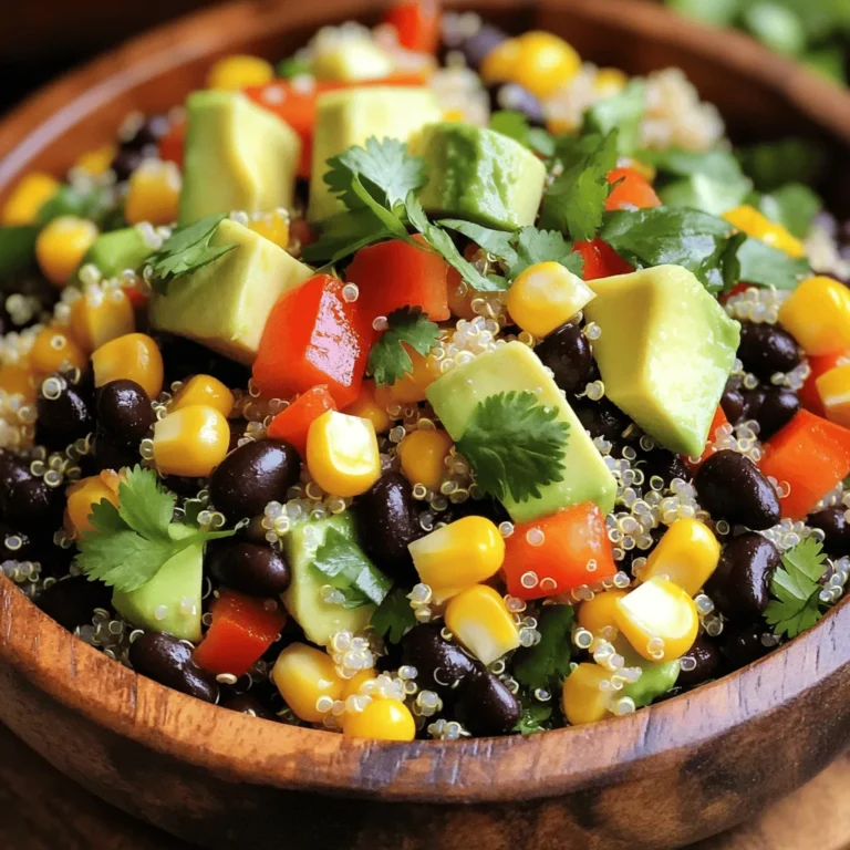 Quinoa und schwarze Bohnen Quinoa ist ein nahrhaftes Getreide. Es ist glutenfrei und hat viele Proteine. Für diesen Salat verwenden wir eine Tasse Quinoa. Die Quinoa wird gut abgespült. Das macht sie schmackhaft und leicht verdaulich. Die schwarzen Bohnen bringen Ballaststoffe und einen tollen Geschmack. Eine Dose schwarze Bohnen reicht für den Salat. Gemüse und Kräuter Wir fügen viele frische Zutaten hinzu. Eine rote Paprika gibt Farbe und Süße. Mais bringt einen süßen Crunch. Eine kleine rote Zwiebel sorgt für einen scharfen Geschmack. Eine Avocado macht den Salat cremig. Frischer Koriander bringt frische Aromen. Gewürze und Öl Das Dressing ist einfach, aber lecker. Wir verwenden Limettensaft für die Säure. Olivenöl macht den Salat reichhaltig. Kreuzkümmel gibt einen warmen, erdigen Geschmack. Salz und Pfeffer sind wichtig für den Geschmack. Wenn du es schärfer magst, füge etwas Cayennepfeffer hinzu. Diese Zutaten machen den Schwarzbohnen-Quinoa Salat nahrhaft und köstlich. Die Kombination von Aromen und Texturen ist einfach perfekt. Du kannst die vollständige Zubereitung unter [Full Recipe] nachlesen. Zuerst müssen wir die Quinoa kochen. Nimm einen mittelgroßen Topf und gib die abgespülte Quinoa hinein. Füge zwei Tassen Gemüsebrühe oder Wasser hinzu. Stelle den Herd auf mittlere Hitze und bringe die Mischung zum Kochen. Sobald es kocht, reduziere die Hitze und decke den Topf ab. Lass die Quinoa etwa 15 Minuten köcheln, bis sie fluffig und die Flüssigkeit aufgesogen ist. Danach lockere sie mit einer Gabel auf und lass sie abkühlen. In der Zwischenzeit kannst du das Gemüse und die Bohnen vorbereiten. Nimm eine große Schüssel und füge die schwarzen Bohnen, gewürfelte Paprika, Mais, fein gehackte rote Zwiebel, gewürfelte Avocado und den frischen Koriander hinzu. Vermenge die Zutaten gut miteinander. Diese Mischung gibt dem Salat Farbe und Geschmack. Jetzt kommt das Dressing. In einer separaten kleinen Schüssel mische den Limettensaft, das Olivenöl, den Kreuzkümmel, Salz und schwarzen Pfeffer. Wenn du es schärfer magst, füge etwas Cayennepfeffer hinzu. Verquirle alles gut, bis es gut vermischt ist. Wenn die Quinoa abgekühlt ist, füge sie zur Schüssel mit der Bohnen- und Gemüse-Mischung hinzu. Träufle das Dressing gleichmäßig über den Salat und vermenge alles vorsichtig. Schmecke den Salat ab und füge nach Belieben mehr Salz, Pfeffer oder Limettensaft hinzu. Lass ihn mindestens 15 Minuten ruhen, damit sich die Aromen gut verbinden. Für die vollständige Zubereitung sieh dir das Full Recipe an. - Abschmecken und nachwürzen: Der Schlüssel zu einem großartigen Salat liegt im Geschmack. Probieren Sie den Salat vor dem Servieren. Fühlen Sie sich frei, mehr Salz oder Pfeffer hinzuzufügen. Ein Spritzer Limettensaft kann die Aromen zum Leben erwecken. - Aromen gut zur Geltung bringen: Lassen Sie den Salat mindestens 15 Minuten ruhen. Dies hilft den Aromen, sich zu verbinden. Gerichte schmecken oft besser, wenn sie etwas Zeit haben. Nutzen Sie frische Kräuter wie Koriander, um den Geschmack zu verstärken. - Optimale Präsentation: Servieren Sie den Salat in einer großen Schüssel. Ein ansprechendes Platt macht das Gericht einladend. Garnieren Sie mit zusätzlichen Limettenscheiben und frischem Koriander. Dies sieht nicht nur gut aus, sondern gibt auch extra Geschmack. - Vorbereitungen für Gäste: Bereiten Sie den Salat im Voraus vor. Sie können ihn bis zu einem Tag vorher machen. Lagern Sie ihn im Kühlschrank, damit er frisch bleibt. Ein wenig Zeit in der Küche spart Ihnen Stress, wenn die Gäste kommen. {{image_4}} Sie können diesem Salat ganz einfach neue Geschmäcker hinzufügen. Feta-Käse gibt eine cremige Note. Oliven bringen einen salzigen Biss. Für eine vegane Variante lassen Sie den Feta einfach weg. Stattdessen können Sie Nüsse oder Samen verwenden. Diese geben Textur und gesunde Fette. Glutenfreie Optionen sind leicht möglich. Quinoa ist von Natur aus glutenfrei. So können Sie den Salat genießen, ohne sich Sorgen zu machen. Die Zutaten können sich mit den Jahreszeiten ändern. Im Frühling und Sommer sind frische Tomaten und Gurken toll. Diese geben dem Salat mehr Saftigkeit und Frische. Auch Zucchini oder Radieschen passen super in den Salat. Im Herbst können Sie Kürbis oder Süßkartoffeln verwenden. Diese machen den Salat herzhaft und warm. Rote Bete ist eine weitere großartige Option für eine tiefere Farbe und süßeren Geschmack. Für die besten Ergebnisse probieren Sie verschiedene Kombinationen aus. So bleibt der Salat spannend und lecker. Der schwarze Bohnen Quinoa Salat bleibt frisch, wenn Sie ihn gut lagern. Im Kühlschrank hält er sich bis zu drei Tage. Verwenden Sie einen luftdichten Behälter, um die Frische zu bewahren. Achten Sie darauf, den Salat nicht zu lange stehen zu lassen. So bleibt der Geschmack und die Textur optimal. Haben Sie Reste übrig? Nutzen Sie sie kreativ! Sie können neue Gerichte kreieren, indem Sie den Salat in Wraps oder Tacos füllen. Auch als Füllung für Omeletts ist er lecker. Wenn Sie den Salat wiederverwenden, denken Sie daran, ihn frisch aufzuwerten. Fügen Sie etwas frisches Gemüse oder eine neue Vinaigrette hinzu. So bleibt das Gericht spannend und schmackhaft. Der Salat bleibt im Kühlschrank etwa drei bis vier Tage frisch. Sie sollten ihn in einem luftdichten Behälter aufbewahren. So bleibt der Geschmack erhalten und er trocknet nicht aus. Wenn der Salat lange steht, kann die Avocado etwas braun werden. Das ist normal, aber der Geschmack ändert sich nicht. Ja, Sie können Quinoa im Voraus kochen. Kochen Sie die Quinoa einfach nach den Anweisungen. Lassen Sie sie dann abkühlen und bewahren Sie sie in einem luftdichten Behälter im Kühlschrank auf. So bleibt sie bis zu fünf Tage frisch. Wenn Sie bereit sind, den Salat zu machen, fügen Sie die gekochte Quinoa einfach zu den anderen Zutaten hinzu. Ja, dieser Salat ist sehr gesund! Schwarze Bohnen sind reich an Protein und Ballaststoffen. Quinoa ist ein tolles Getreide mit vielen Nährstoffen. Die frischen Gemüse und die Avocado bringen Vitamine und gesunde Fette. Dieser Salat hat wenig Zucker und viele gesunde Zutaten. Er ist perfekt für eine ausgewogene Ernährung. Um den Salat schärfer zu machen, können Sie etwas Cayennepfeffer hinzufügen. Ein halber Teelöffel reicht oft aus. Wenn Sie es noch schärfer mögen, fügen Sie frische Chilischoten hinzu. Schneiden Sie diese klein und mischen Sie sie unter den Salat. Seien Sie vorsichtig, denn die Schärfe kann schnell zunehmen! Der Begriff "Full Recipe" bezieht sich auf die detaillierte Zubereitungsanleitung für den Schwarzbohnen-Quinoa Fiesta-Salat. In dieser Anleitung finden Sie alle Schritte, um diesen köstlichen Salat zuzubereiten. Sie erfahren, wie man die Quinoa kocht, die Zutaten kombiniert und das Dressing zubereitet. So wird der Salat perfekt und lecker. Dieser Artikel führte Sie durch die Zubereitung eines leckeren Schwarzbohnen-Quinoa Fiesta-Salats. Wir besprachen die Hauptzutaten wie Quinoa, Gemüse und Gewürze. Die Schritt-für-Schritt-Anleitung zeigte Ihnen, wie man den Salat vorbereitet und serviert. Denken Sie daran, Ihren Salat nach Geschmack zu würzen und kreative Variationen auszuprobieren. Die richtige Lagerung hält den Salat frisch, und Reste können in neuen Gerichten wiederverwendet werden. Genießen Sie Ihren Salat und lassen Sie Ihrer Kreativität freien Lauf!