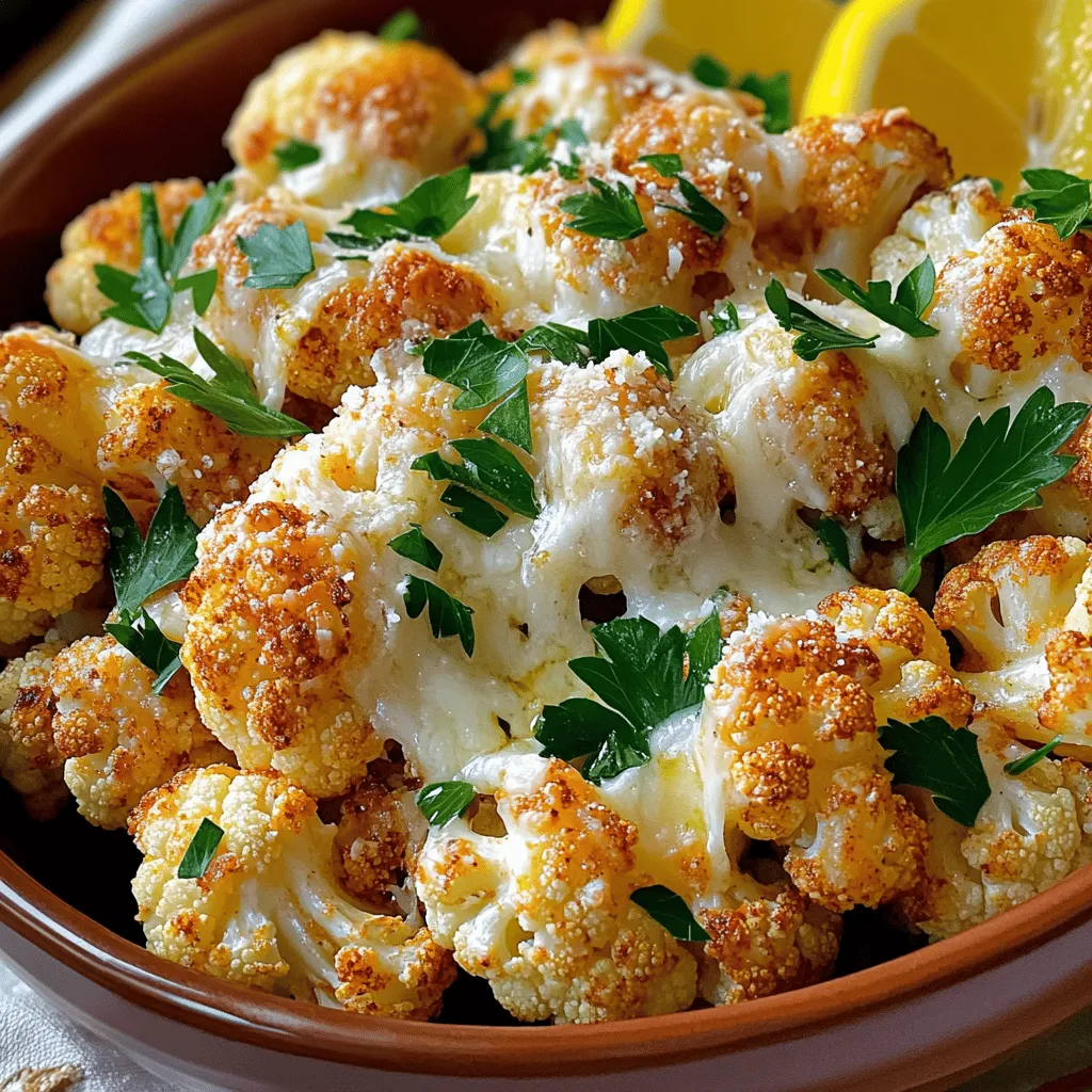 - 1 großer Kopf Blumenkohl - 4 Esslöffel Olivenöl - 4 Knoblauchzehen, fein gehackt Die Basis für unser Gericht ist der Blumenkohl. Er hat einen milden Geschmack und wird beim Rösten zart und leicht süß. Ich liebe, wie Olivenöl den Blumenkohl umhüllt und ihm Geschmack gibt. Der frisch gehackte Knoblauch bringt eine tolle Tiefe in die Aromen. - 1 Teelöffel geräuchertes Paprikapulver - 1 Teelöffel Zwiebelpulver - 1 Teelöffel Salz - ½ Teelöffel schwarzer Pfeffer - ½ Tasse geriebener Parmesan Die Gewürze sind wichtig. Geräuchertes Paprikapulver gibt dem Blumenkohl eine angenehme Räuchernote. Zwiebelpulver verstärkt den Geschmack, während Salz und Pfeffer für die richtige Würze sorgen. Parmesan ist der Star. Er schmilzt und macht alles noch besser. - 2 Esslöffel frische Petersilie, gehackt - Zitronenschnitze zum Servieren Die frische Petersilie bringt Farbe und Frische. Zitronenschnitze geben einen zusätzlichen Kick. Wenn du alles zusammen servierst, sieht es toll aus und schmeckt noch besser. Für die vollständige Anleitung schaue dir das Rezept an. Heize deinen Ofen auf 220°C (425°F) vor. Lege ein Backblech mit Backpapier aus. So bleibt der Blumenkohl nicht kleben und wird schön knusprig. In einer großen Rührschüssel vermenge 4 Esslöffel Olivenöl, 4 fein gehackte Knoblauchzehen, 1 Teelöffel geräuchertes Paprikapulver, 1 Teelöffel Zwiebelpulver, 1 Teelöffel Salz und ½ Teelöffel schwarzer Pfeffer. Füge die Blumenkohlröschen hinzu. Mische alles gut, damit die Röschen gleichmäßig mit der Öl- und Gewürzmischung bedeckt sind. Verteile den Blumenkohl gleichmäßig auf dem Backblech. Röste ihn für 25 Minuten und rühre einmal um. Nach 25 Minuten streue ½ Tasse geriebenen Parmesan gleichmäßig darüber. Röste den Blumenkohl für weitere 5 Minuten. Der Käse sollte geschmolzen und leicht knusprig sein. Jetzt ist dein Gericht bereit für den Genuss! Du kannst die vollständige Rezeptanleitung in der [Full Recipe] finden. Um die besten Röstaromen zu erhalten, schneiden Sie die Röschen gleichmäßig. So garen sie gleichmäßig, und jeder Bissen ist perfekt. Lassen Sie genug Platz auf dem Backblech. Wenn die Röschen zu nah beieinander liegen, dampfen sie statt zu rösten. Ein bisschen Platz hilft, die Knusprigkeit zu fördern. Sie können andere Käsesorten verwenden, wenn Sie möchten. Cheddar oder Feta geben dem Gericht einen neuen Geschmack. Spielen Sie mit den Gewürzen. Zimt oder Kreuzkümmel können dem Blumenkohl eine interessante Note verleihen. Seien Sie kreativ und finden Sie Ihre Lieblingskombination. Der geröstete Blumenkohl passt gut zu vielen Gerichten. Er harmoniert besonders gut mit Hähnchen, Fisch oder Pasta. Servieren Sie ihn in einer warmen Schüssel. Bestreuen Sie ihn mit zusätzlicher Petersilie für mehr Farbe. Zitronenschnitze an der Seite bringen Frische und Geschmack. Diese einfache Präsentation macht das Gericht noch ansprechender. {{image_4}} Sie können Blumenkohl mit anderen Gemüsearten kombinieren. Brokkoli passt sehr gut. Diese Mischung bringt Farbe und Geschmack. Karotten sind auch eine tolle Wahl. Die Süße der Karotten ergänzt den Blumenkohl. Schneiden Sie das Gemüse in ähnliche Größen. So garen sie gleichmäßig und schnell. Variieren Sie die Gewürze nach Ihrem Geschmack. Fügen Sie frische Kräuter wie Thymian oder Rosmarin hinzu. Diese Kräuter geben einen tollen Duft. Nussige Aromen wie geröstete Mandeln oder Walnüsse machen das Gericht spannend. Sie können auch Chili-Flocken für etwas Schärfe verwenden. Experimentieren Sie und finden Sie Ihre Lieblingskombination. Für eine vegane Version ersetzen Sie den Parmesan. Nussige Käsesorten aus Cashew oder Mandel sind ideal. Diese Optionen geben einen ähnlichen Geschmack. Verwenden Sie Olivenöl oder Kokosöl für das Rösten. Beide Öle bringen eine feine Note. So bleibt das Gericht lecker und vegan. Für das komplette Rezept schauen Sie sich die [Full Recipe] an. Der geröstete Blumenkohl hält sich im Kühlschrank für drei bis fünf Tage. Lagern Sie ihn in einem luftdichten Behälter. So bleibt er frisch und lecker. Achten Sie darauf, dass der Blumenkohl ganz abgekühlt ist, bevor Sie ihn einpacken. So vermeiden Sie, dass er matschig wird. Um Blumenkohl einzufrieren, lassen Sie ihn zuerst ganz abkühlen. Legen Sie die Röschen auf ein Backblech und frieren Sie sie für einige Stunden ein. Nach dem Anfrieren können Sie die Röschen in einen luftdichten Beutel umfüllen. So bleiben sie bis zu drei Monate haltbar. Zum Auftauen legen Sie den Blumenkohl einfach in den Kühlschrank über Nacht. Die besten Methoden zum Wiederaufwärmen sind im Ofen oder in der Pfanne. Im Ofen können Sie die Röschen bei 180°C (350°F) für etwa 10 bis 15 Minuten erwärmen. In der Pfanne können Sie sie bei mittlerer Hitze leicht anbraten. So wird der Blumenkohl wieder knusprig. Vermeiden Sie die Mikrowelle, da der Blumenkohl dadurch weich wird. Für die besten Ergebnisse, fügen Sie beim Aufwärmen etwas Olivenöl hinzu. Der Blumenkohl muss insgesamt 30 Minuten im Ofen bleiben. Zuerst rösten Sie ihn 25 Minuten lang. Danach fügen Sie den Parmesan hinzu und rösten ihn weitere 5 Minuten. Achten Sie darauf, den Blumenkohl einmal während des Röstens umzurühren. So wird er gleichmäßig gar und schön braun. Ja, frischer Blumenkohl ist eine großartige Wahl. Frischer Blumenkohl hat einen knackigen Biss und einen klaren Geschmack. Gefrorener Blumenkohl kann auch verwendet werden, ist aber oft weicher. Gefrorener Blumenkohl ist außerdem praktischer, da er länger haltbar ist. Er wird jedoch oft vorgegart, was den Geschmack beeinträchtigen kann. Ja, es gibt viele Alternativen. Sie können Pecorino oder Grana Padano verwenden. Für eine vegane Option sind Hefeflocken eine gute Wahl. Diese geben einen käsigen Geschmack. Auch Cashew-Käse ist eine beliebte Option. Es kommt darauf an, was Sie mögen und welche Zutaten Sie zur Hand haben. Um den Blumenkohl extra knusprig zu machen, gibt es einige Tipps. Schneiden Sie die Röschen gleichmäßig, sodass sie gleichmäßig garen. Lassen Sie genügend Platz auf dem Backblech, damit die Röschen nicht dampfen. Hohe Hitze hilft auch, die Knusprigkeit zu erhöhen. Ein Spritzer Zitronensaft vor dem Servieren kann den Geschmack auffrischen. Röstblumenkohl ist einfach und lecker. Du brauchst nur einige frische Zutaten und Gewürze. Wir haben die Schritte und Tipps für die perfekte Zubereitung behandelt. Denke daran, dass du mit Gewürzen und Käse spielen kannst. Du kannst auch andere Gemüsearten hinzufügen oder vegane Alternativen ausprobieren. Lagere deinen Blumenkohl gut und genieße ihn später. So kannst du ihn frisch und schmackhaft halten. Probiere die verschiedenen Möglichkeiten aus und finde deine Lieblingsversion!