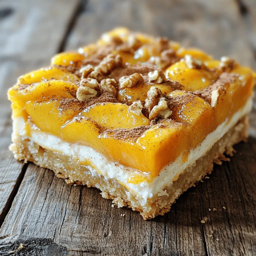 Für die Pfirsich-Frischkäse-Riegel brauchst du einfache, frische Zutaten. Hier sind die Hauptzutaten: - 2 Tassen frische Pfirsiche, geschält und gewürfelt - 1 Tasse Frischkäse, weich - ½ Tasse Kristallzucker - 1 Teelöffel Vanilleextrakt - 1 Tasse Weizenmehl - ½ Tasse ungesalzene Butter, geschmolzen - 1 Ei - ½ Teelöffel Backpulver - ¼ Teelöffel Salz - ½ Teelöffel Zimt - ½ Tasse gehackte Walnüsse oder Pekannüsse (optional) Diese Zutaten machen die Riegel cremig und süß. Die Pfirsiche bringen Frische und Fruchtgeschmack. Zusätzlich zu den Hauptzutaten kannst du auch einige andere Zutaten verwenden. Hier sind einige Optionen: - Puderzucker für die Dekoration - Vanilleeis als Beilage - Eine Prise Muskatnuss für mehr Geschmack Das Zubehör wie eine Backform und ein Handmixer sind wichtig. Sie helfen dir, alles gut zu vermischen und gleichmäßig zu backen. Die Wahl der Pfirsiche ist wichtig für den Geschmack. Hier sind einige Tipps: - Wähle reife, duftende Pfirsiche. Sie sollten leicht auf Druck nachgeben. - Achte auf die Farbe. Gute Pfirsiche sind gelb-orange und haben keine grünen Stellen. - Kaufen die Pfirsiche in der Saison. Sie sind dann frischer und süßer. Mit diesen Tipps kannst du die besten Pfirsiche für deine Riegel auswählen. Sie machen das Rezept noch besser. Du findest das vollständige Rezept für die Pfirsich-Frischkäse-Riegel im Artikel. Zuerst heizen Sie den Ofen auf 175°C vor. Fetten Sie eine 9x9 Zoll große Backform ein. Alternativ können Sie auch Pergamentpapier verwenden. Das sorgt für ein einfaches Herausnehmen der Riegel. In einer großen Schüssel geben Sie den weichen Frischkäse, den Kristallzucker und den Vanilleextrakt. Rühren Sie alles gut mit einem Handmixer oder einer Gabel. Es sollte glatt und cremig sein. Stellen Sie die Mischung dann beiseite. Nehmen Sie eine weitere Schüssel. Mischen Sie das Weizenmehl, Backpulver, Salz und Zimt gründlich. In einer separaten Schüssel verquirlen Sie die geschmolzene Butter mit dem Ei. Fügen Sie diese Mischung zu den trockenen Zutaten hinzu. Rühren Sie vorsichtig, bis der Teig dick wird. Verteilen Sie die Hälfte des Teigs gleichmäßig auf dem Boden der Backform. Legen Sie die gewürfelten Pfirsiche darüber. Danach löffeln Sie die Frischkäsemischung über die Früchte. Geben Sie den restlichen Teig obenauf, ohne sich um die Verteilung zu kümmern. Streuen Sie die gehackten Nüsse darauf, wenn Sie möchten. Backen Sie die Riegel für 30-35 Minuten. Wenn die Ränder goldbraun sind, sind sie fertig. Lassen Sie die Riegel in der Form abkühlen, bevor Sie sie schneiden. Servieren Sie sie kalt oder bei Raumtemperatur. Dieses einfache und leckere Rezept finden Sie in der [Full Recipe]. Um die besten Pfirsich-Frischkäse-Riegel zu machen, nutzen Sie frische Pfirsiche. Sie sind saftig und süß. Achten Sie darauf, die Pfirsiche gut zu schälen und in kleine Stücke zu schneiden. Das sorgt für einen gleichmäßigen Geschmack in jedem Bissen. Verwenden Sie auch weichen Frischkäse. So wird die Mischung glatt und cremig. Mischen Sie alles gut, aber übertreiben Sie es nicht. Ein paar Klumpen sind in Ordnung. Ein häufiger Fehler ist, die Pfirsiche nicht richtig vorzubereiten. Wenn die Pfirsiche zu groß sind, fallen sie beim Backen auseinander. Auch zu viel Zucker kann die Riegel zu süß machen. Halten Sie sich an die Menge im Rezept. Achten Sie darauf, den Teig nicht zu übermischen. Das kann die Riegel hart machen. Lassen Sie die Riegel nach dem Backen vollständig abkühlen, bevor Sie sie schneiden. So bleibt die Form besser erhalten. Die Konsistenz der Riegel ist wichtig. Der Teig sollte dick, aber nicht trocken sein. Wenn er zu trocken ist, fügen Sie einen Esslöffel Wasser hinzu. Die Frischkäsemischung sollte weich und glatt sein. Wenn sie zu fest ist, können Sie einen kleinen Spritzer Milch hinzufügen. Backen Sie die Riegel nur so lange, bis die Ränder goldbraun sind. Ein Zahnstocher sollte sauber herauskommen. Diese Tipps helfen Ihnen, perfekte Pfirsich-Frischkäse-Riegel zu machen. Probieren Sie das Rezept aus! [Full Recipe] {{image_4}} Wenn Sie die Pfirsich-Frischkäse-Riegel anpassen möchten, probieren Sie andere Früchte. Äpfel bringen Knusprigkeit, während Blaubeeren für Süße sorgen. Himbeeren können einen schönen Farbkontrast bieten. Alle Früchte sollten gut gewaschen und ggf. klein geschnitten werden. So bleibt die Textur der Riegel angenehm. Möchten Sie diese Riegel glutenfrei machen? Verwenden Sie einfach glutenfreies Mehl. Für eine vegane Version können Sie den Frischkäse durch veganen Frischkäse ersetzen. Auch das Ei kann durch einen Chia-Pudding ersetzt werden. Mischen Sie dazu einen Esslöffel Chiasamen mit drei Esslöffeln Wasser und lassen Sie es zehn Minuten ruhen. Das gibt die richtige Bindung. Experimentieren Sie mit Aromen! Fügen Sie ein wenig Zitronenschale hinzu, um die Frische zu betonen. Eine Prise Muskatnuss kann auch interessant sein. Wenn Sie Nüsse mögen, verwenden Sie Mandeln oder Pistazien. Diese Zutaten geben den Riegeln einen besonderen Kick. Nutzen Sie die Möglichkeiten bei der Zubereitung, um Ihre eigenen Lieblingskombinationen zu finden. Die Pfirsich-Frischkäse-Riegel sind einfach zu lagern. Für die Kühlung lege die Riegel in einen luftdichten Behälter. Du kannst sie auch in Frischhaltefolie wickeln. Wenn du die Riegel länger aufbewahren möchtest, friere sie ein. Schneide die Riegel in Stücke und lege sie in einen Gefrierbeutel. Drücke die Luft heraus, bevor du den Beutel schließt. So bleiben sie frisch und lecker. Im Kühlschrank halten die Riegel bis zu fünf Tage. Achte darauf, dass sie gut verpackt sind, um den Geschmack zu bewahren. Wenn du sie länger aufbewahren möchtest, ist das Einfrieren der bessere Weg. So verlierst du keine Frische oder den leckeren Pfirsichgeschmack. Um die Riegel wieder aufzuwärmen, kannst du sie einfach in die Mikrowelle legen. Stelle die Mikrowelle auf niedrige Leistung und erwärme sie für 10 bis 15 Sekunden. Du kannst auch den Ofen benutzen. Heize ihn auf 150°C vor und lege die Riegel für etwa 5 bis 10 Minuten hinein. So schmecken sie fast wie frisch gebacken. Für das beste Ergebnis, genieße sie warm mit etwas zusätzlichem Frischkäse oder einer Kugel Eis! Die Pfirsich-Frischkäse-Riegel bleiben etwa 4 bis 5 Tage frisch. Lagern Sie sie in einem luftdichten Behälter im Kühlschrank. Dies hilft, die Feuchtigkeit zu bewahren und den Geschmack zu erhalten. Wenn Sie die Riegel länger aufbewahren möchten, können Sie sie einfrieren. Ja, gefrorene Pfirsiche sind eine gute Option. Achten Sie darauf, sie vorher aufzutauen und gut abtropfen zu lassen. Dies verhindert, dass die Riegel zu nass werden. Die gefrorenen Pfirsiche bringen trotzdem viel Geschmack in die Riegel. Um die Riegel vegan zu machen, ersetzen Sie den Frischkäse durch veganen Frischkäse. Verwenden Sie außerdem ein Ei-Ersatzmittel, wie z. B. Apfelmus oder Leinsamen. Diese Zutaten halten die Riegel feucht und lecker. Achten Sie darauf, auch die Butter durch eine pflanzliche Alternative zu ersetzen. Die Riegel schmecken toll mit einer frischen Fruchtsauce oder einem Klecks Sahne. Eine Kugel Vanilleeis verleiht dem Dessert eine extra süße Note. Sie können auch etwas Zimt oder Puderzucker darüber streuen, um den Geschmack zu verstärken. Diese Beilagen machen die Riegel noch köstlicher und einladender. Diese Pfirsich-Frischkäse-Riegel sind einfach und lecker. Wir haben die wichtigen Zutaten, die Zubereitung und nützliche Tipps behandelt. Um den perfekten Biss zu erreichen, wähle reife Pfirsiche und vermeide häufige Fehler. Variiere die Riegel nach deinem Geschmack und beachte die Aufbewahrungshinweise für frische Riegel. Mit diesen Informationen kannst du dir köstliche Snacks zaubern. Viel Spaß beim Ausprobieren!