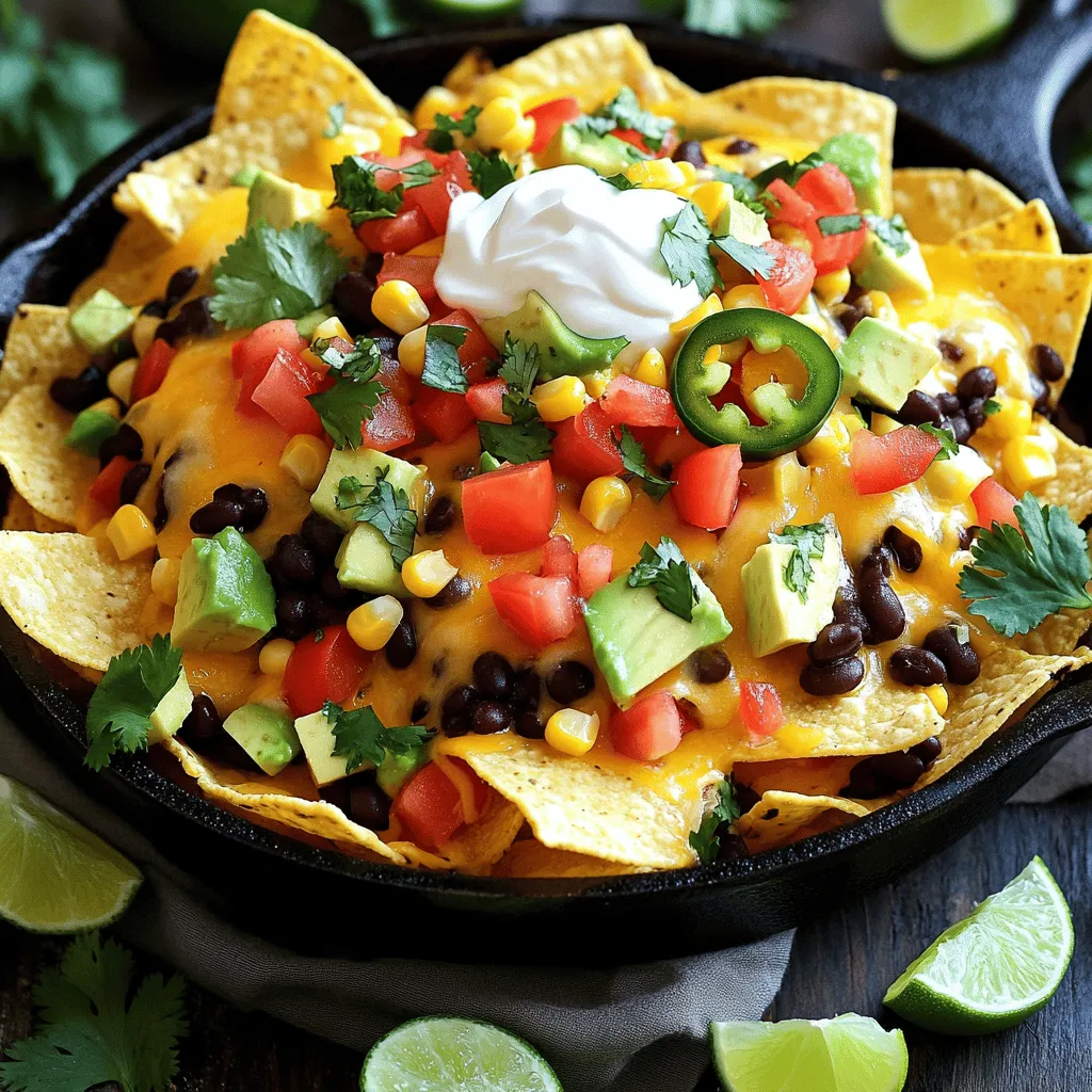 Für leckere Loaded Veggie Nachos brauchen Sie folgende Hauptzutaten: - 1 große Packung Tortilla-Chips - 1 Tasse schwarze Bohnen, gut abgespült und abgetropft - 1 Tasse Mais, gefroren oder aus der Dose (bei Dosenware gut abspülen) - 1 rote Paprika, gewürfelt - 1 Jalapeño, in Scheiben geschnitten (Kerne entfernt für weniger Schärfe) - 1 Tasse geriebener Cheddar-Käse (oder eine milchfreie Alternative) - 1 Tasse gewürfelte Tomaten - 1 Avocado, gewürfelt - 1/2 Tasse saure Sahne (oder griechischer Joghurt für eine gesündere Option) - 1/4 Tasse frischer Koriander, grob gehackt - Saft von 1 Limette - Salz und Pfeffer nach Geschmack - Optional: scharfe Soße zum Servieren Diese Zutaten machen die Nachos bunt und lecker. Wenn Sie gesünder essen wollen, probieren Sie diese Alternativen: - Nutzen Sie Vollkorn-Tortilla-Chips für mehr Ballaststoffe. - Ersetzen Sie Cheddar-Käse durch eine vegane Käsealternative. - Verwenden Sie griechischen Joghurt anstelle von saurer Sahne. - Fügen Sie noch mehr Gemüse hinzu, wie Zucchini oder Spinat. Diese Optionen helfen, die Nachos nahrhafter zu machen. Frische Zutaten verbessern den Geschmack. Hier sind einige Tipps: - Wählen Sie feste, glänzende Paprika ohne Flecken. - Achten Sie darauf, dass Tomaten reif und duftend sind. - Kaufen Sie Avocados, die leicht weich sind, aber nicht matschig. - Frischer Koriander sollte grün und knusprig sein. Indem Sie gute Produkte wählen, sorgen Sie für den besten Genuss bei Ihren Loaded Veggie Nachos. Um die besten Loaded Veggie Nachos zu machen, beginnen wir mit der Vorbereitung. Nehmen Sie eine große Schüssel. Dort vermengen Sie die schwarzen Bohnen, den Mais, die gewürfelte Paprika, die Jalapeño und die gewürfelten Tomaten. Fügen Sie Limettensaft, Salz und Pfeffer hinzu. Rühren Sie alles gut um. Dies sorgt dafür, dass alle Zutaten gleichmäßig gewürzt sind. Jetzt sind die Tortilla-Chips dran. Verstreuen Sie diese gleichmäßig auf einem großen Backblech. Achten Sie darauf, dass die Chips nicht übereinander liegen. Das hilft beim gleichmäßigen Backen. Verteilen Sie dann die Gemüsemischung über die Chips. Es sollte eine schöne Schicht sein. Nun kommt der Käse. Streuen Sie ihn großzügig über die Nachos. Der Käse wird beim Backen schmelzen und alles zusammenhalten. Heizen Sie Ihren Ofen auf 190°C vor. Legen Sie das Backblech in den Ofen. Backen Sie die Nachos für etwa 10-12 Minuten. Der Käse sollte schön geschmolzen und blubbernd sein. Achten Sie darauf, die Nachos nicht zu lange zu backen, sonst werden sie hart. Nach dem Backen nehmen Sie das Blech heraus. Jetzt ist es Zeit, die Avocado, die saure Sahne und den frischen Koriander hinzuzufügen. Diese Zutaten geben den Nachos den letzten Schliff. Genießen Sie Ihre köstlichen Loaded Veggie Nachos! Für das vollständige Rezept, schauen Sie hier: [Full Recipe]. Um den perfekten Käse-Melt zu erreichen, ist die Wahl des Käses wichtig. Ich empfehle, einen hochwertigen Cheddar-Käse zu verwenden. Du kannst auch eine milchfreie Variante für Veganer wählen. Damit der Käse schön schmilzt, reibe ihn frisch, anstatt vorgeriebenen Käse zu verwenden. Verteile den Käse gleichmäßig auf den Nachos. Backe sie bei 190°C für 10-12 Minuten, bis der Käse blubbert und goldbraun ist. Die Schärfe deiner Loaded Veggie Nachos kannst du leicht anpassen. Verwende mehr oder weniger Jalapeños, je nach Geschmack. Wenn du es milder magst, entferne die Kerne der Jalapeños. Du kannst auch milde Paprika statt Jalapeños verwenden. Füge am Ende scharfe Soße hinzu, um die Schärfe zu kontrollieren. Dies gibt dir die Freiheit, deine Nachos nach deinem Geschmack zu gestalten. Wenn du Nachos übrig hast, kannst du sie kreativ neu verwenden. Mische die Reste in einen Wrap oder eine Burrito-Schüssel. Du kannst sie auch mit Eiern vermengen, um ein herzhaftes Frühstück zu machen. Ein weiterer Tipp: Verwende die Reste als Füllung für gefüllte Paprika oder Zucchini. So vermeidest du Lebensmittelverschwendung und hast leckeres Essen für die nächsten Tage. {{image_4}} Wenn Sie den Nachos mehr Protein geben möchten, sind Tofu und Tempeh tolle Optionen. Tofu hat eine weiche Textur und nimmt die Aromen gut auf. Schneiden Sie ihn in kleine Stücke und braten Sie ihn leicht an, bevor Sie ihn auf die Nachos geben. Tempeh hat einen nussigen Geschmack und eine festere Konsistenz. Krümeln Sie ihn und braten Sie ihn mit Gewürzen wie Paprika und Kreuzkümmel an. Beide Optionen machen die Nachos nahrhafter und leckerer. Für eine vegane Variante können Sie Käse und saure Sahne ersetzen. Vegan-Käse aus Nüssen oder Soja schmilzt gut und gibt einen cremigen Geschmack. Auch Cashew-Creme ist eine großartige Wahl. Mischen Sie eingeweichte Cashews mit Wasser, Zitrone und Salz, um eine tolle Konsistenz zu bekommen. Für die saure Sahne können Sie pflanzlichen Joghurt verwenden. Er passt perfekt und liefert eine frische Note. Nutzen Sie saisonales Gemüse für eine bunte und gesunde Note. Im Frühling können Sie erbsen und Spargel hinzufügen. Im Sommer sind Zucchini und Paprika ideal. Im Herbst passen Kürbis und Süßkartoffeln gut. Im Winter können Sie Rosenkohl oder Rüben verwenden. Diese saisonalen Zutaten bringen nicht nur Farbe, sondern auch verschiedene Aromen in Ihre Loaded Veggie Nachos. Experimentieren macht Spaß und hält das Gericht interessant. Um übrig gebliebene Nachos richtig zu lagern, lege sie in einen luftdichten Behälter. Dies hilft, sie frisch zu halten. Achte darauf, dass die Nachos nicht aufeinanderliegen. So bleiben sie knusprig. Du kannst sie bis zu zwei Tage im Kühlschrank aufbewahren. Um die Nachos aufzuwärmen, heize deinen Ofen auf 180°C vor. Lege die Nachos auf ein Backblech. Erhitze sie etwa 10 Minuten, bis sie warm sind. Dies hilft, die Knusprigkeit wiederherzustellen. Du kannst auch die Mikrowelle nutzen, aber die Nachos werden dann weich. Um matschige Nachos zu vermeiden, lagere die Zutaten separat. Halte die Avocado, saure Sahne und frischen Koriander bis zum Servieren bereit. Füge sie erst kurz vor dem Essen hinzu. So bleiben die Nachos knusprig und lecker. Die Nachos bleiben etwa 2 Tage frisch, wenn sie gut verpackt sind. Ich empfehle, sie im Kühlschrank aufzubewahren. Achte darauf, die Nachos nicht mit der Sauce zu vermischen, da sie sonst matschig werden. So kannst du die knusprige Textur länger genießen. Ja, du kannst die Nachos im Voraus vorbereiten. Schichte die Zutaten, aber backe sie erst kurz vor dem Servieren. Das sorgt dafür, dass sie frisch und knusprig bleiben. Achte darauf, die Avocado und die saure Sahne erst kurz vor dem Servieren hinzuzufügen. Zu Loaded Veggie Nachos passen viele Dips gut. Hier sind einige meiner Favoriten: - Guacamole - Salsa - Käse-Dip - Sour Cream oder griechischer Joghurt - Scharfe Soße für einen zusätzlichen Kick Experimentiere mit verschiedenen Dips, um deinen perfekten Geschmack zu finden! Du kannst auch einfach die Rezepte für Dips ausprobieren, die du magst. Loaded Veggie Nachos bieten eine leckere Wahl für jeden. Wir haben die besten Zutaten besprochen, um gesunde und schmackhafte Nachos zu kreieren. Die Schritt-für-Schritt-Anleitung macht die Zubereitung einfach. Tipps wie die perfekte Käseschmelze helfen, das Gericht zu perfektionieren. Variationen mit Tofu oder saisonalem Gemüse bringen Abwechslung. Nutze die Lagerungshinweise, damit die Nachos frisch bleiben. Mit den richtigen Dips wird jedes Essen ein Highlight. So wird jede Portion zu einem Erlebnis. Genieße die Vielseitigkeit dieser Nachos!