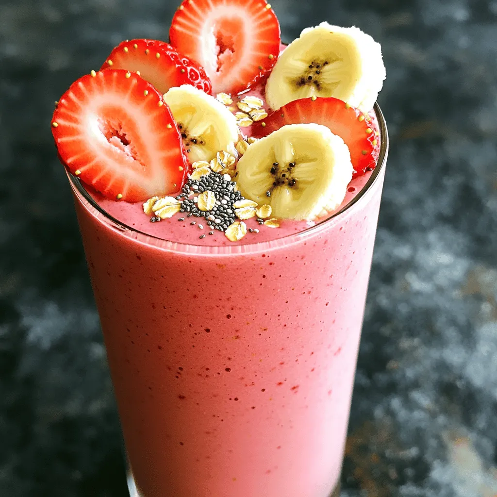 Für den Erdbeer Bananen Hafer Smoothie brauchst du einige Hauptzutaten. Diese sind: - 1 Tasse frische Erdbeeren, gewaschen, entkelcht und halbiert - 1 reife Banane, in Scheiben geschnitten - 1/2 Tasse Haferflocken - 1 Tasse Mandelmilch (oder eine Milch nach Wahl) Diese Zutaten liefern dir eine gute Basis für einen leckeren und nahrhaften Smoothie. Erdbeeren bringen eine fruchtige Süße und eine schöne Farbe. Die Banane sorgt für Cremigkeit und einen natürlichen süßen Geschmack. Haferflocken geben dir Energie und machen den Smoothie sättigender. Um den Geschmack zu verfeinern, kannst du einige zusätzliche Zutaten hinzufügen: - 1 Esslöffel Honig oder Ahornsirup (nach Geschmack anpassen) - 1/2 Teelöffel Vanilleextrakt - 1 Esslöffel Chiasamen (optional für zusätzliche Nährstoffe) Honig oder Ahornsirup sorgen für eine süße Note. Vanilleextrakt fügt einen feinen Geschmack hinzu. Chiasamen sind eine tolle Option, um den Smoothie nahrhafter zu machen. Ein paar Gewürze können deinem Smoothie den letzten Schliff geben. Du kannst hinzufügen: - Eine Prise Zimt (optional) - Weitere Süßungsmittel nach Belieben Zimt bringt Wärme und Tiefe in den Geschmack. Wenn du es süßer magst, probiere andere Süßungsmittel aus. Experimentiere mit verschiedenen Kombinationen, um deinen perfekten Smoothie zu finden. Denke daran, die Mischung nach deinem Geschmack anzupassen. So wird jeder Schluck zum Genuss. Wenn du alle Zutaten zusammenfügst, erhältst du ein köstliches Getränk, das dich mit Energie für den Tag versorgt. Für das vollständige Rezept schaue dir den Abschnitt "Full Recipe" an. Zuerst wasche die Erdbeeren gründlich. Entferne die grünen Kelche und halbiere die Früchte. So kommen die süßen Aromen besser zur Geltung. Schneide die Banane in Scheiben, damit sie gleichmäßig im Mixer vermischt wird. Diese Schritte sind wichtig, um die besten Geschmäcker zu erzielen. Jetzt nimm einen Mixer und gib die folgende Zutaten hinein: - 1 Tasse Mandelmilch - 1/2 Tasse Haferflocken - 1 Esslöffel Honig oder Ahornsirup - 1/2 Teelöffel Vanilleextrakt - 1 Esslöffel Chiasamen (optional) Mix die Zutaten gut durch. Achte darauf, dass die Haferflocken feinpulverig werden. Das sorgt für eine cremige Basis. Füge nun die vorbereiteten Erdbeeren und die Bananenscheiben in den Mixer hinzu. Mixe alles weiter, bis der Smoothie eine schöne, glatte Konsistenz hat. Wenn der Smoothie zu dick ist, kannst du etwas mehr Milch hinzufügen. So wird er leicht und trinkbar. Probiere deinen Smoothie. Wenn du mehr Süße magst, füge mehr Honig oder Ahornsirup hinzu. Eine Prise Zimt kann auch nicht schaden. Es gibt dem Smoothie eine warme Note. Mixe kurz, um alles gut zu vermischen. Gieße den Smoothie in ein schönes Glas oder eine Schüssel. Dekoriere ihn mit ein paar Erdbeerscheiben oder Bananenstücken. Ein Streusel von Haferflocken oder Chiasamen oben drauf sieht toll aus. Jetzt hast du einen köstlichen Erdbeer-Banane Hafer Smoothie, bereit zum Genießen! Du kannst das gesamte Rezept [Full Recipe] für weitere Details und Tipps nachlesen. Um die perfekte Konsistenz zu erreichen, kann man Milch oder Wasser anpassen. Wenn der Smoothie zu dick ist, füge einfach etwas mehr Flüssigkeit hinzu. Mandelmilch sorgt für eine nussige Note. Du kannst auch Kokosmilch oder Sojamilch verwenden. Wenn du es cremiger magst, probiere Joghurt. Einfrieren von Früchten ist eine tolle Methode, um Zeit zu sparen. Gefrorene Erdbeeren und Bananen machen den Smoothie kalt und dick. Sie ersetzen auch Eis und sorgen für einen tollen Geschmack. Einfach die gefrorenen Früchte in den Mixer geben. So hast du einen schnellen, köstlichen Smoothie. Ein guter Mixer macht einen großen Unterschied. Ich empfehle einen Hochleistungsmixer für die besten Ergebnisse. Diese Mixer zerkleinern die Haferflocken gut und sorgen für eine glatte Textur. Achte auf einen Mixer mit starken Klingen und mehreren Geschwindigkeitsstufen. So kannst du die Konsistenz perfekt anpassen. {{image_4}} Smoothies sind vielseitig. Lass uns einige Ideen erkunden, um deinen Erdbeer Bananen Hafer Smoothie noch spannender zu machen. Möchtest du mehr Nährstoffe? Ergänze deinen Smoothie mit etwas Spinat oder Grünkohl. Diese grünen Blätter fügen Vitamine hinzu. Sie machen den Smoothie noch gesünder. Der Geschmack bleibt mild, und du merkst kaum einen Unterschied. Braucht dein Körper mehr Protein? Füge einfach Proteinpulver oder Joghurt hinzu. Diese Zutaten helfen, den Smoothie sättigender zu machen. Sie sind perfekt nach dem Sport oder für einen langen Tag. Der Geschmack bleibt süß und cremig. Du kannst auch verschiedene Früchte verwenden. Probiere Mango, Ananas oder sogar Blaubeeren. Jede Frucht bringt ihren eigenen Geschmack. So wird dein Smoothie nie langweilig. Sei kreativ und entdecke neue Kombinationen, die dir gefallen. Wenn du die Grundrezepte magst, schau dir das [Full Recipe] an. Dort findest du alles, was du für einen leckeren Erdbeer-Banane Hafer Smoothie brauchst. Der Erdbeer Bananen Hafer Smoothie bleibt im Kühlschrank frisch. Du kannst ihn dort etwa 1 bis 2 Tage aufbewahren. Achte darauf, ihn in einem luftdichten Behälter zu lagern. So bleibt der Geschmack und die Konsistenz besser erhalten. Wenn du ihn länger aufbewahren möchtest, ist das Einfrieren eine gute Option. Das Einfrieren ist einfach und effektiv. Fülle den Smoothie in Eiswürfelschalen oder gefriergeeignete Beutel. Achte darauf, etwas Platz zu lassen, da der Smoothie beim Gefrieren an Volumen zunimmt. Wenn du ihn später genießen möchtest, lass ihn einfach im Kühlschrank auftauen. Du kannst ihn auch direkt im Mixer mit etwas frischer Milch wieder aufmixen. Nach dem Mixen solltest du deinen Mixer schnell reinigen. Fülle ihn mit warmem Wasser und einem Tropfen Spülmittel. Mixe für 30 Sekunden und spüle dann gründlich aus. So bleibt dein Mixer in gutem Zustand und ist bereit für dein nächstes Rezept. Ein Erdbeer-Banane Glücks-Smoothie hat etwa 250 bis 300 Kalorien. Die genauen Kalorien hängen von den Zutaten ab. Die Erdbeeren bringen wenig Kalorien mit, aber viel Geschmack. Bananen fügen natürliche Süße hinzu. Haferflocken liefern Ballaststoffe und machen dich satt. Mandelmilch hat weniger Kalorien als normale Milch, was gut ist. Wenn du Honig oder Ahornsirup hinzufügst, steigt die Kalorienzahl. Achte darauf, deine Portionen im Blick zu behalten. Ja, du kannst andere Milchsorten verwenden. Mandelmilch ist eine beliebte Wahl. Du kannst aber auch Sojamilch oder Hafermilch nutzen. Kokosmilch gibt dem Smoothie einen tollen Geschmack. Wenn du normale Milch magst, ist das auch okay. Jede Milch hat ihren eigenen Geschmack und Nährstoffe. Probiere verschiedene Sorten aus, um deinen Favoriten zu finden. Ja, der Smoothie ist für Kinder geeignet. Er enthält gesunde Zutaten wie Früchte und Haferflocken. Diese liefern wichtige Nährstoffe. Der Geschmack ist süß, aber nicht zu süß. Kinder lieben die Kombination aus Erdbeeren und Bananen. Du kannst den Zucker anpassen, wenn du es möchtest. Achte darauf, dass sie keine Allergien gegen die Zutaten haben. Der Smoothie ist eine gute Wahl für ein schnelles Frühstück. Du kannst die [Full Recipe] für weitere Tipps und Ideen nutzen. In diesem Artikel habe ich dir die Zutaten und Schritte für einen leckeren Smoothie gezeigt. Wir haben die Hauptzutaten wie Erdbeeren und Bananen besprochen. Zusätzliche Zutaten wie Honig oder Chiasamen helfen, den Geschmack zu verfeinern. Ich gab dir Tipps, um die perfekte Konsistenz zu erreichen und Zeit zu sparen. Zuletzt hast du Variationen und Aufbewahrungshinweise gelernt, um deinen Smoothie frisch zu halten. Probiere diese Rezepte aus und entdecke, wie einfach gesunde Ernährung sein kann!