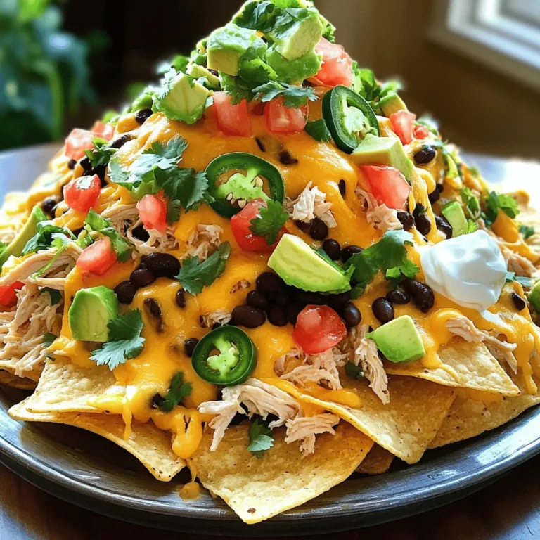 Für die Überladenen Hühner-Nachos brauchst du einige Hauptzutaten: - 2 Tassen gekochtes, zerrissenes Hühnerfleisch - 1 Tüte (340 g) Tortilla-Chips - 1 Tasse geriebener Cheddar-Käse - 1 Tasse geriebener Monterey Jack Käse - 1 Tasse schwarze Bohnen, abgespült und abgetropft - 1 Jalapeño, in dünne Scheiben geschnitten - 1 mittlere Tomate, gewürfelt - 1/4 Tasse rote Zwiebel, fein gehackt - 1/4 Tasse frischer Koriander, gehackt - 1 Avocado, gewürfelt - 1/2 Tasse Sauerrahm - 1/4 Tasse eingelegte Jalapeños (optional) - 1 Esslöffel Olivenöl - Salz und Pfeffer nach Geschmack Diese Zutaten machen deine Nachos lecker und sättigend. Um den Nachos mehr Geschmack zu geben, nutze Gewürze wie Salz und Pfeffer. Du kannst auch Paprika oder Kreuzkümmel hinzufügen. Diese Gewürze sind einfach zu finden und machen viel aus. Wenn du mehr Schärfe magst, füge eine Prise Cayennepfeffer hinzu. Du kannst auch frische Limettenscheiben als Ergänzung verwenden. Sie bringen Frische und Geschmack. Frische Zutaten sind der Schlüssel zum Erfolg. Wähle reife Tomaten und knackige Jalapeños. Achte darauf, dass der Koriander frisch aussieht und einen starken Duft hat. Die Avocado sollte leicht weich sein, aber nicht überreif. Wenn du frische, hochwertige Zutaten verwendest, schmecken die Nachos besser. Das ist wichtig für dein Geschmackserlebnis. Für das vollständige Rezept kannst du die [Full Recipe] ansehen. Um die besten Loaded Chicken Nachos zu machen, beginne mit der Vorbereitung deiner Zutaten. Du brauchst: - 2 Tassen gekochtes, zerrissenes Hühnerfleisch - 1 Tüte (340 g) Tortilla-Chips - 1 Tasse geriebener Cheddar-Käse - 1 Tasse geriebener Monterey Jack Käse - 1 Tasse schwarze Bohnen, abgespült und abgetropft - 1 Jalapeño, in dünne Scheiben geschnitten - 1 mittlere Tomate, gewürfelt - 1/4 Tasse rote Zwiebel, fein gehackt - 1/4 Tasse frischer Koriander, gehackt - 1 Avocado, gewürfelt - 1/2 Tasse Sauerrahm - 1/4 Tasse eingelegte Jalapeños (optional) - 1 Esslöffel Olivenöl - Salz und Pfeffer nach Geschmack Sorge dafür, dass alle Zutaten bereit sind. Das macht das Kochen viel einfacher. Jetzt kommt der spannende Teil: die Hühnermischung! Erhitze das Olivenöl in einer Pfanne bei mittlerer Hitze. Füge die rote Zwiebel hinzu und dünste sie. Warte etwa 3-4 Minuten, bis sie glasig ist. Dann füge das zerrissene Hühnerfleisch hinzu. Würze es mit Salz und Pfeffer. Rühre alles um, bis das Huhn heiß ist. Das dauert nur etwa 2-3 Minuten. Diese Mischung wird deine Nachos voller Geschmack machen! Der nächste Schritt ist das Schichten der Nachos. Breite die Tortilla-Chips gleichmäßig auf einem großen Backblech aus. Jetzt kommt die Hühnermischung. Verteile die Hälfte der Mischung über die Chips. Dann füge die schwarzen Bohnen, gewürfelte Tomaten, Jalapeño-Scheiben und die beiden Käsesorten hinzu. Wiederhole diesen Schritt mit den restlichen Zutaten. So erhältst du zwei leckere Schichten! Heize deinen Ofen auf 175°C (350°F) vor und backe die Nachos für 10-15 Minuten. Achte darauf, dass der Käse schön schmilzt und sprudelt. Nimm das Blech aus dem Ofen und lass die Nachos kurz abkühlen. Belege sie dann mit Avocado, Koriander und einem Klecks Sauerrahm. Wenn du einen extra Kick magst, füge eingelegte Jalapeños hinzu. Jetzt bist du bereit, deine Loaded Chicken Nachos zu genießen! Der Käse ist der Star der Nachos. Um ihn perfekt zu schmelzen, mische zwei Käsesorten. Ich empfehle Cheddar und Monterey Jack. Beide Käse schmelzen gut und bieten tollen Geschmack. Streue den Käse gleichmäßig über die Nachos. Achte darauf, dass die Chips gut bedeckt sind. So bleibt jeder Biss saftig und lecker. Backe die Nachos, bis der Käse sprudelt. Lass sie nach dem Backen kurz abkühlen. So bleibt der Käse cremig und läuft nicht vom Nacho. Zu den Nachos gibt es viele leckere Beilagen. Ich mag frischen Koriander und Avocado. Das gibt einen frischen Geschmack. Auch Sauerrahm passt gut dazu. Du kannst auch Salsa oder Guacamole servieren. Wenn du einen scharfen Kick magst, füge eingelegte Jalapeños hinzu. Diese Beilagen machen die Nachos noch besser. Wenn du Reste hast, mache etwas Neues daraus. Du kannst die Hühnermischung in Tacos verwenden. Fülle Tortillas und füge etwas Gemüse hinzu. Auch ein Auflauf ist eine tolle Idee. Schichte die Reste mit etwas Käse und backe es im Ofen. So hast du schnell ein neues Gericht. Reste können auch in Salaten gut schmecken. Sei kreativ und genieße die Vielfalt. {{image_4}} Käse macht Nachos lecker und cremig. Sie können verschiedene Käsesorten verwenden. Cheddar ist klassisch, aber Monterey Jack bringt auch einen tollen Geschmack. Gouda oder Brie können eine neue Dimension hinzufügen. Diese Käsesorten schmelzen gut und sorgen für ein reichhaltiges Aroma. Experimentieren Sie mit Käsemischungen, um Ihre perfekte Kombination zu finden. Nicht jeder isst Huhn. Für Veganer oder Vegetarier gibt es tolle Alternativen. Nutzen Sie schwarze Bohnen oder Linsen als Basis. Ersetzen Sie das Hühnerfleisch durch gewürfelte Zucchini oder Paprika. Pflanzenbasierte Käsesorten sind ebenfalls eine gute Option. Sie schmecken großartig und machen die Nachos trotzdem sättigend. Die Toppings machen die Nachos spannend. Fügen Sie frische Jalapeños für Schärfe hinzu. Guacamole gibt einen cremigen Kontrast. Salsa bringt Frische ins Spiel. Andere Möglichkeiten sind Mais, Oliven oder frische Kräuter. Saucen wie BBQ oder Chipotle können einen besonderen Kick geben. Lassen Sie Ihrer Kreativität freien Lauf und passen Sie die Nachos nach Ihrem Geschmack an. Um die Nachos gut zu lagern, lassen Sie sie zuerst abkühlen. Legen Sie sie dann in einen luftdichten Behälter. Das schützt sie vor Feuchtigkeit und hält sie frisch. Verwenden Sie ein Papiertuch zwischen den Schichten, um die Knusprigkeit zu erhalten. Wenn Sie Reste haben, können Sie diese einfach wieder aufwärmen. Vorheizen auf 175°C (350°F) ist wichtig. Legen Sie die Nachos auf ein Backblech und backen Sie sie für 5-10 Minuten. So schmelzen der Käse und die Aromen wieder gut. Die Nachos sind im Kühlschrank etwa 3 Tage haltbar. Frische Zutaten wie Tomaten oder Avocado verlieren schnell ihre Frische. Wenn Sie die Nachos länger aufbewahren wollen, lassen Sie diese Zutaten weg. Sie können dann nach dem Aufwärmen frisch hinzufügen. Um die Nachos gesünder zu machen, können Sie einige einfache Änderungen vornehmen. Verwenden Sie Vollkorn-Tortilla-Chips. Diese sind reich an Ballaststoffen. Statt Sauerrahm können Sie griechischen Joghurt verwenden. Er hat weniger Fett und mehr Protein. Fügen Sie mehr Gemüse hinzu, wie Paprika oder Spinat, um die Nährstoffe zu erhöhen. Sie können auch weniger Käse verwenden oder fettarmen Käse wählen. Diese Änderungen machen die Nachos lecker und gesünder. Ja, Sie können frisches Gemüse verwenden. Frische Zutaten geben den Nachos einen knackigen Geschmack. Statt eingelegter Jalapeños können Sie frische Scheiben verwenden. Sie sind schärfer und haben mehr Aroma. Auch frische Tomaten und Avocado sind tolle Alternativen. Diese sorgen für mehr Frische und Farbe. Frisches Gemüse hat oft mehr Nährstoffe als eingelegtes Gemüse. Es ist eine gute Wahl für gesunde Nachos. Um die besten Überladenen Hühner-Nachos zu finden, schauen Sie sich lokale Restaurants an. Viele Tex-Mex-Restaurants bieten köstliche Nachos an. Fragen Sie Freunde nach ihren Empfehlungen. Online-Bewertungen können Ihnen auch helfen. Suchen Sie nach Orten mit vielen positiven Kommentaren. Wenn Sie Lust haben, können Sie auch selbst welche machen. Das Rezept ist einfach und macht Spaß. Für das vollständige Rezept schauen Sie bitte [Full Recipe]. Überladene Hühner-Nachos sind einfach und lecker. Du hast die Zutaten, die Zubereitung und viele Tipps gelernt. Es gibt viele Variationen und Möglichkeiten, diese Nachos zu genießen. Nutze frische Zutaten und experimentiere mit verschiedenen Käsesorten. Denke auch an die Lagerung und wie du Reste kreativ einsetzen kannst. So schaffst du nicht nur einen Snack, sondern auch tolle Mahlzeiten. Mit diesen Ideen und Anleitungen kannst du deine Familie und Freunde beeindrucken. Viel Spaß beim Nachkochen und Genießen deiner Nachos!