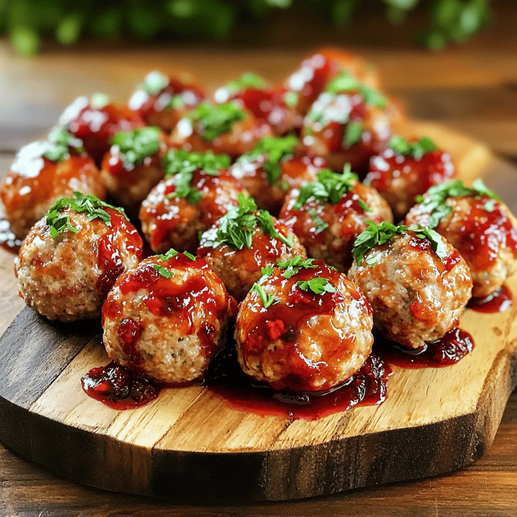 Um die Cranberry BBQ Truthahn Fleischbällchen zuzubereiten, brauchen Sie einige Hauptzutaten. Diese Zutaten sind wichtig für den Geschmack und die Textur der Fleischbällchen: - 450 g gemahlenes Putenfleisch - 240 ml Semmelbrösel - 60 g geriebener Parmesan - 60 g fein gehackte Zwiebel - 2 Knoblauchzehen, zerdrückt - 1 Teelöffel getrockneter Oregano - 1 Teelöffel getrockneter Thymian - Salz und Pfeffer nach Geschmack Diese Zutaten geben den Fleischbällchen eine tolle Basis. Das Putenfleisch macht sie leicht und gesund. Die Semmelbrösel helfen, die Form zu halten. Die Gewürze und Aromen bringen den echten Kick in die Fleischbällchen. Sie machen jedes Bissen besonders: - 240 ml Preiselbeersoße (vorzugsweise mit ganzen Beeren) - 120 ml BBQ-Soße Die Kombination aus süßer Preiselbeersoße und rauchiger BBQ-Soße macht diese Fleischbällchen einzigartig. Sie bekommen einen süß-sauren Geschmack, der einfach lecker ist. Die richtigen Beilagen machen das Gericht noch besser. Hier sind einige meiner Favoriten: - Frische Petersilie, gehackt (zum Garnieren) - Salat - Kartoffelpüree Garnieren Sie die Fleischbällchen mit frischer Petersilie. Sie sieht nicht nur gut aus, sondern schmeckt auch frisch. Servieren Sie sie mit einem Salat oder Kartoffelpüree, um eine vollständige, leckere Mahlzeit zu genießen. Für das Rezept schauen Sie sich die Full Recipe an. Um die Fleischbällchen zuzubereiten, beginne mit einer großen Schüssel. Füge 450 g gemahlenes Putenfleisch hinzu. Dann gib 240 ml Semmelbrösel und 60 g geriebenen Parmesan dazu. Schneide 60 g Zwiebel fein. Zerdrücke zwei Knoblauchzehen. Mische alles gut. Füge auch einen Teelöffel Oregano und einen Teelöffel Thymian hinzu. Würze mit Salz und Pfeffer nach Geschmack. Du willst eine gleichmäßige Mischung. Heize deinen Ofen auf 200°C vor. Forme kleine Fleischbällchen von etwa 2,5 cm Durchmesser. Lege sie auf ein mit Backpapier ausgelegtes Blech. Achte darauf, dass sie gleichmäßig verteilt sind. Backe sie für 15-20 Minuten. Sie sollten goldbraun und durchgegart sein. Während die Fleischbällchen backen, mache die Sauce. Mische 240 ml Preiselbeersoße mit 120 ml BBQ-Soße in einem kleinen Topf. Erwärme die Mischung bei mittlerer Hitze. Rühre regelmäßig, damit sie gut vermischt ist. Wenn die Fleischbällchen fertig sind, nimm sie aus dem Ofen. Gib sie vorsichtig in den Topf mit der Sauce. Lass alles für fünf Minuten köcheln. So verbinden sich die Aromen. Du kannst die vollständige Rezeptanleitung [hier finden](#). Um perfekte Fleischbällchen zu machen, beachten Sie diese Tipps: - Frische Zutaten: Verwenden Sie frisches Putenfleisch und frische Kräuter. Das verbessert den Geschmack. - Mischtechnik: Mischen Sie die Zutaten nur bis sie vereint sind. Zu viel Mischen macht die Bällchen zäh. - Konsistenz: Die Mischung sollte gleichmäßig und formbar sein. Fügen Sie bei Bedarf etwas mehr Semmelbrösel hinzu. Vermeiden Sie diese häufigen Fehler: - Falsche Größe: Machen Sie die Bällchen gleich groß, etwa 2,5 cm. So garen sie gleichmäßig. - Zu hohe Hitze: Backen Sie bei 200°C. Zu hohe Temperaturen können die Außenseite verbrennen. - Nicht testen: Überprüfen Sie die Garzeit. Die Bällchen sollten innen nicht mehr rosa sein. Für die besten Beilagen zu Ihren Fleischbällchen: - Salat: Ein frischer grüner Salat passt gut. Er bringt Farbe und Crunch. - Kartoffelpüree: Servieren Sie die Bällchen mit cremigem Kartoffelpüree. Es ist eine tolle Kombination. - Brot: Ein leichtes Brot eignet sich gut, um die Sauce aufzunehmen. Für die vollständige Anleitung und das Rezept, schauen Sie sich das [Full Recipe] an. {{image_4}} Wenn Sie etwas Abwechslung möchten, probieren Sie andere Fleischsorten. Rindfleisch oder Hähnchen funktionieren gut. Das gibt den Fleischbällchen neuen Geschmack. Sie können sogar gemischtes Hackfleisch verwenden. Jede Sorte bringt ihren eigenen Charakter mit. Achten Sie darauf, die Garzeit entsprechend anzupassen. Für eine vegetarische oder vegane Version können Sie pflanzliche Alternativen nutzen. Verwenden Sie zum Beispiel Linsen oder Kichererbsen. Diese Zutaten geben Ihnen die Textur und den Geschmack, den Sie wollen. Mischen Sie diese mit Semmelbröseln und Gewürzen. Für Veganer verwenden Sie eine pflanzliche BBQ-Sauce. So bleibt der Genuss erhalten. Die Sauce ist ein wichtiger Teil der Fleischbällchen. Wenn Sie es süßer mögen, fügen Sie mehr Cranberrysoße hinzu. Für etwas Schärfe können Sie Chili oder Pfeffer einrühren. Experimentieren Sie mit verschiedenen Saucen wie Teriyaki oder Sriracha. Das macht die Fleischbällchen besonders spannend. Besuchen Sie den [Full Recipe], um alle Details zu sehen und Ihre Lieblingssauce zu finden. Um übrig gebliebene Cranberry BBQ Truthahn Fleischbällchen richtig zu lagern, lege sie in einen luftdichten Behälter. Du kannst sie im Kühlschrank aufbewahren. Sie bleiben dort bis zu drei Tage frisch. Achte darauf, die Fleischbällchen abkühlen zu lassen, bevor du sie in den Behälter gibst. Das verhindert Kondensation und hält sie saftig. Wenn du die Fleischbällchen länger aufbewahren möchtest, friere sie ein. Lege sie einzeln auf ein Backblech und friere sie für ein paar Stunden. Nach dem Anfrieren kannst du sie in Gefrierbeutel umfüllen. Beschrifte die Beutel mit dem Datum. So weißt du, wie lange sie schon im Gefrierfach sind. Die Fleischbällchen sind bis zu drei Monate haltbar. Um die Fleischbällchen wieder aufzuwärmen, gibt es verschiedene Möglichkeiten. Du kannst sie in der Mikrowelle aufwärmen, was schnell geht. Achte darauf, sie abgedeckt zu erwärmen, damit sie nicht austrocknen. Alternativ kannst du sie in einer Pfanne bei mittlerer Hitze erwärmen. Füge etwas Wasser hinzu, um sie saftig zu halten. Wenn du mehr Zeit hast, kannst du sie im Ofen bei 175°C aufwärmen. So werden sie wieder schön knusprig. Die Cranberry BBQ Truthahn Fleischbällchen halten sich gut im Kühlschrank. Sie können sie bis zu drei Tage aufbewahren. Lagern Sie sie in einem luftdichten Behälter. Wenn Sie sie länger aufbewahren wollen, frieren Sie sie ein. In einem Gefrierbeutel halten sie bis zu drei Monate. Ja, Sie können die Fleischbällchen im Slow Cooker zubereiten. Formen Sie die Fleischbällchen und legen Sie sie in den Slow Cooker. Mischen Sie die Preiselbeersoße und die BBQ-Soße in einer Schüssel. Gießen Sie die Soße über die Fleischbällchen. Kochen Sie alles auf niedriger Stufe für etwa 4 bis 6 Stunden. So bleiben sie saftig und zart. Zu diesen Fleischbällchen passen viele Beilagen. Hier sind einige Vorschläge: - Kartoffelpüree - Frischer grüner Salat - Gekochtes Gemüse wie Brokkoli oder Karotten - Reis oder Quinoa - Knuspriges Brot Probieren Sie diese Beilagen aus, um Ihre Mahlzeit zu bereichern! Für das vollständige Rezept, siehe [Full Recipe]. Cranberry BBQ Truthahn Fleischbällchen sind eine leckere und einfache Wahl. Wir haben die Hauptzutaten und die benötigten Gewürze besprochen. Die Schritt-für-Schritt-Anleitung zeigt dir, wie du sie perfekt zubereitest. Tipps helfen dir, Fehler zu vermeiden und die besten Beilagen auszuwählen. Du kannst auch Variationen ausprobieren, um neue Geschmäcker zu entdecken. Wenn du die Reste richtig lagerst, schmecken sie auch später gut. Diese Fleischbällchen sind vielseitig, lecker und einfach zuzubereiten. Probiere es aus und erfreue dich an jedem Bissen!