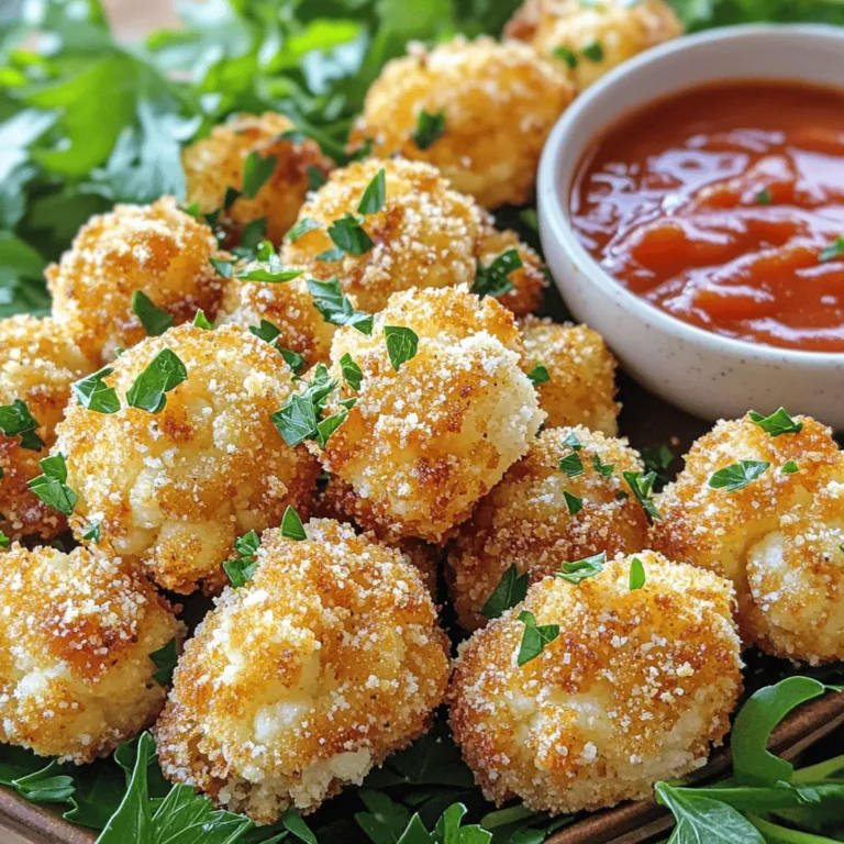 - 1 mittelgroßer Blumenkohlkopf - 1 Tasse Semmelbrösel (Panko empfohlen) - ½ Tasse frisch geriebener Parmesan - 2 große Eier - 1 Teelöffel Knoblauchpulver - 1 Teelöffel Zwiebelpulver - ½ Teelöffel geräuchertes Paprikapulver - ½ Teelöffel Salz - ¼ Teelöffel schwarzer Pfeffer - 1 Esslöffel frische Petersilie (zur Garnierung) - Kochspray oder Öl Ich achte immer auf die beste Qualität der Zutaten. Frischer Blumenkohl macht den besten Geschmack. Wenn du Allergien hast, gibt es gute Ersatzmöglichkeiten. Zum Beispiel kannst du glutenfreie Semmelbrösel verwenden. Du kannst auch die Eier durch eine Mischung aus Leinsamen und Wasser ersetzen. So bleibt die Rezeptur für jeden zugänglich. - Ofen auf 220°C vorheizen - Backblech mit Backpapier vorbereiten Zuerst heizen Sie den Ofen auf 220°C vor. Dies sorgt für eine perfekte Knusprigkeit. Dann bereiten Sie ein Backblech mit Backpapier vor. Das Backpapier hilft, dass die Blumenkohlhäppchen nicht kleben bleiben. - Blumenkohl in mundgerechte Röschen schneiden - Röschen in der Eiermischung wälzen Nehmen Sie den Blumenkohl und schneiden Sie ihn in kleine Röschen. Diese sollten gleichmäßig sein, damit sie gleichmäßig garen. In einer Schüssel verquirlen Sie die Eier gut. Dann wälzen Sie die Blumenkohlröschen in der Eiermischung. Achten Sie darauf, dass sie gut bedeckt sind. - Semmelbröselmischung vorbereiten - Blumenkohl wälzen und auf das Backblech legen - Backzeit und Wendepunkt beachten Jetzt kommt der spaßige Teil! Mischen Sie in einer anderen Schüssel die Semmelbrösel, den frisch geriebenen Parmesan und die Gewürze. Nehmen Sie jedes Röschen aus der Eiermischung und wälzen Sie es in der Semmelbröselmischung. Drücken Sie leicht, damit die Panade gut haftet. Legen Sie die Blumenkohlhäppchen auf das Backblech. Achten Sie darauf, Platz zwischen den Röschen zu lassen. Backen Sie die Häppchen für 20-25 Minuten. Wenden Sie sie nach der Hälfte der Zeit. Das sorgt für eine schöne goldbraune Farbe. Für das vollständige Rezept klicken Sie auf [Full Recipe]. Um die perfekte Knusprigkeit für deine Blumenkohlhäppchen zu erreichen, solltest du Panko-Semmelbrösel verwenden. Diese sind gröber und sorgen für mehr Crunch. Du kannst sie leicht in vielen Geschäften finden. Achte darauf, das Gemüse gut mit Öl zu besprühen. So wird es goldbraun und knusprig. Ein feiner Sprühnebel ist besser als viel Öl. Dies verhindert, dass die Häppchen fettig werden. Du kannst den Geschmack deiner Blumenkohlhäppchen einfach anpassen. Füge mehr Käse hinzu, wenn du einen kräftigeren Geschmack magst. Parmesan ist großartig, aber auch Cheddar oder Feta können gut passen. Frische Kräuter wie Thymian oder Oregano bringen neue Aromen. Du kannst auch verschiedene Gewürze ausprobieren. Zum Beispiel, etwas Chili für eine scharfe Note oder Kreuzkümmel für einen warmen Geschmack. Um die Vorbereitungszeit zu optimieren, bereite alles im Voraus vor. Schneide den Blumenkohl und lege ihn in Wasser. Das hilft, ihn frisch zu halten. Mische die Semmelbrösel und Gewürze schon vorher. So bist du schnell bereit, alles zu kombinieren. Du kannst sogar die Blumenkohlhäppchen im Voraus panieren und im Kühlschrank lagern. Wenn du sie später backst, sind sie schnell fertig. Für den schnellen Genuss ist dies eine nachhaltige Methode. Das spart Zeit und Stress. Wenn du das vollständige Rezept suchst, findest du es hier. {{image_4}} Wenn du glutenfrei essen möchtest, gibt es einfache Tipps. Nutze glutenfreie Semmelbrösel. Diese gibt es in vielen Geschäften. Du kannst auch gemahlene Mandeln verwenden. Für den Geschmack kannst du italienisches Gewürz hinzufügen. Das bringt einen tollen Kick in die Blumenkohlhäppchen. Möchtest du die Häppchen vegan machen? Ersetze die Eier mit einer Mischung aus Leinsamen und Wasser. Das funktioniert gut! Für den Käse kannst du Nährhefe verwenden. Sie gibt einen ähnlichen, herzhaften Geschmack. Anstatt zu panieren, kannst du die Röschen auch in Kichererbsenmehl tauchen. Das sorgt für eine knusprige Schicht. Die richtigen Dips machen deine Blumenkohlhäppchen noch besser. Ich empfehle marinara Sauce oder einen scharfen Joghurt-Dip. Diese passen super zu dem herzhaften Geschmack. Auch ein frischer Salat ist eine tolle Beilage. Er bringt Frische und Farbe auf den Teller. Serviere die Blumenkohlhäppchen auf einer Platte mit Dips. So wird es ein echter Genuss! Für das vollständige Rezept schaue hier: [Full Recipe]. Wenn du Blumenkohlhäppchen übrig hast, lagere sie im Kühlschrank. Lege sie in einen luftdichten Behälter. So bleiben sie frisch. Du kannst sie bis zu drei Tage aufbewahren. Die Temperatur sollte immer unter 4 °C liegen. Das hält die Häppchen lecker und sicher. Um die Blumenkohlhäppchen wieder aufzuwärmen, benutze den Ofen. Heize ihn auf 180 °C vor. Lege die Häppchen auf ein Backblech. Backe sie für 10 bis 15 Minuten. So werden sie wieder knusprig. Vermeide die Mikrowelle. Sie macht die Häppchen weich und matschig. Für lange Haltbarkeit kannst du die Häppchen einfrieren. Lege sie in einen Gefrierbeutel oder Behälter. Sie halten bis zu drei Monate. Zum Auftauen lege sie über Nacht in den Kühlschrank. Danach erwärmst du sie im Ofen. So bleiben sie knusprig und lecker. Diese Tipps helfen dir, die besten Blumenkohlhäppchen zu genießen. Wenn du das vollständige Rezept suchst, schau hier nach: [Full Recipe]. Die Zubereitungszeit für Crispy Parmesan Blumenkohlhäppchen beträgt etwa 15 Minuten. Die Kochzeit liegt bei 20 bis 25 Minuten. Das macht insgesamt rund 40 Minuten. Ja, Sie können Blumenkohlhäppchen im Airfryer zubereiten. Stellen Sie die Temperatur auf 200°C ein. Legen Sie die Blumenkohlröschen in einer Schicht hinein. Kochen Sie sie für etwa 12 bis 15 Minuten. Wenden Sie sie nach der Hälfte der Zeit, um eine gleichmäßige Bräunung zu erzielen. Der Airfryer gibt Ihnen eine knusprige Textur, die sehr lecker ist. Beliebte Dips für Blumenkohlhäppchen sind Marinara-Sauce oder Ranch-Dressing. Diese Saucen ergänzen den würzigen Blumenkohl perfekt. Sie können auch eine scharfe Aioli oder eine cremige Käsesauce ausprobieren. Kombinieren Sie die Häppchen mit verschiedenen Dips für mehr Abwechslung. Das vollständige Rezept für Crispy Parmesan Blumenkohlhäppchen finden Sie hier: [Full Recipe]. In diesem Artikel haben wir die wichtigsten Zutaten und Schritte für die Zubereitung von Crispy Parmesan Blumenkohlhäppchen besprochen. Du kennst jetzt die Hauptzutaten, hilfreiche Tipps und verschiedene Variationen. Denke daran, die Qualität der Zutaten zu beachten und nach deinem Geschmack zu variieren. Diese Häppchen sind einfach zuzubereiten und eignen sich perfekt als Snack oder Beilage. Probiere sie aus und genieße die knusprige Textur und den tollen Geschmack.