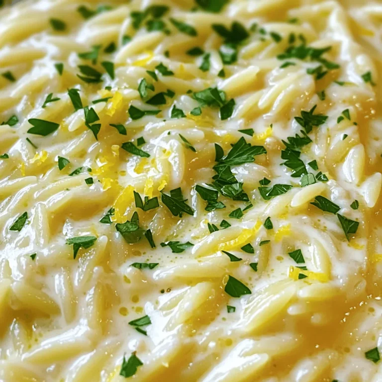 Für dieses einfache Rezept benötigst du: - 1 Tasse Orzo-Nudeln - 2 Esslöffel Olivenöl - 3 Knoblauchzehen, fein gehackt - 1 Tasse Gemüsebrühe - 1 Tasse Sahne - Schale von 1 Zitrone - Saft von 1 Zitrone - 1/2 Tasse geriebener Parmesan-Käse - Salz und Pfeffer nach Geschmack - Frische Petersilie, gehackt (zum Garnieren) Wähle frische Zutaten für den besten Geschmack. Achte darauf, dass die Orzo-Nudeln nicht zerbrochen sind. Frischer Knoblauch bringt mehr Aroma. Nutze hochwertige Olivenöl, um den Geschmack zu heben. Frische Zitronen sind wichtig für die Säure. Verwende echte Sahne für die Cremigkeit, nicht die leichte Version. Der Parmesan-Käse sollte frisch gerieben sein. So schmilzt er besser und gibt mehr Geschmack. Diese cremige Zitronen-Knoblauch-Orzo ist nahrhaft und sättigend. Eine Portion hat etwa 400 Kalorien. Die Orzo liefert Kohlenhydrate, die dir Energie geben. Der Parmesan ist eine gute Eiweißquelle. Die Sahne bringt Fette, die wichtig für die Aufnahme von Vitaminen sind. Zitrone fügt Vitamine hinzu und wirkt erfrischend. Petersilie ist reich an Antioxidantien. Achte auf die Portionsgröße, wenn du auf deine Kalorien achtest. Um die Orzo-Nudeln perfekt zu kochen, bringe in einem großen Topf Wasser zum Kochen. Füge eine Prise Salz hinzu. Gib die Orzo-Nudeln hinein und koche sie nach Packungsanleitung. Halte sie al dente, damit sie beim Mischen mit der Sauce nicht zu weich werden. Nach dem Kochen, gieße die Nudeln in ein Sieb ab und stelle sie beiseite. Erhitze in einer großen Pfanne 2 Esslöffel Olivenöl bei mittlerer Hitze. Wenn das Öl heiß ist, füge 3 fein gehackte Knoblauchzehen hinzu. Brate den Knoblauch 1-2 Minuten lang an. Achte darauf, dass er nicht verbrennt. Der Knoblauch sollte aromatisch, aber nicht braun sein. Dies gibt dem Gericht einen tollen Geschmack. Sobald der Knoblauch duftet, gieße 1 Tasse Gemüsebrühe in die Pfanne. Lasse die Mischung zum Köcheln bringen. Jetzt ist es Zeit für die Sahne. Füge 1 Tasse Sahne hinzu. Rühre die Schale und den Saft von einer Zitrone ein. Diese Zutaten sorgen für eine frische, cremige Sauce. Lasse alles 3-4 Minuten köcheln. Die Sauce sollte leicht eindicken. Wenn die Sauce zu dick ist, füge etwas mehr Brühe oder Sahne hinzu. Diese Schritte sorgen dafür, dass die Aromen gut zusammenkommen. Für das vollständige Rezept, schau dir die [Full Recipe] an. Um die perfekte Konsistenz der Sauce zu erreichen, ist die richtige Menge an Flüssigkeit wichtig. Wenn die Sauce zu dick wird, fügen Sie einfach etwas mehr Brühe oder Sahne hinzu. So bleibt die Mischung schön cremig. Außerdem sollten Sie die Sauce während des Kochens regelmäßig umrühren. Das hilft, die Zutaten gut zu vermischen und eine gleichmäßige Textur zu erhalten. Der Geschmack Ihrer cremigen Zitronen-Knoblauch-Orzo kann leicht verändert werden. Mögen Sie es würziger? Fügen Sie mehr Knoblauch oder einen Hauch Chili hinzu. Für mehr Frische können Sie frische Kräuter wie Basilikum oder Thymian verwenden. Wenn Sie einen intensiveren Zitronengeschmack wünschen, erhöhen Sie die Menge an Zitronensaft oder -schale. Spielen Sie mit den Aromen, bis Sie die perfekte Mischung finden. Die Präsentation Ihres Gerichts zählt. Verwenden Sie frische Petersilie, um das Gericht zu garnieren. Das bringt Farbe und Frische. Servieren Sie die Orzo in einer schönen, tiefen Schüssel, um die cremige Sauce zu zeigen. Ein bisschen geriebener Parmesan obenauf macht das Gericht noch ansprechender. Wenn Sie die cremige Zitronen-Knoblauch-Orzo servieren, denken Sie daran, dass das Auge mitisst. So wird Ihr Gericht zum echten Hingucker. {{image_4}} Wenn du ein vegetarisches Gericht zubereiten möchtest, kannst du die Sahne durch Kokosmilch ersetzen. Das gibt deinem Orzo eine tolle, cremige Textur und einen leichten Geschmack. Verwende pflanzlichen Parmesan, um es vegan zu machen. Du kannst auch frisches Gemüse wie Spinat oder Zucchini hinzufügen. Diese Zutaten sorgen für einen bunten Teller und bringen mehr Nährstoffe. Wenn du mehr Protein willst, füge Hühnchen oder Garnelen hinzu. Koche das Fleisch separat und mische es vor dem Servieren unter die Orzo. Du kannst das Hühnchen auch würzen, um noch mehr Geschmack zu bekommen. Garnelen sind eine schnelle Option. Sie brauchen nur ein paar Minuten, um zu garen und passen gut zur Zitronen-Knoblauch-Sauce. Nutze saisonale Zutaten, um dein Gericht frisch und lecker zu halten. Im Frühling sind Spargel und Erbsen toll. Im Sommer kannst du sonnengereifte Tomaten und frisches Basilikum verwenden. Im Herbst sind Kürbis und Salbei eine gute Wahl. Jede dieser Kombinationen bringt neue Aromen und macht dein Orzo einzigartig. Ich habe die Grundlagen für Cremige Zitronen-Knoblauch-Orzo in meinem [Full Recipe] festgehalten. Um übrig gebliebenen Orzo richtig zu lagern, lassen Sie ihn zuerst abkühlen. Geben Sie ihn dann in einen luftdichten Behälter. Das hilft, Feuchtigkeit zu halten und den Orzo frisch zu halten. Stellen Sie sicher, dass der Behälter gut verschlossen ist, um Gerüche aus dem Kühlschrank zu vermeiden. Um den Orzo wieder zu erwärmen, geben Sie ihn in einen Topf. Fügen Sie einen Spritzer Brühe oder Wasser hinzu. Dies hilft, die feuchte, cremige Konsistenz wiederherzustellen. Erwärmen Sie den Orzo bei niedriger bis mittlerer Hitze. Rühren Sie oft um, damit er gleichmäßig warm wird. So bleibt der Geschmack frisch und lecker. Im Kühlschrank bleibt der Orzo etwa 3 bis 5 Tage frisch. Achten Sie darauf, ihn gut zu lagern. Im Gefrierschrank kann der Orzo bis zu 3 Monate aufbewahrt werden. Packen Sie ihn in einen gefrierfesten Behälter oder Beutel. So bleibt der Geschmack und die Textur erhalten. Denken Sie daran, ihn langsam im Kühlschrank aufzutauen, um die beste Qualität zu erreichen. Um die Konsistenz des Orzo zu ändern, füge mehr Flüssigkeit hinzu. Wenn die Sauce zu dick ist, kannst du Brühe oder Sahne verwenden. Ein Spritzer Zitronensaft kann auch helfen, die Textur zu verbessern. Achte darauf, gut zu rühren, damit der Orzo gleichmäßig verteilt bleibt. Cremige Zitronen-Knoblauch-Orzo passt toll zu vielen Beilagen. Hier sind einige Ideen: - Gegrilltes Hähnchen - Gedünstetes Gemüse - Salat mit frischen Kräutern - Gebratene Garnelen - Knuspriges Brot Diese Beilagen ergänzen die Aromen und bringen Abwechslung auf den Tisch. Für eine vegane Version verwende pflanzliche Sahne und lasse den Parmesan weg. Stattdessen kannst du Hefeflocken verwenden, um einen käsigen Geschmack zu erzielen. Du kannst auch mehr Gemüsebrühe oder Kokosmilch für die Cremigkeit nutzen. Achte darauf, frische Kräuter zum Garnieren zu verwenden, um die Aromen zu verstärken. Wenn du nach dem [Full Recipe] suchst, findest du dort alle Details. Diese Anleitung hat dir geholfen, cremige Zitronen-Knoblauch-Orzo zuzubereiten. Wir haben die besten Zutaten, Zubereitungsschritte und Tipps behandelt. Diese Informationen sorgen dafür, dass dein Gericht gelingt. Überlege dir, kreative Variationen auszuprobieren, um den Geschmack zu ändern. Denke auch an die Lagerung, damit übrig gebliebener Orzo frisch bleibt. Mit diesen Tipps kannst du viel Freude am Kochen haben und deine Gäste begeistern.