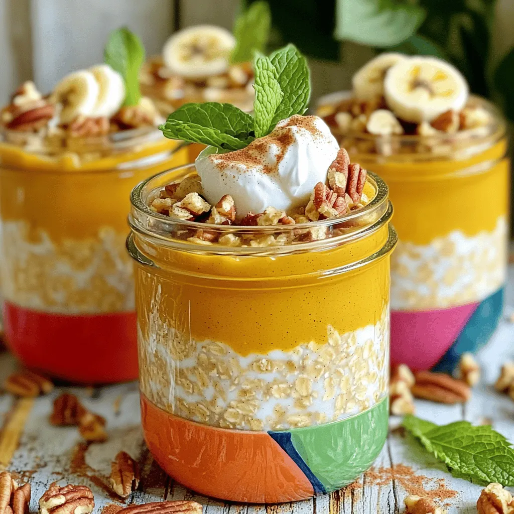 Für dieses Rezept benötigst du ein paar einfache Zutaten. Sie sind leicht zu finden und machen den Geschmack großartig. Hier sind die Grundzutaten: - 1 Tasse Haferflocken (grob) - 1 Tasse Mandelmilch (oder eine andere Milch nach Wahl) - 1/2 Tasse Kürbispüree aus der Dose - 1 Esslöffel Ahornsirup (nach Geschmack anpassen) - 1 Teelöffel Kürbisgewürzmischung (oder eine Mischung aus Zimt, Muskatnuss und Ingwer) - 1/2 Teelöffel Vanilleextrakt - 1 Esslöffel Chiasamen (optional für zusätzliche Textur) - Eine Prise Salz Diese Zutaten geben den Haferflocken ihren leckeren Geschmack. Das Kürbispüree ist der Star. Es sorgt für die cremige Textur und den herbstlichen Geschmack. Du kannst deine Haferflocken noch besser machen, indem du Toppings hinzufügst. Hier sind einige tolle Ideen: - Gehackte Pekannüsse - In Scheiben geschnittene Banane - Ein Klecks griechischer Joghurt - Ein Hauch von Zimt oder Muskatnuss Mit diesen Extras bekommst du mehr Textur und Geschmack. Experimentiere mit verschiedenen Kombinationen, um deine perfekte Mischung zu finden. Die Nährwerte variieren je nach den Zutaten, die du verwendest. Hier sind einige allgemeine Informationen: - Kalorien: Etwa 250 pro Portion (ohne Toppings) - Protein: 8g - Kohlenhydrate: 40g - Fett: 6g Diese Haferflocken sind nahrhaft und gesund. Sie bieten dir einen guten Start in den Tag. Für mehr Details zu den Nährwerten, schau dir das [Full Recipe] an. Zuerst sammeln wir alle Zutaten. Hier ist, was du brauchst: - 1 Tasse Haferflocken (grob) - 1 Tasse Mandelmilch (oder eine andere Milch nach Wahl) - 1/2 Tasse Kürbispüree aus der Dose - 1 Esslöffel Ahornsirup (nach Geschmack anpassen) - 1 Teelöffel Kürbisgewürzmischung (oder eine Mischung aus Zimt, Muskatnuss und Ingwer) - 1/2 Teelöffel Vanilleextrakt - 1 Esslöffel Chiasamen (optional für zusätzliche Textur) - Eine Prise Salz - Toppings: gehackte Pekannüsse, in Scheiben geschnittene Banane oder ein Klecks griechischer Joghurt Sorge dafür, dass alles frisch ist. Das macht einen großen Unterschied. Nimm eine mittelgroße Rührschüssel. Gib die Haferflocken, Mandelmilch und Kürbispüree hinein. Füge den Ahornsirup, die Kürbisgewürzmischung, den Vanilleextrakt, die Chiasamen und das Salz hinzu. Rühre alles gut um, bis es gleichmäßig vermischt ist. Du kannst die Konsistenz anpassen, je nach deinem Geschmack. Teile die Mischung gleichmäßig auf zwei luftdichte Behälter oder Gläser auf. Verschließe sie gut und stelle sie über Nacht in den Kühlschrank. Die Haferflocken brauchen Zeit, um die Flüssigkeit aufzunehmen und die Aromen zu verbinden. Mindestens vier Stunden sind nötig. Am Morgen rührst du die Haferflocken gut um. Wenn sie zu dick sind, füge einfach etwas mehr Mandelmilch hinzu. Toppe sie nach Belieben mit gehackten Pekannüssen, in Scheiben geschnittenen Bananen oder einem Klecks griechischem Joghurt. So erhältst du zusätzlichen Geschmack und Textur. Für mehr Details schaue dir das Full Recipe an. Um die perfekte Konsistenz für deine Kürbisgewürz Übernacht Haferflocken zu erreichen, ist die richtige Menge Flüssigkeit wichtig. Die Haferflocken nehmen die Flüssigkeit auf und quellen über Nacht. Wenn du eine dickere Textur magst, verwende weniger Milch. Für eine cremigere Konsistenz, füge mehr Mandelmilch hinzu. Rühre die Mischung gut um, bevor du sie in den Kühlschrank stellst. Du kannst deinen Haferflocken viele verschiedene Geschmäcker verleihen. Probiere verschiedene Milchsorten aus, wie Hafer- oder Kokosmilch. Für mehr Süße, füge mehr Ahornsirup hinzu oder benutze Honig. Du kannst auch die Gewürze anpassen. Wenn du mehr Zimt liebst, dann gib einfach mehr dazu. Füge Nüsse oder Samen für zusätzlichen Crunch hinzu. Präsentation ist wichtig, um das Gericht ansprechend zu machen. Verwende bunte Gläser, um die Haferflocken zu servieren. Die Farben machen das Essen lebendiger. Garnieren mit einer Prise Zimt oder einem Minzzweig sieht toll aus. Du kannst auch frisches Obst oder Joghurt oben drauf geben. Das macht das Gericht nicht nur schön, sondern auch lecker. {{image_4}} Es gibt viele Wege, Kürbisgewürz Übernacht Haferflocken zu genießen. Sie können die Basis beibehalten und verschiedene Zutaten hinzufügen. Zum Beispiel, fügen Sie Schokoladenstückchen oder Trockenfrüchte hinzu. Diese Zutaten machen das Frühstück süßer und bunter. Auch Nüsse oder Samen bringen einen tollen Crunch. Probieren Sie, die Haferflocken mit griechischem Joghurt zu mischen. Das gibt mehr Cremigkeit. Wenn Sie kein Kürbispüree mögen, gibt es tolle Alternativen. Apfelmus ist eine gute Wahl. Es gibt einen süßen Geschmack und ist gesund. Auch Bananenpüree funktioniert gut. Es macht die Mischung sehr cremig. Für einen tropischen Twist können Sie Mangopüree verwenden. So haben Sie ein ganz neues Frühstückserlebnis. Experimentieren Sie mit verschiedenen Obstsorten, um Ihren Favoriten zu finden. Für eine pflanzliche und proteinreiche Variante, verwenden Sie Hafermilch statt Mandelmilch. Das erhöht den Nährwert. Sie können auch Erdnussbutter oder Mandelbutter hinzufügen. Diese bringen gesunde Fette und mehr Protein. Wenn Sie eine glutenfreie Option benötigen, nutzen Sie glutenfreie Haferflocken. So bleibt das Rezept für alle geeignet. Diese Anpassungen machen Ihre Haferflocken nicht nur lecker, sondern auch nahrhaft. Über Nacht Haferflocken sind einfach zu lagern. Du kannst sie in luftdichten Behältern aufbewahren. Gläser oder Plastikbehälter eignen sich gut. Stelle sicher, dass die Behälter fest verschlossen sind. Das schützt die Haferflocken vor Luft und Feuchtigkeit. Lagere sie im Kühlschrank. So bleiben sie frisch und lecker. Im Kühlschrank halten sich die Haferflocken gut für etwa drei Tage. Nach dieser Zeit können sie an Geschmack verlieren. Überprüfe die Haferflocken vor dem Essen. Wenn sie seltsam riechen oder aussehen, schmeiß sie weg. Es ist besser, auf Nummer sicher zu gehen. Du willst schließlich nur das Beste genießen. Wenn du die Haferflocken länger lagern möchtest, kannst du sie einfrieren. Fülle die Mischung in gefriergeeignete Behälter. Achte darauf, etwas Platz zu lassen, damit die Mischung sich ausdehnen kann. Im Gefrierfach halten sie bis zu drei Monate. Wenn du sie essen möchtest, lasse sie einfach über Nacht im Kühlschrank auftauen. So bleiben sie lecker und frisch. Ja, du kannst andere Milchsorten verwenden. Mandelmilch ist eine gute Wahl, aber auch Sojamilch, Hafermilch oder Kuhmilch funktionieren gut. Das Rezept bleibt lecker, egal welche Milch du wählst. Achte darauf, ungesüßte Varianten zu verwenden, wenn du den Zuckergehalt niedrig halten möchtest. Die über Nacht Haferflocken bleiben im Kühlschrank etwa 3 bis 5 Tage frisch. Sie sind perfekt für ein schnelles Frühstück. Wenn du sie länger aufbewahren möchtest, achte darauf, sie in einem luftdichten Behälter zu lagern. Nach ein paar Tagen kann die Konsistenz dicker werden. Füge einfach etwas mehr Milch hinzu, um sie wieder cremig zu machen. Ja, dieses Rezept ist vegan. Verwende einfach pflanzliche Milch und lasse tierische Produkte weg. Du kannst auch die Chiasamen weglassen, wenn du möchtest. Die Haferflocken sind nahrhaft und voller Geschmack. So kannst du ein gesundes Frühstück genießen, das zu deinem Lebensstil passt. Wenn du mehr über Ernährung wissen willst, schau dir das [Full Recipe] an. Einfache und leckere Kürbisgewürz Übernacht Haferflocken machen Freude. Wir haben die Zutaten, Zubereitung und Nährwerte behandelt. Tipps helfen dir, die perfekte Konsistenz zu erreichen. Du kannst das Rezept anpassen und variieren. Lagere deine Haferflocken richtig für lange Frische. Mit diesen Ideen wird Frühstück nie langweilig. Probiere verschiedene Geschmäcker aus und finde deinen Favoriten. Jetzt ist es an der Zeit, kreativ zu werden und deine eigenen Versionen zu testen!