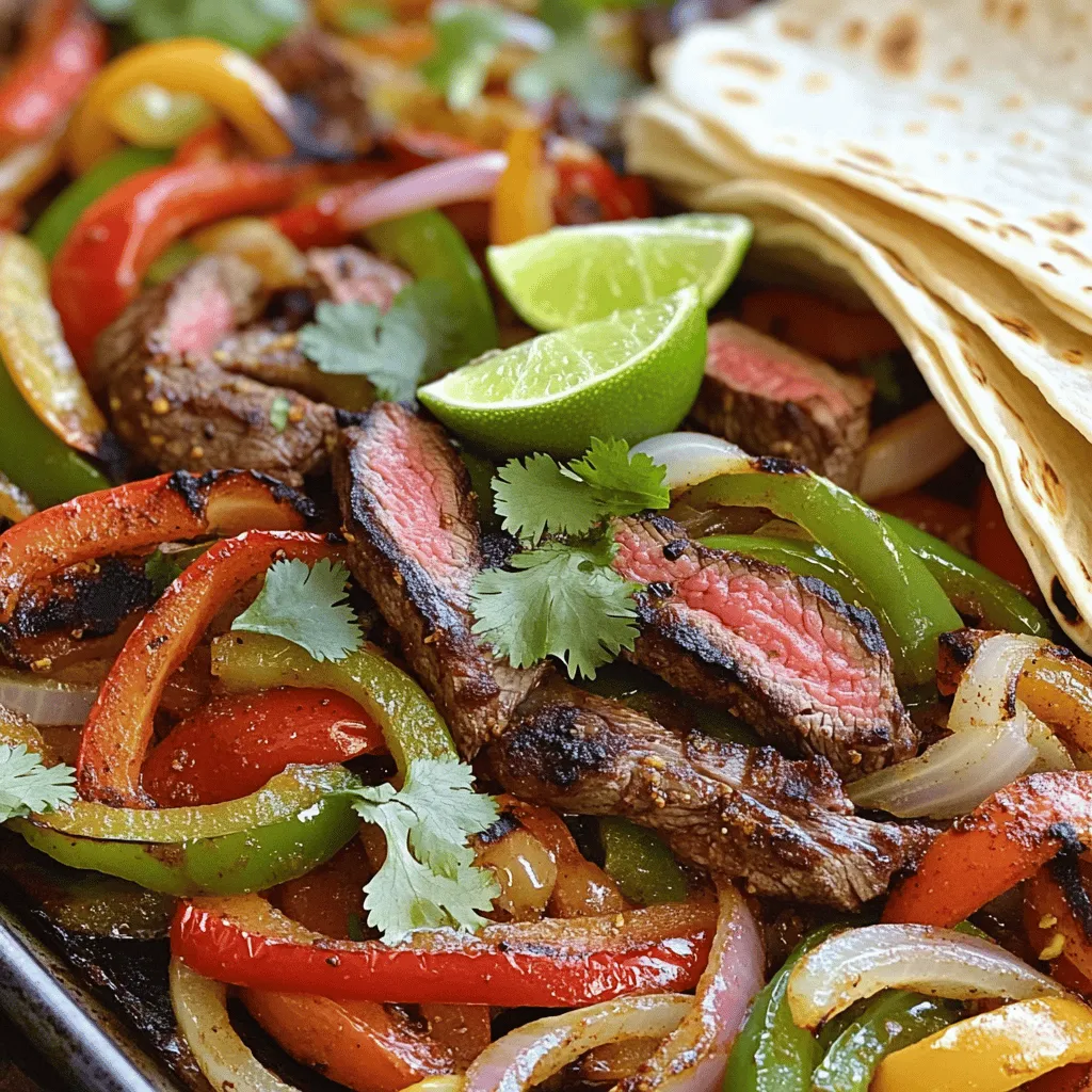 - 680 g Flanksteak - 2 Paprika (eine rote, eine grüne) - 1 große Zwiebel Die Hauptzutaten sind einfach und frisch. Das Flanksteak bietet einen tollen Geschmack. Wenn du es in dünne Streifen schneidest, wird es zart. Die Paprika bringen Farbe und Süße. Eine rote und eine grüne Paprika sind perfekt. Sie machen die Fajitas schön bunt. Die große Zwiebel fügt einen süßen, herzhaften Geschmack hinzu. - Olivenöl - Chilipulver, Kreuzkümmel, geräuchertes Paprikapulver - Knoblauch- und Zwiebelpulver Für die Gewürze nutze ich oft Chilipulver. Es gibt den Fajitas Schärfe. Kreuzkümmel bringt einen warmen, erdigen Geschmack. Geräuchertes Paprikapulver fügt ein rauchiges Aroma hinzu. Knoblauch- und Zwiebelpulver runden das Ganze ab. Olivenöl ist wichtig, um alles zusammenzubringen und zu braten. - Limettensaft - Frischer Koriander - Warme Tortillas Limettensaft macht die Fajitas frisch und spritzig. Frischer Koriander sorgt für einen tollen Duft und Geschmack. Warme Tortillas sind wichtig, um die Fajitas zu servieren. Sie halten die Füllung zusammen und machen das Essen leichter. Die Kombination der Zutaten macht diese Fajitas zu einer echten Freude. Für das vollständige Rezept kannst du [Full Recipe] nutzen. Heize deinen Ofen auf 232°C vor. Das gibt den Fajitas eine schöne Röstaroma. Während der Ofen warm wird, schneide alle Zutaten. Nimm 680 g Flanksteak und schneide es in dünne Streifen. Dann nimm zwei Paprika, eine rote und eine grüne. Schneide sie in Streifen. Schließlich schneide eine große Zwiebel in Ringe. So hast du alles bereit. Gib die geschnittenen Zutaten in eine große Schüssel. Füge das Flanksteak, die Paprika und die Zwiebel hinzu. Jetzt kommt der spaßige Teil! Träufle 2 Esslöffel Olivenöl über die Mischung. Dann streue die Gewürze hinzu: 2 Teelöffel Chilipulver, 1 Teelöffel gemahlenen Kreuzkümmel, 1 Teelöffel geräuchertes Paprikapulver, 1/2 Teelöffel Knoblauchpulver und 1/2 Teelöffel Zwiebelpulver. Vergiss nicht, Salz und Pfeffer nach Geschmack hinzuzufügen. Mische alles gut. So sind die Gewürze gleichmäßig verteilt. Verteile die Mischung gleichmäßig auf dem Backblech. Achte darauf, dass die Mischung in einer einzigen Schicht liegt. So rösten die Fajitas gleichmäßig. Schiebe das Backblech in den heißen Ofen. Röste die Fajitas für 20 bis 25 Minuten. Rühre die Mischung nach etwa 10 Minuten um. So wird das Steak zart und das Gemüse schön gebräunt. Wenn alles fertig ist, drücke den Saft von einer Limette darüber. Das gibt einen frischen Kick! Garnier die Fajitas mit frischem Koriander. Serviere sie warm mit warmen Tortillas. Für das vollständige Rezept, schau dir die [Full Recipe] an. Um die Gewürze anzupassen, probiere verschiedene Mengen aus. Du kannst mehr Chilipulver für einen scharfen Kick nehmen. Wenn du es mild magst, reduziere die Menge. Das gleiche gilt für Kreuzkümmel und Paprika. Frische Kräuter wie Koriander bringen mehr Geschmack. Du kannst auch frischen Oregano oder Petersilie hinzufügen, um die Fajitas zu verfeinern. Die optimale Garzeit für das Steak beträgt 20 bis 25 Minuten. Achte darauf, das Gemüse zart und leicht angebräunt zu haben. Überwache die Temperatur im Ofen. Halte ihn immer bei 232°C (450°F). Ein Fleischthermometer hilft dir, den perfekten Gargrad zu erreichen. Richte die Fajitas auf einer großen Platte an. Lege die warmen Tortillas daneben. Dekoriere das Gericht mit Limettenscheiben und frischem Koriander. Dies sorgt für eine schöne Optik. Verwende frische Zutaten für eine ansprechende Präsentation. So macht das Essen gleich mehr Spaß! {{image_4}} Wenn du Steak nicht magst, probiere Hühnchen oder Schweinefleisch. Beide Fleischsorten eignen sich gut als Füllung. Sie sind zart und schmecken köstlich mit den Gewürzen. Für eine vegetarische Option kannst du Tofu oder Pilze verwenden. Tofu nimmt die Aromen gut auf und wird schön knusprig. Pilze bringen einen herzhaften Geschmack. Sie sind eine tolle Wahl für alle, die auf Fleisch verzichten möchten. Um den Geschmack zu verändern, experimentiere mit Gewürzen. Füge etwas Paprika oder Oregano hinzu. Du kannst auch frische Kräuter wie Koriander verwenden. Marinaden sind eine weitere Möglichkeit, um zusätzlichen Geschmack zu erzielen. Eine einfache Marinade aus Limettensaft, Olivenöl und Gewürzen macht das Fleisch saftig und aromatisch. Lass das Fleisch mindestens eine Stunde marinieren, um die Aromen gut einziehen zu lassen. Zu Fajitas passen viele Beilagen gut. Reis, Bohnen oder ein frischer Salat sind ideal. Sie machen die Mahlzeit sättigender. Dips wie Guacamole, Salsa oder Sauerrahm sind perfekte Begleiter. Sie bringen Frische und Cremigkeit. Wenn du etwas mehr Crunch magst, füge Nachos hinzu. Sie sind ein toller Snack, um das Ganze abzurunden. Für das vollständige Rezept, schau dir die [Full Recipe] an. Nach dem Genießen der Sheet Pan Steak Fajitas sollten Reste richtig aufbewahrt werden. Lagern Sie die Fajitas in einem luftdichten Behälter. So bleiben sie frisch. Im Kühlschrank halten sie etwa drei bis vier Tage. Achten Sie darauf, dass die Mischung gut verschlossen ist. Dadurch bleibt der Geschmack erhalten. Einfrieren ist eine gute Möglichkeit, um Fajitas länger haltbar zu machen. Lassen Sie die Mischung zuerst abkühlen. Teilen Sie sie dann in Portionen. Legen Sie die Portionen in gefriergeeignete Beutel. Entfernen Sie so viel Luft wie möglich. So bleibt die Qualität hoch. Zum Auftauen legen Sie die gefrorenen Fajitas einfach über Nacht in den Kühlschrank. Erwärmen Sie sie dann in einer Pfanne oder Mikrowelle. Mit übrig gebliebenen Fajitas können Sie kreativ sein. Hier sind einige Ideen: - Machen Sie Wraps mit Tortillas oder Fladenbrot. - Fügen Sie die Fajitas zu einem Salat hinzu. - Verwenden Sie die Mischung für eine herzhafte Frittata. - Mischen Sie sie mit Reis oder Quinoa für ein schnelles Mittagessen. Diese Optionen machen die Reste spannend und lecker. Die Fajitas bleiben im Kühlschrank etwa 3 bis 4 Tage frisch. Lagern Sie sie in einem luftdichten Behälter. Für längere Haltbarkeit können Sie die Fajitas einfrieren. Sie halten sich im Gefrierfach bis zu 3 Monate. Achten Sie darauf, sie gut zu verpacken, um Gefrierbrand zu vermeiden. Ja, Sie können die Fajitas im Voraus zubereiten. Schneiden Sie das Fleisch und das Gemüse am Vortag. Lagern Sie alles im Kühlschrank. Mischen Sie die Gewürze erst kurz vor dem Kochen. So bleiben die Aromen frisch. Wenn Sie bereit sind, können Sie sie einfach rösten. Wählen Sie Beilagen, die gut zu Fajitas passen. Warme Tortillas sind ein Muss. Guacamole, Salsa und Sauerrahm ergänzen die Fajitas perfekt. Ein frischer Salat oder Reis passen auch gut dazu. Für Getränke sind Margaritas oder Limonade eine tolle Wahl. Sie runden das Essen ab und bringen Freude. Sheet Pan Steak Fajitas sind einfach zuzubereiten und lecker. Wir haben die besten Zutaten, Gewürze und Tipps besprochen. Du kannst die Fajitas nach deinem Geschmack anpassen und sogar Reste kreativ nutzen. Achte auf Garzeiten und präsentiere sie schön für deine Gäste. Denke daran, dass du auch Variationen mit anderem Fleisch oder vegetarischen Optionen ausprobieren kannst. Fajitas sind vielseitig und ein echter Genuss für jeden Anlass.