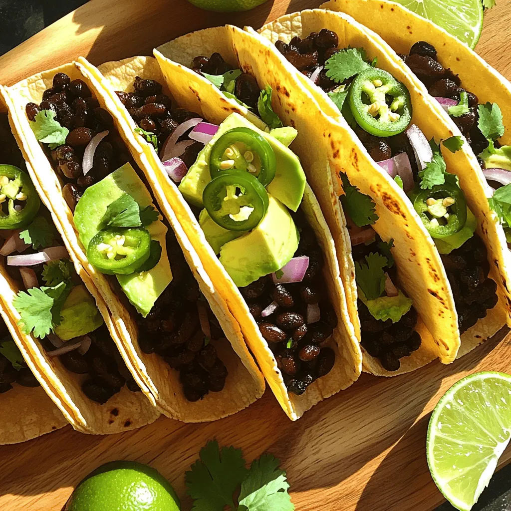 Für diese leckeren Tacos benötigst du einige einfache Zutaten. Hier sind sie: - 2 Tassen schwarze Bohnen aus der Dose, gut abgetropft und abgespült - 1 mittelgroße rote Zwiebel, fein gehackt - 2 Knoblauchzehen, fein gehackt - 1 Jalapeño, fein gewürfelt (Kerne für weniger Schärfe entfernen) - 1 Teelöffel gemahlener Kreuzkümmel - 1 Teelöffel geräuchertes Paprikapulver - 1 Teelöffel Chilipulver - 1 Esslöffel Olivenöl - Salz und Pfeffer nach Geschmack - 8 kleine Maistortillas Diese Zutaten liefern den Grundgeschmack für die Tacos. Die schwarzen Bohnen sind nahrhaft und geben dir viel Energie. Die Gewürze machen das Gericht besonders. Hier sind die wichtigen Gewürze: - Gemahlener Kreuzkümmel - Geräuchertes Paprikapulver - Chilipulver Kreuzkümmel gibt den Bohnen einen warmen, erdigen Geschmack. Geräuchertes Paprikapulver fügt eine leichte Rauchigkeit hinzu. Chilipulver bringt die richtige Schärfe. Diese Gewürze sind entscheidend für das Aroma deiner Tacos. Die Toppings machen die Tacos noch besser. Hier sind einige Ideen: - 1 Avocado, in Scheiben geschnitten - Frischer Koriander, gehackt (zum Garnieren) - Limettenviertel (zum Servieren) Die Avocado macht die Tacos cremig. Koriander bringt einen frischen Geschmack. Limetten verleihen einen spritzigen Kick. Diese Toppings sind nicht nur lecker, sondern auch gesund. Für die vollständige Zubereitung, schau dir das Full Recipe an. Um die würzigen schwarzen Bohnen-Tacos zu machen, beginne mit der Vorbereitung der Zutaten. Du brauchst: - 2 Tassen schwarze Bohnen aus der Dose, gut abgetropft und abgespült - 1 mittelgroße rote Zwiebel, fein gehackt - 2 Knoblauchzehen, fein gehackt - 1 Jalapeño, fein gewürfelt (Kerne für weniger Schärfe entfernen) - 1 Teelöffel gemahlener Kreuzkümmel - 1 Teelöffel geräuchertes Paprikapulver - 1 Teelöffel Chilipulver - 1 Esslöffel Olivenöl - Salz und Pfeffer nach Geschmack - 8 kleine Maistortillas - 1 Avocado, in Scheiben geschnitten - Frischer Koriander, gehackt (zum Garnieren) - Limettenviertel (zum Servieren) Stelle sicher, dass alles bereit ist. Es hilft, die Arbeit schneller zu machen. Erhitze das Olivenöl in einer mittleren Pfanne bei mittlerer Hitze. Füge die gehackte rote Zwiebel hinzu. Brate sie, bis sie durchscheinend ist, etwa 5 Minuten. Rühre dann den gehackten Knoblauch und die gewürfelte Jalapeño ein. Koche die Mischung für weitere 2 Minuten. Jetzt kommen die schwarzen Bohnen, der gemahlene Kreuzkümmel, das geräucherte Paprikapulver und das Chilipulver dazu. Vermische alles gut. Koche die Mischung 5-7 Minuten lang, bis die Bohnen warm sind. Schmecke die Mischung mit Salz und Pfeffer ab. Während die Bohnenmischung kocht, erwärme die Maistortillas in einer trockenen Pfanne. Mache das bei mittlerer Hitze für etwa 30 Sekunden auf jeder Seite. Die Tortillas sollten warm und geschmeidig sein. Jetzt kommt der beste Teil! Richte die Tacos an. Nimm eine Tortilla und löffle eine großzügige Menge der würzigen Bohnenmischung darauf. Belege die Tacos mit Scheiben von Avocado. Bestreue sie mit gehacktem Koriander. Serviere die Tacos mit Limettenvierteln an der Seite. Diese kannst du über die Tacos drücken. Du kannst den vollen Rezeptablauf in der "Full Recipe" finden. Um die Tacos noch schärfer zu machen, füge mehr Jalapeños hinzu. Du kannst auch frische Chilis verwenden. Eine Prise Cayennepfeffer macht den Geschmack spannend. Denke daran, den Schärfegrad nach deinem Geschmack anzupassen. Experimentiere mit verschiedenen scharfen Soßen. Diese können den Tacos einen tollen Kick verleihen. Erwärme die Tortillas gut, damit sie weich und geschmeidig werden. Nutze eine trockene Pfanne auf mittlerer Hitze. Wende die Tortillas nach 30 Sekunden. So bleiben sie frisch und lecker. Alternativ kannst du sie auch im Ofen aufwärmen. Wickele die Tortillas in Folie und lege sie bei 180 Grad für 10 Minuten hinein. Ein häufiger Fehler ist, die Bohnen zu lange zu kochen. Achte darauf, sie nur zu erhitzen. Wenn du die Gewürze nicht abwiegst, kann der Geschmack unausgewogen werden. Teste die Mischung vor dem Servieren. Überfülle die Tortillas nicht, sonst wird es messy. Halte die Tacos einfach, damit die Aromen glänzen. Für die beste Erfahrung, folge dem Full Recipe. {{image_4}} Würzige schwarze Bohnen-Tacos können einfach vegetarisch oder vegan sein. Die Hauptzutaten sind bereits pflanzlich. Verwende einfach die angegebenen Zutaten. Du kannst auch zusätzlich Gemüse wie Paprika oder Zucchini hinzufügen. Diese Gemüsesorten geben den Tacos mehr Textur und Geschmack. Für eine cremige Note füge vegane Sour Cream oder einen Joghurt-Ersatz hinzu. Wenn du keine schwarzen Bohnen magst, gibt es viele Alternativen. Kidneybohnen sind eine gute Wahl, da sie ähnliche Textur und Geschmack bieten. Weiße Bohnen sind ebenfalls eine leckere Option. Du kannst auch Kichererbsen verwenden, um einen anderen Geschmack zu erzielen. Jede Bohnenart hat ihre eigene Note, die die Tacos interessant macht. Die Wahl der Tortilla beeinflusst den Geschmack der Tacos. Maistortillas sind klassisch, aber Weizentortillas bieten eine weichere Textur. Du kannst auch glutenfreie Tortillas verwenden, wenn du glutenfrei leben möchtest. Experimentiere mit Tortillas aus Süßkartoffeln oder Blumenkohl für einen besonderen Twist. Dadurch wird dein Taco-Erlebnis noch aufregender! Für das vollständige Rezept und weitere Ideen, schau dir die gesamte Rezeptbeschreibung an. Um übrig gebliebene schwarze Bohnen aufzubewahren, lasse sie zuerst abkühlen. Fülle die Bohnen in einen luftdichten Behälter. Du kannst auch eine Frischhaltefolie verwenden. Stelle sicher, dass sie gut verschlossen sind. So bleiben sie frisch und schmackhaft. Du kannst sie im Kühlschrank lagern. Dort halten sie sich bis zu fünf Tage. Wenn du die Bohnen länger aufbewahren willst, friere sie ein. So bleiben sie bis zu drei Monate haltbar. Lagere Tortillas in einem Plastiktüten oder einem luftdichten Behälter. Achte darauf, dass sie trocken sind. Das verhindert, dass sie schimmeln. Du kannst sie auch in Alufolie wickeln. So bleiben sie frisch. Wenn du sie länger aufbewahren möchtest, friere sie ein. Wenn du sie brauchst, lasse sie bei Raumtemperatur auftauen. Schwarze Bohnen bleiben im Kühlschrank bis zu fünf Tage haltbar. Im Gefrierschrank kannst du sie bis zu drei Monate lagern. Tortillas halten sich im Kühlschrank etwa eine Woche. Im Gefrierschrank sind sie bis zu drei Monate gut. Wenn du die Bohnen oder Tortillas länger aufbewahren möchtest, achte auf das Verfallsdatum. So kannst du sicherstellen, dass sie frisch und lecker bleiben. Die Zubereitung und das Kochen dauern insgesamt nur 20 Minuten. Du brauchst 10 Minuten für die Vorbereitung der Zutaten. Das Kochen der Bohnenmischung nimmt etwa 10 Minuten in Anspruch. Diese schnelle Zeit macht die Tacos ideal für ein schnelles Abendessen oder einen Snack. Ja, du kannst die Bohnen im Voraus zubereiten. Koche sie einen Tag vorher, und bewahre sie im Kühlschrank auf. Du kannst die Bohnen auch einfrieren. So hast du eine schnelle Mahlzeit zur Hand, wann immer du Lust auf Tacos hast. Zu den Tacos passen viele Beilagen gut. Hier sind einige einfache Ideen: - Reis mit Koriander und Limette - Guacamole oder Salsa - Gegrilltes Gemüse - Salat mit frischen Tomaten und Avocado Diese Beilagen ergänzen den Geschmack und machen das Essen noch interessanter. Probiere verschiedene Kombinationen aus, um deine Lieblingsbeilagen zu finden. In diesem Artikel haben wir die Zutaten und die Zubereitung für würzige schwarze Bohnen-Tacos behandelt. Wir haben die Hauptzutaten, Gewürze und verschiedene Toppings erklärt. Außerdem gab es Tipps zur Zubereitung und Lagerung. Tacos können leicht angepasst werden, um jedem Geschmack gerecht zu werden. Du kannst mit dieser Anleitung deine eigenen leckeren Tacos zubereiten. Probiere verschiedene Variationen aus und genieße deine Kreationen. Guten Appetit!