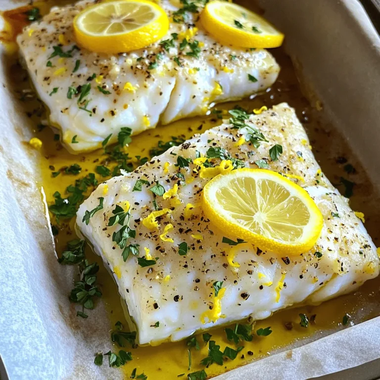 Für Baked Lemon Herb Cod brauchst du frische und einfache Zutaten. Hier sind die Hauptzutaten: - 4 Kabeljaufilets (etwa 170 g pro Stück) - 2 Esslöffel Olivenöl - 2 Zitronen (eine für die Schale und den Saft, eine in Scheiben) - 3 Knoblauchzehen, fein gehackt Diese Zutaten geben dem Fisch einen frischen Geschmack. Der Kabeljau ist zart und nimmt die Aromen gut auf. Die Gewürze sind wichtig für den Geschmack. Hier sind die notwendigen Gewürze: - 1 Teelöffel getrockneter Oregano - 1 Teelöffel getrockneter Thymian - 1 Teelöffel Paprika - Salz und Pfeffer nach Geschmack Diese Gewürze bringen den Fisch zum Leben. Sie verleihen ihm das richtige Aroma und eine schöne Farbe. Frische Kräuter machen das Gericht noch besser. Hier sind einige Vorschläge: - Petersilie - Dill - Schnittlauch Du kannst die frischen Kräuter nach deinem Geschmack wählen. Sie bringen mehr Frische und Farbe auf den Teller. Frische Kräuter sind eine tolle Ergänzung zu deinem Baked Lemon Herb Cod. Für das vollständige Rezept, schau dir den Abschnitt [Full Recipe](#) an. Zuerst heize deinen Ofen auf 200°C vor. Das sorgt dafür, dass der Kabeljau gleichmäßig gart. Dann nimm eine Auflaufform und lege sie mit Backpapier aus. So wird die Reinigung danach viel einfacher. Bereite alle Zutaten vor: den Kabeljau, das Olivenöl, die Zitronen, den Knoblauch, die Gewürze und die frische Petersilie. Diese Schritte helfen dir, alles schnell zur Hand zu haben. Jetzt ist es Zeit, die Marinade zu machen. Nimm eine kleine Schüssel und vermenge das Olivenöl mit dem gehackten Knoblauch. Füge dann die Schale und den Saft von einer Zitrone hinzu. Diese Mischung gibt dem Fisch einen tollen Geschmack. Jetzt kommen die Gewürze: Oregano, Thymian und Paprika. Vergiss nicht, Salz und Pfeffer nach Geschmack hinzuzufügen. Rühre alles gut um, bis die Marinade gleichmäßig aussieht. Lege die Kabeljaufilets in die vorbereitete Form. Gieße die Marinade gleichmäßig über die Filets. Achte darauf, dass sie gut beschichtet sind. Lege dann die Zitronenscheiben auf jeden Filet. Diese geben extra Frische. Jetzt kommt der beste Teil: Backe den Kabeljau im Ofen für 15 bis 20 Minuten. Er ist fertig, wenn er undurchsichtig ist und sich leicht mit einer Gabel zerteilen lässt. Lass die Filets nach dem Backen kurz ruhen und garniere sie mit frischer Petersilie. Du kannst das Gericht mit gedämpftem Gemüse servieren. So sieht es toll aus und schmeckt noch besser. Kabeljau ist ein zartes Fischfilet. Um ihn perfekt zu backen, achte auf die Temperatur. Heize deinen Ofen immer auf 200°C vor. Das hilft dem Fisch, gleichmäßig zu garen. Lege die Filets in eine gefettete Form. Gieße die Marinade gleichmäßig darüber. So zieht der Geschmack gut ein. Backe den Kabeljau 15 bis 20 Minuten. Prüfe, ob er undurchsichtig ist. Du kannst mit einer Gabel testen, ob er sich leicht zerteilen lässt. Wenn ja, ist er perfekt. Um Baked Lemon Herb Cod zuzubereiten, benötigst du einige Kochutensilien: - Eine Auflaufform - Backpapier - Eine kleine Schüssel - Einen Schneebesen oder Löffel - Ein scharfes Messer - Ein Schneidebrett Diese Utensilien machen die Zubereitung leicht und schnell. Einige Fehler passieren oft beim Backen von Kabeljau. Hier sind die häufigsten: - Zu hohe Temperatur: Wenn der Ofen zu heiß ist, kann der Fisch trocken werden. - Unzureichende Marinade: Stelle sicher, dass der Kabeljau gut mariniert ist. So bleibt er saftig. - Zu langes Backen: Überwache die Garzeit genau. Ein paar Minuten zu viel können den Fisch ruinieren. Vermeide diese Fehler, um ein köstliches Gericht zu genießen. Du wirst sehen, wie einfach es ist, Baked Lemon Herb Cod zuzubereiten. Probiere auch das vollständige Rezept für mehr Details. {{image_4}} Du kannst viele verschiedene Fische für dieses Rezept verwenden. Lachs bietet einen reichhaltigen Geschmack und eine schöne Textur. Forelle ist eine weitere tolle Wahl, die zart und lecker ist. Auch Tilapia passt gut zu den Aromen der Marinade. Denk daran, die Backzeit je nach Fisch anzupassen. Dickere Filets brauchen länger, dünnere weniger Zeit. Die Marinade ist einfach zu variieren. Du kannst frische Kräuter wie Basilikum oder Dill hinzufügen. Diese Kräuter bringen frische Aromen ins Spiel. Für mehr Schärfe füge eine Prise Cayennepfeffer hinzu. Wenn du es süßer magst, probiere Honig oder Ahornsirup. Diese kleinen Anpassungen machen dein Gericht einzigartig. Beilagen sind wichtig, um das Gericht zu vervollständigen. Gedämpftes Gemüse ist eine gesunde und leckere Wahl. Brokkoli, grüne Bohnen oder Karotten passen gut dazu. Auch ein frischer Salat mit Zitronen-Vinaigrette ist toll. Für etwas Herzhaftes serviere Reis oder Quinoa. Diese Beilagen ergänzen den Geschmack des Kabeljaus perfekt. Wenn du mehr Ideen brauchst, schau dir das Full Recipe an. Wenn du etwas Kabeljau übrig hast, lagere ihn in einem luftdichten Behälter. So bleibt der Fisch frisch. Du kannst ihn bis zu drei Tage im Kühlschrank aufbewahren. Stelle sicher, dass der Fisch gut abgedeckt ist, um Gerüche zu vermeiden. Um den Kabeljau wieder aufzuwärmen, benutze den Ofen. Stelle ihn auf 180°C ein. Lege die Filets auf ein Backblech und decke sie mit Alufolie ab. So bleibt der Fisch saftig. Erwärme ihn für etwa 10 Minuten. Du kannst auch die Mikrowelle nutzen, aber die Textur kann sich verändern. Im Kühlschrank hält sich der Kabeljau drei Tage. Wenn du ihn länger aufbewahren möchtest, friere ihn ein. Verpacke die Filets in Frischhaltefolie und lege sie in einen Gefrierbeutel. So bleibt der Geschmack bis zu drei Monate erhalten. Denke daran, den Fisch vor dem Kochen im Kühlschrank aufzutauen. Für die vollständige Anleitung, wie du diesen köstlichen Kabeljau zubereiten kannst, schau dir das [Full Recipe] an. Ja, Kabeljau ist sehr gesund. Er hat wenig Fett und viele Nährstoffe. Kabeljau enthält viel Protein, was gut für Muskeln ist. Er hat auch wichtige Vitamine wie B12. Diese Vitamine helfen deinem Körper, Energie zu gewinnen. Außerdem enthält Kabeljau Omega-3-Fettsäuren. Diese Fette fördern ein gesundes Herz. Wenn du auf deine Gesundheit achtest, ist Kabeljau eine gute Wahl. Kabeljau muss etwa 15-20 Minuten gebacken werden. Die genaue Zeit hängt von der Dicke der Filets ab. Du weißt, dass der Kabeljau fertig ist, wenn er undurchsichtig wird. Ein guter Test ist, mit einer Gabel in den Fisch zu stechen. Wenn er leicht zerfällt, ist er perfekt. Achte darauf, den Ofen auf 200°C vorzuheizen. So wird der Fisch gleichmäßig gegart. Ja, du kannst die Marinade im Voraus machen. Das spart Zeit und macht die Zubereitung einfacher. Stelle die Marinade einfach in den Kühlschrank. Du kannst sie bis zu 24 Stunden vorher vorbereiten. So können die Aromen gut durchziehen. Es ist eine tolle Möglichkeit, den Geschmack zu intensivieren. Wenn du bereit bist, den Kabeljau zu backen, nimm die Marinade einfach heraus. Gieße sie über die Filets und backe sie wie im Full Recipe beschrieben. In diesem Artikel haben wir die besten Zutaten für gebackenen Kabeljau mit Zitrone und Kräutern besprochen. Sie wissen jetzt, welche Gewürze und frischen Kräuter perfekt dazu passen. Ich habe Ihnen gezeigt, wie Sie Schritt für Schritt ein köstliches Gericht zubereiten können. Verschiedene Variationen und nützliche Tipps helfen Ihnen, Fehler zu vermeiden. Denken Sie daran, auch die Lager- und Aufbewahrungstipps zu beachten. So bleibt Ihr Kabeljau frisch und lecker. Genießen Sie Ihr Kochen!