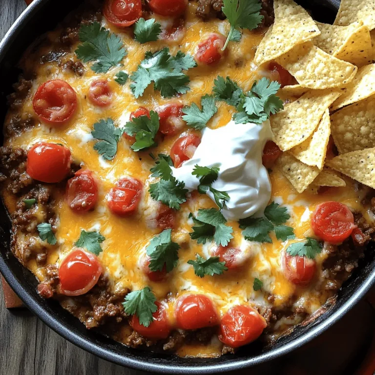 Für die Käse-Laden Taco-Pfanne braucht man einige wichtige Zutaten. Hier ist eine Liste: - 450 g gemischtes Hackfleisch oder Putenhack - 1 Esslöffel Olivenöl - 1 mittelgroße Zwiebel, gewürfelt - 2 Knoblauchzehen, fein gehackt - 1 Päckchen Taco-Gewürz (oder selbstgemacht) - 1 Tasse Maiskörner (gefroren oder aus der Dose) - 1 Dose (425 g) schwarze Bohnen, abgetropft und abgespült - 1 Tasse gewürfelte Tomaten (frisch oder aus der Dose) - 1 Tasse geriebener Cheddar-Käse - 1 Tasse geriebener Monterey Jack Käse - 120 g saure Sahne - 1/4 Tasse frischer Koriander, gehackt (zum Garnieren) - Tortilla-Chips (zum Servieren) Jede Zutat bringt ihren eigenen Geschmack ein. Das Hackfleisch gibt einen tollen Grundgeschmack. Die Bohnen fügen eine schöne Textur hinzu. Der Käse sorgt für das cremige Gefühl, das jeder liebt. Manchmal möchte ich die Taco-Pfanne etwas aufpeppen. Hier sind einige Ideen: - Jalapeños für Schärfe - Avocado für Cremigkeit - Limettensaft für Frische - Salsa für mehr Geschmack Diese Extras machen das Gericht noch besser. Du kannst sie nach deinem Geschmack hinzufügen. Frische Zutaten machen einen großen Unterschied. Hier sind einige Tipps: - Wähle das Hackfleisch mit gutem Fettanteil. Es sorgt für Saftigkeit. - Achte darauf, dass die Bohnen und der Mais frisch sind. Das verbessert den Geschmack. - Kaufe reife Tomaten, wenn du sie frisch verwendest. Sie sind süßer und saftiger. - Prüfe die Zwiebeln auf Festigkeit. Weiche Zwiebeln sind oft alt. Mit frischen Zutaten wird deine Käse-Laden Taco-Pfanne einfach leckerer. Diese Tipps helfen dir, die besten Produkte zu finden. Wenn du die Zutaten bereit hast, bist du bereit für das Kochen! Du findest die vollständige Anleitung im Full Recipe. Beginne mit dem Sammeln aller Zutaten. Du brauchst: - 450 g gemischtes Hackfleisch oder Putenhack - 1 Esslöffel Olivenöl - 1 mittelgroße Zwiebel, gewürfelt - 2 Knoblauchzehen, fein gehackt - 1 Päckchen Taco-Gewürz - 1 Tasse Maiskörner - 1 Dose schwarze Bohnen - 1 Tasse gewürfelte Tomaten - 1 Tasse geriebener Cheddar-Käse - 1 Tasse geriebener Monterey Jack Käse - 120 g saure Sahne - 1/4 Tasse frischer Koriander - Tortilla-Chips Schnell und einfach! Wasche die Bohnen und würfle die Zwiebel. Bereite alle Zutaten vor. So sparst du Zeit beim Kochen. Erhitze das Olivenöl in einer großen Pfanne bei mittlerer Hitze. Füge die gewürfelte Zwiebel hinzu und brate sie etwa 3-4 Minuten lang an. Die Zwiebel soll glasig werden. Dann kommt der Knoblauch. Brate ihn eine weitere Minute, bis er duftet. Jetzt erhöhst du die Hitze und gibst das Hackfleisch in die Pfanne. Brate es, bis es durchgegart ist. Das dauert etwa 6-8 Minuten. Zerbrich das Fleisch mit einem Spatel, damit es gleichmäßig gart. Jetzt mischst du das Taco-Gewürz, den Mais, die Bohnen und die Tomaten unter. Lasse das Ganze 5 Minuten köcheln. So verbinden sich die Aromen gut. Verteile die Mischung gleichmäßig in der Pfanne. Streue den geriebenen Cheddar und den Monterey Jack Käse darüber. Decke die Pfanne ab und lasse sie etwa 5 Minuten kochen. Der Käse soll schön schmelzen. Nach dem Kochen nimm die Pfanne vom Herd. Träufle die saure Sahne darüber. Zum Schluss garnierst du das Gericht mit frischem Koriander. Serviere die Käse-Laden Taco-Pfanne heiß mit Tortilla-Chips. So einfach ist die Zubereitung! Du kannst das Rezept auch in der [Full Recipe] finden. Um die Aromen in deiner Loaded Cheesy Taco Skillet zu verstärken, nutze frische Kräuter. Frischer Koriander bringt einen tollen Geschmack. Limettensaft gibt der Mischung einen frischen Kick. Du kannst auch etwas mehr Taco-Gewürz hinzufügen, wenn du es würziger magst. Ein Spritzer scharfe Soße am Ende macht alles noch besser. Ein häufiger Fehler ist, das Fleisch nicht gut anzubraten. Brate es bis zur goldenen Farbe an. Das gibt mehr Tiefe. Ein weiterer Fehler ist, den Käse zu früh hinzuzufügen. Lass die Mischung zuerst köcheln, bevor du den Käse streust. Dadurch schmilzt der Käse besser. Achte darauf, die Hitze nicht zu hoch zu stellen, damit nichts anbrennt. Serviere die Lade Cheesy Taco Skillet mit Tortilla-Chips. Das gibt einen tollen Crunch. Du kannst auch einen frischen Salat dazu machen. Ein Joghurt-Dip oder Guacamole ergänzen das Gericht perfekt. Für einen zusätzlichen Kick, probiere eingelegte Jalapeños. Sie passen gut zu den milden Aromen der Pfanne. {{image_4}} Wenn du die Käse-Laden Taco-Pfanne vegan oder vegetarisch machen möchtest, ist das einfach. Ersetze das Hackfleisch durch schwarze Bohnen oder Linsen. Diese geben Protein und Geschmack. Du kannst auch gebratene Zucchini oder Paprika hinzufügen. Anstelle von Käse kannst du veganen Käse verwenden. Dies macht das Gericht cremig und lecker, ohne tierische Produkte. Käse ist ein Hauptbestandteil in dieser Pfanne. Du kannst verschiedene Käsesorten ausprobieren. Feta-Käse bringt einen salzigen Geschmack. Gouda gibt eine süße Note. Mozzarella schmilzt schön und macht alles cremig. Mische verschiedene Käsesorten, um neue Geschmäcker zu entdecken. So wird dein Gericht immer spannend. Wenn du mehr Protein willst, probiere verschiedene Fleischsorten. Hähnchen oder Pute sind gute Alternativen. Du kannst auch Tofu oder Tempeh verwenden, wenn du es pflanzlich magst. Auch geräucherte Wurst kann einen tollen Geschmack bringen. Durch das Experimentieren mit Proteinen wird dein Gericht vielfältig und nahrhaft. Für das vollständige Rezept, schau dir die Käse-Laden Taco-Pfanne an. Um die Reste der Käse-Laden Taco-Pfanne frisch zu halten, lege sie in einen luftdichten Behälter. Du kannst die Reste auch in kleinere Portionen aufteilen. Das macht das Aufwärmen einfacher. Achte darauf, die Reste innerhalb von zwei Stunden nach dem Kochen zu kühlen. So vermeidest du Bakterienwachstum und hältst die Speisen sicher. Beim Aufwärmen der Taco-Pfanne gibt es ein paar gute Methoden. Du kannst die Pfanne auf dem Herd bei niedriger Hitze aufwärmen. Rühre die Mischung gelegentlich um, damit sie gleichmäßig warm wird. Eine andere Methode ist die Mikrowelle. Stelle die Mischung in eine mikrowellengeeignete Schüssel. Decke sie ab und erwärme sie in kurzen Intervallen von 30 Sekunden. Überprüfe die Temperatur nach jedem Intervall. Im Kühlschrank bleibt die Käse-Laden Taco-Pfanne etwa 3 bis 4 Tage frisch. Wenn du die Reste länger aufbewahren möchtest, friere sie ein. Im Gefrierfach halten sie bis zu 3 Monate. Achte darauf, die Pfanne gut zu verpacken, damit sie nicht austrocknet. Zum Auftauen lege die gefrorene Mischung einfach über Nacht in den Kühlschrank. So bleibt der Geschmack erhalten. Für das beste Ergebnis, erwärme sie nach dem Auftauen wie oben beschrieben. Es dauert etwa 30 Minuten, um eine Käse-Laden Taco-Pfanne zuzubereiten. Die Vorbereitungszeit beträgt etwa 10 Minuten. Das Kochen selbst benötigt dann rund 20 Minuten. Diese schnelle Zubereitung macht sie perfekt für ein schnelles Abendessen. Ja, du kannst die Taco-Pfanne im Voraus zubereiten. Koche die Mischung und lasse sie abkühlen. Dann kannst du sie in einem luftdichten Behälter im Kühlschrank aufbewahren. Wenn du bereit bist zu essen, erhitze sie einfach in der Pfanne oder Mikrowelle. So sparst du Zeit an einem geschäftigen Abend. Einige großartige Beilagen für die Käse-Laden Taco-Pfanne sind: - Tortilla-Chips - Guacamole - Salsa - Ein frischer grüner Salat - Reis oder Quinoa Diese Beilagen ergänzen den Geschmack der Pfanne wunderbar und machen das Essen noch besser. Diese Käse-Laden Taco-Pfanne ist einfach und schnell zu machen. Wir haben die besten Zutaten und deren Vorbereitung besprochen. Tipps zur Verfeinerung und mögliche Variationen geben dir noch mehr Optionen. Vergiss nicht, Reste richtig zu lagern, damit nichts verschwendet wird. Experimentiere mit verschiedenen Käsesorten und Beilagen. Damit wird jedes Essen zum Highlight. Ich hoffe, du bist bereit, dieses leckere Gericht zu probieren und zu genießen. Viel Spaß beim Kochen!