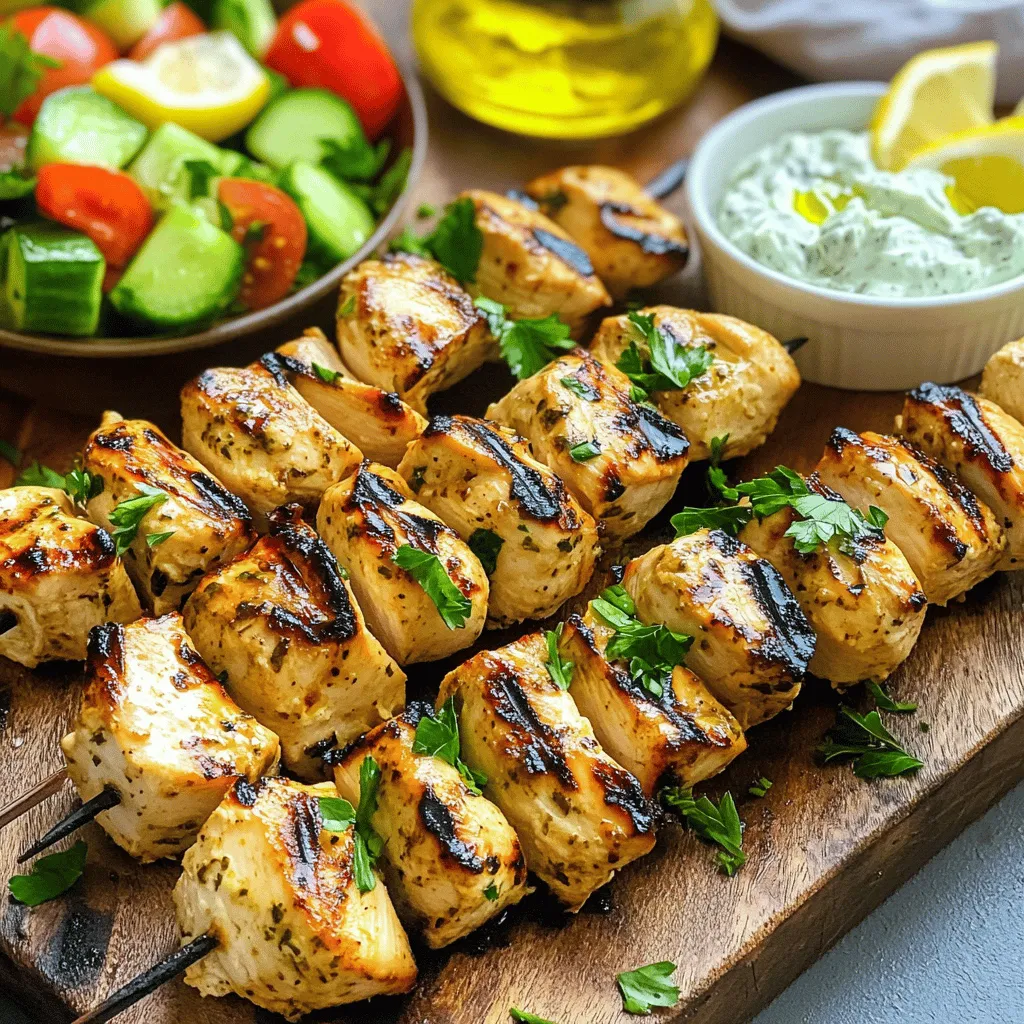 Für dieses Rezept benötigst du einige einfache Zutaten: - 450 g Hähnchenbrustfilet, in Würfel geschnitten - 3 Esslöffel Olivenöl - 2 Esslöffel frischer Zitronensaft - 2 Esslöffel griechischer Joghurt - 3 Knoblauchzehen, fein gehackt - 1 Teelöffel getrockneter Oregano - 1 Teelöffel getrockneter Thymian - 1 Teelöffel Paprika - Salz und Pfeffer nach Geschmack Diese Zutaten bringen den echten Geschmack der griechischen Küche auf deinen Tisch. Die Marinade ist der Schlüssel zu saftigem Hähnchen. Du mischst: - Olivenöl - Zitronensaft - Griechischen Joghurt - Gehackten Knoblauch - Oregano - Thymian - Paprika - Salz und Pfeffer Die Kombination dieser Gewürze sorgt für einen tollen Geschmack. Lass das Hähnchen mindestens 30 Minuten marinieren. So ziehen die Aromen gut ein. Für das Grillen von Souvlaki brauchst du: - Holz- oder Metallspieße (bei Holzspießen vorher ins Wasser einweichen) - Einen Grill oder eine Grillpfanne Die Spieße helfen, das Hähnchen zu halten und gleichmäßig zu garen. Ein guter Grill sorgt für das perfekte Aroma. Du findest das vollständige Rezept und weitere Tipps in der [Full Recipe]. Um die perfekte Marinade für dein griechisches Hähnchen Souvlaki zu machen, nimm eine mittelgroße Schüssel. Füge 3 Esslöffel Olivenöl und 2 Esslöffel frischen Zitronensaft hinzu. Dann kommen 2 Esslöffel griechischer Joghurt dazu. Hacke 3 Knoblauchzehen fein und gib sie in die Schüssel. Jetzt sind 1 Teelöffel getrockneter Oregano, 1 Teelöffel getrockneter Thymian und 1 Teelöffel Paprika dran. Vergiss nicht, mit Salz und Pfeffer zu würzen. Mische alles gut, bis die Marinade schön cremig ist. Schneide 450 Gramm Hähnchenbrustfilet in 2,5 cm große Würfel. Gib diese Würfel in die Marinade und rühre alles gut um. Achte darauf, dass die Hähnchenstücke gleichmäßig bedeckt sind. Decke die Schüssel ab und stelle sie für mindestens 30 Minuten, besser bis zu 2 Stunden, in den Kühlschrank. Diese Zeit hilft, die Aromen tief ins Hähnchen einzuziehen. Heize während der Marinierzeit deinen Grill oder eine Grillpfanne auf mittelhohe Hitze vor. Nimm die marinierten Hähnchenstücke aus dem Kühlschrank. Stecke sie auf Holz- oder Metallspieße. Wenn du Holzspieße verwendest, weiche sie vorher 30 Minuten in Wasser ein. Achte darauf, dass zwischen den Hähnchenstücken genug Platz bleibt. Grill die Spieße für etwa 10-12 Minuten. Wende sie regelmäßig, bis das Hähnchen gar und goldbraun ist. Die Innentemperatur sollte mindestens 75°C betragen. Lass die Spieße nach dem Grillen für 5 Minuten ruhen. Garniere sie dann mit frischer, gehackter Petersilie und serviere sie mit Zitronenspalten. Für das vollständige Rezept, schau dir das Full Recipe an. Um das Hähnchen perfekt zu marinieren, empfehle ich, mindestens 30 Minuten einzuplanen. Eine längere Marinierzeit von bis zu 2 Stunden bringt noch mehr Geschmack. Die Säure vom Zitronensaft hilft, das Fleisch zart zu machen. Achte darauf, das Hähnchen gut in der Marinade zu wenden, damit alle Stücke gleichmäßig bedeckt sind. Heize den Grill oder die Grillpfanne gut vor. Eine mittelhohe Hitze sorgt für eine schöne Bräunung. Platziere die Spieße mit etwas Abstand zueinander, damit die Hitze gut zirkulieren kann. Wende die Spieße regelmäßig, damit sie gleichmäßig garen. Kontrolliere die Innentemperatur; sie sollte 75°C erreichen, um sicherzustellen, dass das Hähnchen durch ist. Für eine ansprechende Präsentation lege die Hähnchen-Souvlaki auf einen großen Teller. Ein Spritzer Olivenöl verleiht zusätzlichen Glanz. Serviere die Spieße mit einem Becher Tzatziki und frischen Beilagen wie Gurkensalat oder Tomatensalat. Frische Petersilie und Zitronenspalten machen das Gericht lebendig und einladend. Wenn du mehr über die Zubereitung erfahren möchtest, schau dir das [Full Recipe] an. {{image_4}} Für die Marinade kannst du kreativ sein. Statt griechischem Joghurt kannst du auch Buttermilch verwenden. Dies macht das Hähnchen zart und saftig. Du kannst auch Honig hinzufügen, um eine süßere Note zu erhalten. Füge etwas Chili hinzu, wenn du es schärfer magst. Du kannst die Kräuter variieren und frischen Rosmarin oder Basilikum verwenden. Probiere auch verschiedene Zitrusfrüchte wie Limette oder Orange für einen neuen Geschmack. Wenn du eine vegetarische oder vegane Option suchst, ersetze das Hähnchen durch Tofu oder Tempeh. Mariniere diese genauso wie das Hähnchen, um den vollen Geschmack zu erhalten. Gemüse wie Paprika, Zucchini und Champignons sind auch großartige Alternativen. Diese kannst du auf die Spieße stecken und grillen. So hast du ein leckeres und gesundes Gericht. Zu Souvlaki passen viele Beilagen und Dips. Ein klassischer Tzatziki-Dip ist immer beliebt. Du kannst auch einen frischen Gurkensalat machen, um die Aromen auszugleichen. Serviere die Spieße mit warmem Pita-Brot oder Reis. Weitere Optionen sind geröstete Kartoffeln oder ein einfacher griechischer Salat mit Feta-Käse. Diese Beilagen machen dein Essen noch köstlicher und bunter. Um dein Hähnchen Souvlaki frisch zu halten, lege die Spieße in einen luftdichten Behälter. Du kannst sie im Kühlschrank für bis zu drei Tage aufbewahren. Stelle sicher, dass sie gut abgedeckt sind, um das Austrocknen zu verhindern. Wenn du die Spieße aufwärmen möchtest, benutze eine Pfanne oder den Grill. So bleiben sie saftig und lecker. Das Einfrieren von Souvlaki ist einfach und praktisch. Lege die marinierten Hähnchenteile auf ein Backblech und friere sie für zwei Stunden ein. Danach kannst du die gefrorenen Spieße in einen Beutel geben. So kannst du sie bis zu drei Monate aufbewahren. Wenn du sie zubereiten möchtest, lasse sie einfach über Nacht im Kühlschrank auftauen und grille sie wie gewohnt. Wenn du Reste hast, sei kreativ! Du kannst die Hähnchenstücke in Salat oder Wraps verwenden. Sie passen auch gut zu Reis oder in einer mediterranen Bowl. Mische sie mit Gemüse und einer leckeren Sauce. So hast du im Handumdrehen ein neues Gericht. Denke daran, die Reste gut zu lagern, damit sie frisch bleiben. Ich empfehle, das Hähnchen mindestens 30 Minuten zu marinieren. So zieht der Geschmack gut ein. Ideal ist es, das Hähnchen bis zu 2 Stunden im Kühlschrank zu lassen. So wird es zart und lecker. Achte darauf, die Marinade gut zu verteilen. Je länger du wartest, desto intensiver wird das Aroma. Griechisches Hähnchen-Souvlaki schmeckt toll mit frischem Salat. Ein Gurken-Tomaten-Salat ergänzt das Gericht perfekt. Du kannst auch Tzatziki dazu reichen. Fladenbrot ist eine weitere gute Wahl. Reis oder Quinoa passen ebenfalls gut. Diese Beilagen bringen frische und Farbe auf den Teller. Ja, das geht! Du kannst die Spieße auch im Ofen machen. Heize den Ofen auf 200 Grad vor. Lege die Spieße auf ein Backblech. Lass sie etwa 15-20 Minuten backen. Wende sie nach der Hälfte der Zeit. So werden sie schön knusprig und gar. Griechisches Hähnchen-Souvlaki bietet viele leckere Möglichkeiten. Wir haben die Hauptzutaten, Gewürze und das richtige Zubehör besprochen. Die Schritt-für-Schritt-Anleitung hilft dir, perfekt zu marinieren und zu grillen. Tipps für das beste Ergebnis und verschiedene Variationen machen das Gericht noch spannender. Denke auch an Lagerung und Resteverwertung. Nutze unsere FAQs, um weitere Fragen zu klären. Mit diesen Informationen bist du bereit, köstliches Souvlaki zuzubereiten!