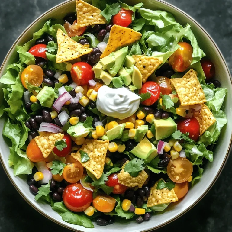 - 1 Dose schwarze Bohnen - 1 Dose Mais - 1 rote Paprika - 1 Tasse Kirschtomaten - 1 Avocado - 1 kleine rote Zwiebel - 1 Tasse Römersalat Für meinen veganen Taco-Salat wähle ich frische und bunte Zutaten. Die schwarzen Bohnen sind eine tolle Proteinquelle. Sie machen den Salat nicht nur nahrhaft, sondern auch sättigend. Der Mais bringt Süße und Farbe ins Spiel. Die rote Paprika fügt einen knackigen Biss hinzu, während die Kirschtomaten Frische und Saftigkeit bieten. Avocado sorgt für Cremigkeit und gesunde Fette. Die Zwiebel bringt eine leichte Schärfe, die den Geschmack hebt. Und der Römersalat ist perfekt, um alles zusammenzuhalten. - 1 Teelöffel gemahlener Kreuzkümmel - 1 Teelöffel Chili-Pulver - Salz und Pfeffer - 1 Limette - 1/4 Tasse frischer Koriander - 1 Tasse Tortilla-Chips - 1/4 Tasse vegane Sauerrahm (optional) Für den perfekten Geschmack mische ich Kreuzkümmel und Chili-Pulver. Diese Gewürze geben dem Salat eine warme Note. Salz und Pfeffer bringe ich nach Belieben hinzu. Die Limette sorgt für einen frischen, spritzigen Kick. Frischer Koriander bringt eine tolle Kräuternote. Tortilla-Chips sind der knusprige Spaßfaktor, den ich nicht missen möchte. Und wenn ich es cremig mag, füge ich vegane Sauerrahm hinzu. Wenn du die Zutaten nach dem Full Recipe zusammenfügst, wirst du einen bunten und köstlichen Salat genießen! Zuerst spüle die schwarzen Bohnen gut ab. Lass sie dann abtropfen. Nächster Schritt: den Mais abtropfen lassen. Jetzt ist es Zeit, das Gemüse vorzubereiten. Würfle die rote Paprika in kleine Stücke. Halbiere die Kirschtomaten. Schneide die Avocado in kleine Würfel. Hacke die rote Zwiebel fein. Schließlich schneide den Römersalat grob. Nimm eine große Schüssel. Gib die Bohnen, den Mais, die Paprika, die Kirschtomaten, die Avocado, die Zwiebel und den Römersalat hinein. Vermenge alles gut. Jetzt bereite das Dressing vor. In einer kleinen Schüssel vermischst du den Limettensaft mit Kreuzkümmel, Chili-Pulver, Salz und Pfeffer. Gieße das Dressing über den Salat. Mische alles vorsichtig, bis alles gut verteilt ist. Lass den Salat etwa 10 Minuten ruhen. So können die Aromen besser einwirken. Richte den Salat in Schalen an oder auf einer großen Platte. Garniere ihn mit Tortilla-Chips und frischem Koriander. Du kannst auch einen Klecks vegane Sauerrahm dazugeben. So wird der Salat noch leckerer. Probiere ihn und passe die Gewürze nach deinem Geschmack an. Für die vollständigen Zubereitungsschritte und Mengenangaben, schau dir das Full Recipe an. Um den Geschmack zu intensivieren, gebe etwas mehr Kreuzkümmel oder Chili-Pulver hinzu. Diese Gewürze bringen ein tolles Aroma. Probiere auch frische Kräuter wie Koriander. Sie geben dem Salat einen frischen Kick. Wenn du es schärfer magst, füge frische Jalapeños oder einen Spritzer scharfe Sauce hinzu. Diese Extras bringen mehr Leben in deinen Taco-Salat. Beliebte Alternativen sind schwarze Oliven, Mais oder sogar gebratene Zucchini. Diese Zutaten machen den Salat noch bunter. Du kannst auch saisonale Zutaten verwenden. Im Sommer sind frische Gurken oder Paprika toll. Im Herbst probiere geröstete Kürbiswürfel. Diese Variationen sorgen für spannende neue Geschmäcker. Präsentiere den Salat in einer großen Schüssel oder auf einem schönen Teller. Du kannst ihn auch in kleinen Schalen anrichten. Das sieht einladend aus und macht Spaß. Für kreative Ideen kannst du Tortilla-Chips in den Salat stecken. Das gibt Crunch und sieht toll aus. Perfekte Beilagen sind guacamole oder Salsa. Sie runden das Gericht ab und machen es noch leckerer. {{image_4}} Um mehr Nährstoffe hinzuzufügen, können Sie Quinoa oder Tofu verwenden. Quinoa ist leicht und hat viel Protein. Kochen Sie die Quinoa, bis sie weich ist, und mischen Sie sie in den Salat. Tofu ist eine weitere gute Wahl. Schneiden Sie ihn in Würfel und braten Sie ihn leicht an. Veganes Hackfleisch kann auch eine tolle Ergänzung sein. Es gibt viele Marken, die eine gute Textur und Geschmack bieten. Sie können es einfach in den Salat mischen und genießen. Das Dressing kann den Geschmack Ihres Salats stark verändern. Probieren Sie verschiedene Vinaigrettes aus. Ein einfaches Limetten-Dressing passt gut dazu. Sie können auch auf kalorienarme Alternativen zurückgreifen. Joghurt oder pflanzliche Joghurts können in Dressings verwendet werden. Diese Optionen machen Ihr Gericht leicht und gesund, ohne auf Geschmack zu verzichten. Wenn Sie Lust auf etwas anderes haben, machen Sie Ihren Taco-Salat als Wrap. Nehmen Sie eine Tortilla und füllen Sie sie mit dem Salat. Achten Sie darauf, die perfekte Tortilla auszuwählen. Vollkorn- oder Dinkel-Tortillas sind nahrhafte Optionen. Wickeln Sie die Tortilla gut ein, damit nichts herausfällt. Diese Version ist einfach zu essen und perfekt für unterwegs. Um Ihren veganen Taco-Salat frisch zu halten, verwenden Sie einen luftdichten Behälter. Achten Sie darauf, den Salat gut zu kühlen. Lagern Sie ihn im Kühlschrank. So bleibt er knackig und lecker. - Haltbarkeit des Salats: Im Kühlschrank bleibt der Salat bis zu drei Tage frisch. Nach drei Tagen verlieren die Zutaten ihre Frische. Meal Prepping macht das Kochen einfach und schnell. Um den Salat im Voraus vorzubereiten, schneiden Sie das Gemüse und lagern Sie es getrennt. So bleibt alles frisch und knackig. - So bereiten Sie den Salat im Voraus vor: Mischen Sie die Bohnen, den Mais und das Gemüse in einer großen Schüssel. Bereiten Sie das Dressing in einem separaten Behälter vor. - Portionsweise lagern: Füllen Sie den Salat in kleine Behälter. So haben Sie immer eine Portion bereit. Dies ist besonders praktisch für das Mittagessen oder Snacks. Ja, dieser Taco-Salat ist glutenfrei. Die Hauptzutaten sind schwarze Bohnen, Mais und frisches Gemüse. Diese Zutaten enthalten kein Gluten. Achte darauf, dass die Tortilla-Chips glutenfrei sind. Es gibt viele Marken, die das bieten. Du kannst auch selbst Tortillas aus Reis oder Mais herstellen. So bist du auf der sicheren Seite. Ja, dieser Salat ist vegan. Alle Zutaten sind pflanzlich. Verwende vegane Sauerrahm, wenn du eine cremige Note willst. Viele Marken bieten vegane Alternativen an. Du kannst auch Avocado oder Nusscreme als Alternative nutzen. Diese geben dem Salat einen tollen Geschmack. Du kannst den Salat bis zu drei Tage im Kühlschrank aufbewahren. Lagere ihn in einem luftdichten Behälter. Achte darauf, die Tortilla-Chips separat zu halten. So bleiben sie knusprig. Wenn du die Zutaten vorher mischst, werden sie weich. Mische sie erst kurz vor dem Essen. Wenn du keine Tortilla-Chips magst, probiere diese Alternativen: - Gehackte Nüsse für Crunch. - Knusprige Kichererbsen für Protein. - Gemüsesticks wie Karotten oder Sellerie. Diese Optionen sind gesund und lecker. Ja, der Salat ist kinderfreundlich. Du kannst die Gewürze anpassen, um es milder zu machen. Kinder mögen oft keine scharfen Speisen. Füge mehr frisches Gemüse hinzu, um es bunt zu machen. Du kannst auch die Tortilla-Chips klein schneiden. So wird es einfacher, für die Kleinen zu essen. Dieser Blogbeitrag hat gezeigt, wie man einen leckeren veganen Taco-Salat zubereitet. Die Hauptzutaten wie Bohnen, Mais, und frisches Gemüse machen ihn nahrhaft. Gewürze und Variationstips bringen Persönlichkeit in das Rezept. Lagern Sie Reste gut für spätere Snacks. Sehen Sie den Salat auch als Wrap oder probieren Sie andere Dressings. Mit diesen Tipps können Sie kreativ sein. Es macht Spaß, leckere und gesunde Gerichte zu machen, die jeder mag.