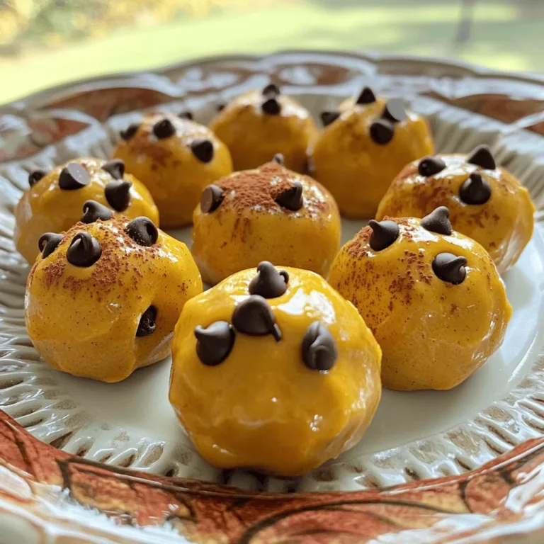 - 1 Tasse Mandelmehl - 1/2 Tasse Kürbispüree - 1/4 Tasse Ahornsirup Die Hauptzutaten für diese No Bake Kürbis-Gewürz-Keksteig-Bällchen sind wichtig. Mandelmehl gibt eine tolle Textur. Es ist glutenfrei und hat einen feinen Nussgeschmack. Kürbispüree bringt die perfekte Herbstnote und macht die Bällchen saftig. Ahornsirup fügt natürliche Süße hinzu und verstärkt den Geschmack. - 1/4 Tasse Mandelbutter (oder Erdnussbutter) - 1 Teelöffel Vanilleextrakt - 1 Teelöffel Kürbisgewürz-Mischung Zusätzlich braucht man Mandelbutter oder Erdnussbutter. Diese Zutaten geben den Bällchen eine cremige Konsistenz und mehr Geschmack. Vanilleextrakt sorgt für eine angenehme Tiefe. Die Kürbisgewürz-Mischung bringt die typischen Aromen des Herbstes, wie Zimt und Muskat. - 1/4 Tasse Schokoladenstückchen (dunkel oder milchfrei) - 1/4 Tasse gehackte Pekannüsse oder Walnüsse Für einen besonderen Kick kann man Schokoladenstückchen hinzufügen. Diese geben einen süßen Kontrast zum Kürbis. Gehackte Nüsse bringen Crunch und zusätzliche Nährstoffe. Sie sind jedoch optional und können weggelassen werden, wenn man es einfacher halten möchte. Für das vollständige Rezept, siehe [Full Recipe]. Gib die folgenden Zutaten in eine große Mischschüssel: - 1 Tasse Mandelmehl - 1/2 Tasse Kürbispüree - 1/4 Tasse Ahornsirup - 1/4 Tasse Mandelbutter (oder Erdnussbutter) - 1 Teelöffel Vanilleextrakt - 1 Teelöffel Kürbisgewürz-Mischung - 1/2 Teelöffel Salz Rühre alles gut um, bis die Mischung gleichmäßig ist. Du kannst einen Löffel oder einen Handmixer verwenden. Achte darauf, dass keine Klumpen bleiben. Der Teig sollte eine weiche Konsistenz haben, die leicht formbar ist. Teile den Teig in kleine Portionen. Nimm etwa einen Esslöffel Teig und forme daraus ein Bällchen von ca. 2,5 cm. Wiederhole dies, bis der gesamte Teig aufgebraucht ist. Lege jedes Bällchen auf ein Backblech, das mit Backpapier ausgelegt ist. Dies hilft, das Ankleben zu vermeiden. Sobald alle Bällchen geformt sind, lege das Backblech in den Kühlschrank. Lasse sie mindestens 30 Minuten kühlen. Dies sorgt dafür, dass die Bällchen fest werden und die Aromen sich gut verbinden. Nach der Kühlzeit sind deine No Bake Kürbis-Gewürz-Keksteig-Bällchen bereit zum Genießen! Um die perfekte Konsistenz für deine No Bake Kürbis-Gewürz-Keksteig-Bällchen zu erreichen, musst du die Zutaten gut mischen. Beginne mit dem Mandelmehl und dem Kürbispüree. Die Kombination dieser beiden sorgt für eine feine Textur. Achte darauf, dass du die Mandelbutter und den Ahornsirup gleichmäßig unterrührst. So wird der Teig schön geschmeidig. Die Kühlzeit ist ebenfalls wichtig. Stelle die geformten Bällchen mindestens 30 Minuten in den Kühlschrank. Dadurch werden sie fester und nehmen die richtige Form an. Wenn du diese Schritte beachtest, hast du einen tollen Teig. Die Präsentation macht viel aus. Richte die Bällchen auf einem dekorativen Teller an. Das gibt deinem Dessert einen schönen Look. Streue etwas zusätzliches Kürbisgewürz darüber. Das sieht nicht nur gut aus, sondern betont auch den Geschmack. Du kannst auch frische Minze oder Nüsse zur Dekoration verwenden. Das bringt Farbe und Textur auf den Teller. Du kannst den Geschmack deiner Bällchen anpassen. Füge zum Beispiel Schokoladenstückchen hinzu. Dunkle Schokolade passt gut zu Kürbis. Auch Trockenfrüchte wie Cranberries oder Rosinen sind tolle Ergänzungen. Wenn du die Süße anpassen möchtest, probiere andere Süßungsmittel. Honig oder Agavensirup sind gute Alternativen. So kannst du den Geschmack nach deinem Wunsch verändern. So wird jedes Mal ein neues Erlebnis. {{image_4}} Möchtest du gesündere Optionen? Du kannst Hafermehl statt Mandelmehl verwenden. Hafermehl gibt den Bällchen eine andere Textur. Der Geschmack bleibt lecker und gesund. Auch die Süße kannst du anpassen. Nutze Honig oder Agavensirup anstelle von Ahornsirup. Beide bieten einen süßen Geschmack mit weniger Kalorien. Du kannst die Geschmäcker deiner No Bake Kürbis-Gewürz-Keksteig-Bällchen leicht ändern. Füge verschiedene Schokoladensorten hinzu. Dunkle Schokolade gibt einen kräftigen Geschmack. Milchschokolade macht die Bällchen süßer. Auch Trockenfrüchte sind eine tolle Idee. Getrocknete Cranberries oder Rosinen bringen Frische und Süße. Nutze saisonale Gewürze für besondere Anlässe. Zimt, Muskat oder Nelken passen gut zu den Bällchen. Sie verleihen ein weihnachtliches Aroma. Du kannst die Bällchen auch für verschiedene Feiertage anpassen. Füge zum Beispiel Minze für die Weihnachtszeit hinzu. So machst du deine Bällchen einzigartig und passend zur Saison. Um die No Bake Kürbis-Gewürz-Keksteig-Bällchen frisch zu halten, lege sie in den Kühlschrank. Das kühle Umfeld hilft, die Textur und den Geschmack zu bewahren. Verwende luftdichte Behälter, um die Bällchen vor Feuchtigkeit und Gerüchen zu schützen. So bleiben sie länger lecker und knackig. Die Bällchen halten sich gut im Kühlschrank für etwa eine Woche. Achte darauf, sie regelmäßig zu prüfen. Wenn die Bällchen einen seltsamen Geruch haben oder die Textur sich verändert hat, ist es Zeit, sie zu entsorgen. Frische ist der Schlüssel zu diesen köstlichen Snacks. Um die Bällchen einzufrieren, lege sie auf ein Backblech. Achte darauf, dass sie sich nicht berühren. Friere sie für etwa zwei Stunden ein, bis sie fest sind. Danach kannst du sie in einen luftdichten Behälter oder einen Gefrierbeutel geben. So halten sie sich bis zu drei Monate. Zum Auftauen lege die Bällchen einfach in den Kühlschrank, bis sie weich sind. Sie sind dann wieder bereit für einen leckeren Snack! Die No Bake Kürbis-Gewürz-Keksteig-Bällchen halten im Kühlschrank etwa eine Woche. Lagern Sie sie in einem luftdichten Behälter. Achten Sie darauf, dass die Bällchen gut verschlossen sind. So bleibt der Geschmack frisch und lecker. Wenn Sie die Bällchen länger aufbewahren wollen, können Sie sie auch einfrieren. Im Gefrierfach halten sie bis zu drei Monate. Ja, Sie können die Zutaten nach Ihrem Geschmack ändern. Verwenden Sie statt Mandelmehl Hafermehl für eine andere Textur. Für eine andere Süße probieren Sie Honig oder Agavensirup. Wenn Sie Nüsse nicht mögen, lassen Sie sie einfach weg. Experimentieren Sie mit verschiedenen Schokoladensorten. So finden Sie Ihre perfekte Mischung! Wenn der Teig zu trocken ist, fügen Sie etwas mehr Kürbispüree oder Mandelbutter hinzu. Dies macht den Teig feuchter und formbarer. Mischen Sie gut, bis die gewünschte Konsistenz erreicht ist. Achten Sie darauf, nicht zu viel hinzuzufügen. Sie wollen den Teig nicht zu klebrig machen. Ein bisschen Geduld kann helfen. Um die Bällchen vegan zu machen, verwenden Sie Ahornsirup statt Honig. Achten Sie darauf, dass auch die Schokoladenstückchen vegan sind. Viele Marken bieten dunkle Schokolade ohne Milchprodukte an. Verwenden Sie Erdnussbutter, wenn Sie keine Mandelbutter möchten. So bleibt das Rezept rein pflanzlich und trotzdem lecker! Die No Bake Kürbis-Gewürz-Keksteig-Bällchen sind einfach und lecker. Die Hauptzutaten wie Mandelmehl und Kürbispüree geben Geschmack und Nährstoffe. Ihr eigener Teig muss gut gemischt werden. Vergessen Sie nicht, die Bällchen zu kühlen. Sie können sie auch mit Schokoladensstückchen oder Nüssen anpassen. Lagern Sie sie richtig im Kühlschrank für maximale Frische. Für Variationen probieren Sie verschiedene Gewürze oder Süßungsmittel aus. Diese Bällchen sind gesunde Snacks für jede Gelegenheit. Machen Sie sie nach Ihrem Geschmack und genießen Sie!