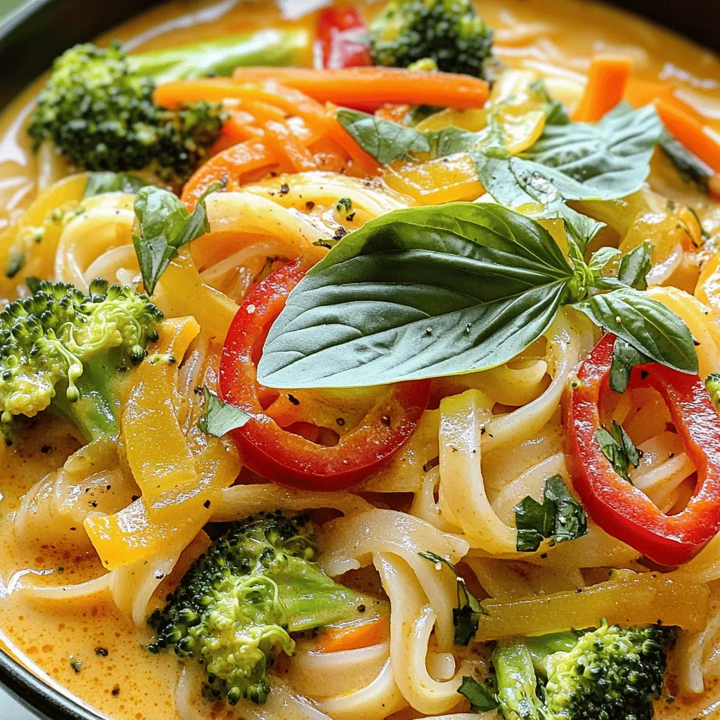 Um köstliche Thai Rote Curry-Nudeln zu machen, brauchen Sie einige Hauptzutaten: - 200g Reisnudeln - 1 Esslöffel Kokosöl - 1 Zwiebel, dünn geschnitten - 2 Knoblauchzehen, fein gehackt - 1 Esslöffel Ingwer, fein gehackt - 1 rote Paprika, in Streifen geschnitten - 1 Tasse Brokkoli-Röschen - 1 Karotte, Julienned - 1 Dose (400ml) Kokosmilch - 3 Esslöffel rote Currypaste - 2 Esslöffel Sojasauce - 1 Esslöffel Limettensaft - Frische Basilikumblätter zur Garnitur - Salz und Pfeffer nach Geschmack Diese Zutaten machen das Gericht frisch und lecker. Die Reisnudeln sind weich und nehmen die Aromen gut auf. Das Gemüse bringt Farbe und Textur. Um den Geschmack zu verbessern, sind die richtigen Gewürze und Soßen wichtig. Rote Currypaste ist der Star. Sie bringt die Schärfe und Tiefe. Kokosmilch macht die Sauce cremig und reichhaltig. Sojasauce fügt Umami hinzu. Limettensaft bringt einen frischen Kick. Es gibt immer Alternativen, falls Sie etwas nicht haben: - Reisnudeln: Verwenden Sie Eiernudeln oder Zucchini-Nudeln für eine Low-Carb-Option. - Kokosöl: Nutzen Sie Erdnussöl oder Olivenöl. - Gemüse: Brokkoli kann durch Zucchini oder grüne Bohnen ersetzt werden. - Rote Currypaste: Curry-Pulver ist eine milde Alternative. - Sojasauce: Tamari ist glutenfrei und kann auch verwendet werden. Diese Alternativen helfen, das Rezept anzupassen. Sie können so die Nudeln nach Ihrem Geschmack gestalten. Wenn Sie mehr über die Zubereitung erfahren möchten, sehen Sie sich das Full Recipe an. Um die Reisnudeln zuzubereiten, beginne ich mit dem Kochen. Ich folge den Anweisungen auf der Verpackung. Normalerweise dauert es etwa 5 bis 7 Minuten. Ich achte darauf, sie nicht zu lange zu kochen, damit sie nicht matschig werden. Danach lasse ich sie abtropfen und stelle sie beiseite, während ich die anderen Schritte vorbereite. In einer großen Pfanne erhitze ich 1 Esslöffel Kokosöl bei mittlerer Hitze. Ich gebe die dünn geschnittene Zwiebel hinein und brate sie 2 bis 3 Minuten lang an. Sie wird glasig und duftet gut. Dann füge ich 2 gehackte Knoblauchzehen und 1 Esslöffel gehackten Ingwer hinzu. Nach einer weiteren Minute entfalten sich die Aromen. Jetzt gebe ich die rote Paprika, Brokkoli und Karotte dazu. Ich brate sie für 5 Minuten an, bis sie zart, aber noch knackig sind. Jetzt kommt der spannende Teil. Ich gieße 400ml Kokosmilch in die Pfanne und füge 3 Esslöffel rote Currypaste hinzu. Ich rühre gut um, bis die Paste sich auflöst. Sobald die Mischung köchelt, füge ich 2 Esslöffel Sojasauce und 1 Esslöffel Limettensaft hinzu. Ich schmecke alles mit Salz und Pfeffer ab. Nun falte ich die gekochten Reisnudeln vorsichtig unter die Sauce. Ich lasse die Mischung 2 bis 3 Minuten köcheln, damit sich die Aromen verbinden. Zum Schluss serviere ich die Nudeln heiß und garniere sie mit frischen Basilikumblättern. Für das vollständige Rezept, siehe die Full Recipe. Um die Reisnudeln perfekt zuzubereiten, folgen Sie diesen schnellen Schritten: Kochen Sie die Nudeln in einem großen Topf mit viel Wasser. Achten Sie darauf, das Wasser gut zu salzen. Dies gibt den Nudeln Geschmack. Kochen Sie sie, bis sie al dente sind. Das dauert normalerweise 5 bis 7 Minuten. Danach lassen Sie sie abtropfen, aber spülen Sie sie nicht mit kaltem Wasser. Das hilft, die Textur zu bewahren. Die Schärfe Ihres Gerichts kann leicht angepasst werden. Wenn Sie es mild mögen, verwenden Sie weniger rote Currypaste. Beginnen Sie mit einem Esslöffel und probieren Sie es. Für mehr Schärfe können Sie einen weiteren Esslöffel hinzufügen. Sie können auch frische Chilis oder Chili-Flocken hinzufügen, um die Schärfe zu erhöhen. Denken Sie daran, die Balance zwischen Schärfe und Geschmack zu finden. Um Klumpen in Ihrer Sauce zu vermeiden, rühren Sie die rote Currypaste gut in die Kokosmilch ein. Verwenden Sie einen Schneebesen, um sicherzustellen, dass die Paste sich gleichmäßig verteilt. Kochen Sie die Sauce bei mittlerer Hitze und rühren Sie regelmäßig. Wenn die Sauce zu dick wird, fügen Sie etwas Wasser oder Brühe hinzu, um die gewünschte Konsistenz zu erreichen. So bleibt die Sauce cremig und glatt. {{image_4}} Für eine vegane Version der Thai roten Curry-Nudeln kann man einfach das Kokosöl verwenden. Zudem sind alle anderen Zutaten in der Liste pflanzlich. Wenn du möchtest, kannst du Tofu oder Tempeh hinzufügen. Diese Optionen bringen zusätzliche Textur und Nährstoffe. Achte darauf, den Tofu gut zu braten, damit er knusprig wird. Vegetarier können auch mit Eiern experimentieren. Ein weichgekochtes Ei obenauf sieht toll aus. Wenn du mehr Protein möchtest, gibt es viele schmackhafte Optionen. Hähnchenbrust oder Garnelen sind beliebte Ergänzungen. Du kannst sie gleich zu Beginn in die Pfanne geben, damit sie gut durchgaren. Für eine nahrhafte Option kannst du auch Linsen oder Kichererbsen verwenden. Diese Hülsenfrüchte sind voll mit Eiweiß und geben dem Gericht einen herzhaften Geschmack. Wenn du glutenfrei kochen möchtest, sind Reisnudeln die beste Wahl. Sie sind leicht und nehmen die Aromen gut auf. Alternativ kannst du Zucchini-Nudeln oder Shirataki-Nudeln verwenden. Diese Optionen sind kalorienarm und sehr nahrhaft. Wenn du die Nudeln selbst machst, kannst du auch Buchweizenmehl verwenden, um glutenfreie Nudeln herzustellen. Für mehr Details und das genaue Rezept schau dir das [Full Recipe] an. Wenn Sie Reste von Ihren Thai Roten Curry-Nudeln haben, bewahren Sie sie in einem luftdichten Behälter auf. Lassen Sie die Nudeln zuerst auf Raumtemperatur abkühlen. So bleibt der Geschmack frisch und die Textur besser. Um die Thai Roten Curry-Nudeln einzufrieren, teilen Sie sie in Portionen. Legen Sie die Portionen in Gefrierbeutel oder geeignete Behälter. Achten Sie darauf, so viel Luft wie möglich zu entfernen. So vermeiden Sie Gefrierbrand und halten die Nudeln frisch. Sie können die Nudeln bis zu drei Monate gefrieren. Die Reste halten sich im Kühlschrank etwa drei bis vier Tage. Lagern Sie sie immer in einem luftdichten Behälter. Vor dem Verzehr sollten Sie die Nudeln gut durchwärmen. So schmecken sie fast wie frisch zubereitet. Um die Thai Rote Curry-Nudeln schärfer zu machen, können Sie mehr rote Currypaste hinzufügen. Beginnen Sie mit einem Teelöffel zusätzlich und kosten Sie die Sauce. Wenn Sie noch mehr Schärfe wollen, fügen Sie mehr hinzu. Eine andere Methode ist, frische Chili oder Chili-Flocken hinzuzufügen. Diese bringen nicht nur Schärfe, sondern auch einen tollen Geschmack. Ja, Sie können die Currypaste selbst machen! Verwenden Sie frische Zutaten wie rote Chilis, Knoblauch, Ingwer, Zitronengras und Galgant. Mischen Sie alles in einem Mixer oder einer Küchenmaschine. Fügen Sie etwas Salz und Öl hinzu, um die Paste cremig zu machen. Selbstgemachte Currypaste ist frisch und voller Geschmack. Sie können die Schärfe und die Aromen nach Ihrem Wunsch anpassen. Zu den Thai Roten Curry-Nudeln passen viele Beilagen. Ein einfacher grüner Salat mit Limetten-Dressing ist frisch und leicht. Auch gebratene Frühlingsrollen bieten einen schönen Kontrast. Wenn Sie es herzhaft mögen, servieren Sie gedämpften Reis oder gebratene Tofu-Stücke. Diese Beilagen ergänzen das Gericht gut und machen Ihre Mahlzeit noch besser. Thai Rote Curry-Nudeln sind einfach zuzubereiten. Wir haben die Hauptzutaten und Gewürze besprochen. Ich zeigte, wie man alles Schritt für Schritt zubereitet. Die Tipps helfen dir dabei, perfekte Nudeln zu kochen und Klumpen in der Sauce zu vermeiden. Variationen geben dir Freiraum, um das Gericht nach deinem Geschmack zu gestalten, ob vegan oder glutenfrei. Denke daran, Reste richtig aufzubewahren. Mit diesen Informationen kannst du leckere Thai Rote Curry-Nudeln genießen. Viel Spaß beim Kochen!
