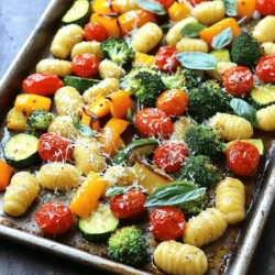- Gnocchi: frisch oder gekauft. Gnocchi sind kleine Teigklöße aus Kartoffeln. Sie sind weich und passen gut zu vielen Gerichten. - Gemüsemischung: Kirschtomaten, Paprika, Zucchini, Brokkoli. Diese Farben machen das Gericht schön und gesund. Jedes Gemüse bringt seinen eigenen Geschmack mit. - Gewürze: Olivenöl, Knoblauch, italienische Gewürzmischung, Salz und Pfeffer. Diese Zutaten bringen viel Aroma in die Gnocchi Primavera. Das Olivenöl hilft, alles schön zu rösten. - Parmesan: gerieben für zusätzlichen Geschmack. Parmesan macht das Gericht noch leckerer. Er schmilzt gut und gibt einen würzigen Geschmack. - Frische Kräuter: Basilikum zur Garnitur. Basilikum bringt Frische und Farbe. Es macht das Gericht noch einladender. Für das vollständige Rezept, schauen Sie bitte auf die [Full Recipe]. Zuerst heizen Sie den Ofen auf 220°C vor. Während der Ofen heiß wird, bereiten Sie ein großes Backblech vor. Legen Sie es mit Backpapier aus, um das Ankleben zu verhindern. Jetzt schneiden Sie das Gemüse. Nehmen Sie die Kirschtomaten und halbieren Sie sie. Schneiden Sie die Paprika in grobe Würfel. Die Zucchini sollten in dünne Scheiben geschnitten werden. Zuletzt teilen Sie den Brokkoli in kleine Röschen. Mischen Sie alles in einer großen Schüssel. Jetzt kommen die Gnocchi hinzu. Geben Sie die Gnocchi in die Schüssel mit dem Gemüse. Fügen Sie Olivenöl, gehackten Knoblauch, italienische Gewürzmischung, Salz und Pfeffer hinzu. Vermengen Sie alles gut, bis die Gnocchi und das Gemüse gleichmäßig bedeckt sind. Verteilen Sie die Mischung gleichmäßig auf dem Backblech. Achten Sie darauf, dass die Zutaten nicht überfüllt sind. So bekommen die Gnocchi eine schöne goldene Farbe. Rösten Sie die Mischung im Ofen für etwa 20 bis 25 Minuten. Die Gnocchi sollten goldbraun sein und das Gemüse zart und leicht gebräunt. Nach dem Rösten nehmen Sie das Backblech heraus. Streuen Sie nach Belieben geriebenen Parmesan darüber. Vermengen Sie alles vorsichtig. Servieren Sie das Gericht direkt vom Blech für einen rustikalen Look. Ein kleiner Tipp: Beträufeln Sie das Gericht mit etwas extra Olivenöl und garnieren Sie es mit frischen Basilikumblättern. - Brate die Gnocchi vor dem Backen an. Das gibt mehr Textur. - Ändere das Gemüse je nach Saison. Frisches Gemüse schmeckt besser. - Achte darauf, das Backblech nicht zu überfüllen. So garen die Zutaten gleichmäßig. - Halte die ideale Temperatur bei 220°C und backe 20-25 Minuten. Das sorgt für tolle Röstaromen. - Verfeinere das Gericht mit frischem Basilikum und geriebenem Parmesan. - Serviere direkt vom Blech für einen rustikalen Look oder auf Tellern. Ein Spritzer Olivenöl macht es noch besser. {{image_4}} Für eine fleischlose Option können Sie verschiedene Proteinquellen wählen. Tofu oder Kichererbsen passen gut. Beide fügen Geschmack und Textur hinzu. Wenn Sie vegan bleiben möchten, lassen Sie den Parmesan weg oder ersetzen Sie ihn. Es gibt viele pflanzliche Käsesorten, die gut schmelzen und einen tollen Geschmack bieten. Das Schöne an Sheet Pan Gnocchi Primavera ist die Vielseitigkeit. Sie können verschiedene Gemüsesorten je nach Vorliebe und Saison verwenden. Zum Beispiel sind Spargel, Auberginen oder Spinat hervorragende Alternativen. Diese Gemüsesorten bringen neue Geschmäcker ins Spiel. Experimentieren Sie ruhig und finden Sie Ihre Lieblingskombination! Die Gewürze machen den Unterschied. Sie können andere Kräuter und Gewürze verwenden, um neue Aromen zu kreieren. Rosmarin, Thymian oder Paprika können dem Gericht eine besondere Note verleihen. Wenn Sie es schärfer mögen, fügen Sie etwas Chili oder Cayennepfeffer hinzu. Für mildere Geschmäcker lassen Sie die scharfen Gewürze einfach weg und genießen Sie die frischen Aromen des Gemüses. Für das vollständige Rezept schauen Sie sich das [Full Recipe] an. Um die Reste von den einfachen Sheet Pan Gnocchi Primavera gut zu lagern, sollten Sie sie schnell kühlen. Lassen Sie die Reste nicht länger als zwei Stunden bei Raumtemperatur stehen. Lagern Sie die Reste in einem luftdichten Behälter. Diese Behälter halten das Gericht frisch und verhindern Gerüche im Kühlschrank. Die Gnocchi bleiben im Kühlschrank etwa drei bis vier Tage genießbar. Achten Sie darauf, dass das Gemüse gut abgedeckt ist. So bleibt der Geschmack erhalten und die Textur bleibt gut. Um die Reste aufzufrischen, nutzen Sie die besten Methoden zum Aufwärmen. Ich empfehle, die Gnocchi in einer Pfanne bei mittlerer Hitze zu erwärmen. Fügen Sie einen kleinen Spritzer Olivenöl hinzu, um die Gnocchi wieder knusprig zu machen. Vermeiden Sie die Mikrowelle, denn sie macht die Gnocchi matschig. Wenn Sie die Gnocchi im Ofen aufwärmen, verwenden Sie eine niedrige Temperatur. Ein kurzer Zeitraum von 10 bis 15 Minuten reicht aus, um das Gericht aufzufrischen. So genießen Sie die Gnocchi Primavera auch am nächsten Tag! Die Vorbereitungszeit für dieses Gericht beträgt nur 10 Minuten. Die Kochzeit im Ofen liegt bei 20 bis 25 Minuten. So kannst du in etwa 30 Minuten ein leckeres Essen zubereiten. Das ist perfekt für einen schnellen Abend. Ja, du kannst Gnocchi selbst herstellen. Hier ist eine kurze Anleitung: - Koche 1 kg Kartoffeln, bis sie weich sind. - Schäle die Kartoffeln und püriere sie. - Mische das Püree mit 250 g Mehl und 1 Ei. - Knete den Teig leicht, forme ihn zu Rollen und schneide Stücke ab. - Koche die Gnocchi in sprudelndem Wasser, bis sie an die Oberfläche schwimmen. Zu Gnocchi Primavera passen viele Beilagen und Getränke. Probiere dazu einen frischen Salat mit Rucola oder einen klassischen Caesar-Salat. Ein spritziger Weißwein oder ein leichtes Bier ergänzen das Gericht gut. Ja, du kannst glutenfreie Gnocchi verwenden. Viele Marken bieten glutenfreie Gnocchi an. Du kannst auch Blumenkohl oder Kartoffeln für die Zubereitung verwenden. Achte darauf, dass die anderen Zutaten ebenfalls glutenfrei sind. Du kannst das Gericht gut vorbereiten. Bereite die Gnocchi und das Gemüse am Morgen vor. Mische alles und lagere es im Kühlschrank. Am Abend musst du nur noch das Blech in den Ofen schieben. So sparst du Zeit und hast ein schnelles Abendessen. Für das vollständige Rezept, schau dir [Full Recipe] an. Dieses Rezept für Gnocchi Primavera bietet eine einfache und schmackhafte Option. Es kombiniert frische Zutaten mit aromatischen Gewürzen. Du kannst kreativ sein und verschiedene Gemüsesorten ausprobieren. Denke daran, die Gnocchi nicht zu überladen und richtig zu garnieren. Reste lassen sich einfach lagern und aufwärmen. Mit diesen Tipps bereitest du ein köstliches Gericht, das jeder mag. Experimentiere und finde deine Lieblingsvariationen. So wird jede Mahlzeit ein Genuss.
