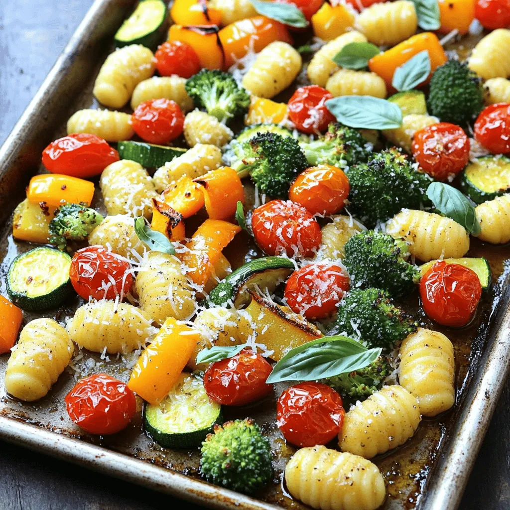 - Gnocchi: frisch oder gekauft. Gnocchi sind kleine Teigklöße aus Kartoffeln. Sie sind weich und passen gut zu vielen Gerichten. - Gemüsemischung: Kirschtomaten, Paprika, Zucchini, Brokkoli. Diese Farben machen das Gericht schön und gesund. Jedes Gemüse bringt seinen eigenen Geschmack mit. - Gewürze: Olivenöl, Knoblauch, italienische Gewürzmischung, Salz und Pfeffer. Diese Zutaten bringen viel Aroma in die Gnocchi Primavera. Das Olivenöl hilft, alles schön zu rösten. - Parmesan: gerieben für zusätzlichen Geschmack. Parmesan macht das Gericht noch leckerer. Er schmilzt gut und gibt einen würzigen Geschmack. - Frische Kräuter: Basilikum zur Garnitur. Basilikum bringt Frische und Farbe. Es macht das Gericht noch einladender. Für das vollständige Rezept, schauen Sie bitte auf die [Full Recipe]. Zuerst heizen Sie den Ofen auf 220°C vor. Während der Ofen heiß wird, bereiten Sie ein großes Backblech vor. Legen Sie es mit Backpapier aus, um das Ankleben zu verhindern. Jetzt schneiden Sie das Gemüse. Nehmen Sie die Kirschtomaten und halbieren Sie sie. Schneiden Sie die Paprika in grobe Würfel. Die Zucchini sollten in dünne Scheiben geschnitten werden. Zuletzt teilen Sie den Brokkoli in kleine Röschen. Mischen Sie alles in einer großen Schüssel. Jetzt kommen die Gnocchi hinzu. Geben Sie die Gnocchi in die Schüssel mit dem Gemüse. Fügen Sie Olivenöl, gehackten Knoblauch, italienische Gewürzmischung, Salz und Pfeffer hinzu. Vermengen Sie alles gut, bis die Gnocchi und das Gemüse gleichmäßig bedeckt sind. Verteilen Sie die Mischung gleichmäßig auf dem Backblech. Achten Sie darauf, dass die Zutaten nicht überfüllt sind. So bekommen die Gnocchi eine schöne goldene Farbe. Rösten Sie die Mischung im Ofen für etwa 20 bis 25 Minuten. Die Gnocchi sollten goldbraun sein und das Gemüse zart und leicht gebräunt. Nach dem Rösten nehmen Sie das Backblech heraus. Streuen Sie nach Belieben geriebenen Parmesan darüber. Vermengen Sie alles vorsichtig. Servieren Sie das Gericht direkt vom Blech für einen rustikalen Look. Ein kleiner Tipp: Beträufeln Sie das Gericht mit etwas extra Olivenöl und garnieren Sie es mit frischen Basilikumblättern. - Brate die Gnocchi vor dem Backen an. Das gibt mehr Textur. - Ändere das Gemüse je nach Saison. Frisches Gemüse schmeckt besser. - Achte darauf, das Backblech nicht zu überfüllen. So garen die Zutaten gleichmäßig. - Halte die ideale Temperatur bei 220°C und backe 20-25 Minuten. Das sorgt für tolle Röstaromen. - Verfeinere das Gericht mit frischem Basilikum und geriebenem Parmesan. - Serviere direkt vom Blech für einen rustikalen Look oder auf Tellern. Ein Spritzer Olivenöl macht es noch besser. {{image_4}} Für eine fleischlose Option können Sie verschiedene Proteinquellen wählen. Tofu oder Kichererbsen passen gut. Beide fügen Geschmack und Textur hinzu. Wenn Sie vegan bleiben möchten, lassen Sie den Parmesan weg oder ersetzen Sie ihn. Es gibt viele pflanzliche Käsesorten, die gut schmelzen und einen tollen Geschmack bieten. Das Schöne an Sheet Pan Gnocchi Primavera ist die Vielseitigkeit. Sie können verschiedene Gemüsesorten je nach Vorliebe und Saison verwenden. Zum Beispiel sind Spargel, Auberginen oder Spinat hervorragende Alternativen. Diese Gemüsesorten bringen neue Geschmäcker ins Spiel. Experimentieren Sie ruhig und finden Sie Ihre Lieblingskombination! Die Gewürze machen den Unterschied. Sie können andere Kräuter und Gewürze verwenden, um neue Aromen zu kreieren. Rosmarin, Thymian oder Paprika können dem Gericht eine besondere Note verleihen. Wenn Sie es schärfer mögen, fügen Sie etwas Chili oder Cayennepfeffer hinzu. Für mildere Geschmäcker lassen Sie die scharfen Gewürze einfach weg und genießen Sie die frischen Aromen des Gemüses. Für das vollständige Rezept schauen Sie sich das [Full Recipe] an. Um die Reste von den einfachen Sheet Pan Gnocchi Primavera gut zu lagern, sollten Sie sie schnell kühlen. Lassen Sie die Reste nicht länger als zwei Stunden bei Raumtemperatur stehen. Lagern Sie die Reste in einem luftdichten Behälter. Diese Behälter halten das Gericht frisch und verhindern Gerüche im Kühlschrank. Die Gnocchi bleiben im Kühlschrank etwa drei bis vier Tage genießbar. Achten Sie darauf, dass das Gemüse gut abgedeckt ist. So bleibt der Geschmack erhalten und die Textur bleibt gut. Um die Reste aufzufrischen, nutzen Sie die besten Methoden zum Aufwärmen. Ich empfehle, die Gnocchi in einer Pfanne bei mittlerer Hitze zu erwärmen. Fügen Sie einen kleinen Spritzer Olivenöl hinzu, um die Gnocchi wieder knusprig zu machen. Vermeiden Sie die Mikrowelle, denn sie macht die Gnocchi matschig. Wenn Sie die Gnocchi im Ofen aufwärmen, verwenden Sie eine niedrige Temperatur. Ein kurzer Zeitraum von 10 bis 15 Minuten reicht aus, um das Gericht aufzufrischen. So genießen Sie die Gnocchi Primavera auch am nächsten Tag! Die Vorbereitungszeit für dieses Gericht beträgt nur 10 Minuten. Die Kochzeit im Ofen liegt bei 20 bis 25 Minuten. So kannst du in etwa 30 Minuten ein leckeres Essen zubereiten. Das ist perfekt für einen schnellen Abend. Ja, du kannst Gnocchi selbst herstellen. Hier ist eine kurze Anleitung: - Koche 1 kg Kartoffeln, bis sie weich sind. - Schäle die Kartoffeln und püriere sie. - Mische das Püree mit 250 g Mehl und 1 Ei. - Knete den Teig leicht, forme ihn zu Rollen und schneide Stücke ab. - Koche die Gnocchi in sprudelndem Wasser, bis sie an die Oberfläche schwimmen. Zu Gnocchi Primavera passen viele Beilagen und Getränke. Probiere dazu einen frischen Salat mit Rucola oder einen klassischen Caesar-Salat. Ein spritziger Weißwein oder ein leichtes Bier ergänzen das Gericht gut. Ja, du kannst glutenfreie Gnocchi verwenden. Viele Marken bieten glutenfreie Gnocchi an. Du kannst auch Blumenkohl oder Kartoffeln für die Zubereitung verwenden. Achte darauf, dass die anderen Zutaten ebenfalls glutenfrei sind. Du kannst das Gericht gut vorbereiten. Bereite die Gnocchi und das Gemüse am Morgen vor. Mische alles und lagere es im Kühlschrank. Am Abend musst du nur noch das Blech in den Ofen schieben. So sparst du Zeit und hast ein schnelles Abendessen. Für das vollständige Rezept, schau dir [Full Recipe] an. Dieses Rezept für Gnocchi Primavera bietet eine einfache und schmackhafte Option. Es kombiniert frische Zutaten mit aromatischen Gewürzen. Du kannst kreativ sein und verschiedene Gemüsesorten ausprobieren. Denke daran, die Gnocchi nicht zu überladen und richtig zu garnieren. Reste lassen sich einfach lagern und aufwärmen. Mit diesen Tipps bereitest du ein köstliches Gericht, das jeder mag. Experimentiere und finde deine Lieblingsvariationen. So wird jede Mahlzeit ein Genuss.