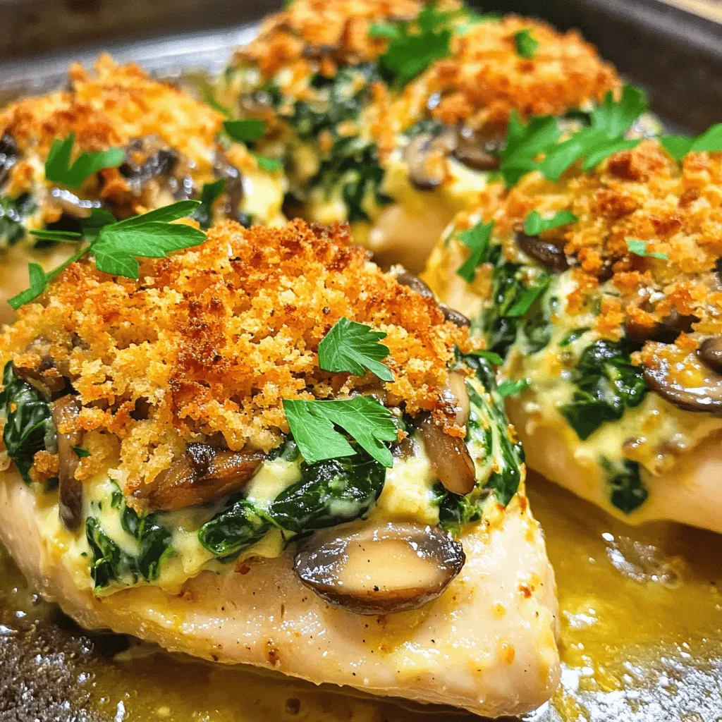 Für dieses Rezept brauchst du: - 4 Hähnchenbrustfilets ohne Knochen und Haut - 1 Tasse frischer Spinat, grob gehackt - 1 Tasse Champignons, fein gehackt - ½ Tasse Frischkäse, weiche Konsistenz - ¼ Tasse geriebener Parmesan Diese Zutaten sind wichtig. Die Hähnchenbrust gibt dir die Basis. Der Spinat und die Champignons sorgen für einen frischen Geschmack. Der Frischkäse macht die Füllung cremig und der Parmesan gibt einen herzhaften Kick. Du wirst auch diese Gewürze und Öle benötigen: - 2 Knoblauchzehen, fein gehackt - 1 Teelöffel getrockneter Thymian - 1 Teelöffel Olivenöl - Salz und Pfeffer nach Geschmack Knoblauch bringt ein tolles Aroma. Thymian passt gut zu Hähnchen. Olivenöl sorgt dafür, dass alles schön brät und nicht kleben bleibt. Salz und Pfeffer sind wichtig, um den Geschmack zu verstärken. Für ein bisschen Crunch kannst du diese optionalen Zutaten verwenden: - ½ Tasse Semmelbrösel - Frische Petersilie zur Garnierung Die Semmelbrösel geben dem Hühnchen eine knusprige Kruste. Petersilie macht das Gericht auch schön bunt und frisch. Für das Full Recipe schaue dir die vollständige Anleitung an. Heize zuerst deinen Ofen auf 190°C (375°F) vor. Dies ist wichtig, damit das Hühnchen gleichmäßig gart. Stelle alle Zutaten bereit, bevor du anfängst. Du brauchst frische Hähnchenbrustfilets, Spinat, Champignons und Käse. Bereite die Hähnchenbrustfilets vor, indem du seitlich eine Tasche in jedes Filet schneidest. Achte darauf, nicht ganz durchzuschneiden. So bleibt die Füllung später drin. Erhitze 1 Teelöffel Olivenöl in einer Pfanne bei mittlerer Hitze. Füge 2 fein gehackte Knoblauchzehen hinzu und brate sie 1 Minute lang an. Der Duft wird herrlich sein! Danach kommen die gehackten Champignons. Brate sie 5-7 Minuten, bis sie weich sind. Füge dann 1 Tasse grob gehackten Spinat in die Pfanne. Koche ihn 2 Minuten, bis er verwelkt. Nimm die Pfanne vom Herd und lasse die Mischung leicht abkühlen. Jetzt mische ½ Tasse Frischkäse, ¼ Tasse geriebenen Parmesan und 1 Teelöffel getrockneten Thymian unter die Füllung. Vergiss nicht, mit Salz und Pfeffer abzuschmecken! Jetzt kommt der spaßige Teil! Fülle jedes Hähnchenbrustfilet mit der Pilz- und Spinatmischung. Wenn nötig, sichere die Öffnung mit Zahnstochern. Lege die gefüllten Filets in eine gefettete Auflaufform. Wenn du möchtest, streue ½ Tasse Semmelbrösel obenauf. Diese geben einen tollen Crunch! Backe das Hühnchen 25-30 Minuten im Ofen. Es ist fertig, wenn es eine Innentemperatur von 75°C (165°F) erreicht hat. Lass das Hühnchen nach dem Backen 5 Minuten ruhen und garniere es mit frischer Petersilie. So sieht es noch schöner aus! Du kannst das vollständige Rezept für gefülltes Hühnchen mit Pilzen und Spinat hier finden: [Full Recipe]. Um die Hähnchenbrust perfekt zuzubereiten, ist der richtige Schnitt wichtig. Schneiden Sie eine Tasche in die Brust. Achten Sie darauf, nicht ganz durchzuschneiden. So bleibt die Füllung gut drin. Trockenheit kann das Gericht ruinieren. Um das zu vermeiden, braten Sie die Hähnchenbrust nicht zu lange. Eine Innentemperatur von 75°C ist ideal. Die Füllung kann einfach abgewandelt werden. Verwenden Sie andere Käsesorten wie Mozzarella oder Feta. Diese geben dem Gericht neuen Geschmack. Auch andere Gemüse sind eine gute Wahl. Zucchini oder Paprika bringen zusätzlich Farbe und Nährstoffe. Zu gefülltem Hühnchen passen viele Beilagen. Ein frischer Salat ergänzt die Aromen. Auch Reis oder Kartoffeln sind eine gute Wahl. Für das Anrichten können Sie frische Kräuter nutzen. Diese bringen Farbe und Frische auf den Teller. Garnieren Sie das Gericht mit Petersilie für einen schönen Look. Für das vollständige Rezept besuchen Sie bitte die Seite mit dem Full Recipe. {{image_4}} Die Füllung ist der Herzstück dieses Gerichts. Variationen können den Geschmack stark verändern. Eine mediterrane Version ist einfach und lecker. - Mediterrane Version mit Feta und Oliven: Diese Füllung nutzt Feta-Käse und schwarze Oliven. Die Kombination bringt eine salzige Note und passt gut zu Hühnchen. Statt Spinat können Sie auch getrocknete Tomaten verwenden, um die Füllung zu bereichern. - Asiatische Variante mit Sojasauce und Ingwer: In dieser Version verwenden Sie Sojasauce, frischen Ingwer und Frischkäse. Diese Mischung gibt dem Hühnchen einen neuen, aufregenden Geschmack. Sie können auch etwas Sesamöl hinzufügen für mehr Tiefe. Die Kochmethode hat großen Einfluss auf das Endergebnis. Hier sind zwei beliebte Optionen. - Grillen statt Backen: Grillen gibt dem Hühnchen einen tollen Rauchgeschmack. Achten Sie darauf, die Hitze nicht zu hoch zu stellen. So bleibt das Hühnchen saftig und die Füllung wird nicht trocken. - Verwendung eines Slow Cookers: Mit einem Slow Cooker wird das Hühnchen sehr zart. Sie können die Füllung einfach in das Hühnchen geben und langsam garen lassen. Dies ist ideal, wenn Sie viel Zeit haben und sich um andere Dinge kümmern möchten. Jeder hat unterschiedliche diätetische Bedürfnisse. Hier sind einige Ideen, wie Sie das Rezept anpassen können. - Glutenfreie Alternativen: Verwenden Sie glutenfreies Brot für die Semmelbrösel. Das gibt Crunch ohne Gluten. Achten Sie auch auf die Sojasauce; es gibt glutenfreie Optionen. - Kalorienbewusste Alternativen: Senken Sie die Kalorien, indem Sie mageres Hähnchenfleisch verwenden. Sie können auch den Frischkäse durch griechischen Joghurt ersetzen. So bleibt die Füllung cremig, aber mit weniger Kalorien. Das Rezept für gefülltes Hühnchen mit Pilzen und Spinat ist leicht anpassbar. Experimentieren Sie mit verschiedenen Füllungen und Methoden, um Ihr perfektes Gericht zu finden! Um übrig gebliebenes Hühnchen gut zu lagern, empfehle ich, einen luftdichten Behälter zu nutzen. So bleibt das Hühnchen frisch und lecker. Du kannst auch Frischhaltefolie verwenden, aber ein Behälter ist besser. Im Kühlschrank hält sich das gefüllte Hühnchen bis zu drei Tage. Nach dieser Zeit kann der Geschmack und die Textur leiden. Für das Einfrieren bereite das Hühnchen zuerst komplett abgekühlt vor. Wickele es fest in Frischhaltefolie oder lege es in einen geeigneten Gefrierbehälter. So bleibt es bis zu drei Monate frisch. Wenn du bereit bist, es zu essen, taue das Hühnchen im Kühlschrank über Nacht auf. Danach kannst du es im Ofen oder in der Pfanne erneut aufwärmen, bis es heiß ist. Um Gefrierbrand zu vermeiden, achte darauf, dass das Hühnchen gut verpackt ist. Gefrierbrand trocknet das Fleisch aus und macht es ungenießbar. Die Lagerung hat auch einen großen Einfluss auf den Geschmack. Je besser du das Hühnchen lagerst, desto besser bleibt der Geschmack erhalten. Achte auf die Temperatur im Gefrierfach, um die beste Qualität zu sichern. Gefülltes Hühnchen sollte 25-30 Minuten im Ofen garen. Die Temperatur sollte 190°C betragen. Prüfen Sie die Innentemperatur. Diese sollte 75°C erreichen. So wissen Sie, dass das Hühnchen sicher ist. Lassen Sie das Hühnchen nach dem Garen 5 Minuten ruhen. Dadurch bleibt es saftig und zart. Ja, Sie können gefülltes Hühnchen im Voraus machen. Bereiten Sie die Füllung und das Hähnchen am Vortag vor. Füllen Sie die Hähnchenbrust und lagern Sie sie im Kühlschrank. Am nächsten Tag backen Sie es einfach. Dies spart Zeit und macht die Mahlzeit schneller. Zu gefülltem Hühnchen passen viele Beilagen. Probieren Sie einen frischen Salat mit Vinaigrette. Auch Kartoffelpüree oder gebratene Gemüse sind lecker. Reis oder Quinoa sind ebenfalls gute Optionen. Diese Beilagen ergänzen den Geschmack des Hühnchens gut. Ja, dieses Rezept eignet sich gut für Meal Prep. Sie können es in Portionen aufteilen. Das Hühnchen hält sich im Kühlschrank für bis zu vier Tage. Es lässt sich auch gut einfrieren. So haben Sie immer eine schnelle und gesunde Mahlzeit bereit. In diesem Blogpost haben wir die wichtigsten Zutaten für gefülltes Hühnchen durchgegangen. Du hast gelernt, wie man die Füllung zubereitet und das Hühnchen richtig befüllt. Tipps zur perfekten Zubereitung helfen dir, Trockenheit zu vermeiden. Variationen und Lagerhinweise bieten dir viele Optionen. Abschlussendlich ist gefülltes Hühnchen eine köstliche Wahl für jede Mahlzeit. Es erfüllt deine Wünsche nach Geschmack und verschiedenen Zubereitungsarten. Du wirst begeistert sein von den vielen Möglichkeiten.