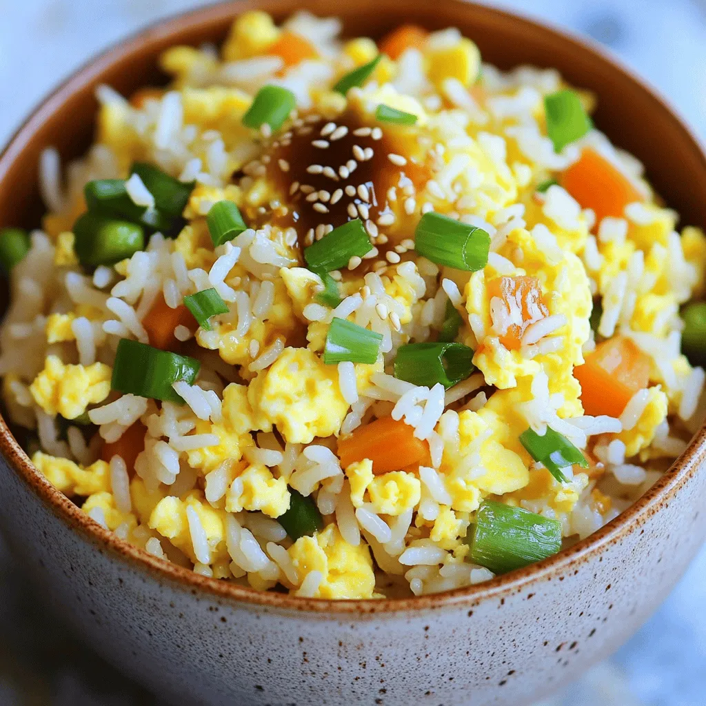 - 2 Tassen gekochter Jasminreis (vorzugsweise vom Vortag) - 3 große Eier - 1 Tasse gemischtes Gemüse (Erbsen, Karotten und Mais) - 2 Esslöffel Sojasauce - 1 Esslöffel Sesamöl - 1 Esslöffel Pflanzenöl - 1 Teelöffel Knoblauch, gehackt - Salz und Pfeffer nach Geschmack Für dieses einfache Eier gebratene Reis Rezept sind frische Zutaten wichtig. Ich bevorzuge Jasminreis, da er gut in der Pfanne brät. Wenn du Reis vom Vortag nimmst, wird der Reis locker und nicht matschig. Die Eier geben dem Gericht eine schöne Farbe und einen tollen Geschmack. Das gemischte Gemüse sorgt für eine knusprige Textur und gesunde Nährstoffe. Die Sojasauce bringt Umami und tiefen Geschmack. Sesamöl verleiht dem Gericht ein nussiges Aroma. Knoblauch ist ein Muss, da er das Gericht aufpeppt. Du kannst die Gewürze nach deinem Geschmack anpassen. Es macht Spaß, mit diesen Zutaten zu experimentieren und dein eigenes Rezept zu kreieren. Verwende die Frühlingszwiebeln für eine frische Note. Das vollständige Rezept findest du im oberen Abschnitt. - Erhitzen Sie das Pflanzenöl in einer großen Pfanne oder einem Wok bei mittlerer bis hoher Hitze. - Fügen Sie den gehackten Knoblauch hinzu und sautieren Sie ihn etwa 30 Sekunden lang, bis er duftet. - Schieben Sie den Knoblauch an den Rand der Pfanne. Schlagen Sie die Eier in die Mitte. - Rühren Sie sie um, bis sie vollständig gar sind. Mischen Sie dann die gekochten Eier mit dem Knoblauch. - Geben Sie das gemischte Gemüse in die Pfanne und sautieren Sie es 2-3 Minuten lang. - Fügen Sie den gekochten Reis hinzu und vermengen Sie alles gut. Das ist der einfache Weg, um Eier gebratenen Reis zuzubereiten. Es ist schnell und lecker. Wenn Sie mehr über die verschiedenen Zutaten erfahren möchten, schauen Sie sich das vollständige Rezept an. - Verwenden Sie am besten Reis vom Vortag für die beste Textur. - Kochen Sie den Reis mit etwas weniger Wasser für einen lockereren Biss. Ein guter Reis ist die Basis für leckeren gebratenen Reis. Wenn Sie den Reis am Vortag kochen, hat er mehr Zeit, um zu trocknen. Das hilft, Klumpen zu vermeiden. Wenn der Reis frisch gekocht ist, kann er matschig werden. Weniger Wasser beim Kochen macht den Reis lockerer und sorgt für den perfekten Biss. - Achten Sie darauf, die Eier nicht zu lange zu garen, um trockene Stücke zu vermeiden. - Passen Sie das Gemüse an, je nach persönlichem Geschmack oder Verfügbarkeit. Die Eier sollten leicht und fluffig bleiben. Überkochen Sie sie nicht, sonst werden sie trocken. Gemüse ist flexibel. Nutzen Sie, was Sie haben oder was Ihnen schmeckt. Erbsen, Karotten und Mais sind toll, aber Brokkoli oder Zucchini passen auch gut. - Verwenden Sie eine hochwertige Sojasauce für intensiveren Geschmack. - Fügen Sie etwas mehr Sojasauce hinzu, wenn Sie es würziger mögen. Sojasauce bringt den Umami-Geschmack in Ihr Gericht. Hochwertige Sojasauce hat einen besseren, volleren Geschmack. Wenn Sie es kräftiger mögen, können Sie mehr Sojasauce hinzufügen. Seien Sie jedoch vorsichtig, dass es nicht zu salzig wird. {{image_4}} Fügen Sie Hähnchen, Garnelen oder Tofu für extra Protein hinzu. Diese Optionen geben dem Gericht mehr Geschmack und Nährstoffe. Wenn Sie scharfe Zutaten mögen, probieren Sie Chili oder Sambal. Diese bringen eine spannende Note in Ihr Rezept. Ersetzen Sie das gemischte Gemüse durch Brokkoli, Paprika oder Zucchini. Diese Gemüsesorten sind knackig und frisch. Sie fügen Farbe und Textur hinzu. Mischen Sie frische Kräuter wie Koriander oder Basilikum für zusätzlichen Geschmack. Diese Kräuter heben das Gericht auf ein neues Level. Benutzen Sie Tamari anstelle von Sojasauce für eine glutenfreie Option. Tamari hat einen ähnlichen Geschmack, ist aber frei von Gluten. Ersetzen Sie den Jasminreis durch anderen glutenfreien Reis, wenn nötig. So können auch Menschen mit Glutenunverträglichkeit das Gericht genießen. Bewahren Sie Reste in einem luftdichten Behälter auf. Das hilft, die Frische zu erhalten. Die Haltbarkeit beträgt 3-4 Tage im Kühlschrank. Ich empfehle, den Reis gut abzukühlen, bevor Sie ihn lagern. So bleibt der Geschmack besser erhalten. Lassen Sie den Reis vollständig abkühlen, bevor Sie ihn einfrieren. Dies verhindert, dass sich Eiskristalle bilden. Die Haltbarkeit beträgt bis zu 3 Monate im Gefrierfach. Achten Sie darauf, den Reis in Portionen einzufrieren. So können Sie genau die Menge auftauen, die Sie brauchen. Erwärmen Sie den Reis in der Mikrowelle oder in einer Pfanne mit etwas Öl. Geben Sie einen Spritzer Wasser hinzu, um die Feuchtigkeit zu erhalten. So bleibt der Reis nicht trocken und schmeckt fast wie frisch zubereitet. Rühren Sie gut um, damit die Hitze gleichmäßig verteilt wird. - Ja, Sie können den Reis auch ohne Gemüse zubereiten, falls gewünscht. Manchmal mag ich es einfach und lasse das Gemüse weg. Der Geschmack bleibt trotzdem lecker. - Achten Sie auf die Zutaten und bevorzugen Sie natürliche Sojasauce ohne künstliche Zusätze. Eine gute Sojasauce macht einen großen Unterschied im Geschmack. Vermeiden Sie Marken mit vielen Zusatzstoffen. - Die gesamte Zubereitungszeit beträgt etwa 20 Minuten. So schnell können Sie eine köstliche Mahlzeit zaubern. Ideal für einen stressigen Tag! - Das vollständige Rezept finden Sie im Abschnitt „Einfache Eier-Fried Rice“ oben im Artikel. Dort finden Sie alle Schritte und Zutaten für dieses leckere Gericht. Zusammenfassend haben wir die einfachen Schritte für einen leckeren Eier-Fried Rice behandelt. Zuerst kochen Sie den Reis und bereiten Eier und Gemüse vor. Dann kombinieren Sie alles mit Gewürzen. Achten Sie auf frische Zutaten für den besten Geschmack. Denken Sie auch daran, Reste richtig zu lagern oder einzufrieren. Genießen Sie Ihr köstliches Gericht und probieren Sie verschiedene Variationen aus. Mit diesen Tipps wird Ihr Fried Rice immer gelingen!