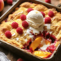 - Pfirsiche: Verwende 4 reife Pfirsiche. Schäle sie und schneide sie in Scheiben. Frische Pfirsiche bringen den besten Geschmack. - Himbeeren: Nutze 2 Tassen frische Himbeeren. Wenn du keine frischen hast, gefrorene Himbeeren sind auch in Ordnung. Sie sind praktisch und schmecken gut. - Süßungsmittel: Du kannst 1/2 Tasse Kristallzucker verwenden. Wenn du es süßer magst, passe die Menge an. Du kannst auch braunen Zucker für einen anderen Geschmack probieren. Diese Zutaten sind die Basis für einen köstlichen Pfirsich-Himbeer-Cobbler. Sie sorgen für eine schöne Balance zwischen Süße und Fruchtigkeit. Für die vollständige Zubereitung, schau dir das [Full Recipe] an. Heize deinen Ofen auf 175°C. Dies ist wichtig, damit der Cobbler gleichmäßig backt. Ein vorgeheizter Ofen sorgt für die beste Textur und den besten Geschmack. In einer großen Schüssel mische die geschnittenen Pfirsiche, frischen Himbeeren, Kristallzucker, Zitronensaft, Vanilleextrakt und Maisstärke. Rühre vorsichtig um. Diese Mischung sollte etwa 10 Minuten ruhen. So geben die Früchte ihren Saft ab und werden süßer. In einer anderen Schüssel vermenge Weizenmehl, Haferflocken, braunen Zucker, Backpulver und Salz. Mische alles gut. Dann forme in der Mitte eine Mulde. Füge die geschmolzene Butter und die Milch hinzu. Rühre vorsichtig, bis alles gerade so vermischt ist. Der Teig sollte leicht klumpig bleiben. Dies ist wichtig für die perfekte Konsistenz des Cobbler. Für das vollständige Rezept, schau dir den [Full Recipe] an. Um die perfekte Konsistenz zu erreichen, ist die Teiggestaltung wichtig. Du solltest die trockenen Zutaten gut vermischen. Dies hilft, Klumpen zu vermeiden. Nutze kalte Butter, um einen zarten Teig zu machen. Wenn du die Butter in Stückchen zuschneidest, wird der Teig locker. Rühre die Mischung nur kurz, damit der Teig nicht zu fest wird. Ein leicht klumpiger Teig sorgt für einen fluffigen Cobbler. Die Präsentation macht deinen Cobbler besonders. Du kannst ihn warm in einer schönen Schüssel servieren. Ein toller Tipp: Lege frische Himbeeren oben drauf. Das sieht nicht nur gut aus, sondern bringt auch mehr Geschmack. Eine Kugel Vanilleeis sorgt für Cremigkeit. Du kannst auch etwas Minze als Garnitur verwenden. Das bringt Farbe und Frische in dein Gericht. Um den Geschmack zu verbessern, füge Gewürze hinzu. Eine Prise Zimt oder Muskatnuss passt perfekt zu Pfirsichen. Du kannst auch etwas Ingwer für eine scharfe Note verwenden. Wenn du magst, probiere ein wenig Zitrusschale. Zitrone oder Orange bringt Frische. Diese kleinen Extras können deinen Cobbler noch interessanter machen. Sie geben dem Dessert Tiefe und Komplexität. {{image_4}} Wenn Sie den Pfirsich-Himbeer-Cobbler abwandeln möchten, nutzen Sie verschiedene Obstsorten. Äpfel sind eine tolle Wahl. Sie bringen Süße und Knusprigkeit. Auch Beeren wie Erdbeeren oder Blaubeeren funktionieren gut. Diese Früchte sind saftig und verleihen dem Gericht Farbe. Steinobst wie Pflaumen oder Kirschen ist ebenfalls lecker. Sie sind süß und saftig, ideal für einen Cobbler. Ein glutenfreier Cobbler ist einfach zuzubereiten. Ersetzen Sie das Weizenmehl durch glutenfreies Mehl. Mandelmehl oder Kokosmehl sind gute Alternativen. Diese Mehle geben dem Teig eine andere Textur, aber der Geschmack bleibt gut. Achten Sie darauf, das Backpulver glutenfrei zu wählen. Dies sorgt dafür, dass Ihr Gericht für alle geeignet ist. Wenn Sie eine vegane Variante suchen, gibt es viele Optionen. Für die Butter verwenden Sie Kokosöl oder pflanzliche Margarine. Diese Alternativen sind einfach zu finden. Anstelle von Milch nehmen Sie Hafermilch oder Mandelmilch. Diese pflanzlichen Milchsorten sind lecker und cremig. So bleibt der Cobbler auch für Veganer köstlich. Für das vollständige Rezept, schauen Sie sich den [Full Recipe] an. Reste von Ihrem Pfirsich-Himbeer-Cobbler sind ein Genuss! Lassen Sie den Cobbler zuerst auf Raumtemperatur abkühlen. Wickeln Sie ihn dann in Frischhaltefolie oder legen Sie ihn in einen luftdichten Behälter. So bleiben die Aromen frisch. Lagern Sie den Cobbler im Kühlschrank. Er hält sich dort bis zu drei Tage. Vor dem Essen können Sie ihn leicht aufwärmen, um den Geschmack zu intensivieren. Möchten Sie Ihren Cobbler länger aufbewahren? Das Einfrieren ist eine tolle Option! Hier ist eine Schritt-für-Schritt-Anleitung: 1. Lassen Sie den Cobbler vollständig abkühlen. 2. Teilen Sie den Cobbler in Portionen. So können Sie nur das auftauen, was Sie brauchen. 3. Wickeln Sie jede Portion in Frischhaltefolie. 4. Legen Sie die Portionen in einen gefrierfesten Beutel oder Behälter. 5. Beschriften Sie den Beutel mit dem Datum. So wissen Sie, wie lange er schon gefroren ist. Ihr Cobbler bleibt bis zu drei Monate frisch im Gefrierschrank! Um den besten Geschmack zu erzielen, wärmen Sie den Cobbler richtig auf. Nehmen Sie ihn zuerst aus dem Kühlschrank oder Gefrierschrank. Wenn er gefroren ist, lassen Sie ihn 30 Minuten bei Raumtemperatur auftauen. Heizen Sie den Ofen auf 175°C vor. Stellen Sie den Cobbler in eine Auflaufform und decken Sie ihn locker mit Aluminiumfolie ab. Backen Sie ihn 20-25 Minuten, bis er heiß ist. Genießen Sie den warmen Cobbler am besten mit einer Kugel Vanilleeis. Das macht das Erlebnis noch besser! Der Pfirsich-Himbeer-Cobbler bleibt im Kühlschrank etwa 3 bis 4 Tage frisch. Achten Sie darauf, ihn in einem luftdichten Behälter zu lagern. So bleibt er saftig. Wenn Sie ihn länger aufbewahren wollen, können Sie ihn einfrieren. Frieren Sie ihn gut verpackt ein, um Gefrierbrand zu vermeiden. So hält er bis zu 3 Monate. Lassen Sie ihn einfach im Kühlschrank auftauen, bevor Sie ihn aufwärmen. Ja, Sie können gefrorene Früchte verwenden. Achten Sie darauf, sie vorher nicht zu lange aufzutauen. Verwenden Sie sie direkt aus dem Gefrierfach. Dadurch bleibt der Cobbler frisch und saftig. Die gefrorenen Früchte geben beim Backen etwas mehr Saft ab. Das macht den Cobbler noch leckerer. Zu einem warmen Pfirsich-Himbeer-Cobbler passt Vanilleeis perfekt. Die kalte Süße ergänzt die warmen Früchte. Sie können auch Schlagsahne oder griechischen Joghurt dazu servieren. Ein Spritzer Zitronensaft kann zusätzliche Frische bringen. Wenn Sie etwas Crunch möchten, probieren Sie gehackte Nüsse oder Kekse darüber. Um einen köstlichen Pfirsich-Himbeer-Cobbler zu machen, sind frische Zutaten wichtig. Wir haben die besten Zutaten und Tipps besprochen, um ein perfektes Ergebnis zu erzielen. Mit einer einfachen Schritt-für-Schritt-Anleitung kannst du es leicht nachmachen. Vergiss nicht, deine Variationen auszuprobieren, wie glutenfreie oder vegane Optionen! Achte auch auf die richtige Lagerung, damit du länger Freude am Cobbler hast. Jetzt liegt es an dir, diesen leckeren Dessert zu genießen und zu teilen!