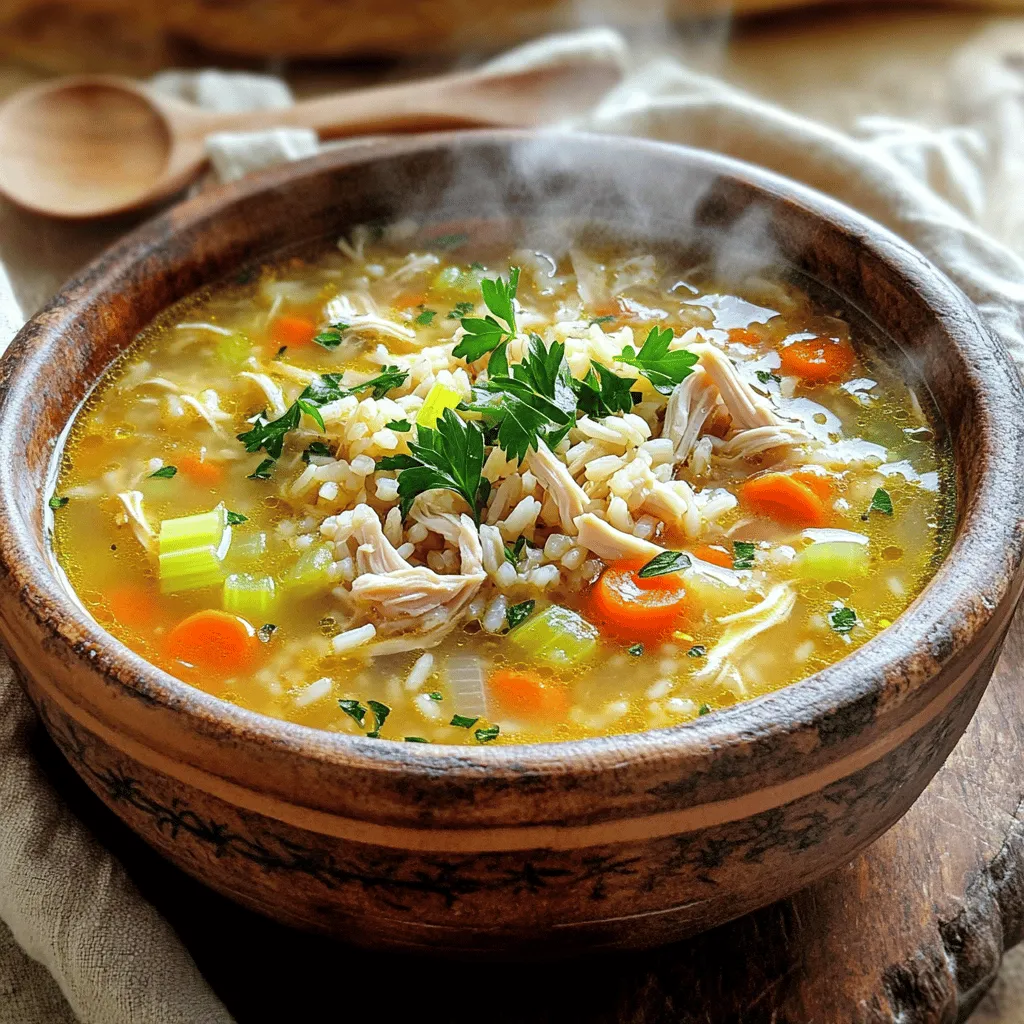- 2 Hähnchenbrustfilets ohne Knochen und Haut - 1 Tasse ungekochten braunen Reis - 6 Tassen Hühnerbrühe Die Hauptzutaten meiner Hühnchen-Reis-Suppe sind einfach zu finden. Hähnchenbrustfilets bieten viel Protein. Brauner Reis gibt der Suppe eine feste Basis. Hühnerbrühe sorgt für einen tiefen Geschmack, der die Aromen verbindet. - 1 mittlere Zwiebel, gewürfelt - 2 Karotten, gewürfelt - 2 Selleriestangen, gewürfelt - 3 Zehen Knoblauch, gehackt - 1 Teelöffel getrockneter Thymian - 1 Teelöffel getrocknete Petersilie - Salz und Pfeffer nach Geschmack Gemüse bringt frische in die Suppe. Zwiebeln, Karotten und Sellerie bieten Süße und Textur. Knoblauch gibt einen tollen Duft. Die Gewürze wie Thymian und Petersilie runden den Geschmack ab. Salz und Pfeffer sind wichtig, um die Aromen zu betonen. - 2 Esslöffel Olivenöl - Frische Petersilie, gehackt (zum Garnieren) Olivenöl hilft, das Gemüse anzubraten. Es verleiht der Suppe einen reichhaltigen Geschmack. Frische Petersilie ist der perfekte Abschluss. Sie bringt Farbe und frische Aromen. Für das gesamte Rezept, schauen Sie sich das [Full Recipe] an. Zuerst musst du das Gemüse vorbereiten. Nimm eine mittlere Zwiebel und würfle sie klein. Dann schneide zwei Karotten in kleine Stücke. Nimm auch zwei Selleriestangen und würfle sie. Diese Zutaten bringen viel Geschmack in die Suppe. Jetzt bereite die Hähnchenbrustfilets vor. Du brauchst zwei Filets ohne Knochen und Haut. Wenn du sie hast, kannst du sie ganz lassen. Sie kochen schnell und sind leicht zu zerkleinern, wenn die Suppe fertig ist. Erhitze zwei Esslöffel Olivenöl in einem großen Topf bei mittlerer Hitze. Füge die gewürfelte Zwiebel, Karotten und Sellerie hinzu. Brate das Gemüse für etwa 5 bis 7 Minuten an, bis es weich ist. Jetzt kommt der Knoblauch ins Spiel. Hacke drei Zehen und rühre sie in das Gemüse. Füge auch einen Teelöffel getrockneten Thymian und einen Teelöffel getrocknete Petersilie hinzu. Koche alles für 1-2 Minuten, bis die Aromen gut durchziehen. Gieße dann 6 Tassen Hühnerbrühe in den Topf. Bringe die Brühe zum Kochen. Sobald sie kocht, füge 1 Tasse ungekochten braunen Reis und die Hähnchenbrustfilets hinzu. Reduziere die Hitze und decke den Topf ab. Lass die Suppe etwa 25-30 Minuten köcheln, bis der Reis gar ist und das Hähnchen zart ist. Nimm die Hähnchenbrustfilets aus der Suppe. Zerkleinere das Hähnchen mit zwei Gabeln, bis es in kleine Stücke ist. Gib das zerkleinerte Hähnchen zurück in den Topf. Jetzt schmecke die Suppe mit Salz und Pfeffer ab. Lass sie weitere 5 Minuten köcheln. So verbinden sich die Aromen gut. Serviere die Suppe heiß. Garniere sie mit frischer, gehackter Petersilie. Ein schönes Stück knuspriges Brot passt hervorragend dazu. Für die komplette Anleitung und Details, schau dir das Full Recipe an. Um die ideale Konsistenz zu erreichen, musst du die richtige Menge an Brühe und Reis verwenden. Für meine Hühnchen-Reis-Suppe sind 6 Tassen Brühe zu 1 Tasse Reis perfekt. Diese Menge sorgt für eine schöne, cremige Textur. Die Garzeit ist auch wichtig. Koche die Suppe bei niedriger Hitze. Lass sie für etwa 25-30 Minuten köcheln. So wird der Reis zart und das Hähnchen bleibt saftig. Frische Kräuter können den Geschmack der Suppe heben. Ich empfehle, frische Petersilie oder Thymian hinzuzufügen. Diese Kräuter bringen Frische und Tiefe. Du kannst auch die Gewürze variieren. Füge etwas Paprika oder Kreuzkümmel hinzu, um eine andere Note zu schaffen. Du kannst sogar mit anderen Zutaten experimentieren, wie zum Beispiel Erbsen oder Mais. Wenn du wenig Zeit hast, ist ein Slow Cooker eine tolle Hilfe. Du kannst alle Zutaten am Morgen hineinlegen. Lass die Suppe den ganzen Tag kochen. Am Abend bekommst du eine warme und leckere Mahlzeit. Frisch zubereitete Suppe schmeckt am besten, aber der Slow Cooker ist sehr praktisch. So kannst du auch an langen Tagen gesund essen. {{image_4}} Für eine gesündere Suppe kannst du Vollkornreis oder Quinoa verwenden. Diese Optionen bieten mehr Ballaststoffe und Nährstoffe. Vollkornreis hat einen nussigen Geschmack. Quinoa ist eine großartige Proteinquelle. Du kannst auch mehr Gemüse hinzufügen. Brokkoli, Spinat oder Erbsen geben Farbe und Nährstoffe. Diese zusätzlichen Zutaten machen die Suppe nicht nur gesünder, sondern auch schmackhafter. Eine tolle Idee ist die Zugabe von Kokosmilch. Diese macht die Suppe cremig und gibt ihr einen neuen Geschmack. Wenn du es asiatisch magst, probiere Ingwer und Sojasauce. Diese Zutaten bringen frische Aromen und einen Hauch von Umami in dein Gericht. Du kannst die Brühe leicht abändern, um neue Geschmäcker zu entdecken. Wenn du eine vegetarische oder vegane Variante möchtest, tausche das Hähnchen gegen Tofu oder Seitan aus. Tofu nimmt die Aromen der Brühe gut auf und ist eine gute Proteinquelle. Verwende Gemüsebrühe anstelle von Hühnerbrühe. So bleibt die Suppe auch für Veganer geeignet. Diese Optionen zeigen, dass du mit diesem Rezept viel spielen kannst. Für weitere Ideen und das vollständige Rezept, schau dir die [Full Recipe] an. Lass die Suppe zuerst auf Raumtemperatur abkühlen. Verwende dann luftdichte Behälter für die Lagerung. So bleibt die Suppe frisch. Du kannst die Suppe auch in Portionen aufteilen. Das erleichtert das spätere Aufwärmen. Wenn du die Suppe länger aufbewahren möchtest, friere sie ein. Achte darauf, sie in geeigneten, gefrierfesten Behältern zu lagern. Die Suppe hält sich gut im Kühlschrank. Du kannst sie bis zu drei Tage aufbewahren. Achte jedoch auf Anzeichen von Verderb. Wenn die Suppe komisch riecht oder sich die Textur ändert, solltest du sie nicht essen. Schimmel ist ein weiteres Zeichen, dass die Suppe nicht mehr gut ist. Um die Suppe richtig aufzuwärmen, benutze eine mittlere Hitze. Rühre die Suppe regelmäßig, damit sie gleichmäßig erwärmt wird. Du kannst auch die Mikrowelle nutzen. Stelle sie auf mittlere Leistung und erwärme die Suppe in kurzen Intervallen. So bleibt der Geschmack erhalten. Wenn du die Suppe auf dem Herd erwärmst, achte darauf, sie nicht zum Kochen zu bringen. Das hilft, die Qualität der Aromen zu bewahren. Die Zubereitung der Hühnchen-Reis-Suppe dauert insgesamt etwa 50 Minuten. Die Vorbereitungszeit beträgt nur 10 Minuten. Während dieser Zeit schneidest du das Gemüse und bereitest die Zutaten vor. Die Kochzeit liegt bei etwa 40 Minuten. Du kochst die Suppe, bis das Hähnchen zart ist und der Reis gar ist. Ja, du kannst die Suppe im Voraus zubereiten. Koche die Suppe einfach nach dem Rezept und lass sie abkühlen. Danach füllst du sie in luftdichte Behälter. Die Suppe hält sich bis zu fünf Tage im Kühlschrank. Du kannst sie auch einfrieren. Dann bleibt sie bis zu drei Monate frisch. Achte darauf, beim Erwärmen die Suppe gut durchzuwärmen. Ja, die Hühnchen-Reis-Suppe ist kinderfreundlich. Du kannst die Gewürze anpassen, um den Geschmack milder zu machen. Lass den Knoblauch oder die Zwiebeln weg, wenn dein Kind empfindlich darauf reagiert. Füge auch mehr Gemüse hinzu, um die Nährstoffe zu steigern. Kinder lieben oft die weiche Konsistenz der Suppe. Zu dieser Suppe passen viele Beilagen. Hier sind einige Ideen: - Frisches Baguette oder knuspriges Brot - Ein einfacher grüner Salat - Gegrilltes Gemüse - Käse-Cracker Die Hühnchen-Reis-Suppe hat eine lange Tradition in vielen Kulturen. Sie gilt als Hausmannskost und bietet Trost und Wärme. Viele Familien haben ihre eigenen Versionen. Das Rezept vereint einfache Zutaten und ist sehr anpassbar. Die Kombination aus Hühnerbrühe und Reis macht es besonders nahrhaft. Es gibt viele Varianten, die je nach Region variieren. Die Hühnchen-Reis-Suppe ist einfach und sättigend. Du hast gelernt, welche Zutaten wichtig sind, um diese leckere Suppe zu machen. Wir haben die Schritte zur Zubereitung und tolle Tipps zur Anpassung besprochen. Außerdem kannst du die Suppe variieren und sie vegan machen. Die richtige Lagerung sorgt dafür, dass sie lange frisch bleibt. Nutze die Anleitung und genieß diese nahrhafte Suppe. Experimentiere mit den Zutaten, um deine perfekte Version zu finden. Kochen macht Spaß und die Ergebnisse sind köstlich!