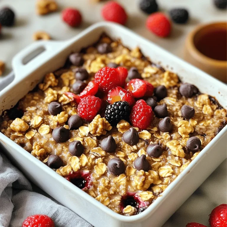 - Zarte Haferflocken - Reife Banane - Mandelmilch und deren Alternativen Zarte Haferflocken sind die Basis für dieses Rezept. Sie machen die Haferflocken cremig und lecker. Ich bevorzuge eine reife Banane für den süßen Geschmack. Die Banane macht die Mischung auch schön feucht. Mandelmilch ist ein guter Ersatz für Kuhmilch. Du kannst auch andere Pflanzenmilch verwenden, wie Hafer- oder Sojamilch. Diese Optionen sind gesund und schmackhaft. - Dunkle Schokoladenstückchen - Walnüsse (optional) - Frische Beeren zum Garnieren Dunkle Schokoladenstückchen geben einen tollen süßen Kick. Sie sind einfach köstlich in Kombination mit Haferflocken. Wenn du magst, füge Walnüsse hinzu. Sie bringen einen knusprigen Biss und gesunde Fette. Frische Beeren sind die perfekte Garnierung. Sie bringen Farbe und Frische auf den Teller. Für das vollständige Rezept schaue dir die Full Recipe an. Heize deinen Ofen auf 175°C vor. Bereite eine kleine Backform vor. Du kannst eine Form von etwa 20x20 cm verwenden. Fette die Form leicht mit Kochspray oder Öl ein. So kleben die Haferflocken nicht fest. Nimm eine große Rührschüssel. Füge die folgenden Zutaten in der angegebenen Reihenfolge hinzu: - 1 Tasse zarte Haferflocken - 1 reife Banane, gut zerdrückt - 1 Esslöffel Ahornsirup - 1 Teelöffel Vanilleextrakt - 1 Teelöffel Backpulver - 1/2 Teelöffel Zimt - 1 Tasse Mandelmilch (oder andere Milch nach Wahl) Rühre alles gut um, bis die Mischung glatt ist. Jetzt kannst du die dunklen Schokoladenstückchen und die gehackten Walnüsse vorsichtig unterheben. Gieße die Haferflockenmischung in die vorbereitete Backform. Verteile die Mischung gleichmäßig. Backe die Haferflocken für 25-30 Minuten. Die Oberfläche sollte goldbraun sein. Stecke einen Zahnstocher in die Mitte. Wenn er sauber herauskommt, sind die Baked Oats fertig. Lass die Form etwas abkühlen, bevor du sie in Stücke schneidest. Genieße die gebackenen Haferflocken warm! Du kannst sie mit frischen Beeren oder einem zusätzlichen Schuss Ahornsirup garnieren. Die Banane hat einen großen Einfluss auf die Konsistenz. Sie macht die Haferflocken schön cremig. Wenn du die Banane zerdrückst, wird sie süß und weich. So bleibt der Teig feucht und lecker. Ohne Banane kann das Ergebnis trocken sein. Wenn du keine Banane magst, kannst du Apfelmus verwenden. Das gibt auch eine gute Konsistenz. Wenn du Gluten meiden möchtest, nutze glutenfreie Haferflocken. Diese sind leicht zu finden und schmecken genauso gut. Für die Milch kannst du jede Art verwenden, die du magst. Mandelmilch ist eine tolle Wahl. Du kannst auch Sojamilch oder Hafermilch nutzen. Das Rezept bleibt trotzdem lecker und nahrhaft. Um Zeit zu sparen, bereite alles im Voraus vor. Du kannst die Haferflockenmischung am Abend vorher machen. Stelle sie einfach in den Kühlschrank. So ist der Teig am Morgen bereit zum Backen. Wenn du oft backst, benutze eine Backform aus Silikon. Diese ist leicht zu reinigen und macht das Backen einfacher. {{image_4}} Es gibt viele Möglichkeiten, gebackene Haferflocken zu variieren. Ich liebe es, einen Beerenmix hinzuzufügen. Frische Erdbeeren, Himbeeren und Heidelbeeren bringen Farbe und Geschmack. Diese Früchte sind nicht nur lecker, sie sind auch gesund. Eine weitere tolle Idee ist, Nüsse wie Mandeln oder Haselnüsse hinzuzufügen. Diese geben einen schönen Crunch und viel Nährstoffe. Schokolade macht alles besser. Man kann die gebackenen Haferflocken mit einem Schokoladenüberzug versehen. Einfach etwas geschmolzene Schokolade darüber gießen, wenn sie abgekühlt sind. Dies macht sie besonders lecker. Wenn du es lieber einfach magst, kannst du die Baked Oats auch ohne viele Extras zubereiten. So bleibt der natürliche Hafergeschmack im Vordergrund. Die Jahreszeiten bringen neue Ideen. Im Herbst mag ich Kürbis und Zimt. Füge einfach etwas Kürbispüree und mehr Zimt hinzu. Das schmeckt wunderbar und macht warm. Im Winter kannst du Äpfel und Nüsse verwenden. Diese Kombination bringt ein Gefühl von Gemütlichkeit. Für das gesamte Rezept, schau dir die Sinnlich Verführerische Gebackene Haferflocken an. Um die Baked Oats frisch zu halten, bewahre sie in einem luftdichten Behälter auf. Ein Glasbehälter oder ein Plastikbehälter funktioniert gut. Stelle sicher, dass der Behälter kühl ist. Du kannst die Baked Oats auch im Kühlschrank lagern, wenn du sie länger aufbewahren möchtest. So bleiben sie bis zu einer Woche frisch. Die beste Methode, um die Baked Oats aufzuwärmen, ist die Mikrowelle. Stelle die Portion in eine Schüssel und erwärme sie für 30 Sekunden. Wenn du eine knusprige Textur möchtest, kannst du sie auch im Ofen aufwärmen. Heize den Ofen auf 175°C vor und backe die Baked Oats für etwa 10 Minuten. Serviere sie warm mit frischen Beeren oder einem Schuss Ahornsirup. Wie lange sind diese Baked Oats frisch? Wenn du sie richtig lagerst, bleiben sie bis zu einer Woche im Kühlschrank gut. Du kannst sie auch einfrieren. In einem gefrierfesten Behälter bleiben sie bis zu drei Monate frisch. Achte darauf, sie gut zu verpacken, damit sie keinen Gefrierbrand bekommen. Um die Konsistenz der gebackenen Haferflocken zu ändern, können Sie die Menge an Flüssigkeit anpassen. Mögen Sie es feuchter? Fügen Sie mehr Mandelmilch hinzu. Wählen Sie eine Tasse statt einer halben Tasse. Für einen festeren Teig nehmen Sie weniger Flüssigkeit. Probieren Sie ¾ Tasse Mandelmilch. Sie können auch die Banane variieren. Eine große Banane macht den Teig weicher. Eine kleinere Banane gibt mehr Struktur. Ja, Sie können viele verschiedene Früchte verwenden. Äpfel sind eine tolle Wahl. Schneiden Sie sie in kleine Stücke und mischen Sie sie in den Teig. Sie können auch Beeren verwenden. Himbeeren oder Heidelbeeren passen gut. Wenn Sie einen fruchtigen Geschmack möchten, probieren Sie Pfirsiche oder Birnen. Diese Früchte bringen frische Aromen. Denken Sie daran, die Menge der Früchte zu beachten. Zu viel Obst kann den Teig zu feucht machen. Ja, gebackene Haferflocken sind perfekt für Meal Prep. Sie können sie im Voraus zubereiten und dann lagern. Lassen Sie die Haferflocken nach dem Backen abkühlen. Schneiden Sie sie in Stücke und legen Sie sie in einen luftdichten Behälter. Sie halten sich im Kühlschrank bis zu fünf Tage. Wenn Sie sie aufwärmen möchten, nutzen Sie die Mikrowelle. 30 Sekunden genügen oft. Sie können auch etwas frische Mandelmilch hinzufügen, um sie feuchter zu machen. Baked Oats sind einfach, lecker und vielseitig. Wir haben die Hauptzutaten wie Haferflocken, Bananen und Mandelmilch besprochen. Außerdem habe ich Tipps zur perfekten Konsistenz und Rezeptanpassungen gegeben. Experimentiere mit verschiedenen Aromen und saisonalen Zutaten. Richtig gelagert, sind sie lange frisch. Du hast nun alle Informationen, um schmackhafte Baked Oats zu kreieren. Lass deiner Kreativität freien Lauf und genieße jedes Stück!