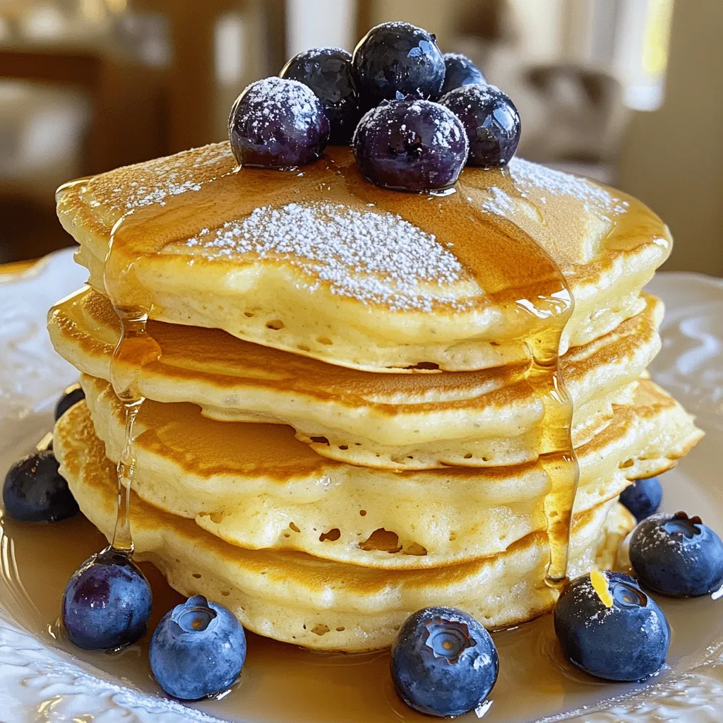 Für diese leckeren Pfannkuchen brauchen Sie frische und einfache Zutaten. Hier ist die Liste: - 1 Tasse Ricotta-Käse - 2 große Eier - 1/2 Tasse Milch - Schale von 1 Zitrone (Zest) - 2 Esslöffel frischer Zitronensaft - 1 Tasse Weizenmehl (Type 405) - 2 Esslöffel Zucker - 1 Teelöffel Backpulver - 1/2 Teelöffel Natron - 1/4 Teelöffel Salz - 1 Tasse frische Blaubeeren (plus zusätzliche zum Servieren) - Butter oder Öl zum Braten Diese Zutaten geben den Pfannkuchen einen tollen Geschmack und eine schöne Textur. Falls Sie keinen Ricotta mögen oder haben, gibt es Alternativen. Sie können Hüttenkäse oder Frischkäse verwenden. Diese Käse geben eine ähnliche Cremigkeit. Ein veganer Ersatz wäre Seidentofu. Pürieren Sie ihn, um eine glatte Konsistenz zu erreichen. Wollen Sie die Nährstoffe steigern? Fügen Sie etwas Leinsamen oder Chiasamen hinzu. Diese sind reich an Ballaststoffen. Sie können auch Haferflocken verwenden, um die Pfannkuchen noch gesünder zu machen. Ein bisschen Zimt passt gut und gibt einen feinen Geschmack. Für das komplette Rezept schauen Sie in den Abschnitt "Full Recipe". Zuerst nehmen wir eine große Rührschüssel. Dort geben wir den Ricotta-Käse, die Eier und die Milch. Jetzt kommen die Zitronenschale und der frische Zitronensaft dazu. Mit einem Schneebesen rühren wir die Mischung. Wir wollen, dass sie glatt ist und gut vermengt. Das dauert nur ein paar Minuten. In einer separaten Schüssel mischen wir das Weizenmehl, den Zucker, das Backpulver, das Natron und das Salz. Es ist wichtig, alles gut zu vermengen. Danach sieben wir die Mischung. So vermeiden wir Klumpen. Jetzt sind wir bereit, die Pfannkuchen zu backen! Wir geben die trockenen Zutaten nach und nach zu den feuchten hinzu. Vorsichtig umrühren, bis alles kombiniert ist. Ein paar Klumpen sind in Ordnung. Dann heben wir die frischen Blaubeeren sanft unter. Wir erhitzen eine beschichtete Pfanne bei mittlerer Hitze und fügen etwas Butter oder Öl hinzu. Für jeden Pfannkuchen gießen wir etwa 1/4 Tasse Teig in die Pfanne. Backen Sie die Pfannkuchen 2-3 Minuten, bis sich Blasen bilden. Wenden Sie sie vorsichtig und backen Sie sie goldbraun. Nehmen Sie die Pfannkuchen aus der Pfanne und halten Sie sie warm, während Sie den restlichen Teig kochen. Servieren Sie die Pfannkuchen warm, garniert mit zusätzlichen Blaubeeren. Ein Schuss Ahornsirup macht das Gericht perfekt. Für das gesamte Rezept schauen Sie sich bitte die Full Recipe an. Um perfekte Zitronen-Blaubeer-Ricotta-Pfannkuchen zu machen, ist die Hitze wichtig. Die Pfanne sollte bei mittlerer Hitze sein. Zu viel Hitze kann die Pfannkuchen außen bräunen, während sie innen roh bleiben. Gießen Sie etwa 1/4 Tasse Teig in die Pfanne. Warten Sie, bis Blasen an der Oberfläche erscheinen. Das zeigt, dass es Zeit ist, sie zu wenden. Übermäßiges Mischen ist der Feind. Wenn Sie die trockenen Zutaten zu den feuchten hinzufügen, rühren Sie vorsichtig um. Ein paar Klumpen sind völlig in Ordnung. Das hilft den Pfannkuchen, leicht und locker zu bleiben. Wenn Sie zu viel rühren, werden die Pfannkuchen zäh und fest. Denken Sie daran, dass weniger mehr ist! Das Wenden der Pfannkuchen kann knifflig sein. Verwenden Sie einen flachen Spatel, um die Pfannkuchen vorsichtig anzuheben. Überprüfen Sie die Unterseite zuerst. Wenn sie goldbraun ist, ist es Zeit, sie zu wenden. Seien Sie sanft, um die Blaubeeren nicht zu zerdrücken. Ein schnelles, sicheres Wenden sorgt für schöne, gleichmäßige Pfannkuchen. Diese Tipps helfen Ihnen, köstliche Pfannkuchen zu machen. Für das vollständige Rezept schauen Sie sich die vollständige Anleitung an. {{image_4}} Für eine vegane Version der Zitronen-Blaubeer-Ricotta-Pfannkuchen möchte ich pflanzliche Alternativen nutzen. Ersetzen Sie den Ricotta durch Seidentofu oder Cashewcreme. Diese Optionen sind cremig und voller Geschmack. Verwenden Sie außerdem pflanzliche Milch, wie Mandel- oder Hafermilch. Statt Eier empfehle ich geschrotete Leinsamen. Mischen Sie einen Esslöffel Leinsamen mit drei Esslöffeln Wasser. Lassen Sie die Mischung fünf Minuten ruhen, bis sie dick wird. Diese einfache Umstellung macht den Pfannkuchen lecker und vegan. Die Pfannkuchen sind sehr vielseitig. Sie können andere Früchte verwenden, um verschiedene Geschmäcker zu erzielen. Versuchen Sie, Himbeeren oder Erdbeeren hinzuzufügen. Diese Früchte bringen eine süße und fruchtige Note. Für eine tropische Variante fügen Sie Ananas oder Mango hinzu. Schneiden Sie die Früchte klein und mischen Sie sie unter den Teig. Das sorgt für mehr Frische und macht jeden Biss besonders. Um den Pfannkuchen mehr Tiefe zu verleihen, können Sie Gewürze hinzufügen. Eine Prise Zimt bringt Wärme in den Teig. Vanilleextrakt sorgt für ein süßes Aroma. Probieren Sie auch Muskatnuss oder Ingwer für eine spannende Note. Diese kleinen Ergänzungen machen einen großen Unterschied. Sie verwandeln die Pfannkuchen in etwas ganz Besonderes. Experimentieren Sie mit den Gewürzen, um Ihre perfekte Mischung zu finden. Um die Zitronen-Blaubeer-Ricotta-Pfannkuchen frisch zu halten, lege sie in einen luftdichten Behälter. Trenne die Schichten mit Backpapier, damit sie nicht kleben. Stelle den Behälter in den Kühlschrank. So bleiben sie für bis zu drei Tage frisch. Wenn du die Pfannkuchen aufwärmen möchtest, benutze eine Pfanne oder eine Mikrowelle. In der Pfanne kannst du sie bei mittlerer Hitze für 1-2 Minuten pro Seite erwärmen. In der Mikrowelle erwärmst du sie für 20-30 Sekunden. So schmecken sie fast wie frisch zubereitet. Um die Pfannkuchen einzufrieren, lege sie in einen Behälter oder einen Gefrierbeutel. Trenne die Schichten wieder mit Backpapier. Wenn du sie später essen möchtest, tau sie einfach über Nacht im Kühlschrank auf. Dann erwärme sie wie oben beschrieben. So hast du jederzeit einen schnellen Snack oder ein Frühstück. Für das komplette Rezept schau dir die Anleitung im Full Recipe an. Dieses Rezept ergibt vier Portionen. Jeder Pfannkuchen ist reichhaltig und sättigend. Wenn du mehr Gäste hast oder einfach mehr Pfannkuchen möchtest, kannst du die Zutaten leicht verdoppeln. Stelle sicher, dass du genügend Pfannenfläche hast, um die Pfannkuchen gleichzeitig zu braten. Ja, du kannst gefrorene Blaubeeren verwenden. Sie sind eine praktische Option, besonders wenn frische Blaubeeren nicht verfügbar sind. Achte darauf, die gefrorenen Blaubeeren vorher nicht zu tauen. Dies verhindert, dass der Teig zu feucht wird. Füge sie einfach direkt in den Teig, und die Blaubeeren werden beim Braten durch die Hitze aufgetaut. Ja, du kannst glutenfreies Mehl verwenden. Es gibt viele glutenfreie Mehlmischungen, die gut für Pfannkuchen geeignet sind. Achte darauf, eine Mischung zu wählen, die für Backwaren gedacht ist. Du kannst auch Hafermehl ausprobieren, wenn du eine andere Textur möchtest. Die Pfannkuchen werden trotzdem lecker und fluffig. Für die besten Ergebnisse, teste verschiedene Mehle, um deinen Favoriten zu finden. Für das vollständige Rezept, schau dir die vollständige Anleitung an. Die Zitronen-Blaubeer-Ricotta-Pfannkuchen sind einfach und lecker. Du hast gelernt, welche Zutaten wichtig sind und wie du sie Schritt für Schritt zubereitest. Die Tipps helfen dir, perfekte Pfannkuchen zu machen. Variationen zeigen dir, wie du kreativ werden kannst. Außerdem sind die Lagertipps praktisch, um Reste zu nutzen. Jetzt bist du bereit, diese Pfannkuchen zu genießen und neue Varianten auszuprobieren. Viel Spaß beim Ausprobieren und Experimentieren!