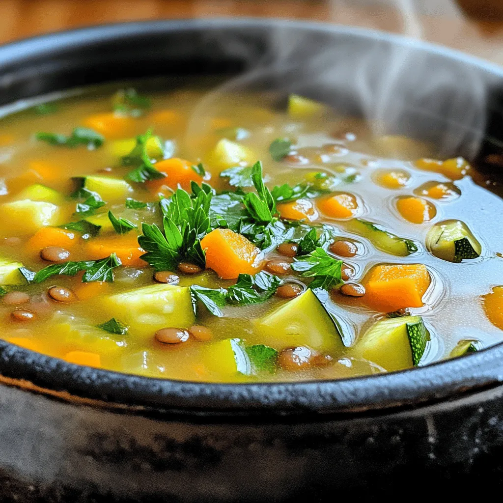 Für diese Zucchini-Linsen-Suppe brauchst du folgende Hauptzutaten: - 1 Tasse grüne oder braune Linsen, gespült - 2 mittelgroße Zucchini, gewürfelt - 1 große Karotte, grob gehackt - 1 Zwiebel, gehackt - 3 Knoblauchzehen, fein gehackt - 4 Tassen Gemüsebrühe - 1 Dose (400 g) gewürfelte Tomaten Die Linsen bieten eine gute Proteinquelle. Zucchini und Karotten bringen Frische und Farbe. Zwiebel und Knoblauch geben der Suppe einen tollen Geschmack. Die richtigen Gewürze sind wichtig für den Geschmack. Hier sind die, die du brauchst: - 1 Teelöffel Kreuzkümmel - 1 Teelöffel geräuchertes Paprikapulver - 1/2 Teelöffel Kurkuma - 2 Esslöffel Olivenöl - Salz und Pfeffer nach Geschmack Kreuzkümmel und Paprikapulver bringen Wärme in die Suppe. Kurkuma gibt eine schöne Farbe und hat viele gesundheitsfördernde Eigenschaften. Um die Suppe noch besser zu machen, kannst du sie so servieren: - Frische Kräuter wie Petersilie oder Koriander - Vorschlag für Beilagen: frisches Brot Die frischen Kräuter sorgen für einen tollen Geschmack. Ein Stück frisches Brot macht die Mahlzeit perfekt. Du findest das komplette Rezept in „Zucchini-Linsen-Suppe Delikatesse“. Zuerst schneide das Gemüse. Würfle die Zucchini und hacke die Karotte. Hacke die Zwiebel und den Knoblauch fein. Diese Schritte sind wichtig, um die Aromen freizusetzen. Spüle die Linsen unter kaltem Wasser ab. So entfernst du Schmutz und schützt die Qualität. Lege alle Gewürze bereit. Du brauchst Kreuzkümmel, geräuchertes Paprikapulver, und Kurkuma. Diese Gewürze bringen Geschmack in die Suppe. Erhitze 2 Esslöffel Olivenöl in einem großen Topf bei mittlerer Hitze. Füge die gehackte Zwiebel hinzu. Dünste die Zwiebel für etwa 5 Minuten. Sie soll glasig und weich werden. Danach gib den Knoblauch und die Gewürze hinzu. Lass alles für 1-2 Minuten braten. So entfalten sich die Aromen richtig gut. Füge die gewürfelten Zucchini und die gehackte Karotte hinzu. Koche die Mischung für 5 Minuten, bis das Gemüse leicht weich wird. Jetzt kommen die Linsen, die gewürfelten Tomaten und die Gemüsebrühe in den Topf. Rühre alles gut um. Bringe die Suppe zum Kochen. Reduziere dann die Hitze auf niedrig. Decke den Topf ab und lass die Suppe 30-35 Minuten köcheln. Die Linsen sollten zart sein und die Aromen gut vermischt. Schmecke die Suppe mit Salz und Pfeffer ab. Wenn du eine cremigere Konsistenz möchtest, püriere einen Teil der Suppe mit einem Stabmixer. Lasse dabei einige Stücke erhalten, um Textur zu haben. Du kannst die Suppe heiß servieren. Garniere sie mit frischer Petersilie oder Koriander. Der frische Duft und die Farben machen die Suppe ansprechend. Serviere die Suppe in tiefen Schalen. Ein Spritzer Olivenöl obendrauf macht sie noch besser. Ein Stück frisches Brot dazu rundet das Mahl perfekt ab. So wird deine Zucchini-Linsen-Suppe einfach und köstlich! Für die detaillierte Zubereitung schau dir die vollständige Rezeptanleitung an. Um deine Zucchini-Linsen-Suppe zu verbessern, spiele mit den Gewürzen. Füge mehr Kreuzkümmel für einen erdigen Geschmack hinzu. Wenn du etwas Schärfe magst, probiere eine Prise Cayennepfeffer aus. Für eine fruchtige Note kannst du etwas Zitronensaft einrühren. Die Konsistenz der Suppe ist ebenfalls wichtig. Magst du sie dick oder flüssig? Wenn du eine dickere Suppe willst, püriere mehr Linsen und Zucchini. Für eine dünnere Konsistenz, gib mehr Gemüsebrühe hinzu. Nutze die Vorbereitungszeit effizient. Schneide das Gemüse, während die Zwiebel brät. So sparst du Zeit. Wenn du viel beschäftigst bist, bereite Portionen im Voraus vor. Koche die Suppe und friere sie in Behältern ein. So hast du immer eine schnelle Mahlzeit zur Hand. Ein Stabmixer ist ein tolles Werkzeug. Um ihn richtig zu benutzen, tauche ihn vollständig in die Suppe. Püriere die Suppe in einem sanften Auf- und Abbewegung. Achte darauf, nicht zu lange zu pürieren. Zu viel Pürieren macht die Suppe glatt und verliert die Textur. Lass einige Stücke für mehr Biss. Für die komplette Zubereitung schau dir das [Full Recipe] an, um alle Details zu erfahren. {{image_4}} Du kannst in deiner Zucchini-Linsen-Suppe viele andere Gemüsesorten verwenden. Zum Beispiel passen Spinat oder Grünkohl gut dazu. Auch Sellerie und Paprika geben der Suppe einen neuen Geschmack. Wenn du es etwas schärfer magst, füge Chili hinzu. Für eine vegane Brühe kannst du Gemüsebrühe oder Wasser verwenden. Du kannst auch Gewürze wie Kurkuma oder Ingwer für mehr Geschmack nutzen. Wenn du glutenfrei kochen möchtest, ist diese Suppe perfekt. Alle Zutaten sind glutenfrei. Du kannst auch Linsen aus anderen Hülsenfrüchten ersetzen. Für eine Low-Carb-Variante kannst du die Linsen reduzieren und mehr Zucchini verwenden. Das macht die Suppe leicht und lecker. Saisonales Gemüse macht die Suppe noch frischer. Im Frühling kannst du Erbsen oder Spargel hinzufügen. Im Sommer sind Tomaten und Paprika ideal. Im Herbst kannst du Kürbis oder Süßkartoffeln verwenden. Im Winter passen Wurzelgemüse wie Karotten und Sellerie sehr gut. So passt sich die Suppe an jede Jahreszeit an und bleibt immer köstlich. Die Zucchini-Linsen-Suppe bleibt frisch, wenn du sie im Kühlschrank lagerst. Sie hält sich dort etwa 3 bis 5 Tage. Achte darauf, die Suppe in einem luftdichten Behälter aufzubewahren. So bleibt sie länger gut. Wenn du die Suppe wieder aufwärmen möchtest, erwärme sie auf mittlerer Hitze. Rühre sie gut um, damit sie gleichmäßig warm wird. Einfrieren ist eine tolle Möglichkeit, die Suppe länger haltbar zu machen. Fülle die kalte Suppe in gefriergeeignete Behälter. Lasse etwas Platz, damit sich die Suppe beim Einfrieren ausdehnen kann. Die Suppe bleibt bis zu 3 Monate im Gefrierfach gut. Zum Auftauen lege die Suppe über Nacht in den Kühlschrank. Um sie dann wieder zu erwärmen, nutze einen Topf oder die Mikrowelle. Hast du Reste? Nutze sie kreativ! Du kannst die Suppe als Basis für eine Sauce verwenden oder in ein anderes Gericht einfügen. Wenn du Zucchini oder Linsen übrig hast, füge sie zu einem Salat oder einer anderen Suppe hinzu. So vermeidest du Lebensmittelverschwendung und schaffst neue, leckere Gerichte. Entdecke die Möglichkeiten, die dir die Zucchini-Linsen-Suppe bietet! Du kannst die Zucchini-Linsen-Suppe bis zu fünf Tage im Kühlschrank aufbewahren. Stelle sicher, dass du sie in einem luftdichten Behälter lagerst, um die Frische zu erhalten. Wenn du die Suppe länger aufbewahren möchtest, friere sie ein. Im Gefrierfach hält sie bis zu drei Monate. Achte darauf, die Suppe in Portionen zu teilen, bevor du sie einfrierst. So kannst du sie leicht aufwärmen, wenn du Lust auf eine schnelle Mahlzeit hast. Ja, du kannst andere Hülsenfrüchte wie Kichererbsen oder schwarze Bohnen verwenden. Diese geben der Suppe einen anderen Geschmack und eine andere Textur. Wenn du kein Fan von Hülsenfrüchten bist, probiere etwas Gemüse wie Kartoffeln oder Brokkoli. Diese Zutaten können die Suppe ebenfalls sättigender machen und passen gut zu den Aromen. Zu dieser Suppe passen viele Beilagen. Ein Stück frisches Brot ist immer eine gute Wahl. Du kannst auch einen einfachen grünen Salat dazu servieren. Wenn du etwas mehr Crunch möchtest, versuche geröstete Nüsse oder Samen. Diese geben der Suppe einen tollen Biss. Die vollständige Rezeptanleitung findest du unter „Zucchini-Linsen-Suppe Delikatesse“. Dort sind alle Schritte klar erklärt, damit du die Suppe einfach nachkochen kannst. Die Zucchini-Linsen-Suppe nutzt einfache Zutaten für großartigen Geschmack. Wir haben Hauptzutaten wie Linsen und Gemüse sowie Gewürze besprochen. Der Schritt-für-Schritt-Prozess hilft dir beim Kochen und Verfeinern. Variationen ermöglichen dir Anpassungen an deinen Geschmack und Diätbedürfnisse. Denke auch an die richtige Lagerung, um die Suppe frisch zu halten. Wenn du Fragen hast, findest du Antworten in den FAQs. Diese Suppe ist lecker und gesund – probiere sie aus und genieße sie!