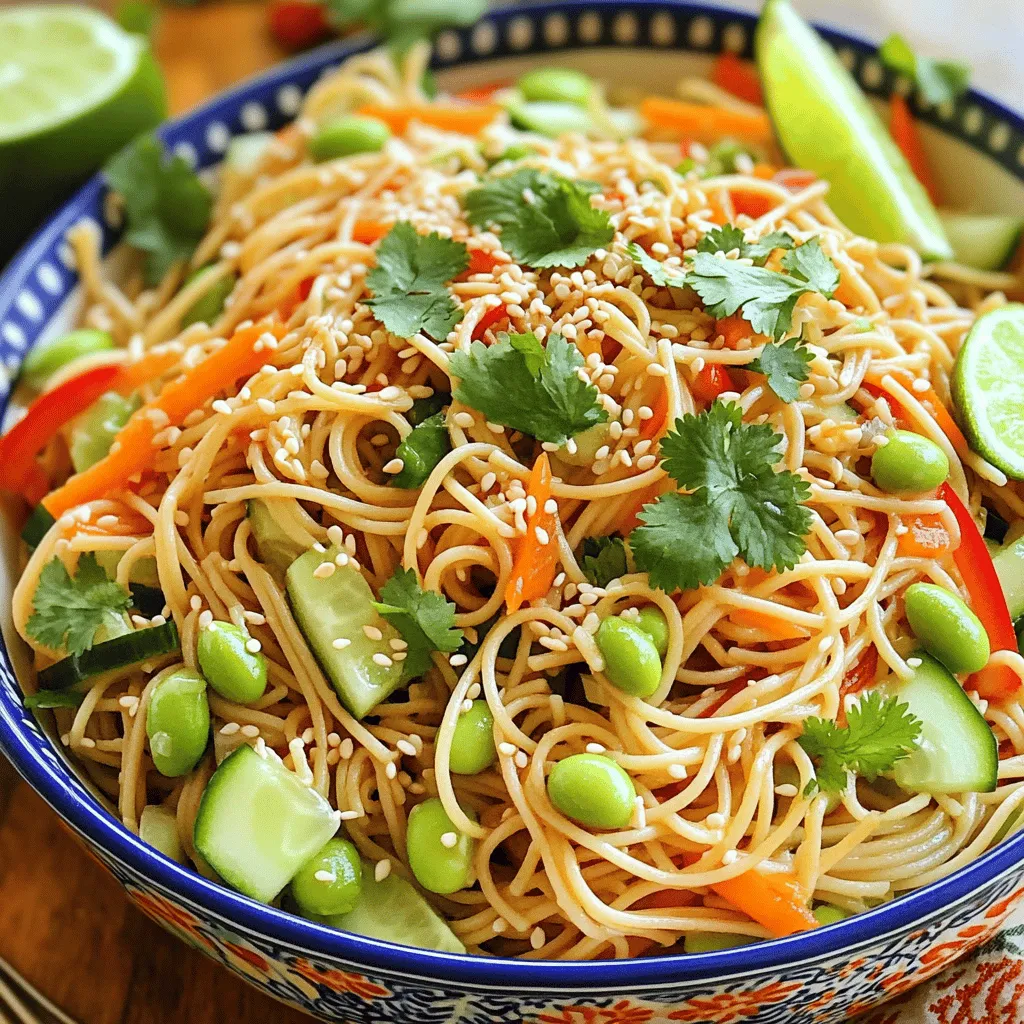 Der Sesam-Nudelsalat ist einfach und bunt. Hier sind die Hauptzutaten, die du brauchst: - 230 g Vollkornspaghetti oder asiatische Nudeln - 1 Tasse geraspelte Karotten - 1 Gurke, in dünne Streifen geschnitten - 1 rote Paprika, hauchdünn geschnitten - 1 Tasse Edamame (gekocht und geschält) - 1/4 Tasse Frühlingszwiebeln, gehackt - 1/4 Tasse Sesamsamen, geröstet - 1/4 Tasse frischer Koriander, gehackt Diese Zutaten bringen Frische und Farbe in deinen Salat. Sie sind auch sehr gesund und lecker. Das Dressing macht den Salat besonders. Hier sind die Zutaten für das Dressing: - 3 Esslöffel Sesamöl - 2 Esslöffel Sojasauce (niedriger Natriumgehalt) - 2 Esslöffel Reisessig - 1 Esslöffel Honig (oder Ahornsirup für eine vegane Variante) - 1 Teelöffel frisch geriebener Ingwer - 1 Knoblauchzehe, fein gehackt - Salz und schwarzer Pfeffer nach Geschmack Das Dressing ist würzig und gibt dem Salat den letzten Schliff. Es ist einfach zu machen und du wirst es lieben. Frische Zutaten sind wichtig. Sie machen den Geschmack besser. Hier sind einige Tipps: - Kaufe die Karotten und Gurken frisch. Sie sollten knackig sein. - Wähle reife Paprika für mehr Geschmack. - Achte darauf, dass die Edamame gut gekocht sind. - Verwende frische Kräuter. Sie geben dem Salat einen tollen Duft. Frische Zutaten sorgen dafür, dass dein Sesam-Nudelsalat köstlich wird. Du kannst das ganze Rezept für einen leckeren Genuss finden unter Full Recipe. Kochen Sie 230 g Vollkornspaghetti oder asiatische Nudeln. Folgen Sie den Anweisungen auf der Verpackung. Achten Sie darauf, sie al dente zu kochen. Nach dem Kochen gießen Sie die Nudeln ab. Spülen Sie die Nudeln unter kaltem Wasser ab, um sie abzukühlen. Legen Sie die abgekühlten Nudeln in eine große Schüssel. Bereiten Sie das Dressing während des Kochens der Nudeln vor. Nehmen Sie eine kleine Schüssel. Geben Sie 3 Esslöffel Sesamöl, 2 Esslöffel Sojasauce, 2 Esslöffel Reisessig, 1 Esslöffel Honig, 1 Teelöffel frisch geriebenen Ingwer und 1 fein gehackte Knoblauchzehe hinein. Mischen Sie alle Zutaten gut. Schmecken Sie das Dressing mit Salz und schwarzem Pfeffer ab. Fügen Sie die geraspelten Karotten, die Gurkenstreifen, die rote Paprika, die gekochten Edamame und die gehackten Frühlingszwiebeln zu den Nudeln hinzu. Gießen Sie das Dressing über die Mischung. Rühren Sie sanft um, damit die Nudeln und das Gemüse gleichmäßig bedeckt sind. Bestreuen Sie den Salat mit 1/4 Tasse gerösteten Sesamsamen und 1/4 Tasse gehacktem Koriander. Mischen Sie vorsichtig nochmals leicht. Lassen Sie den Salat vor dem Servieren 15-30 Minuten im Kühlschrank ruhen. Um die Nudeln perfekt zu kochen, achte auf die Zeit. Vollkornspaghetti brauchen etwa 8-10 Minuten. Probiere die Nudeln vor dem Abgießen. Sie sollten al dente sein. Nach dem Abgießen spüle sie sofort unter kaltem Wasser. So stoppe ich den Kochprozess. Das hilft, die Nudeln knusprig zu halten. Für den besten Geschmack lasse ich den Salat 15-30 Minuten im Kühlschrank ruhen. Das gibt den Aromen Zeit, sich zu vermischen. So schmeckt jeder Bissen besser. Wenn du den Salat länger lagerst, werden die Aromen noch intensiver. Vermeide es, ihn zu lange stehen zu lassen, da die Nudeln weich werden können. Die Garnitur macht den Salat noch schöner und schmackhafter. Ich empfehle, geröstete Erdnüsse oder zusätzliche Sesamsamen zu verwenden. Ein Zweig frischer Koriander bringt Farbe und Geschmack. Du kannst auch Limettenviertel an die Seite legen. Das gibt jedem die Möglichkeit, mehr Frische hinzuzufügen. Diese kleinen Details machen den Salat besonders. Für das Rezept und mehr Details schaue dir die Full Recipe an. {{image_4}} Um das Dressing vegan zu machen, ersetzen Sie den Honig durch Ahornsirup. Dies gibt dem Dressing eine süße Note, die perfekt zu den Nudeln passt. Achten Sie darauf, dass auch die Sojasauce keinen Zucker enthält. So bleibt der Geschmack frisch und rein. Fügen Sie verschiedene Gemüse hinzu, um den Salat aufregender zu machen. Probieren Sie geschnittene Paprika, Brokkoli oder sogar Mangostreifen. Diese Zutaten bringen neue Farben und Aromen in Ihr Gericht. So bleibt der Salat spannend und lecker. Wenn Sie mehr Protein benötigen, fügen Sie Tofu oder Hühnchen hinzu. Tofu passt gut und nimmt den Geschmack des Dressings auf. Gekochtes Hühnchen ist eine weitere tolle Option. Beides macht den Salat sättigender und nahrhafter. Verleihen Sie Ihrem Gericht eine proteinreiche Note, die stark und gesund ist. Um den Sesam-Nudelsalat frisch zu halten, lege ihn in einen luftdichten Behälter. Achte darauf, dass die Nudeln und das Gemüse gut abgedeckt sind. Wenn du den Salat für später zubereitest, lagere das Dressing separat. So bleibt der Salat knackig und schmeckt frisch. Vor dem Servieren kannst du alles wieder gut vermengen. Das Dressing kannst du in einem kleinen Glas oder einer Flasche aufbewahren. Stelle sicher, dass der Deckel fest sitzt. Lagere das Dressing im Kühlschrank, wo es bis zu einer Woche haltbar ist. Schüttle das Glas gut, bevor du es verwendest. So vermischen sich die Zutaten wieder gut. Der fertige Salat bleibt im Kühlschrank etwa zwei bis drei Tage frisch. Nach dieser Zeit kann die Konsistenz der Nudeln weich werden. Achte darauf, den Salat vor dem Essen gut zu prüfen. Wenn er unangenehm riecht oder die Farbe verändert, ist es besser, ihn nicht mehr zu essen. Du kannst den Sesam-Nudelsalat bis zu drei Tage im Kühlschrank aufbewahren. Stelle sicher, dass du ihn in einem luftdichten Behälter lagerst. So bleibt der Salat frisch und lecker. Wenn der Salat länger steht, kann das Gemüse weich werden. Daher ist es besser, ihn schnell zu genießen. Wenn du kein Sesamöl hast, sind hier einige Alternativen: - Erdnussöl - Rapsöl - Sonnenblumenöl Diese Öle haben einen neutralen Geschmack und passen gut zu den Nudeln. Du kannst auch ein paar Tropfen geröstetes Erdnussöl hinzufügen, um einen ähnlichen Geschmack zu erhalten. Der Sesam-Nudelsalat ist leicht vegan zu machen. Die meisten Zutaten sind pflanzlich. Achte darauf, Honig durch Ahornsirup zu ersetzen. So bleibt der Salat vegan. Wenn du keinen Honig verwendest, ist der Salat für jeden geeignet. Er bietet viele Nährstoffe und ist eine gesunde Wahl für jede Mahlzeit. Zusammenfassend bietet dieser Artikel wertvolle Informationen für einen leckeren Sesam-Nudelsalat. Sie haben die Hauptzutaten und das Dressing kennengelernt. Außerdem wissen Sie, wie man die Nudeln kocht und den Salat aufbaut. Tipps helfen Ihnen, die beste Konsistenz zu erreichen. Variationen zeigen Ihnen, wie Sie den Salat Ihren Vorlieben anpassen können. Denken Sie an die Lagerung, damit der Salat frisch bleibt. Genießen Sie es, neue Geschmäcker zu entdecken!