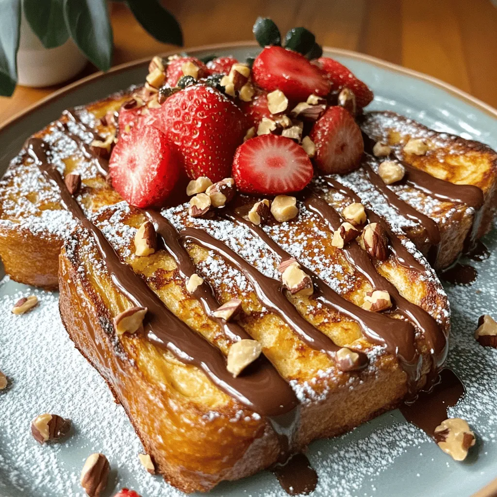 - 4 Scheiben dickes Brioche- oder Challah-Brot - 2 große Eier - ½ Tasse Milch (tierisch oder pflanzlich) - 2 Esslöffel Schokoladen-Haselnuss-Aufstrich - 1 Teelöffel Vanilleextrakt - 1 Teelöffel gemahlener Zimt - 1 Esslöffel Butter (zum Braten) - Frische Haselnüsse, gehackt - Frische Erdbeeren, in Scheiben geschnitten - Puderzucker zum Bestäuben Für mein Schokoladen-Haselnuss-Toast verwende ich gerne dickes Brioche- oder Challah-Brot. Diese Brote sind weich und nehmen die Eimischung gut auf. Die Eier geben dem Toast eine schöne Textur. Die Milch macht ihn cremig. Du kannst jede Milchart verwenden, die du magst. Der Schokoladen-Haselnuss-Aufstrich ist das Herzstück dieses Rezepts. Ich nutze oft Nutella, aber andere Marken sind auch klasse. Der Vanilleextrakt fügt eine süße Note hinzu. Der Zimt sorgt für eine warme, einladende Aromen. Für das Braten nehme ich einen Esslöffel Butter. Diese sorgt für eine goldene, knusprige Oberfläche. Toppings wie gehackte Haselnüsse und frische Erdbeeren machen das Gericht bunt und lecker. Eine Prise Puderzucker macht es süßer. Das Rezept ist einfach und schnell. Du kannst die Zutaten anpassen, je nach Geschmack. Probier es aus! Es ist ein Genuss zum Frühstück oder Brunch. Wenn du mehr über die Zubereitung erfahren möchtest, schau dir das [Full Recipe] an. Zuerst nimmst du eine flache Schüssel. Schlage die zwei großen Eier darin auf. Gieße die ½ Tasse Milch hinzu. Füge zwei Esslöffel Schokoladen-Haselnuss-Aufstrich dazu. Verquirle alles gut, bis die Mischung glatt ist. Achte darauf, dass der Aufstrich gleichmäßig verteilt ist. Jetzt füge einen Teelöffel Vanilleextrakt und einen Teelöffel gemahlenen Zimt hinzu. Rühre nochmals um, damit alles gut vermischt ist. Heize eine beschichtete Pfanne auf mittlerer Hitze vor. Lass einen Esslöffel Butter darin schmelzen. Die Pfanne sollte gut beschichtet sein. Nimm die Brotscheiben und tauche sie in die Eimischung. Lass sie etwa 15 bis 20 Sekunden pro Seite einweichen. Sie sollten genug Flüssigkeit aufnehmen, ohne auseinanderzufallen. Lege die eingeweichten Brotscheiben in die Pfanne. Brate sie jeweils drei bis vier Minuten pro Seite, bis sie goldbraun sind. Wiederhole diesen Schritt mit den restlichen Scheiben. Sobald die Brotscheiben fertig sind, richte sie auf Tellern an. Dekoriere jede Scheibe mit etwas gehackten Haselnüssen und frischen Erdbeeren. Bestäube sie leicht mit Puderzucker. Serviere das Gericht warm. Wenn du magst, stelle einen zusätzlichen Schokoladen-Haselnuss-Aufstrich zum Dippen bereit. Du kannst das Rezept ganz einfach nach der [Full Recipe] Anleitung zubereiten. Die Eiermischung ist der Schlüssel zu gutem Schokoladen-Haselnuss-Toast. Achte darauf, die Eier gut zu verquirlen. Füge die Milch langsam hinzu, während du rührst. So wird die Mischung schön glatt. Der Schokoladen-Haselnuss-Aufstrich sollte gut eingearbeitet sein. Wenn du Klumpen siehst, mische weiter. Ein paar Sekunden mehr können den Unterschied machen. Die richtige Hitze ist wichtig, um den perfekten Toast zu bekommen. Stelle die Pfanne auf mittlere Hitze. Wenn die Pfanne zu heiß ist, verbrennt das Brot außen, bleibt aber innen weich. Wenn sie zu kalt ist, wird das Brot nicht knusprig. Du kannst einen kleinen Test machen: Gib ein bisschen Butter in die Pfanne. Wenn sie schäumt, ist die Temperatur perfekt. Die Präsentation macht viel aus. Lege die Toastscheiben schön auf die Teller. Streue die gehackten Haselnüsse gleichmäßig darüber. Füge frische Erdbeeren hinzu, um Farbe zu bringen. Staube etwas Puderzucker darüber für das besondere Etwas. Ein zusätzlicher Klecks Schokoladen-Haselnuss-Aufstrich zum Dippen macht es noch besser. So wird dein Gericht nicht nur lecker, sondern sieht auch toll aus. {{image_4}} Um Schokoladen-Haselnuss-Toast vegan zu machen, ersetze die Eier. Nutze stattdessen 1/4 Tasse Apfelmus oder 1/2 Banane. Wähle pflanzliche Milch, wie Mandel- oder Hafermilch. Verwende einen veganen Schokoladen-Haselnuss-Aufstrich. So bleibt der Geschmack gleich lecker und die Textur gut! Füge dem Rezept neue Aromen hinzu, um es zu variieren. Ein Spritzer Orangensaft oder etwas Zesten macht das Gericht frisch. Auch eine Prise Karamell kann eine süße Note geben. Experimentiere mit verschiedenen Gewürzen. Zum Beispiel, Muskatnuss oder Kardamom bringen Wärme in das Gericht. Die Garnitur kann viel bewirken. Statt frischer Erdbeeren kannst du Bananen oder Himbeeren verwenden. Probiere auch Joghurt oder Kokosnusscreme als Topping. Für einen knusprigen Biss, füge gehackte Nüsse oder Granola hinzu. Sie verleihen Textur und machen den Toast noch interessanter. Wenn du Reste von deinem Schokoladen-Haselnuss-Toast hast, lege sie in einen luftdichten Behälter. Lagere sie im Kühlschrank. So bleiben sie frisch für etwa 2 bis 3 Tage. Bevor du sie wieder aufwärmst, kannst du sie kurz auf Zimmertemperatur bringen. Das hilft, die Textur zu bewahren. Für die Langzeitlagerung friere die Scheiben ein. Wickele jede Scheibe in Frischhaltefolie und lege sie in einen Gefrierbeutel. So bleiben sie bis zu einem Monat frisch. Zum Wiederaufwärmen nimm die Scheiben aus dem Gefrierfach und lasse sie kurz auftauen. Dann kannst du sie in der Pfanne oder im Toaster aufwärmen, bis sie warm sind. Um die Frische deines Schokoladen-Haselnuss-Toast zu erhalten, achte darauf, dass du es nicht zu lange im Kühlschrank lagerst. Stelle sicher, dass der Behälter gut verschlossen ist. Wenn du frische Zutaten wie Erdbeeren hinzufügst, serviere sie sofort. So bleiben die Aromen und die Textur perfekt. Du kannst den Schokoladen-Haselnuss-Toast bis zu drei Tage im Kühlschrank aufbewahren. Achte darauf, ihn in einem luftdichten Behälter zu lagern. Wenn du ihn aufbewahrst, schmeckt er am besten, wenn du ihn vorher leicht aufwärmst. So wird er wieder leicht knusprig und warm. Ja, du kannst das Rezept leicht anpassen. Verdopple einfach die Zutaten. Nutze eine große Schüssel für die Eimischung. Stelle sicher, dass deine Pfanne groß genug ist, um mehrere Brotscheiben gleichzeitig zu braten. So sparst du Zeit und kannst mehr Portionen auf einmal zubereiten. Wenn du kein Brioche oder Challah hast, sind andere Brotsorten auch gut. Weißbrot oder Vollkornbrot funktionieren auch gut. Du kannst sogar Ciabatta oder Focaccia verwenden. Diese Brote geben dem Toast eine andere, aber leckere Textur. Schokoladen-Haselnuss-Toast ist eine köstliche Mischung aus einfachen Zutaten wie Brot, Eiern und Milch. In der Schritt-für-Schritt-Anleitung habe ich gezeigt, wie du die Eiermischung zubereitest und den Toast perfekt brätst. Denke an kleine Tipps für die richtige Konsistenz und die Temperatur. Variationen machen dein Gericht noch spannender. Schließlich sorgen einfache Aufbewahrungstipps dafür, dass dein Toast frisch bleibt. Du kannst jetzt loslegen und dieses leckere Rezept genießen!