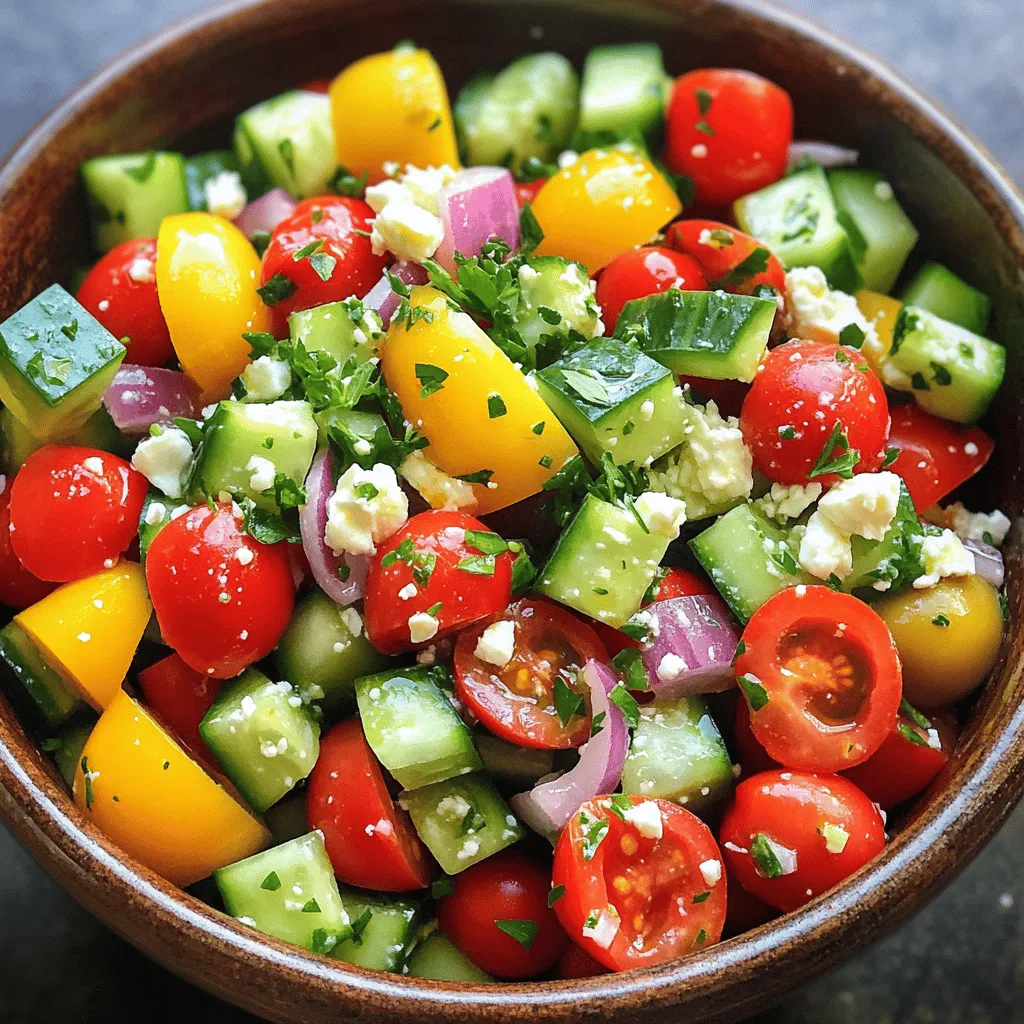 Für einen leckeren griechischen Salat brauchst du frische und gesunde Zutaten. Hier ist eine Liste der Hauptzutaten: - 1 Salatgurke, gewürfelt - 2 Tassen Kirschtomaten, halbiert - 1 Paprika (rot oder gelb), gewürfelt - 1/2 rote Zwiebel, fein gehackt - 1 Tasse Kalamata-Oliven, entsteint und halbiert - 1 Tasse Feta-Käse, zerkrümelt Diese Zutaten bringen eine Vielzahl von Farben und Texturen. Die knackige Gurke und die süßen Kirschtomaten machen den Salat frisch. Die Paprika fügt eine süße Note hinzu, während die rote Zwiebel einen scharfen Kick bringt. Kräuter und Gewürze sind das Geheimnis für den besten Geschmack. Verwende unbedingt: - 1/4 Tasse frische Petersilie, gehackt - 1 Teelöffel getrockneter Oregano - Salz und Pfeffer nach Geschmack Die frische Petersilie gibt dem Salat einen hellen Geschmack. Der Oregano ist typisch für die griechische Küche. Er bringt das mediterrane Flair in deinen Salat. Salz und Pfeffer sind wichtig, um die Aromen zu betonen. Um den Salat einfach zuzubereiten, brauchst du einige Küchenwerkzeuge: - Eine große Schüssel - Eine kleine Schüssel für das Dressing - Einen Schneebesen zum Mischen Diese Geräte helfen dir, alle Zutaten gut zu vermengen. Du kannst die große Schüssel auch nutzen, um den Salat zu servieren. Wenn du das Dressing in einer kleinen Schüssel machst, bleibt alles frisch und lecker. Jetzt bist du bereit, deinen Chopped Greek Veggie Salad frisch und gesund zuzubereiten! Du findest das vollständige Rezept in der Anleitung. Zuerst wasche alle frischen Zutaten gut. Du brauchst eine Salatgurke, Kirschtomaten, Paprika, rote Zwiebel, Kalamata-Oliven und Feta-Käse. Schneide die Gurke in kleine Würfel. Halbiere die Kirschtomaten und würfle die Paprika. Hacke die Zwiebel feinhackig. Achte darauf, dass die Oliven entsteint und halbiert sind. Zerbrösele den Feta-Käse in kleine Stücke. Diese Schritte sind wichtig, damit der Salat gut aussieht und schmeckt. Nimm eine große Schüssel. Gib die gewürfelte Gurke, halbierten Kirschtomaten, gewürfelte Paprika und die Zwiebel in die Schüssel. Vermische alles vorsichtig. Füge die halbierten Kalamata-Oliven und den zerbröselten Feta-Käse hinzu. Mische die Zutaten sanft, damit sie nicht zerdrückt werden. Dies sorgt für eine schöne Textur und einen tollen Geschmack. In einer kleinen Schüssel mische das extra native Olivenöl, Rotweinessig, getrockneten Oregano, Salz und Pfeffer. Verwende einen Schneebesen, um die Zutaten gut zu vermengen. Das Dressing bringt alle Aromen zusammen. Gieße das Dressing gleichmäßig über den Salat. Rühre den Salat vorsichtig um, damit das Dressing alle Zutaten gut bedeckt. Zum Schluss streue die gehackte Petersilie über den Salat. Lass den Salat für 10-15 Minuten bei Raumtemperatur ruhen. So können sich die Aromen verbinden. Für das vollständige Rezept kannst du die [Full Recipe] ansehen. Um den Salat frisch zu halten, achte auf die richtigen Zutaten. Wähle frisches Gemüse. Das macht einen großen Unterschied. Wenn du den Salat zubereitest, vermische die Zutaten nicht zu früh. Lasse das Dressing erst kurz vor dem Servieren dazu. So bleibt das Gemüse knackig. Du kannst den Salat auch in einem luftdichten Behälter aufbewahren. Füge ein Papiertuch hinzu, um überschüssige Feuchtigkeit zu absorbieren. Ein häufiger Fehler ist, zu viel Dressing zu verwenden. Zu viel Dressing macht den Salat matschig. Halte dich an die Mengen im Rezept. Achte auch darauf, die Zwiebel nicht zu grob zu schneiden. Kleinere Stücke sorgen für einen besseren Geschmack. Wenn du Feta verwendest, achte darauf, dass er frisch ist. Alter Feta kann den Geschmack des Salats beeinträchtigen. Der Chopped Greek Veggie Salad sieht toll aus und schmeckt gut. Du kannst ihn als Beilage servieren. Er passt gut zu gegrilltem Fleisch oder Fisch. Wenn du ihn als Hauptgericht willst, füge Kichererbsen oder Quinoa hinzu. Das macht ihn sättigender. Du kannst auch Nachos oder Pita-Brot dazu servieren. So wird das Essen noch bunter und interessanter. Probiere verschiedene Kombinationen aus, um deinen perfekten Salat zu finden. {{image_4}} Ich liebe die frischen Aromen in einem griechischen Salat. Für Vegetarier ist dieses Rezept perfekt, da es keinen Fleischanteil hat. Wenn du vegan isst, lass den Feta-Käse einfach weg oder ersetze ihn durch eine pflanzliche Alternative. So bleibt der Salat leicht und nahrhaft. Du kannst diesen Salat ganz leicht aufpeppen. Füge Avocado hinzu, um einen cremigen Geschmack zu bekommen. Die gesunde Fette in Avocado machen den Salat noch nahrhafter. Auch Hülsenfrüchte wie Kichererbsen oder schwarze Bohnen passen gut. Sie bringen viel Protein und machen den Salat sättigender. Hast du spezielle Diätvorgaben? Kein Problem! Für eine glutenfreie Version verwende einfach glutenfreies Dressing. Wenn du auf Kohlenhydrate achtest, könntest du die Menge an Oliven reduzieren. Diese Variationen helfen, den Salat an deine Bedürfnisse anzupassen, ohne den Geschmack zu verlieren. Wenn du neugierig bist, schau dir die Full Recipe an! Um deinen Chopped Greek Veggie Salad frisch zu halten, verwende einen luftdichten Behälter. Stelle sicher, dass der Salat gut abgedeckt ist. So bleibt die Frische lange erhalten. Wenn du das Dressing separat aufbewahrst, wird der Salat knackiger. Vermische das Dressing erst kurz vor dem Servieren mit dem Salat. Im Kühlschrank hält sich der Salat etwa drei bis fünf Tage. Achte darauf, die Zutaten gut zu lagern. Die Gurke und die Tomaten bleiben frisch, wenn sie getrennt sind. Nach ein paar Tagen kann der Salat etwas weicher werden. Aber das ist normal. Einfrieren ist für diesen Salat nicht empfehlenswert. Das Gemüse verliert beim Auftauen seine Textur. Feta-Käse verändert sich ebenfalls und wird krümelig. Es ist besser, den Salat frisch zu genießen. Wenn du Reste hast, lagere sie im Kühlschrank und genieße sie bald. Für das vollständige Rezept, schau dir den Abschnitt mit dem Titel „Full Recipe“ an. Um den griechischen Salat gut vorzubereiten, wasche zuerst das Gemüse. Schneide die Gurke, Tomaten, Paprika und Zwiebel in kleine Stücke. Vermenge alles in einer großen Schüssel. Achte darauf, dass das Gemüse frisch ist. Das macht einen großen Unterschied im Geschmack. Mische das Dressing separat und gieße es kurz vor dem Servieren über den Salat. So bleibt alles frisch. Ja, du kannst andere Zutaten verwenden. Wenn du keinen Feta-Käse magst, probiere Ziegenkäse oder lasse ihn ganz weg. Du kannst auch andere Gemüse wie Karotten oder Radieschen hinzufügen. Sei kreativ! Jeder kann seine persönlichen Vorlieben einbringen. Das macht den Salat noch interessanter und leckerer. Ja, das Rezept ist vegan, wenn du den Feta-Käse weglässt. Die anderen Zutaten sind pflanzlich und gesund. Du kannst auch vegane Käsesorten verwenden, wenn du möchtest. So bleibt der Salat lecker und erfüllt die veganen Anforderungen. Genieße den frischen Geschmack ohne tierische Produkte! Zusammenfassend bietet dieser Artikel alles, was du für einen perfekten griechischen Salat brauchst. Du hast die Hauptzutaten, frische Kräuter, wichtige Küchengeräte und die Schritt-für-Schritt-Anleitung gelernt. Ich habe auch Tipps gegeben, um den Salat frisch zu halten und häufige Fehler zu vermeiden. Variationen wie vegetarische und vegane Optionen erweitern das Rezept. Denke daran, den Salat richtig zu lagern und genieße die Frische! Mit diesen Informationen wird dein griechischer Salat sicher ein Hit.