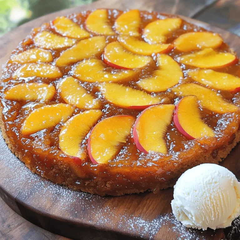Für einen köstlichen Pfirsich-Upside-Down-Kuchen benötigen Sie einige einfache Zutaten. Hier ist eine Liste: - 4 reife Pfirsiche, entkernt und in Scheiben geschnitten - 120 g ungesalzene Butter, geschmolzen - 150 g brauner Zucker - 130 g Weizenmehl - 1 Teelöffel Backpulver - 1/2 Teelöffel Natron - 1/4 Teelöffel Salz - 100 g Zucker - 2 große Eier - 1 Teelöffel Vanilleextrakt - 120 ml Buttermilch - 1 Teelöffel gemahlener Zimt (optional) Jede Zutat spielt eine wichtige Rolle. Die Pfirsiche bringen Süße und Saftigkeit. Die Butter macht den Kuchen reichhaltig. Zucker sorgt für die Karamellisierung und den Geschmack. Falls Sie keine Pfirsiche haben, können Sie auch andere Früchte verwenden. Ananas oder Äpfel sind gute Alternativen. Sie können auch Kokosöl anstelle von Butter verwenden. Für eine glutenfreie Version nehmen Sie einfach glutenfreies Mehl. Wählen Sie reife, süße Pfirsiche. Diese geben dem Kuchen den besten Geschmack. Achten Sie darauf, dass sie keine Druckstellen haben. Der Duft der Pfirsiche sollte süß und fruchtig sein. Frische Pfirsiche sorgen für die besten Ergebnisse. Wenn Sie frische Pfirsiche nicht finden, können Sie auch Konserven verwenden. Achten Sie darauf, dass sie in Saft und nicht in Sirup sind. Für das gesamte Rezept, schauen Sie sich den Link zur Vollständigen Rezept an. Heize deinen Ofen auf 175°C vor. Nimm eine runde Kuchenform von 23 cm Durchmesser. Fette die Form mit ungesalzener Butter ein. Dies hilft dem Kuchen, sich leicht zu lösen. In einer kleinen Schüssel mische die geschmolzene Butter mit dem braunen Zucker. Diese Mischung ist die Karamellschicht. Gieße sie gleichmäßig auf den Boden der Kuchenform. Diese süße Schicht ist der Grund für den tollen Geschmack. In einer anderen Schüssel vermenge das Weizenmehl, Backpulver, Natron, Salz und Zimt. In einer großen Schüssel schlage den weißen Zucker mit der geschmolzenen Butter. Das wird schön cremig. Füge die Eier nacheinander hinzu. Rühre gut um, damit alles gut vermischt ist. Gib dann den Vanilleextrakt dazu. Jetzt gib die trockenen Zutaten abwechselnd mit der Buttermilch in die Mischung. Rühre nur so lange, bis alles verbunden ist. Übermixen ist nicht gut. Gieße den fertigen Kuchenteig über die Karamellschicht in der Form. Streiche die Oberfläche glatt. Backe den Kuchen für 30-35 Minuten. Prüfe mit einem Zahnstocher, ob er fertig ist. Nach dem Backen lasse den Kuchen 10 Minuten abkühlen. Dann drehe ihn vorsichtig auf einen Servierteller. So siehst du die leckeren Pfirsiche. Warte, bis er komplett abgekühlt ist, bevor du ihn in Stücke schneidest. Für das gesamte Rezept, schau dir die [Full Recipe] an. Beim Backen gibt es einfache Fehler, die du vermeiden kannst. Ein häufiger Fehler ist, die Zutaten nicht richtig abzuwiegen. Verwende immer eine Küchenwaage für genaue Mengen. Ein weiterer Fehler ist das Übermixen des Teigs. Mische nur, bis alles verbunden ist. So bleibt der Kuchen fluffig. Achte darauf, den Ofen gut vorzuheizen. Ein kalter Ofen kann das Aufgehen des Kuchens verhindern. Um die perfekte Konsistenz zu erreichen, achte auf die Butter und Eier. Sie sollten Zimmertemperatur haben. So verbinden sich die Zutaten besser. Nutze frische Buttermilch für mehr Feuchtigkeit. Füge einen Teelöffel gemahlenen Zimt hinzu, wenn du einen warmen Geschmack magst. Wenn du den Teig in die Form gießt, klopfe die Form leicht, um Luftblasen zu entfernen. Der Kuchen schmeckt am besten warm. Du kannst ihn mit Puderzucker bestäuben. Eine Kugel Vanilleeis passt perfekt dazu. Schneide den Kuchen in Stücke, nachdem er abgekühlt ist. So bleiben die Pfirsiche schön sichtbar. Für eine besondere Note serviere ihn mit frischen Minzblättern. Wenn du das gesamte Rezept für diesen Kuchen suchst, schau dir die Full Recipe an! {{image_4}} Du kannst mit verschiedenen Früchten spielen. Äpfel, Birnen oder Ananas sind tolle Alternativen. Diese Früchte bringen ihren eigenen Geschmack und Textur. Zum Beispiel, Äpfel geben eine knackige Note. Birnen sorgen für eine weiche und süße Basis. Du kannst sogar eine Mischung aus Früchten verwenden! So wird dein Kuchen einzigartig. Wenn du glutenfrei backen möchtest, nutze Mandel- oder Kokosmehl. Diese Mehle geben deinem Kuchen eine besondere Note. Du kannst auch glutenfreies Allzweckmehl wählen. Für vegane Optionen ersetze die Eier durch Apfelmus oder Leinsamen. Das sorgt für Feuchtigkeit und Bindung. Verwende pflanzliche Butter oder Kokosöl anstelle von normaler Butter. So machst du den Kuchen für alle geeignet. Gewürze können den Geschmack intensivieren. Zimt gibt deinem Kuchen Wärme. Probier auch Muskatnuss oder Ingwer für einen besonderen Kick. Eine Prise Vanilleextrakt macht den Kuchen noch aromatischer. Du kannst auch etwas Zitronenschale hinzufügen. Das bringt Frische in den Geschmack. Diese Variationen machen jeden Biss spannend und neu. Für das vollständige Rezept schau dir die [Full Recipe] an. Um den Pfirsich-Upside-Down-Kuchen frisch zu halten, sollten Sie ihn richtig lagern. Lassen Sie den Kuchen zuerst vollständig abkühlen. Wickeln Sie ihn dann in Frischhaltefolie. Alternativ können Sie ihn in einem luftdichten Behälter aufbewahren. Stellen Sie den Kuchen an einen kühlen, trockenen Ort. Vermeiden Sie direkte Sonneneinstrahlung. So bleibt der Kuchen saftig und lecker. Der Pfirsich-Upside-Down-Kuchen hält sich bei richtiger Lagerung etwa 3 bis 5 Tage. Wenn Sie ihn im Kühlschrank aufbewahren, bleibt er länger frisch. Im Kühlschrank kann er bis zu einer Woche halten. Beachten Sie mögliche Veränderungen in der Textur und im Geschmack, je länger Sie ihn lagern. Wenn Sie den Kuchen aufwärmen möchten, können Sie ihn einfach in den Ofen stellen. Heizen Sie den Ofen auf 175 °C vor. Legen Sie den Kuchen auf ein Backblech und backen Sie ihn für etwa 10 bis 15 Minuten. Alternativ können Sie den Kuchen in der Mikrowelle aufwärmen. Erwärmen Sie ihn für 20 bis 30 Sekunden, je nach Größe des Stücks. Servieren Sie ihn warm für ein bestes Geschmackserlebnis. Wenn Sie den Kuchen aufwärmen, können Sie auch eine Kugel Vanilleeis dazugeben. So wird er noch köstlicher. Ja, gefrorene Pfirsiche sind eine gute Option. Stellen Sie sicher, dass sie aufgetaut und gut abgetropft sind. So vermeiden Sie überschüssige Flüssigkeit im Kuchen. Gefrorene Pfirsiche können den Geschmack und die Textur des Kuchens verändern, aber sie sind oft praktisch. Lassen Sie den Kuchen etwa 10 Minuten abkühlen, nachdem Sie ihn aus dem Ofen genommen haben. Dies hilft, die Struktur zu festigen. Danach können Sie ihn vorsichtig umdrehen. Lassen Sie ihn vollständig abkühlen, bevor Sie ihn schneiden. So bleibt er saftig und schön. Wenn der Kuchen nicht aufgeht, könnte es an den Zutaten liegen. Überprüfen Sie, ob das Backpulver frisch ist. Zu viel oder zu wenig Mehl kann ebenfalls Probleme verursachen. Achten Sie darauf, die Zutaten genau zu messen. Mischen Sie den Teig nicht zu lange, um Luftblasen zu bilden. Das gesamte Rezept für den Pfirsich-Upside-Down-Kuchen finden Sie in meinem Artikel. Es enthält alle wichtigen Schritte und Zutaten. Schauen Sie sich die Details an, damit Sie einen perfekten Kuchen backen können. In diesem Artikel haben wir die wichtigen Zutaten für einen köstlichen Pfirsich-Upside-Down-Kuchen besprochen. Sie haben gelernt, wie man die richtigen Pfirsiche auswählt und die Karamellschicht zubereitet. Auch Tipps zur Vermeidung häufiger Backfehler wurden gegeben. Experimentieren Sie mit Variationen und lagern Sie den Kuchen richtig. Denken Sie daran, dass jeder Schritt wichtig ist. So zaubern Sie stets einen leckeren Kuchen. Viel Spaß beim Backen!