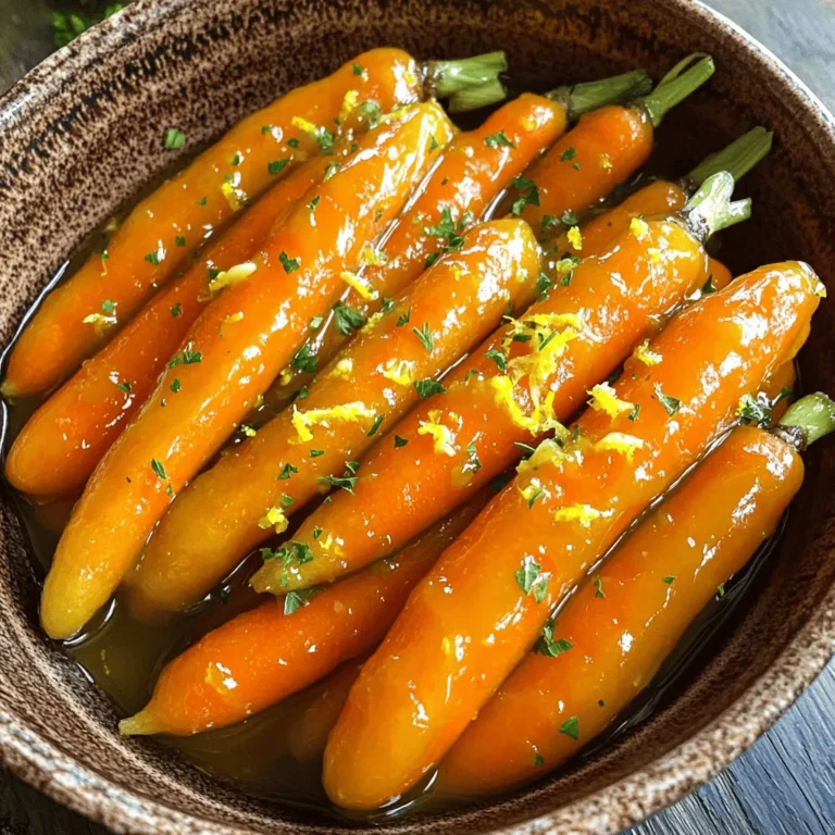 Für dieses einfache Rezept benötigst du einige frische Zutaten. Hier sind die Hauptzutaten: - 450 g Babykarotten, geschält - 3 Esslöffel Honig - 2 Esslöffel frischer Zitronensaft - 1 Esslöffel ungesalzene Butter - 1 Teelöffel Zitronenschale - Salz und Pfeffer nach Geschmack - Frische Petersilie, gehackt (zum Garnieren) Frische Zutaten sind der Schlüssel zu einem großartigen Geschmack. Sie haben mehr Nährstoffe und Aromen. Frische Karotten sind süß und knackig. Frischer Zitronensaft gibt eine schöne Säure. Honig sorgt für eine natürliche Süße. Wenn du frische Zutaten verwendest, wird dein Gericht lebendiger und schmackhafter. Falls du Allergien hast, gibt es Alternativen. Anstelle von Butter kannst du pflanzliches Öl verwenden. Für Veganer eignet sich Agavensirup oder Ahornsirup statt Honig. Achte darauf, dass der Zitronensaft frisch ist, um den besten Geschmack zu erhalten. Überlege, wie du die Zutaten ändern kannst, um das Rezept anzupassen. Zuerst musst du 450 g Babykarotten schälen. Danach bringst du einen Topf mit 1 Liter Wasser zum Kochen. Füge die Karotten hinzu und blanchiere sie etwa 5 Minuten. Sie sollen leicht zart sein, aber noch Biss haben. Lass die Karotten nach dem Blanchieren abtropfen und stelle sie beiseite. So bereitest du die Karotten optimal vor. Jetzt kommt der spannende Teil. In demselben Topf schmilzt du 1 Esslöffel ungesalzene Butter bei mittlerer Hitze. Wenn die Butter geschmolzen ist, füge 3 Esslöffel Honig, 2 Esslöffel frischen Zitronensaft und 1 Teelöffel Zitronenschale hinzu. Lasse die Mischung 2 Minuten lang köcheln. So verbinden sich die Aromen gut. Diese Glasur bringt den süßen und sauren Geschmack perfekt zur Geltung. Jetzt gibst du die abgetropften Karotten in den Topf. Schwenke sie vorsichtig in der Honig-Zitronen-Glasur, bis sie gleichmäßig bedeckt sind. Würze die Karotten mit Salz und Pfeffer nach Geschmack. Lass sie für weitere 4-5 Minuten garen. Die Karotten sollten jetzt vollständig zart sein und die Glasur leicht eindicken. Nimm den Topf vom Herd und garniere die Karotten mit frisch gehackter Petersilie. So hast du ein tolles Gericht, das einfach und lecker ist. Für das vollständige Rezept schaue dir die [Full Recipe] an. Um Karotten zu blanchieren, bringe einen Topf mit Wasser zum Kochen. Füge die Babykarotten hinzu und blanchiere sie für etwa fünf Minuten. Sie sollen weich, aber noch knackig sein. Nach dem Blanchieren lasse die Karotten in einem Sieb abtropfen. So bleibt die Farbe hell und sie behalten ihren guten Geschmack. Die Glasur ist der Schlüssel zu diesem Gericht. Schmelze zuerst die Butter in einem Topf. Füge dann Honig, Zitronensaft und Zitronenschale hinzu. Lass die Mischung für zwei Minuten köcheln. Das hilft den Aromen, sich gut zu vermischen. Wenn du die Karotten in die Glasur gibst, achte darauf, dass sie gleichmäßig bedeckt sind. So schmecken sie in jedem Bissen lecker. Um die Karotten noch interessanter zu machen, kannst du verschiedene Aromen hinzufügen. Probiere etwas Kreuzkümmel oder Ingwer für einen würzigen Kick. Frische Kräuter wie Thymian oder Dill passen auch gut dazu. Außerdem kannst du die Karotten auf einem Bett aus Quinoa oder Reis servieren. Das gibt dir ein tolles, buntes Gericht. Du kannst die vollständige Zubereitung in dem Rezept für Honig-Zitronen-Glasierte Karotten nachlesen. {{image_4}} Sie können die Honig-Zitronen-Glasur mit Gewürzen aufpeppen. Zimt oder Muskatnuss geben einen warmen, süßen Geschmack. Fügen Sie eine Prise Kreuzkümmel hinzu für eine erdige Note. Diese Gewürze harmonieren gut mit der Süße des Honigs. Experimentieren Sie mit verschiedenen Gewürzen, um neue Geschmäcker zu finden. Karotten sind toll, aber Sie können auch andere Gemüse verwenden. Zucchini, Brokkoli oder Blumenkohl sind gute Alternativen. Schneiden Sie das Gemüse in gleichmäßige Stücke, damit es gleichmäßig gart. Die Glasur passt gut zu jedem Gemüse, das Sie wählen. So können Sie ein buntes und gesundes Gericht kreieren. Die Glasur kann auch mit anderen Zitrusfrüchten verfeinert werden. Versuchen Sie, einen Spritzer Orangensaft oder Limettensaft hinzuzufügen. Diese Früchte bringen frische Aromen in das Gericht. Sie können sogar etwas Grapefruitsaft verwenden für einen herben Kick. Mischen Sie die Zitrusfrüchte, um Ihre eigenen, einzigartigen Aromen zu kreieren. Für das vollständige Rezept besuchen Sie bitte [Full Recipe]. Um übrig gebliebene Karotten gut zu lagern, lege sie in einen luftdichten Behälter. Du kannst auch Frischhaltefolie verwenden. Stelle sicher, dass die Karotten abgekühlt sind, bevor du sie lagerst. So bleiben sie frisch und lecker. Wenn du die Karotten wieder aufwärmen möchtest, kannst du sie in einer Pfanne oder Mikrowelle erhitzen. Füge etwas Wasser oder Butter hinzu, um sie saftig zu halten. Erhitze sie langsam, damit die Glasur nicht verbrennt. So bleiben die Karotten zart und geschmackvoll. Im Kühlschrank halten sich die glasierten Karotten etwa drei bis fünf Tage. Achte darauf, dass sie gut verpackt sind. Wenn du sie länger lagern möchtest, friere sie ein. Im Gefrierschrank bleiben sie bis zu drei Monate frisch. Denke daran, sie vor dem Essen gut aufzutauen. Die Zubereitung der honig-zitronen-gläsernen Karotten dauert etwa 20 Minuten. Die Vorbereitungszeit beträgt 10 Minuten. In dieser Zeit schneiden Sie die Karotten, messen die Zutaten und bringen das Wasser zum Kochen. Dann blanchieren Sie die Karotten für etwa 5 Minuten. Danach kochen Sie die Glasur für 2 Minuten. Diese schnelle Zubereitungszeit macht das Gericht perfekt für Wochentage. Babykarotten sind sehr vielseitig. Sie können sie in Salaten verwenden, sie roh mit Dips servieren oder sie in Suppen und Eintöpfen kochen. Sie eignen sich auch gut zum Braten mit anderen Gemüsesorten. Ein einfaches Rezept könnte Karotten mit Honig und Thymian sein. Oder fügen Sie sie zu einem Nudelgericht hinzu für mehr Farbe und Geschmack. Ja, honig-zitronen-gläserne Karotten sind gesund. Karotten sind reich an Vitaminen und Ballaststoffen. Sie enthalten viel Vitamin A, das gut für die Augen ist. Die Glasur aus Honig und Zitrone bringt natürliche Süße und Geschmack. Diese Karotten sind eine gesunde Beilage zu vielen Gerichten. Verwenden Sie frische Zutaten, um den Nährwert zu steigern. Für das komplette Rezept schauen Sie bitte auf die [Full Recipe]. Honig-zitronen-gläserne Karotten sind einfach und lecker. Wir haben die Zutaten und die Zubereitung durchgenommen. Frische Zutaten verbessern den Geschmack und die Gesundheit. Für Allergiker gibt es viele Alternativen. Ich habe auch Tipps zur Zubereitung und Lagerung gegeben. Variationen mit Gewürzen oder anderen Gemüse öffnen neue Geschmäcker. Denkt daran, dass diese Karotten nicht nur gut schmecken, sondern auch leicht zuzubereiten sind. Experimentiert mit verschiedenen Rezepten und genießt die Vielfalt!