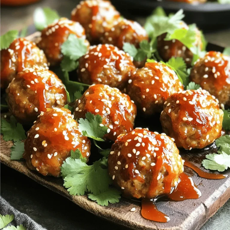 Für die süßen Chili-Türkei-Fleischbällchen brauchst du folgende Hauptzutaten: - 500 g gemahlenes Putenfleisch - 120 g Semmelbrösel - 30 g geriebener Parmesan - 60 g gehackte Frühlingszwiebeln - 1 Knoblauchzehe, fein gehackt - 1 Esslöffel frischer Ingwer, gerieben - 1 großes Ei Diese Zutaten bilden die Basis der Fleischbällchen. Das Putenfleisch gibt eine leichte Textur, während die Semmelbrösel helfen, die Bällchen zusammenzuhalten. Parmesan fügt einen reichen Geschmack hinzu. Für den perfekten Geschmack benötigst du: - 60 ml süße Chilisauce - 15 ml Sojasauce - 5 ml Sesamöl - Salz und Pfeffer nach Geschmack Die süße Chilisauce gibt den Fleischbällchen eine angenehme Süße. Sojasauce bringt Umami und Tiefe. Sesamöl fügt einen nussigen Geschmack hinzu, der die anderen Aromen ergänzt. Um deine Fleischbällchen schön zu präsentieren, kannst du folgende Garnierungen verwenden: - Sesamkörner - Frischer Koriander Sesamkörner geben einen knusprigen Biss, während frischer Koriander einen frischen Geschmack hinzufügt. Diese Garnierungen machen die Präsentation noch ansprechender. Du kannst die Fleischbällchen auch mit einer Schale Dipsauce servieren, um den Genuss zu steigern. Für das vollständige Rezept, schau dir die Full Recipe an. Zuerst musst du alle Zutaten bereitstellen. Du benötigst: - 500 g gemahlenes Putenfleisch - 120 g Semmelbrösel - 30 g geriebener Parmesan - 60 g gehackte Frühlingszwiebeln - 1 Knoblauchzehe, fein gehackt - 1 Esslöffel frischer Ingwer, gerieben - 1 großes Ei - 60 ml süße Chilisauce - 15 ml Sojasauce - 5 ml Sesamöl - Salz und Pfeffer nach Geschmack - Optional: Sesamkörner und frischer Koriander zur Garnitur Stelle sicher, dass alles frisch ist. Frische Zutaten bringen mehr Geschmack. In einer großen Schüssel vermischst du das Putenfleisch, die Semmelbrösel und den Parmesan. Füge die Frühlingszwiebeln, den Knoblauch und den Ingwer hinzu. Dann gib das Ei, die süße Chilisauce, die Sojasauce und das Sesamöl dazu. Vergiss nicht, Salz und Pfeffer nach deinem Geschmack hinzuzufügen. Mische alles vorsichtig. Du willst die Mischung nicht zu lange rühren. Das hält die Fleischbällchen zart. Jetzt forme kleine Bällchen. Sie sollten etwa 2,5 cm groß sein. Lege sie auf ein Backblech. Heize deinen Ofen auf 200°C vor. Lege ein Backblech mit Backpapier aus. Backe die Fleischbällchen für 20-25 Minuten. Achte darauf, dass sie goldbraun und durchgegart sind. Für einen extra Glanz kannst du die Bällchen mit mehr süßer Chilisauce bestreichen. Das gibt ihnen einen schönen Look. Lass die Fleischbällchen nach dem Backen kurz abkühlen. Du kannst die Fleischbällchen jetzt servieren! Sie sehen toll aus und schmecken fantastisch. Für die Präsentation lege sie auf eine Platte und garniere sie mit Sesamkörnern und frischem Koriander. Stelle eine Schale mit Dipsauce bereit. Das Rezept ist einfach und lecker! Du findest die vollständige Zubereitung im [Full Recipe]. Um zarte Fleischbällchen zu machen, achte darauf, das Putenfleisch nicht zu stark zu mischen. Wenn du die Zutaten nur kurz vermengst, bleiben die Bällchen saftig. Verwende frische Kräuter, um den Geschmack zu verbessern. Ich empfehle, frische Frühlingszwiebeln und Ingwer zu nutzen. Diese Zutaten geben den Fleischbällchen einen tollen Kick. Ein paar einfache Werkzeuge machen das Kochen leichter. Ein großer Mischbehälter hilft dir, alle Zutaten gut zu vermengen. Verwende einen Esslöffel oder einen Eisportionierer, um gleichmäßige Fleischbällchen zu formen. Ein Backblech mit Backpapier sorgt dafür, dass die Bällchen nicht ankleben. Und ein Fleischthermometer zeigt dir, wann die Bällchen perfekt durchgegart sind. Ein häufiger Fehler ist, die Bällchen zu lange zu backen. Überwache die Zeit genau, damit sie nicht trocken werden. Ein weiterer Fehler ist, die Mischung zu überarbeiten. Achte darauf, die Zutaten nur kurz zu vermischen. Wenn du die süße Chilisauce zu früh hinzufügst, kann der Geschmack verloren gehen. Füge sie erst am Ende hinzu, um die Aromen zu bewahren. Für mehr Details, schau dir das Full Recipe an. {{image_4}} Du kannst viele Gemüse oder Kräuter zu den Fleischbällchen hinzufügen. Zucchini passt gut. Auch Karotten geben eine süße Note. Du kannst Spinat oder Petersilie für mehr Farbe und Geschmack nutzen. Schnapp dir eine Handvoll und hacke sie klein. Mische sie unter die Fleischmasse. So bekommst du mehr Nährstoffe und einen tollen Geschmack. Die süße Chilisauce ist klasse, aber du kannst auch andere Saucen verwenden. Teriyaki-Sauce bringt einen neuen Twist. Wenn du es schärfer magst, probiere Sriracha. Für eine asiatische Note, nutze Hoisin-Sauce. Diese Optionen machen die Fleischbällchen spannend und lecker. Experimentiere mit verschiedenen Saucen, um deinen eigenen Favoriten zu finden. Für eine glutenfreie Variante wähle glutenfreie Semmelbrösel. Diese findest du im Supermarkt. Du kannst auch Haferflocken nutzen, die du mahlen kannst. Sie geben eine ähnliche Textur. Auch gemahlene Nüsse sind eine gute Wahl. Sie fügen einen nussigen Geschmack hinzu und sind gesund. So kannst du die Fleischbällchen für alle genießen. Nach dem Kochen ist es wichtig, die Fleischbällchen richtig zu lagern. Lass sie zuerst auf Raumtemperatur abkühlen. Danach lege sie in einen luftdichten Behälter. So bleiben sie frisch und lecker. Die Fleischbällchen halten sich im Kühlschrank etwa drei bis vier Tage. Wenn du sie länger aufbewahren möchtest, friere sie ein. Das Vorkochen und Einfrieren der Fleischbällchen ist eine tolle Idee. Du kannst sie schon am Sonntag für die Woche vorbereiten. Koche die Fleischbällchen nach dem Rezept. Lass sie abkühlen und lege sie dann in einen Gefrierbeutel. Drücke die Luft heraus, bevor du den Beutel schließt. So bleiben sie bis zu drei Monate frisch. Wenn du bereit bist, sie zu essen, hole sie einfach aus dem Gefrierschrank. Um die Fleischbällchen wieder aufzuwärmen, gibt es einige einfache Methoden. Du kannst sie in der Mikrowelle erwärmen. Stelle die Mikrowelle auf mittlere Hitze und erhitze sie für ein bis zwei Minuten. Alternativ kannst du die Fleischbällchen im Ofen auf 180°C erwärmen. Lege sie auf ein Backblech und backe sie für etwa 10 Minuten. So bleiben sie saftig und lecker. Diese Tipps helfen dir, die Süße Chili-Türkei-Fleischbällchen frisch und köstlich zu genießen. Das Rezept für die süße Chili-Türkei-Fleischbällchen ergibt etwa vier Portionen. Jede Portion enthält mehrere Fleischbällchen, die sättigend sind und gut schmecken. Wenn du mehr Gäste hast, kannst du das Rezept einfach verdoppeln oder sogar verdreifachen. So hast du genug für alle. Ja, du kannst dieses Rezept anpassen. Du kannst Rinder-, Schweine- oder sogar Hähnchenfleisch verwenden. Die Zubereitung bleibt gleich, aber der Geschmack ändert sich. Achte darauf, das Fleisch gut zu würzen, um den vollen Geschmack zu erreichen. Das ist eine tolle Möglichkeit, neue Aromen auszuprobieren. Zu den süßen Chili-Türkei-Fleischbällchen passen viele Beilagen. Hier sind einige gute Optionen: - Reis oder Quinoa für eine sättigende Basis - Gedämpftes Gemüse wie Brokkoli oder Karotten für Frische - Ein einfacher grüner Salat für Knackigkeit - Frisch gebratene Nudeln für einen asiatischen Touch Diese Beilagen machen dein Gericht noch besser und ausgewogener. Die Zutaten für die Fleischbällchen umfassen Hauptzutaten, Gewürze und Garnierungen. Die Schritt-für-Schritt-Anleitung zeigt, wie du sie vorbereitest, formst und backst. Tipps und Tricks helfen dir, zarte Fleischbällchen zu machen und häufige Fehler zu vermeiden. Variationen geben dir Optionen für verschiedene Geschmäcker. Schließlich erfährst du, wie du die Fleischbällchen richtig lagerst und aufbewahrst. Fleischbällchen sind vielseitig und lecker. Experimentiere und finde deine perfekte Mischung. Viel Spaß beim Kochen!