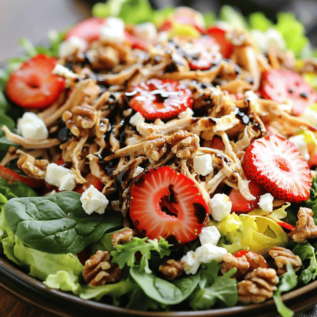 Um diesen leckeren Salat zu machen, brauchst du einige frische Hauptzutaten: - 2 Tassen gekochte Hähnchenbrust, zerrupft - 4 Tassen gemischte Blattsalate (Spinat, Rucola und Romanasalat) - 1 Tasse Erdbeeren, entstielt und in Scheiben geschnitten - 1/2 Tasse zerbröckelter Feta-Käse - 1/4 Tasse Walnüsse, grob gehackt Diese Zutaten sorgen für eine tolle Mischung aus Texturen und Aromen. Das Hähnchen gibt dir Protein, während die Erdbeeren Frische und Süße hinzufügen. Das Dressing ist das Herzstück des Salats. Hier sind die wichtigen Zutaten: - 1/4 Tasse Balsamico-Essig - 2 Esslöffel Olivenöl - 1 Esslöffel Honig - Salz und Pfeffer nach Geschmack Das Dressing vereint süße und saure Noten. Balsamico-Essig ist perfekt, um den Salat zu beleben. Ein paar Hilfsmittel machen das Kochen einfacher und schneller: - Große Schüssel zum Mischen - Kleine Schüssel für das Dressing - Schneidebrett und scharfes Messer Mit diesen Utensilien bereitest du den Salat schnell zu. Du kannst die Zutaten gut mischen und schnell servieren. Wenn du mehr über die Zubereitung erfahren möchtest, schau dir das [Full Recipe] an. Die Vorbereitungszeit für den Balsamico Erdbeer Hähnchen Salat beträgt nur 15 Minuten. Beginne mit der Zubereitung der Zutaten. Du brauchst gekochte Hähnchenbrust, gemischte Blattsalate, Erdbeeren, Feta-Käse und Walnüsse. Wasche die Salate gründlich und schneide die Erdbeeren in Scheiben. Achte darauf, alles frisch zu halten. 1. Mische in einer kleinen Schüssel Balsamico-Essig, Olivenöl, Honig, Salz und Pfeffer. Verquirle alles gut. 2. In einer großen Schüssel gib die gemischten Blattsalate, die zerkleinerte Hähnchenbrust, die Erdbeeren, den Feta-Käse und die Walnüsse. 3. Gieße das Dressing gleichmäßig über den Salat. Mische alles vorsichtig, bis jede Zutat gut bedeckt ist. 4. Probiere den Salat und füge nach Belieben mehr Salz oder Pfeffer hinzu. 5. Du kannst den Salat sofort servieren oder für 10-15 Minuten in den Kühlschrank stellen, um die Aromen zu verstärken. Für eine schöne Präsentation richte den Salat in einer großen Schüssel an. Füge zusätzliche Erdbeeren und ganze Walnüsse hinzu. Ein Spritzer Balsamico-Reduktion macht das Gericht noch ansprechender. So sieht der Salat nicht nur gut aus, sondern schmeckt auch frisch und lecker. Ein häufiger Fehler ist, das Hähnchen zu lange zu kochen. Das macht es trocken. Achte darauf, die Hähnchenbrust nur bis zur Garzeit zu kochen. Ein anderer Fehler ist, den Salat zu lange vor dem Servieren stehen zu lassen. Die Blätter werden welk und verlieren ihren Crunch. Mische den Salat erst kurz vor dem Essen. Um den Geschmack zu verbessern, kannst du frische Kräuter hinzufügen. Minze oder Basilikum passen gut zu Erdbeeren. Auch ein Spritzer frischer Zitrone kann den Salat aufpeppen. Probiere, verschiedene Nüsse wie Mandeln oder Pecannüsse zu verwenden. Sie bringen eine schöne Textur. Um Zeit zu sparen, nutze vorgekochtes Hähnchen. Das findest du oft im Supermarkt. Du kannst auch die Erdbeeren und das Gemüse vorher schneiden. Lagere sie in einem luftdichten Behälter. So sind sie bereit, wenn du den Salat zubereitest. Das Rezept ist einfach und schnell. Mit diesen Tipps kannst du in nur 15 Minuten genießen. {{image_4}} Wenn du den Balsamico Erdbeer Hähnchen Salat ohne Fleisch machen möchtest, ist das einfach. Du kannst das Hähnchen durch Kichererbsen ersetzen. Kichererbsen sind nahrhaft und geben einen guten Biss. Eine andere tolle Option sind gegrillte Zucchini oder Auberginen. Diese Gemüse sorgen für einen tollen Geschmack. Für Veganer lasse den Feta-Käse weg oder wähle einen pflanzlichen Käse. So bleibt der Salat frisch und lecker. Um deinen Salat interessanter zu gestalten, füge verschiedene Zutaten hinzu. Nüsse wie Mandeln oder Pekannüsse bringen einen tollen Crunch. Auch Avocado macht den Salat cremiger. Du kannst auch andere Früchte wie Himbeeren oder Blaubeeren verwenden. Diese Früchte fügen eine süße Note hinzu. Ein Spritzer Limettensaft kann den Geschmack aufpeppen. Sei kreativ und finde deine Lieblingskombinationen! Im Frühling und Sommer sind frische Zutaten wichtig. Nutze zum Beispiel Spargel oder Radieschen, wenn sie Saison haben. Im Herbst kannst du geröstete Kürbiswürfel hinzufügen. Diese wärmeren Geschmäcker machen den Salat gemütlich. Im Winter sind Äpfel oder Birnen eine gute Wahl. Sie bringen eine süße und knackige Textur. So bleibt dein Salat das ganze Jahr über spannend und frisch. Ein Blick auf den Markt kann neue Ideen bringen. Um den Balsamico Erdbeer Hähnchen Salat frisch zu halten, lagere ihn in einem luftdichten Behälter. Das schützt den Salat vor Feuchtigkeit und Gerüchen. Wenn du das Dressing separat aufbewahrst, bleibt der Salat knackig. Auf diese Weise sind die Zutaten frisch und schmackhaft. Hier sind einige Tipps, um die Frische deines Salats zu bewahren: - Verwende frische Zutaten. Achte darauf, dass die Erdbeeren und Salate knackig sind. - Bereite das Dressing erst kurz vor dem Servieren zu. So bleibt der Salat frisch. - Lagere den Salat im Kühlschrank, aber nicht zu lange. Die Kälte hilft, die Frische zu bewahren. Der Balsamico Erdbeer Hähnchen Salat hält sich im Kühlschrank etwa 2 bis 3 Tage. Nach dieser Zeit können die Blätter welken und die Erdbeeren anfangen zu verderben. Überprüfe vor dem Essen die Frische der Zutaten. Wenn der Salat einen schlechten Geruch hat oder matschig aussieht, wirf ihn weg. So genießt du immer ein leckeres und gesundes Gericht. Du findest die vollständige Rezeptanleitung im [Full Recipe]. Um die Balsamico-Vinaigrette selbst zu machen, brauchst du wenige Zutaten. Mische einfach 1/4 Tasse Balsamico-Essig mit 2 Esslöffel Olivenöl. Füge 1 Esslöffel Honig hinzu. Das macht die Vinaigrette süß. Würze es mit Salz und Pfeffer. Rühre alles gut zusammen. Deine Vinaigrette ist jetzt bereit! Sie passt perfekt zu diesem Salat. Ja, du kannst den Salat im Voraus zubereiten. Du solltest jedoch das Dressing separat aufbewahren. Mische die festen Zutaten, wie Hähnchen und Erdbeeren, in einer Schüssel. Decke die Schüssel ab und stelle sie in den Kühlschrank. Wenn du bereit bist zu essen, gib die Vinaigrette dazu. Das hält den Salat frisch und knusprig. Zu diesem Salat passen viele Beilagen gut. Du kannst knuspriges Brot oder Brötchen servieren. Auch gegrilltes Gemüse macht eine tolle Ergänzung. Ein frischer Obstteller ist ebenfalls lecker. Wenn du etwas Warmes möchtest, probiere gegrillte Garnelen oder eine Hähnchenbrust. So wird dein Essen bunt und vielfältig! Der Balsamico Erdbeer Hähnchen Salat ist einfach und lecker. Wir haben die Hauptzutaten, Dressingredienten und Zubereitungsschritte behandelt. Gute Tipps helfen dir, Fehler zu vermeiden und Zeit zu sparen. Du kannst den Salat für verschiedene Ernährungsarten anpassen. Richtiges Lagern sorgt für Frische. Das Beantworten häufig gestellter Fragen erleichtert dir die Vorbereitung. Probiere diesen Salat aus und genieße die Vielfalt!