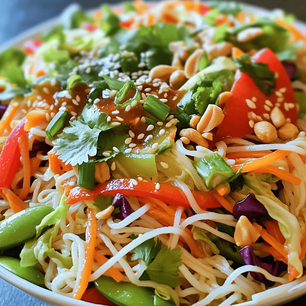 - 225 g Reisnudeln - 1 Tasse geraspelte Karotten - 1 Paprika (rot oder gelb), dünn geschnitten Ich wähle frische Zutaten für meinen Salat. Die Reisnudeln sind die Basis. Sie sind leicht und nehmen die Aromen gut auf. Die geraspelten Karotten bringen Süße und Crunch. Paprika fügt Farbe und frischen Geschmack hinzu. - 1/4 Tasse Sesamöl - 2 Esslöffel Sojasauce - 2 Teelöffel Sriracha (oder nach Geschmack) Das Dressing ist der Schlüssel zu diesem Gericht. Ich nutze Sesamöl für einen nussigen Geschmack. Sojasauce bringt eine salzige Tiefe. Sriracha fügt die gewünschte Schärfe hinzu. Du kannst die Schärfe nach deinem Geschmack anpassen. - 1/4 Tasse geröstete Erdnüsse, grob gehackt - 1/4 Tasse frischer Koriander, gehackt - 2 Frühlingszwiebeln, in Ringe geschnitten Die Garnierungen verleihen dem Salat den letzten Schliff. Geröstete Erdnüsse bringen Crunch. Koriander fügt Frische und ein tolles Aroma hinzu. Frühlingszwiebeln sind eine leckere, knusprige Ergänzung. Diese Zutaten machen deinen Salat besonders lecker. Du findest das vollständige Rezept [hier](#). Um den perfekten Spicy Asian Noodle Salad zuzubereiten, beginne mit den Reisnudeln. Koche sie gemäß der Packungsanweisung. Achte darauf, sie nicht zu lange zu kochen, damit sie nicht matschig werden. Nach dem Kochen lasse die Nudeln abtropfen. Spüle sie dann mit kaltem Wasser ab. Dies stoppt den Kochvorgang. Beiseite stellen und abkühlen lassen. Jetzt kommt der spannende Teil – das Dressing! In einer Schüssel mische Sesamöl, Sojasauce und Reisessig. Füge Sriracha, Honig oder Ahornsirup hinzu. Rühre alles gut um, bis es glatt ist. Du kannst die Schärfe nach deinem Geschmack anpassen. Wenn du es feuriger magst, füge mehr Sriracha hinzu. Das Dressing ist der Schlüssel zu diesem Salat. Jetzt ist es Zeit für das Gemüse. Nimm eine große Schüssel und füge die geraspelten Karotten, die dünn geschnittene Paprika, den Rotkohl, die Zuckerschoten, den gehackten Koriander und die Frühlingszwiebeln hinzu. Mische alles gut, damit sich die Aromen gleichmäßig verteilen. Das Gemüse bringt Frische und Farbe in deinen Salat. Vergiss nicht, die Nudeln und das Dressing hinzuzufügen, um das volle Rezept zu erleben! Um die Reisnudeln perfekt zu kochen, folge diesen Schritten: - Bringe einen großen Topf mit Wasser zum Kochen. - Gib die Reisnudeln ins Wasser und koche sie laut Packungsanweisung. - Nach der Kochzeit, gieße die Nudeln ab und spüle sie unter kaltem Wasser ab. Das kalte Wasser stoppt den Kochprozess und hilft, die Nudeln nicht klebrig zu machen. Wenn Sriracha zu scharf ist, kannst du Alternativen verwenden: - Nutze mildere Chilisaucen wie Sweet Chili Sauce. - Füge einfach einen Spritzer Zitronensaft hinzu, um die Schärfe zu mildern. Wenn du es weniger scharf magst, kannst du die Menge an Sriracha verringern. Für das Anrichten des Salats habe ich einige Tipps: - Serviere den Salat in einer großen Schüssel oder auf einem großen Teller. - Bestreue ihn mit gerösteten Erdnüssen für einen tollen Crunch. - Dekoriere mit frischem Koriander und gehackten Frühlingszwiebeln. Diese Farben und Texturen machen den Salat noch ansprechender. Probiere diese Tipps aus und genieße deinen Spicy Asian Noodle Salad! Für das ganze Rezept, siehe [Full Recipe]. {{image_4}} Möchten Sie mehr Proteine in Ihren Salat? Fügen Sie einfach Tofu oder Hähnchen hinzu. Tofu ist eine großartige Option für Vegetarier. Es nimmt den Geschmack der Sauce gut auf. Hähnchen bringt zusätzlichen Geschmack und macht den Salat sättigender. Garnelen sind ebenfalls eine leckere Wahl. Sie bringen eine süße Note und passen gut zu den anderen Zutaten. Wenn Sie eine vegane Version möchten, können Sie verschiedene Gemüsesorten verwenden. Brokkoli, Zucchini oder Paprika passen gut dazu. Achten Sie darauf, glutenfreie Nudeln zu wählen, wenn Sie Gluten meiden. Reisnudeln sind eine perfekte Wahl. Sie sind weich und leicht zu essen. So bleibt Ihr Salat frisch und bunt. Probieren Sie verschiedene Dressings für neue Geschmäcker. Eine asiatische Erdnusssoße ist reich und cremig. Sie ergänzt die Nudeln und das Gemüse perfekt. Ein Limetten-Dressing bringt Frische und Leichtigkeit. Es ist einfach zu machen und gibt einen tollen Kick. Experimentieren Sie mit verschiedenen Dressings, um Ihren Favoriten zu finden. Für die vollständige Anleitung und Zutaten lesen Sie das Full Recipe. Um den Spicy Asian Noodle Salad frisch zu halten, packen Sie ihn in einen luftdichten Behälter. Ein Glas- oder Plastikbehälter funktioniert gut. Stellen Sie sicher, dass der Salat abgekühlt ist, bevor Sie ihn lagern. So verhindern Sie, dass sich Kondenswasser bildet. Der Salat hält sich im Kühlschrank etwa drei bis fünf Tage. Überprüfen Sie ihn regelmäßig. Wenn er matschig aussieht oder unangenehm riecht, sollten Sie ihn entsorgen. Erwärmen Sie den Salat nicht in der Mikrowelle. Er schmeckt am besten kalt. Servieren Sie ihn mit gegrilltem Hähnchen oder Tofu für zusätzliches Protein. Ein paar Frühlingszwiebeln oder frischer Koriander geben dem Gericht einen frischen Kick. Für die vollständige Zubereitung des Salates schauen Sie sich die Full Recipe an. Die Hauptzutaten sind einfach und frisch. Du brauchst: - 225 g Reisnudeln - 1 Tasse geraspelte Karotten - 1 Paprika (rot oder gelb), dünn geschnitten - 1 Tasse Rotkohl, fein gehobelt - 125 g Zuckerschoten, beschnitten - 1/4 Tasse frischer Koriander, gehackt - 2 Frühlingszwiebeln, in Ringe geschnitten - 1/4 Tasse geröstete Erdnüsse, grob gehackt Diese Zutaten geben dem Salat Farbe und Geschmack. Sie sind gesund und machen den Salat leicht und knackig. Die Zubereitung ist schnell und einfach. Du brauchst insgesamt etwa 30 Minuten. Die Vorbereitungszeit beträgt etwa 15 Minuten. Du kochst die Nudeln und bereitest das Gemüse vor. Mit etwas Übung wirst du diesen Salat in Rekordzeit zubereiten. Ja, du kannst den Salat im Voraus machen. Bereite ihn bis zu einem Tag vorher zu. Lagere ihn in einem luftdichten Behälter im Kühlschrank. Das Gemüse bleibt frisch, und die Aromen ziehen gut durch. Die Schärfe kommt von der Sriracha. Du kannst die Menge nach deinem Geschmack anpassen. Füge mehr hinzu, wenn du es schärfer magst. Oder lass die Sriracha ganz weg für einen milden Salat. So passt er zu jedem Geschmack! Im Artikel habe ich die Hauptzutaten für einen Spicy Asian Noodle Salad vorgestellt. Du hast gelernt, wie man Reisnudeln zubereitet, das Dressing mischt und das Gemüse kombiniert. Außerdem gab es Tipps für Variationen und die richtige Lagerung. Denke daran, dass der Salat simpel anpassbar ist. Du kannst mehr Proteine oder andere Dressings hinzufügen. Probiere neue Kombinationen aus und finde deinen Lieblingsgeschmack!