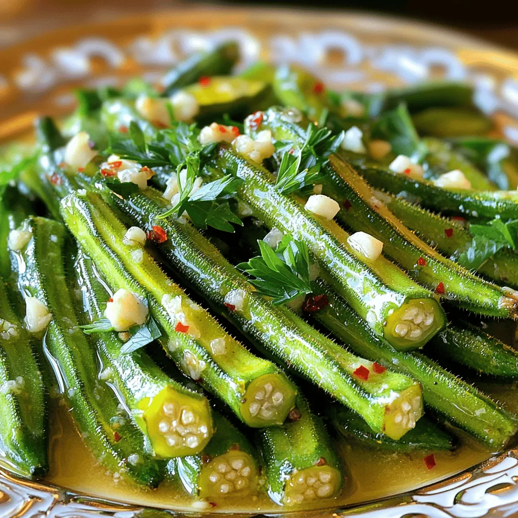 - 500 g frische Okra - 4 Esslöffel ungesalzene Butter - 4 Knoblauchzehen - Rote Pfefferflocken - Salz und Pfeffer - Zitronensaft und Petersilie Für mein Rezept verwende ich frische Okra. Sie ist knackig und hat einen tollen Geschmack. Die ungesalzene Butter gibt den perfekten, reichen Geschmack, während der Knoblauch ein schönes Aroma hinzufügt. Ich schneide die Okra in kleine Stücke. Dies hilft, die zarte Textur zu bewahren. Die Gewürze sind wichtig. Rote Pfefferflocken bringen eine angenehme Schärfe. Salz und Pfeffer passen gut zu den anderen Aromen. Zitronensaft verleiht dem Gericht Frische. Und vergiss nicht die Petersilie! Sie sorgt für einen schönen Farbkontrast. Die Auswahl der Zutaten ist entscheidend. Frische Produkte bringen den besten Geschmack. Du kannst die Okra in jedem guten Markt finden. Wähle kleine, feste Stücke für das beste Ergebnis. Wenn du mehr über die Zubereitung erfahren möchtest, schaue dir das vollständige Rezept an. Zuerst waschen Sie die Okra gründlich unter kaltem Wasser. Dies entfernt Schmutz und sorgt für Frische. Schneiden Sie die Enden der Okra ab. Nutzen Sie ein Küchentuch, um die Okra gut abzutrocknen. Das hilft, die Schleimigkeit beim Kochen zu verringern. Erhitzen Sie eine große Pfanne auf mittlerer Hitze. Geben Sie die ungesalzene Butter in die Pfanne. Lassen Sie die Butter schmelzen, bis sie schäumt. Fügen Sie den fein gehackten Knoblauch hinzu und braten Sie ihn etwa eine Minute lang an. Achten Sie darauf, dass der Knoblauch nicht braun wird. Das Aroma wird herrlich sein. Geben Sie die vorbereitete Okra in die Pfanne. Rühren Sie alles gut um, damit die Okra mit der Knoblauchbutter bedeckt ist. Fügen Sie Salz und frisch gemahlenen schwarzen Pfeffer nach Geschmack hinzu. Kochen Sie die Okra etwa 8 bis 10 Minuten lang. Rühren Sie gelegentlich um, bis sie zart und leicht gebräunt ist. Träufeln Sie den Zitronensaft über die Okra. Mischen Sie alles vorsichtig. Servieren Sie die Okra heiß und garnieren Sie sie mit frischer, gehackter Petersilie. Für das vollständige Rezept schauen Sie sich die [Full Recipe] an. Um die Schleimigkeit der Okra zu reduzieren, spüle sie gut ab. Schneide die Enden ab und tupfe die Okra mit einem Küchentuch trocken. Trockenheit hilft, die Schleimigkeit während des Kochens zu verringern. Achte darauf, die Okra nicht zu lange zu kochen. Übermäßiges Kochen führt zu mehr Schleim. Beim Bräunungsgrad ist es wichtig, die Hitze richtig einzustellen. Erhitze die Butter bei mittlerer Hitze, bis sie schäumt. Füge dann den Knoblauch hinzu und brate ihn kurz an. Das sorgt für ein tolles Aroma. Rühre die Okra gleichmäßig um, damit sie gleichmäßig bräunt. So bekommst du eine schöne goldene Farbe. Um die Okra ansprechend zu präsentieren, wähle einen schönen Teller. Platziere die Okra in der Mitte und garniere sie mit frischer Petersilie. Eine Scheibe Zitrone auf dem Teller bringt Farbe und Frische ins Spiel. Als Beilage passen Reis oder Quinoa gut dazu. Diese Gerichte harmonieren perfekt mit der Knoblauchbutter Okra. Auch ein frischer Salat ergänzt das Gericht wunderbar. So hast du eine ausgewogene und köstliche Mahlzeit. {{image_4}} Um die Aromen zu verändern, probiere verschiedene Kräuter und Gewürze aus. Du kannst zum Beispiel Thymian oder Rosmarin verwenden. Diese Kräuter geben der Okra einen neuen Geschmack. Für einen asiatischen Touch füge etwas Ingwer hinzu. Wenn du eine vegetarische oder vegane Option suchst, ersetze die Butter durch pflanzliche Margarine. Das bringt die gleiche Cremigkeit, ohne tierische Produkte zu nutzen. Du kannst auch andere Gemüse hinzufügen. Paprika oder Zucchini passen gut zu Okra. Diese Gemüse verleihen dem Gericht mehr Farbe und Textur. Ein weiterer Tipp ist, verschiedene Fette zu verwenden. Olivenöl ist eine gesunde Wahl. Es gibt der Okra einen fruchtigen Geschmack. Du kannst auch Kokosöl für einen tropischen Flair nutzen. Für das vollständige Rezept schau dir die Gesamtheit der Schritte an, um deine Okra perfekt zuzubereiten. Wie lange hält sich die Okra im Kühlschrank? Gekochte Okra bleibt im Kühlschrank etwa 3 bis 5 Tage frisch. Lagern Sie sie in einem luftdichten Behälter. So bleibt der Geschmack erhalten. Tipps zur Aufbewahrung von Resten: - Lassen Sie die Okra auf Raumtemperatur abkühlen. - Verwenden Sie einen sauberen Behälter mit festem Deckel. - Beschriften Sie den Behälter mit dem Datum. So wissen Sie, wann sie gekocht wurde. Schritt-für-Schritt-Anleitung zum Einfrieren: 1. Waschen Sie die Okra gut und schneiden Sie die Enden ab. 2. Blanchieren Sie die Okra für 2 bis 3 Minuten in kochendem Wasser. 3. Tauchen Sie sie sofort in Eiswasser. Dies stoppt den Kochprozess. 4. Lassen Sie die Okra gut abtropfen und legen Sie sie in einen Gefrierbeutel. 5. Drücken Sie die Luft heraus und schließen Sie den Beutel. Verwendung gefrorener Okra in zukünftigen Rezepten: Gefrorene Okra ist vielseitig. Sie können sie in Eintöpfen, Suppen oder Pfannengerichten verwenden. Achten Sie darauf, sie zuerst zu blanchieren. So bleibt die Farbe und der Geschmack besser erhalten. Um die Schleimigkeit von Okra zu reduzieren, gibt es einige einfache Methoden. - Waschen: Spülen Sie die Okra gut unter kaltem Wasser ab. - Trocknen: Tupfen Sie die Okra mit einem Küchentuch trocken, um Feuchtigkeit zu entfernen. - Schneiden: Schneiden Sie die Enden der Okra ab, aber lassen Sie die Schoten ganz. Dies hilft, die Schleimigkeit zu verringern. Diese Schritte helfen Ihnen, die Textur der Okra zu verbessern und das Gericht schmackhafter zu machen. Ja, Sie können die Okra auch im Ofen zubereiten. Hier sind einige Tipps: - Vorheizen: Heizen Sie den Ofen auf 200 Grad Celsius vor. - Backblech: Legen Sie die Okra auf ein Backblech und geben Sie die Knoblauchbutter darüber. - Backzeit: Backen Sie die Okra etwa 15-20 Minuten, bis sie zart und leicht gebräunt sind. Diese Methode gibt der Okra eine schöne Röstaroma und bleibt knusprig. Okra ist sehr gesund. Hier sind einige Nährstoffe, die Sie in Okra finden: - Ballaststoffe: Gut für die Verdauung. - Vitamine: Reich an Vitamin C und K. - Mineralien: Enthält Magnesium und Folsäure. Diese Nährstoffe fördern die Gesundheit und helfen bei einer ausgewogenen Ernährung. Für das beste Ergebnis sollten Sie frische Zutaten wählen. Hier sind einige Tipps: - Frische Okra: Kaufen Sie Okra, die fest und leuchtend grün sind. - Gewürze: Suchen Sie nach frischen Kräutern und qualitativ hochwertigen Gewürzen. - Marktbesuch: Besuchen Sie lokale Märkte oder Bio-Läden, um die frischesten Zutaten zu finden. Frische Zutaten machen den Unterschied in jedem Gericht, auch in der einfachen Knoblauchbutter Okra. Es gibt viele Methoden, um Okra zuzubereiten. Hier sind einige: - Grillen: Schneiden Sie die Okra in Hälften und grillen Sie sie für einen rauchigen Geschmack. - Dämpfen: Dämpfen Sie die Okra, um ihre Nährstoffe zu bewahren. Diese Methoden bieten verschiedene Geschmäcker und Texturen für Ihr Gericht. In diesem Artikel haben wir die Grundlagen für ein einfaches Okra-Gericht behandelt. Wir haben die Hauptzutaten, Gewürze und eine Schritt-für-Schritt-Anleitung zur Zubereitung beleuchtet. Außerdem gab es nützliche Tipps zu Variationen und zur Lagerung der Okra. Okra ist gesund und vielseitig einsetzbar. Mit diesen Informationen kannst du köstliche Okra-Gerichte einfach zubereiten. Experimentiere mit verschiedenen Gewürzen und Varianten. So sorgst du für spannende Geschmackserlebnisse!