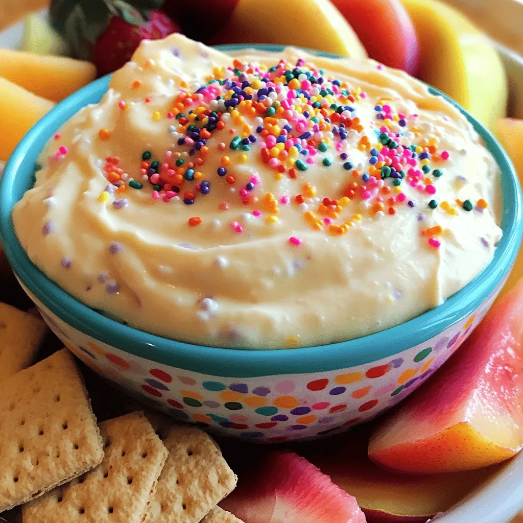 Um einen leckeren Funfetti Kuchen Teig Dip zuzubereiten, benötigen Sie folgende Zutaten: - 1 Tasse Weizenmehl (vorbehandelt) - 1 Tasse Frischkäse, weich gemacht - 1/2 Tasse ungesalzene Butter, weich gemacht - 1 Tasse Puderzucker - 1/2 Tasse Vanilleextrakt - 1 Tasse Regenbogenstreusel - 1/4 Teelöffel Salz - 1 Tasse Schlagsahne (optional für extra Fluffigkeit) Für die Zubereitung dieses Dips sind einige einfache Küchengeräte nötig: - Eine große Rührschüssel - Ein Handmixer - Ein Backblech - Ein Messbecher und Messlöffel - Ein Spatel zum Mischen Die Auswahl der Zutaten ist wichtig für den Geschmack. Hier sind einige Tipps: - Weizenmehl: Verwenden Sie hochwertiges, vorgebackenes Mehl. Dies macht es sicher für den Rohverzehr. - Frischkäse: Wählen Sie einen vollfetten Frischkäse. Er sorgt für eine cremige Textur. - Butter: Ungesalzene Butter bringt den besten Geschmack und die richtige Konsistenz. - Puderzucker: Dieser Zucker löst sich gut auf und gibt dem Dip die richtige Süße. - Regenbogenstreusel: Diese sorgen für Farbe und Freude. Wählen Sie bunte, hochwertige Streusel. Wenn Sie diese Zutaten sorgfältig auswählen, wird Ihr Funfetti Kuchen Teig Dip umso besser schmecken! Um sicherzustellen, dass das Mehl sicher ist, backe ich es zuerst. Ich breitere das Mehl gleichmäßig auf einem Backblech aus. Dann backe ich es bei 175°C für fünf Minuten. Das Mehl muss danach komplett abkühlen. So kann man es ohne Sorgen genießen. In einer großen Schüssel kombiniere ich weichen Frischkäse und Butter. Ich benutze einen Handmixer, um die beiden Zutaten glatt zu rühren. Nach dem Mischen füge ich langsam den Puderzucker hinzu. So entstehen keine Klumpen. Ich gebe auch das Vanilleextrakt dazu. Das sorgt für einen tollen Geschmack. Schließlich füge ich das abgekühlte Mehl und das Salz hinzu. Ich mische alles gut, bis es eine glatte Masse ist. Jetzt kommt der spaßige Teil! Ich hebe die Regenbogenstreusel vorsichtig unter die Mischung. Wenn ich es fluffiger möchte, füge ich Schlagsahne hinzu. Das macht den Dip noch besser. Ich übertrage den Dip in eine schöne Schüssel. Schließlich dekoriere ich den Dip mit zusätzlichen Streuseln. Das sieht festlich aus und macht Spaß! Ein häufiger Fehler beim Zubereiten von Funfetti Cake Batter Dip ist, das Mehl nicht richtig vorzubereiten. Du musst das Weizenmehl im Ofen erhitzen. So machst du es sicher für den Verzehr. Lass das Mehl gut abkühlen, bevor du es verwendest. Wenn das Mehl noch warm ist, kann der Dip klumpig werden. Ein weiterer Fehler ist, die Zutaten nicht ausreichend zu kombinieren. Mische den Frischkäse und die Butter gut, bis die Masse glatt ist. Klumpen sind nicht lecker. Achte darauf, den Puderzucker langsam hinzuzufügen, während du weiter mixt. So bleibt die Mischung cremig. Um die ideale Konsistenz zu erreichen, ist es wichtig, die Zutaten in der richtigen Reihenfolge hinzuzufügen. Beginne mit Frischkäse und Butter und mixe sie gut. Danach füge den Puderzucker und das Vanilleextrakt hinzu. Das macht den Dip süß und aromatisch. Wenn du eine fluffigere Textur möchtest, kannst du Schlagsahne hinzufügen. Das macht den Dip noch cremiger und leichter. Achte darauf, die Schlagsahne vorsichtig unterzuheben, damit die Luftigkeit bleibt. Für besondere Anlässe kannst du den Dip kreativ dekorieren. Streue zusätzliche Regenbogenstreusel oben drauf. Das macht den Dip bunt und einladend. Du kannst auch frische Früchte oder Schokoladenstückchen hinzufügen. So wird der Dip noch interessanter. Präsentation ist wichtig! Serviere den Dip in einer bunten Schüssel. Stelle auch eine Auswahl von Snacks bereit, wie Graham Crackers, Waffeln oder Obst. So haben deine Gäste viele Möglichkeiten, den Dip zu genießen. {{image_4}} Wenn Sie den Funfetti Kuchen Teig Dip anpassen möchten, gibt es viele Möglichkeiten. Sie können verschiedene Extrakte verwenden. Anstelle von Vanille können Sie Mandel- oder Erdbeerextrakt verwenden. Diese kleinen Änderungen bringen neue Geschmäcker in den Dip. Auch die Streusel können variieren. Probieren Sie Schokoladenstreusel oder farbige Streusel für einen anderen Look. Wenn Sie Nüsse mögen, fügen Sie gehackte Mandeln oder Walnüsse hinzu. Für glutenfreie Varianten können Sie Mandelmehl oder glutenfreies Mehl verwenden. Diese Mehle sorgen für eine ähnliche Textur wie Weizenmehl. Für vegane Alternativen tauschen Sie den Frischkäse gegen veganen Frischkäse aus. Auch die Butter kann durch Kokosöl ersetzt werden. Stellen Sie sicher, dass der Puderzucker vegan ist. So genießen Sie den Dip ohne tierische Produkte. Saisonale Variationen machen den Dip zu einem Highlight. Im Frühling können Sie frische Erdbeeren oder Himbeeren hinzufügen. Im Sommer passen Zitrusfrüchte gut dazu. Für den Herbst können Kürbiskekse oder Gewürze wie Zimt verwendet werden. Im Winter sind Pfefferminzstreusel eine tolle Idee. Diese Variationen machen den Dip zu einem perfekten Teil Ihrer Festtagsfeiern. Der Funfetti Kuchen Teig Dip ist also nicht nur lecker, sondern auch sehr anpassbar! Um den Funfetti Kuchen Teig Dip frisch zu halten, lege ihn in einen luftdichten Behälter. So bleibt er lange lecker. Stelle den Behälter in den Kühlschrank. Vermeide, dass Luft eindringt, denn das kann den Geschmack beeinträchtigen. Der Dip bleibt im Kühlschrank etwa fünf Tage frisch. Am besten genießt du ihn in den ersten drei Tagen. So schmeckt er am besten. Nach der Lagerung kann die Textur etwas fester werden. Rühre den Dip einfach vorsichtig um, bevor du ihn servierst. Du kannst den Dip auch einfrieren! Fülle ihn in einen gefrierfesten Behälter. So bleibt er bis zu drei Monate haltbar. Lass ihn vor dem Essen im Kühlschrank auftauen. Rühre ihn danach gut um. Achte darauf, dass du ihn vor dem Einfrieren in Portionen teilst. So kannst du einfach die Menge auftauen, die du brauchst. Wenn du das Rezept magst, schau dir die [Full Recipe] an! Der Funfetti Kuchen Teig Dip bleibt im Kühlschrank etwa 5 bis 7 Tage frisch. Achten Sie darauf, ihn in einem luftdichten Behälter zu lagern, um die Frische zu bewahren. Nach ein paar Tagen kann der Dip etwas fester werden. Bei Bedarf können Sie ihn mit einem kleinen Schuss Schlagsahne auflockern. Ja, Sie können diesen Dip im Voraus zubereiten. Er schmeckt sogar besser, wenn er etwas Zeit hat, um die Aromen zu vermischen. Machen Sie den Dip bis zu zwei Tage vorher und lagern Sie ihn im Kühlschrank. Decken Sie ihn gut ab, damit er keine anderen Gerüche aufnimmt. Für den perfekten Genuss empfehle ich folgende Snacks: - Graham Crackers - Vanillewaffeln - Frische Obstscheiben (wie Äpfel oder Bananen) - Pretzels für einen salzigen Kontrast - Keksstücke Diese Snacks ergänzen den süßen Geschmack des Dips wunderbar. Experimentieren Sie, um Ihre Lieblinge zu finden! Zusammengefasst haben wir die wichtigsten Zutaten und Geräte für den Funfetti Kuchen Teig Dip besprochen. Ich erklärte, wie man die Zutaten zubereitet und vermischt. Zudem gab ich Tipps, um Fehler zu vermeiden und die beste Konsistenz zu erreichen. Variationen für jeden Geschmack und Aufbewahrungshinweise runden das Ganze ab. Denken Sie daran, kreativ zu sein und Spaß beim Ausprobieren zu haben!