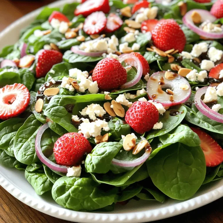 Um den besten Spinatsalat zu machen, kaufe frische Zutaten. Achte darauf, dass der Babyspinat knackig und grün ist. Die Erdbeeren sollten rot und fest sein. Vermeide matschige oder braune Früchte. Der Feta-Käse sollte weich sein und einen guten Geruch haben. Kaufe auch frische Mandeln, die knusprig sind. Überlege, ob du geröstete Mandeln magst, um mehr Geschmack zu bekommen. Der Babyspinat ist reich an Vitaminen und Mineralien. Er enthält viel Vitamin A, C und K. Erdbeeren sind voll von Antioxidantien und Vitamin C. Sie fördern die Gesundheit des Herzens. Feta-Käse bietet Calcium und Protein, wichtig für starke Knochen. Mandeln sind eine gute Quelle für gesunde Fette und E-Vitamin. Diese Kombination macht den Salat nicht nur lecker, sondern auch sehr gesund. Wähle Feta-Käse, der aus Schafsmilch oder Ziegenmilch hergestellt wurde. Diese Käsesorten haben einen besseren Geschmack. Achte darauf, dass der Käse frisch ist und eine cremige Textur hat. Wenn du den Käse im Supermarkt kaufst, prüfe das Haltbarkeitsdatum. Du kannst auch Feta in der Salzlake kaufen, um den Geschmack zu verbessern. Probiere verschiedene Marken, um deinen Favoriten zu finden. Für das vollständige Rezept, schau dir den Abschnitt „Full Recipe“ an. Um diesen Spinatsalat zu machen, beginne mit frischem Babyspinat. Wasche ihn gründlich und schüttle ihn trocken. Nimm nun eine große Schüssel und gib den Spinat hinein. Schneide die Erdbeeren in Scheiben und füge sie hinzu. Jetzt kommt der Feta-Käse ins Spiel. Zerbröckle ihn und streue ihn über den Salat. Wenn du Mandeln magst, röste sie leicht und gib sie dazu. Dünne Ringe von roten Zwiebeln sorgen für einen tollen Geschmack. In einer kleinen Schüssel mische den Balsamico-Essig, das Olivenöl und den Honig. Füge Salz und Pfeffer hinzu. Rühre die Mischung gut um. Gieße das Dressing gleichmäßig über den Salat. Mische alles vorsichtig, damit sich die Aromen gut verbinden. Probiere den Salat und passe die Gewürze an. Serviere ihn sofort für die beste Frische. Dieser Salat ist bereits vegetarisch und leicht anzupassen. Du kannst die Mandeln gegen Sonnenblumenkerne oder Kürbiskerne ersetzen. Wenn du ihn glutenfrei machen möchtest, achte darauf, dass das Dressing keine glutenhaltigen Zutaten enthält. Du kannst auch andere Käsesorten verwenden, wie Ziegenkäse oder veganen Käse, um das Rezept für verschiedene Diäten anzupassen. Für eine schöne Präsentation serviere den Salat auf einer großen Platte. Garniere ihn mit ganzen Erdbeeren und einer Prise zerbröckeltem Feta. So sieht dein Salat nicht nur gut aus, sondern schmeckt auch fantastisch. Du kannst auch frische Minzblätter als Dekoration verwenden. Das macht den Salat noch frischer und ansprechender. Um den perfekten Spinatsalat zu machen, achten Sie auf frische Zutaten. Verwenden Sie frischen Babyspinat, der knackig und grün ist. Waschen Sie den Spinat gründlich, um Schmutz zu entfernen. Schneiden Sie die Erdbeeren in gleichmäßige Scheiben. So sieht der Salat schöner aus. Fügen Sie den zerbröckelten Feta und die Mandeln hinzu. Diese Zutaten sorgen für einen tollen Geschmack. Mischen Sie alles sanft, damit der Salat nicht zerdrückt wird. Das Dressing ist der Schlüssel zu einem leckeren Salat. Für ein einfaches Dressing mischen Sie Balsamico-Essig, Olivenöl und Honig. Diese Mischung gibt dem Salat eine süße und saure Note. Schmecken Sie das Dressing ab und passen Sie es an. Fügen Sie mehr Salz oder Pfeffer hinzu, wenn nötig. Gießen Sie das Dressing erst kurz vor dem Servieren über den Salat. So bleibt der Spinat frisch und knackig. Sie können dieses Rezept leicht anpassen. Fügen Sie andere Früchte wie Himbeeren oder Blaubeeren hinzu. Nüsse wie Walnüsse oder Pekannüsse geben zusätzlichen Crunch. Wenn Sie kein Feta mögen, probieren Sie Ziegenkäse. Für eine vegane Option können Sie den Käse weglassen. Experimentieren Sie mit verschiedenen Dressings, um neue Geschmäcker zu entdecken. Diese Anpassungen machen den Salat spannend und einzigartig. Besuchen Sie den Full Recipe für weitere Ideen! {{image_4}} Du kannst viele Zutaten in den Salat einfügen. Beeren sind eine tolle Wahl. Himbeeren oder Blaubeeren passen gut zu Erdbeeren. Nüsse geben extra Crunch. Walnüsse oder Pekannüsse sind lecker. Du kannst auch Kernen wie Sonnenblumenkerne oder Kürbiskerne hinzufügen. Sie machen den Salat nahrhafter und knuspriger. Je nach Region gibt es verschiedene Ideen für den Salat. In Mittelmeerländern fügen viele Oliven hinzu. Das gibt dem Salat einen salzigen Geschmack. In den USA sieht man oft Avocado im Salat. Das macht ihn cremiger und gesünder. In Asien kann man Sesamsamen und Sojasauce verwenden. So wird der Salat spannend und anders. Saisonale Zutaten machen den Salat besonders frisch. Im Frühling sind Spargel und Radieschen eine gute Wahl. Im Sommer kannst du frische Tomaten hinzufügen. Im Herbst sind Äpfel oder Birnen großartig. Im Winter kannst du auch Granatapfelkerne verwenden. Diese Anpassungen bringen neue Geschmäcker in den Salat und machen ihn immer interessant. Wenn du mehr über die Zubereitung erfahren möchtest, schau dir das [Full Recipe] an. Wenn Sie Reste des Spinatsalats haben, lagern Sie ihn in einem luftdichten Behälter. So bleibt der Salat frisch. Halten Sie das Dressing separat, um die Zutaten knusprig zu halten. Reste können bis zu zwei Tage im Kühlschrank aufbewahrt werden. Achten Sie darauf, den Salat vor dem Servieren gut umzurühren. Um die Frische der Zutaten zu bewahren, kaufen Sie nur die benötigte Menge. Lagern Sie den Babyspinat in einem feuchten Tuch, um ihn frisch zu halten. Erdbeeren sollten in der Originalverpackung im Kühlschrank bleiben. So vermeiden Sie Schimmel. Feta-Käse bleibt am besten in seiner Lake. Dies hilft, seine Textur und den Geschmack zu bewahren. Bereiten Sie das Dressing in einer kleinen Flasche oder einem Glas zu. Lagern Sie es im Kühlschrank. Vor der Verwendung schütteln Sie die Flasche gut. Das Dressing bleibt bis zu einer Woche frisch. Achten Sie darauf, dass Sie es gut verschließen, um den Geschmack zu erhalten. Für das beste Ergebnis fügen Sie das Dressing erst kurz vor dem Servieren hinzu. Der Spinatsalat bleibt drei Tage frisch im Kühlschrank. Bewahren Sie ihn in einem luftdichten Behälter auf. So bleibt der Salat knackig und die Aromen erhalten. Wenn Sie den Salat länger aufbewahren wollen, lassen Sie das Dressing separat. Das verhindert, dass der Spinat matschig wird. Ja, Sie können den Salat im Voraus zubereiten. Bereiten Sie die Zutaten vor, aber mischen Sie das Dressing erst kurz vor dem Servieren. So bleibt der Salat frisch und die Textur bleibt gut. Sie können die geschnittenen Erdbeeren und den Feta-Käse auch in separaten Behältern aufbewahren. Um das Rezept für mehr Personen anzupassen, verdoppeln Sie einfach die Zutaten. Verwenden Sie mehr Spinat, Erdbeeren und Feta. Denken Sie auch daran, das Dressing in der gleichen Menge anzupassen. Mischen Sie alles in einer großen Schüssel, um Platz für die Zutaten zu haben. So können Sie sicherstellen, dass jeder einen leckeren Salat erhält. Für das vollständige Rezept schauen Sie sich bitte die vollständige Anleitung an. Zum Schluss haben wir die wichtigsten Punkte abgedeckt. Die Wahl der frischen Zutaten ist entscheidend für einen guten Spinatsalat. Wir haben die Zubereitung Schritt für Schritt erklärt und einige nützliche Tipps gegeben. Variationen und Aufbewahrungshinweise helfen, das Rezept an deine Bedürfnisse anzupassen. Denk daran, dass ein guter Salat nicht nur lecker, sondern auch gesund sein sollte. Experimentiere und finde deine perfekte Mischung!