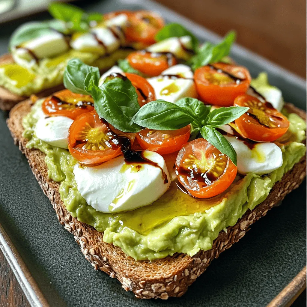 Für Caprese Avocado Toast braucht man frische und einfache Zutaten. Hier sind die Hauptbestandteile: - 2 reife Avocados - 1 Tasse Kirschtomaten, halbiert - 1 Kugel frischer Mozzarella, in Scheiben geschnitten - 1/4 Tasse frische Basilikumblätter - 2 Esslöffel Balsamico-Glasur - 1 Esslöffel Olivenöl - Salz und Pfeffer nach Geschmack - 4 Scheiben Vollkorn- oder Sauerteigbrot Diese Zutaten machen den Toast frisch und lecker. Die Kombination aus Avocado, Mozzarella und Tomaten ist einfach unwiderstehlich. Wenn Sie frischen Mozzarella nicht finden, gibt es tolle Alternativen. Sie können Feta-Käse oder Ziegenkäse verwenden. Diese Käsesorten bringen einen anderen Geschmack, der gut zu Avocado passt. Auch veganer Käse ist eine Option, wenn Sie pflanzlich essen möchten. Denken Sie daran, dass die Textur und der Geschmack etwas anders sein können. Die richtige Avocado ist entscheidend für Ihren Toast. Hier sind einige Tipps, um die besten Avocados zu finden: - Achten Sie auf die Farbe. Reife Avocados sind dunkelgrün bis fast schwarz. - Drücken Sie leicht auf die Avocado. Sie sollte weich, aber nicht matschig sein. - Schauen Sie sich den Stiel an. Wenn er leicht abnehmbar ist und grün darunter liegt, ist die Avocado frisch. Mit diesen Tipps wählen Sie die besten Avocados für Ihr Caprese Avocado Toast. Sie sorgen für Geschmack und eine tolle Textur. Zuerst wähle ich frisches Vollkorn- oder Sauerteigbrot. Du kannst vier Scheiben für zwei Portionen verwenden. Ich toaste das Brot, bis es knusprig und goldbraun ist. Du kannst dafür einen Toaster oder eine Grillpfanne nutzen. Während das Brot toastet, bereite ich die Avocado vor. Ich schneide sie in der Mitte auf und entferne den Kern. Dann löffle ich das Fruchtfleisch in eine Schüssel. Mit einer Gabel zerdrücke ich die Avocado, bis sie cremig wird. Ich würze sie mit Salz und Pfeffer, um den Geschmack zu intensivieren. Sobald das Brot getoastet ist, gebe ich eine dicke Schicht der Avocadocreme auf jede Scheibe. Danach platziere ich die frischen Mozzarellascheiben gleichmäßig darauf. Ich achte darauf, dass jede Scheibe genug Mozzarella hat. Jetzt kommen die Kirschtomaten. Ich halbiere sie und verteile sie gleichmäßig über die Mozzarella-Scheiben. Das gibt dem Toast nicht nur Geschmack, sondern auch eine schöne Farbenpracht. Jetzt kommt der letzte Schliff. Ich beträufle das Toast mit etwas Olivenöl. Das bringt zusätzlichen Geschmack. Dann streue ich die frischen Basilikumblätter über die Tomaten. Zum Schluss gebe ich einen großzügigen Schuss Balsamico-Glasur darauf. Das sorgt für eine süß-saure Note und sieht toll aus. Ich empfehle, das Toast auf einem schönen Holzbrett zu servieren. Das macht das Gericht noch ansprechender. Wenn du möchtest, füge etwas zusätzliches Salz und frisch gemahlenen Pfeffer hinzu. So wird dein Caprese Avocado Toast perfekt! Um das Brot knusprig zu machen, wähle frisches Vollkorn- oder Sauerteigbrot. Röste das Brot in einem Toaster oder auf einer Grillpfanne. Achte darauf, dass die Scheiben gleichmäßig goldbraun werden. Wenn du eine Grillpfanne verwendest, drücke das Brot leicht an, um mehr Kontakt zur Hitze zu haben. Das gibt dem Toast eine schöne Kruste. Für mehr Geschmack kannst du verschiedene Gewürze verwenden. Probiere Basilikum oder Oregano, um die italienischen Aromen zu verstärken. Ein Hauch von Knoblauchpulver bringt einen tollen Kick. Auch eine Prise Chili oder Paprika kann das Gericht spannend machen. Experimentiere mit verschiedenen Kräutern und Gewürzen, um deinen eigenen Twist zu finden. Ein häufiger Fehler ist, das Brot zu lange zu toasten. Überprüfe es regelmäßig, damit es nicht verbrennt. Ein weiterer Fehler ist, die Avocados zu früh vorzubereiten. Sie oxidieren schnell und werden braun. Bereite die Avocados erst kurz vor dem Servieren vor. Achte darauf, die frischen Zutaten schnell zu verarbeiten, damit sie frisch und lecker bleiben. Für eine detaillierte Anleitung, schau dir das [Full Recipe] an. {{image_4}} Um eine vegane Variante zu machen, ersetzen Sie den Mozzarella. Cashewkäse ist eine gute Wahl. Er hat eine cremige Textur und einen milden Geschmack. Mischen Sie eingeweichte Cashews mit Zitronensaft, Wasser und etwas Salz. Dieser Käse passt gut zu Avocado und Tomaten. Für mediterrane Aromen fügen Sie Oliven und Artischockenherzen hinzu. Diese Zutaten bringen einen tollen Geschmack. Sie können auch getrocknete Tomaten verwenden. Schneiden Sie alles klein und mischen Sie es unter die Avocado. Ein Spritzer Zitronensaft verstärkt den Geschmack. Wenn Sie mehr Protein möchten, fügen Sie Kichererbsen oder Bohnen hinzu. Diese können Sie einfach pürieren und auf die Avocado streichen. Eine weitere Option ist, gebratene Eier oder Rührei als Topping zu verwenden. Diese machen das Gericht nahrhafter und sättigender. Für mehr kreative Ideen schauen Sie sich das [Full Recipe] an. Um Reste von Caprese Avocado Toast zu lagern, lege sie in einen luftdichten Behälter. Das hilft, den Toast frisch zu halten. Verwende ein Stück Küchenfolie, um die Avocado abzudecken. So bleibt sie länger grün. Lagere die Reste im Kühlschrank. Sie sind so bis zu zwei Tage haltbar. - Avocados: Reife Avocados bleiben im Kühlschrank etwa 2-3 Tage frisch. - Tomaten: Kirschtomaten halten sich bei Raumtemperatur etwa eine Woche. - Mozzarella: Offene Mozzarellakugeln sind im Kühlschrank 3-5 Tage gut. - Basilikum: Frischer Basilikum sollte in Wasser stehen oder in einem feuchten Tuch gelagert werden, um 3-5 Tage frisch zu bleiben. Um die Frische der Avocados zu sichern, kaufe sie mit etwas Festigkeit. Wenn du sie schnell verwenden willst, wähle reife Avocados. Lagere überreife Avocados im Kühlschrank. So bleiben sie frisch. Schneide die Avocado erst kurz vor dem Essen. So bleibt das Fruchtfleisch schön grün. Wenn Sie keine Balsamico-Glasur haben, probieren Sie etwas Honig oder Zitrone. Beide geben einen süßen oder sauren Kick. Sie können auch Apfelessig verwenden, um einen ähnlichen Geschmack zu erzielen. Es ist wichtig, dass die Option, die Sie wählen, gut zu den anderen Zutaten passt. Ja, das Rezept lässt sich ganz einfach anpassen. Verdoppeln oder verdreifachen Sie einfach die Menge der Zutaten. Wenn Sie mehr Gäste haben, machen Sie mehr Toast. Achten Sie darauf, genügend Avocados und Mozzarella zu haben, damit jeder sein eigenes Stück genießen kann. Für Meal Prep können Sie die Avocado im Voraus zubereiten. Zerdrücken Sie sie und bewahren Sie sie in einem luftdichten Behälter auf. Fügen Sie etwas Zitronensaft hinzu, um die Farbe zu halten. Toasten Sie das Brot kurz vor dem Servieren, um die beste Textur zu erreichen. Bereiten Sie die anderen Zutaten ebenfalls vor, damit alles schnell zusammenkommt. So haben Sie im Handumdrehen ein leckeres Gericht! Caprese Avocado Toast ist einfach und lecker. Wir haben die besten Zutaten und Alternativen besprochen. Die perfekte Avocado macht den Unterschied. Die Schritt-für-Schritt-Anleitung hilft dir, jeden Arbeitsschritt zu meistern. Unsere Tipps und Tricks zeigen dir, wie du das Brot knusprig machst und häufige Fehler vermeidest. Die Variationen bieten neue Ideen für jeden Geschmack. Außerdem wusstest du, wie man Reste richtig lagert? Diese Tipps sorgen dafür, dass alles frisch bleibt. Probiere es aus und genieße jeden Bissen!