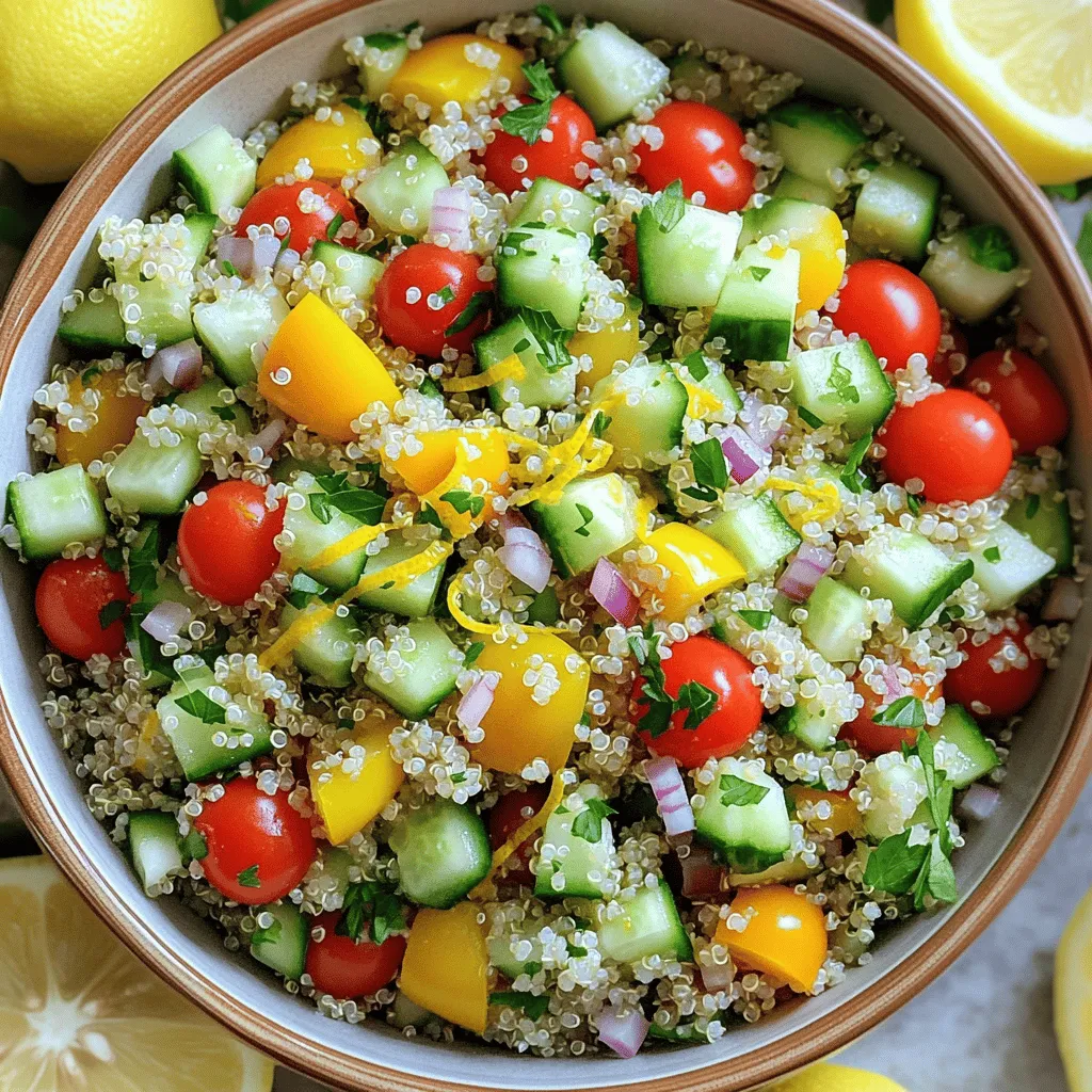 Um einen leckeren Zitronen-Kräuter-Quinoa-Salat zu machen, brauchst du folgende Zutaten: - 1 Tasse Quinoa, gründlich gespült - 2 Tassen Gemüsebrühe oder Wasser - 1 große Gurke, gewürfelt - 1 Tasse Kirschtomaten, halbiert - 1 Paprika (beliebige Farbe), gewürfelt - 1/4 rote Zwiebel, fein gehackt - 1/4 Tasse frische Petersilie, gehackt - 1/4 Tasse frische Minze, gehackt - Saft von 2 Zitronen - 3 Esslöffel Olivenöl - Salz und Pfeffer nach Geschmack - 1/2 Teelöffel Knoblauchpulver (optional) Diese Zutaten bilden die Basis für einen frischen und nahrhaften Salat. Quinoa ist die Hauptzutat. Sie ist reich an Protein und Ballaststoffen. Die Gurke und die Tomaten bringen knackige Frische. Die Zwiebel fügt Geschmack hinzu, während die Kräuter den Salat lebendig machen. Du kannst dem Salat noch mehr Geschmack verleihen, indem du einige optionale Zutaten hinzufügst: - Feta-Käse für einen salzigen Kick - Avocado für mehr Cremigkeit - Oliven für einen herzhaften Geschmack - Nüsse oder Samen für zusätzlichen Crunch Diese Zutaten sind nicht nötig, aber sie machen den Salat noch spannender. Du kannst kreativ sein und die Zutaten nach deinem Geschmack anpassen. Der Zitronen-Kräuter-Quinoa-Salat ist nicht nur lecker, sondern auch gesund. Hier sind einige Vorteile: - Quinoa ist glutenfrei und enthält alle neun wichtigen Aminosäuren. - Gemüse wie Gurken und Tomaten sind reich an Vitaminen und Mineralien. - Zitronensaft liefert Vitamin C, das dein Immunsystem stärkt. - Kräuter wie Petersilie und Minze sind voller Antioxidantien. Dieser Salat ist also ein nahrhaftes Gericht. Er bietet dir Energie und wichtige Nährstoffe. Du kannst ihn als Hauptgericht oder Beilage genießen. Für das vollständige Rezept, schau dir bitte den [Full Recipe]. Um die Quinoa perfekt zuzubereiten, spülen Sie sie zuerst gut ab. Das entfernt Bitterstoffe. Dann geben Sie die Quinoa in einen mittelgroßen Topf mit Gemüsebrühe oder Wasser. Bringen Sie die Mischung auf hohe Hitze zum Kochen. Wenn die Flüssigkeit kocht, senken Sie die Hitze auf niedrig. Decken Sie den Topf ab und lassen Sie die Quinoa 15 Minuten köcheln. Nach dem Kochen nehmen Sie den Topf vom Herd. Lassen Sie die Quinoa 5 Minuten abgedeckt ruhen. Lockern Sie sie dann mit einer Gabel auf und lassen Sie sie abkühlen. In einer großen Schüssel fügen Sie das gewürfelte Gemüse hinzu. Das sind Gurke, Kirschtomaten, Paprika und rote Zwiebel. Jedes Stück bringt frische Farben und Aromen. Wenn die Quinoa abgekühlt ist, geben Sie sie zu den anderen Zutaten in die Schüssel. Diese Mischung sorgt für einen bunten und nahrhaften Salat. Für das Dressing vermischen Sie den Zitronensaft, das Olivenöl, Salz und Pfeffer in einer kleinen Schüssel. Wenn Sie Knoblauchpulver lieben, fügen Sie es hinzu. Gießen Sie das Dressing über den Salat und mischen Sie alles vorsichtig. Achten Sie darauf, dass alle Zutaten gut verteilt sind. Zum Schluss fügen Sie die gehackte Petersilie und Minze hinzu. Mischen Sie noch einmal sanft, um die frischen Kräuter zu verteilen. Der Zitronen-Kräuter-Quinoa-Salat ist jetzt bereit, serviert zu werden. Probieren Sie ihn und passen Sie die Gewürze nach Ihrem Geschmack an. Der Zitronen-Kräuter-Quinoa-Salat ist vielseitig. Sie können Zutaten einfach ändern. Fügen Sie zum Beispiel Feta-Käse hinzu. Das bringt einen tollen Geschmack. Für mehr Eiweiß sind Kichererbsen eine gute Wahl. Mögen Sie es schärfer? Geben Sie etwas rote Chili hinzu. Sie können auch andere Gemüse wie Karotten oder Brokkoli verwenden. Experimentieren Sie mit verschiedenen Kräutern. Basilikum oder Estragon sind gute Alternativen. Die Vorbereitung ist einfach und schnell. Kochen Sie die Quinoa am Vortag. So sparen Sie Zeit. Sie können auch das Gemüse im Voraus schneiden. Lagern Sie es in einem luftdichten Behälter im Kühlschrank. Das Dressing kann ebenfalls vorbereitet werden. Mischen Sie den Zitronensaft und das Olivenöl in einer kleinen Schüssel. Bewahren Sie es bis zum Servieren getrennt auf. So bleibt der Salat frisch und knackig. Präsentation macht viel aus. Servieren Sie den Salat in einer großen Schüssel. Garnieren Sie ihn mit Zitronenscheiben und frischen Kräutern. Das sieht schön aus und schmeckt frisch. Für eine individuelle Portion nutzen Sie kleine Schalen. Das ist praktisch für Partys oder Picknicks. Sie können auch essbare Blüten hinzufügen. Das gibt dem Salat eine besondere Note. {{image_4}} Saisonale Zutaten bringen frische Aromen. Im Frühling sind Spargel und Erbsen toll. Im Sommer passen Paprika und Kirschtomaten perfekt. Im Herbst können Sie Kürbis oder Rote Beete verwenden. Diese Zutaten machen Ihren Salat bunter und nahrhafter. Dieser Salat ist schon vegan und glutenfrei. Quinoa ist ein großartiger Ersatz für Reis und enthält viel Protein. Wenn Sie eine nussfreie Diät einhalten, lassen Sie Nüsse einfach weg. Für mehr Geschmack fügen Sie Avocado hinzu. Das Dressing ist der Schlüssel zu jedem Salat. Neben Zitronensaft können Sie auch Limettensaft verwenden. Balsamico-Essig gibt eine süßere Note. Probieren Sie auch Senf oder Honig für einen interessanten Twist. Diese kleinen Änderungen machen den Salat aufregend. Für die vollständige Anleitung und weitere Details, schauen Sie sich das [Full Recipe] an. Um den Zitronen-Kräuter-Quinoa-Salat frisch zu halten, sollten Sie ihn in einem luftdichten Behälter aufbewahren. So bleibt der Salat knackig und lecker. Im Kühlschrank hält er sich bis zu drei Tage. Überprüfen Sie immer den Geruch und die Farbe, bevor Sie ihn essen. Wenn der Salat eine trübe Farbe hat oder einen schlechten Geruch hat, ist es besser, ihn wegzuwerfen. Einfrieren ist eine gute Option für viele Gerichte, aber bei diesem Salat empfehle ich es nicht. Die frischen Kräuter und das Gemüse verlieren beim Einfrieren ihre Textur. Stattdessen können Sie die Quinoa selbst einfrieren. Kochen Sie eine große Menge und lagern Sie sie in Portionen. So haben Sie immer eine Basis für schnelle Salate. Falls Sie Reste haben, probieren Sie diese Ideen: - Machen Sie eine Quinoa-Bowl mit Hähnchen oder Tofu. - Fügen Sie die Quinoa zu einer Suppe hinzu. - Verwenden Sie sie als Füllung für Wraps oder Tacos. Diese Optionen helfen, die Reste schmackhaft und spannend zu halten. So verschwenden Sie nichts und genießen jeden Bissen! Der Zitronen-Kräuter-Quinoa-Salat bleibt im Kühlschrank etwa 3 Tage frisch. Du solltest ihn in einem luftdichten Behälter aufbewahren. So bleibt der Salat knackig und die Aromen erhalten. Wenn du ihn länger aufbewahren möchtest, kannst du die Dressing-Zutaten separat lagern. Das schützt die frischen Zutaten und hält sie länger frisch. Ja, du kannst viele verschiedene Kräuter verwenden! Basilikum, Estragon oder sogar Koriander passen gut. Probiere verschiedene Kombinationen, um deinen Lieblingsgeschmack zu finden. Frische Kräuter bringen viel Aroma in den Salat. Achte darauf, die Kräuter fein zu hacken, damit sie gleichmäßig verteilt sind. Dieser Salat ist vielseitig und passt zu vielen Gerichten. Er schmeckt toll zu gegrilltem Hähnchen oder Fisch. Du kannst ihn auch zu einem BBQ oder Picknick servieren. Für ein schnelles Mittagessen passt er gut zu einer Scheibe Vollkornbrot. Wenn du mehr Gemüse magst, füge gegrillte Zucchini oder Paprika hinzu. Der Zitronen-Kräuter-Quinoa-Salat ist einfach und gesund. Wir haben die wichtigen Zutaten, die Zubereitungsschritte und Tipps zur Präsentation besprochen. Dieser Salat bietet viele Variationen und Anleitungen, um ihn anzupassen. Du kannst sogar Reste gut lagern oder einfrieren. Ich hoffe, du probierst dieses Rezept bald aus. Es wird dir gefallen, und du wirst die Vorteile erleben. Viel Spaß beim Kochen und Genießen!